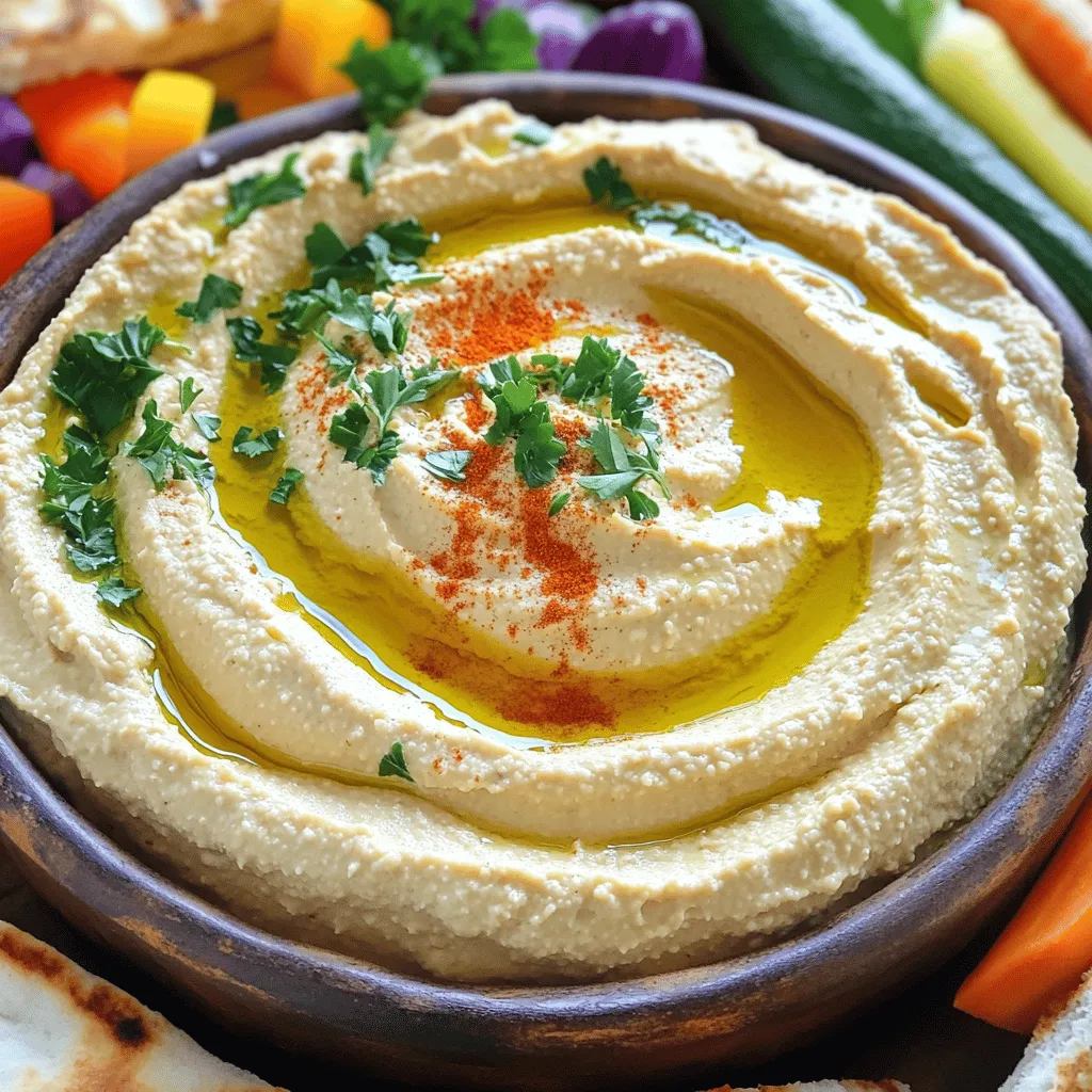 - Kichererbsen: Diese Bohnen sind die Basis für Hummus. Sie geben dem Dip seine cremige Textur. Verwende eine Dose Kichererbsen, die du abspülen und abtropfen musst. - Tahini: Tahini ist eine Paste aus Sesamsamen. Es sorgt für einen nussigen Geschmack. Du brauchst drei Esslöffel für das Rezept. - Zitronensaft: Der Saft ist frisch gepresst und bringt Frische. Zwei Esslöffel Zitronensaft genügen, um den Hummus lebendig zu machen. - Knoblauch: Eine Knoblauchzehe verleiht dem Hummus Tiefe. Hacke ihn fein, damit der Geschmack gut verteilt wird. - Olivenöl: Zwei Esslöffel Olivenöl sorgen für eine samtige Textur. Füge es während des Pürierens hinzu. - Kreuzkümmel: Dieser Gewürz bringt ein warmes Aroma. Ein Teelöffel reicht, um eine schöne Note zu geben. - Paprika: Verwende Paprika zur Garnierung. Ein wenig darüber gestreut, macht das Hummus noch ansprechender. - Frische Petersilie: Gehackte Petersilie bringt Farbe und Frische. Streue sie vor dem Servieren auf das Hummus. Diese Zutaten sind einfach zu finden und machen dein Hummus gesund und lecker. Du kannst die vollständige Anleitung in der [Full Recipe] finden. Zuerst spüle die Kichererbsen gut ab. Das entfernt die Flüssigkeit aus der Dose. Lass sie dann abtropfen. Du möchtest, dass sie trocken sind. Nimm eine Knoblauchzehe und schneide sie fein. Das gibt deinem Hummus einen tollen Geschmack. Jetzt kommen die Zutaten in die Küchenmaschine. Gib die abgetropften Kichererbsen, Tahini, Zitronensaft, den gehackten Knoblauch und den Kreuzkümmel hinein. Füge eine Prise Salz hinzu. Schließe den Deckel und püriere alles. Achte darauf, dass die Mischung schön glatt wird. Während du pürierst, gieße langsam das Olivenöl hinein. Wenn der Hummus zu dick ist, füge ein paar Esslöffel Wasser hinzu. So bekommst du die perfekte Konsistenz. Jetzt ist es Zeit, den Hummus zu probieren. Überprüfe die Gewürze und passe den Geschmack an. Vielleicht brauchst du mehr Salz oder etwas Zitronensaft. Wenn die Konsistenz gut ist, fülle den Hummus in eine Schüssel. Gieße etwas Olivenöl darüber und garniere ihn mit Paprika und frischer Petersilie. So sieht dein Hummus nicht nur gut aus, sondern schmeckt auch fantastisch. Du kannst ihn mit Pita-Brot oder frischem Gemüse servieren. Das ist das Klassische Hummus Rezept, das einfach und gesund ist. Du wirst es lieben! Um die richtige Konsistenz für deinen Hummus zu bekommen, achte auf die Wasserzugabe. Beginne mit ein bis zwei Esslöffeln Wasser. Püriere die Mischung und füge nach Bedarf mehr Wasser hinzu. So erreichst du eine schöne, glatte Textur. Füge das Olivenöl langsam hinzu. Beginne, während du pürierst, nur einen kleinen Schuss hinzuzufügen. Das Öl macht den Hummus cremig und geschmackvoll. Es ist wichtig, dass du das Öl nicht zu schnell hinzugibst, um die perfekte Konsistenz zu erreichen. Die Küchenmaschine ist dein bester Freund beim Hummus machen. Achte darauf, alle Zutaten gut zu pürieren. Lass die Maschine nicht einfach laufen. Stoppe alle paar Sekunden, um die Seiten abzukratzen. So bekommst du eine glatte Textur ohne klumpige Stücke. Es ist wichtig, dass du die Mischung lange genug pürierst. Ich empfehle, mindestens zwei bis drei Minuten zu pürieren, um die gewünschte Cremigkeit zu erreichen. Wenn der Hummus noch nicht ganz glatt ist, püriere einfach weiter! Hummus ist ein toller Snack, den du im Voraus machen kannst. Lagere ihn in einem luftdichten Behälter im Kühlschrank. So bleibt er frisch und lecker. Hummus hält sich bis zu fünf Tage im Kühlschrank. Wenn du Hummus für eine Party oder einen Snack vorbereitest, mache mehr als du denkst, dass du brauchst. Es ist immer gut, etwas mehr zu haben. Du kannst den Hummus auch am nächsten Tag genießen. {{image_4}} Hummus ist sehr vielseitig. Du kannst es einfach anpassen. Hier sind einige tolle Ideen. - Rote Bete: Du kannst gekochte Rote Bete hinzufügen. Sie gibt dem Hummus eine schöne Farbe. Sie schmeckt auch süß und erdig. Mische 100 g Rote Bete in den Hummus. Püriere alles gut, bis es glatt ist. - Avocado: Avocado macht Hummus cremig. Verwende eine reife Avocado. Füge sie mit den anderen Zutaten hinzu. Das gibt dem Hummus einen tollen Geschmack und eine schöne grüne Farbe. Du kannst Hummus mit Gewürzen verfeinern. Paprika gibt einen süßen und rauchigen Geschmack. Chili sorgt für etwas Schärfe. Probiere aus, wie viel du magst. Mixe die Gewürze direkt in den Hummus. So erhältst du einen einzigartigen Geschmack. Wenn du eine vegane Version möchtest, kannst du Pflanzenöle nutzen. Anstelle von Olivenöl kannst du Avocadoöl oder Sonnenblumenöl verwenden. Diese Öle haben einen milden Geschmack. Sie helfen, den Hummus cremig zu halten. Finde die Kombination, die dir am besten gefällt. Du kannst noch mehr Variationen entdecken in dem [Full Recipe]. Um Hummus frisch zu halten, wähle einen luftdichten Behälter. Dies schützt den Hummus vor Gerüchen und Austrocknung. So bleibt er bis zu einer Woche gut. Achte darauf, dass der Behälter sauber ist, um Bakterien zu vermeiden. Wenn du den Hummus länger aufbewahren möchtest, ist das Einfrieren eine gute Option. Hummus lässt sich gut einfrieren. Nutze einen gefrierfesten Behälter oder einen Gefrierbeutel. Teile den Hummus in Portionen auf. So kannst du nur das auftauen, was du brauchst. Vor dem Auftauen lege ihn über Nacht in den Kühlschrank. Du kannst ihn auch direkt bei Raumtemperatur auftauen. Rühre den Hummus gut um, bevor du ihn servierst, um die Konsistenz zu verbessern. Hummus ist sehr vielseitig. Du kannst ihn mit Pita-Brot oder frischem Gemüse servieren. Auch als Dip für Chips oder Cracker ist er lecker. Probiere, ihn auf Sandwiches oder Wraps zu streichen. Hummus passt gut zu Salaten oder als Beilage zu gegrilltem Fleisch. Nutze deine Kreativität und genieße die verschiedenen Möglichkeiten! Wenn Sie keinen Tahini haben, nutzen Sie Erdnussbutter oder Sonnenblumenbutter. Diese Alternativen bringen eine ähnliche Cremigkeit. Außerdem können Sie auch Joghurt verwenden. Joghurt gibt dem Hummus einen frischen Geschmack. Mischen Sie die Alternativen gut ein, um die richtige Konsistenz zu bekommen. Selbstgemachter Hummus hält sich etwa 4 bis 7 Tage im Kühlschrank. Lagern Sie ihn in einem luftdichten Behälter. Achten Sie darauf, den Hummus gut abzudecken. So bleibt er frisch und lecker. Wenn Sie ihn länger aufbewahren möchten, frieren Sie ihn ein. Hummus kann bis zu 3 Monate im Gefrierschrank halten. Ja, Sie können Hummus in der Mikrowelle erwärmen. Geben Sie ihn in eine mikrowellengeeignete Schüssel. Decken Sie die Schüssel mit einem feuchten Tuch ab. Erwärmen Sie den Hummus in Intervallen von 20 Sekunden. Rühren Sie zwischendurch um, bis er warm ist. Achten Sie darauf, ihn nicht zu überhitzen, da er sonst trocken wird. Du hast nun alle Schritte und Zutaten, um köstlichen Hummus zu machen. Denke daran, frische Zutaten zu verwenden und die Konsistenz anzupassen. Experimentiere mit verschiedenen Aromen, um deinen perfekten Hummus zu finden. Lagere ihn richtig, damit er lange hält. Diese Tipps helfen dir, tolles Hummus zu genießen und zu teilen. Viel Spaß beim Zubereiten und Probieren!