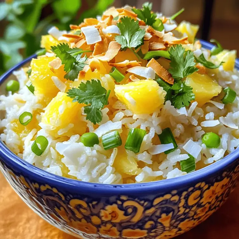 - 1 Tasse Jasminreis - 1 Tasse Kokosmilch - 1 Tasse frische Ananas, gewürfelt Die Hauptzutaten sind einfach zu finden. Jasminreis ist duftend und weich. Kokosmilch bringt einen cremigen Geschmack. Frische Ananas gibt eine süße Note und Frische. - 1/2 Tasse ungesüßte Kokosflocken - 1 Esslöffel Zucker (nach Geschmack, optional) - 1/4 Teelöffel Salz Die zusätzlichen Zutaten verbessern das Gericht. Ungesüßte Kokosflocken geben einen knusprigen Biss. Zucker kann die Süße erhöhen, während Salz den Geschmack verstärkt. - 2 Frühlingszwiebeln, dünn geschnitten zur Garnierung - Frischer Koriander, gehackt zur Garnierung Garnierungen sind wichtig für die Präsentation. Frühlingszwiebeln fügen einen leichten Biss hinzu. Frischer Koriander bringt Farbe und einen frischen Geschmack. Für das vollständige Rezept, schau dir die [Full Recipe] an. - Reis abspülen: Spüle den Jasminreis unter kaltem Wasser ab. Das Wasser sollte klar sein. So entfernst du die überschüssige Stärke. Das sorgt für lockereren Reis. - Reis rösten: Erhitze in einem mittleren Topf Pflanzenöl. Füge den abgespülten Reis hinzu. Röste den Reis für etwa 2-3 Minuten. Rühre ständig um, bis er leicht goldbraun wird. Dieser Schritt gibt dem Reis einen tollen Geschmack. - Kokosmilch hinzufügen: Gieße die Kokosmilch in den Topf. Füge auch das Salz hinzu. Lass die Mischung sanft aufkochen. Der Duft wird herrlich sein. - Süßen nach Geschmack: Wenn du es süßer magst, gib den Zucker hinzu. Rühre gut um, bis der Zucker sich auflöst. So erhält der Reis eine feine süße Note. - Ananas untermischen: Nimm den Topf vom Herd, wenn der Reis fertig ist. Lockere den Reis mit einer Gabel auf. Mische dann die gewürfelte Ananas vorsichtig unter. So wird der Reis frisch und fruchtig. - Garnierung hinzufügen: Gib den Ananas-Kokosreis auf eine Servierplatte. Streue die gerösteten Kokosflocken darüber. Garniere das Gericht mit geschnittenen Frühlingszwiebeln und gehacktem Koriander. Jetzt sieht es auch toll aus! Für die vollständige Zubereitung kannst du die [Full Recipe] nutzen. Um den perfekten Reis zu erreichen, passe die Kochzeit an. Jasminreis braucht 15-18 Minuten. Achte darauf, dass das Wasser vollständig aufgesogen ist. Nach dem Kochen, decke den Topf ab und lasse den Reis ruhen. So wird der Reis noch lockerer. Du kannst das Rezept leicht anpassen. Für eine vegetarische oder vegane Variante verwende nur Pflanzenöl und keinen Zucker. Füge auch andere Früchte hinzu, wie Mangos oder Papayas. Diese geben dem Reis einen neuen Geschmack. Um Reste aufzubewahren, lasse den Reis abkühlen. Fülle ihn dann in einen luftdichten Behälter. So bleibt er frisch im Kühlschrank für bis zu drei Tage. Du kannst auch neue Rezepte damit kreieren, wie ein leckeres Reisgericht mit Gemüse oder als Füllung für Wraps. {{image_4}} Du kannst Mango oder Papaya zu deinem Kokosreis hinzufügen. Diese Früchte bringen frische Aromen. Ihre Süße passt gut zur Kokosmilch. Sie machen das Gericht bunter und interessanter. Schneide die Früchte in kleine Stücke. Mische sie kurz vor dem Servieren unter den Reis. Wenn du einen würzigen Kick magst, probiere die pikante Version. Füge Gewürze wie Kreuzkümmel oder Chili hinzu. Frische Kräuter wie Koriander oder Petersilie geben einen tollen Geschmack. Diese Zutaten machen dein Gericht spannend. Du kannst sie zusammen mit der Kokosmilch einrühren. So wird der Reis ein echter Genuss. Mandeln oder Cashews sind eine gute Wahl. Sie geben dem Kokosreis eine knusprige Textur. Röste die Nüsse leicht, bevor du sie hinzufügst. Diese kleinen Schritte machen einen großen Unterschied. Mische sie unter den fertigen Reis oder streue sie einfach oben drauf. So wird dein Gericht noch schmackhafter und sieht toll aus. Für das vollständige Rezept schaue dir die [Full Recipe] an. Um Pineapple Coconut Rice frisch zu halten, lagere ihn im Kühlschrank. Fülle den Reis in einen luftdichten Behälter. So bleibt er bis zu drei Tage gut. Stelle sicher, dass der Reis abgekühlt ist, bevor du ihn einpackst. Kühle ihn schnell, um die Frische zu bewahren. Wenn du den Reis länger aufbewahren möchtest, friere ihn ein. Portioniere den Reis in kleine Mengen. Fülle jede Portion in einen gefriergeeigneten Beutel. Drücke die Luft heraus, bevor du sie verschließt. So bleibt der Reis bis zu drei Monate frisch. Achte darauf, den Reis vollständig abzukühlen, bevor du ihn einfrierst. Um den gefrorenen oder gekühlten Reis aufzuwärmen, nutze die Mikrowelle oder den Herd. Für die Mikrowelle: Gib den Reis in eine Schüssel und füge einen Esslöffel Wasser hinzu. Decke die Schüssel ab und erhitze sie in Intervallen von 1-2 Minuten, bis der Reis warm ist. Rühre zwischendurch um, um eine gleichmäßige Erwärmung zu sichern. Für die Herdmethode: Erhitze den Reis in einem Topf mit etwas Wasser bei niedriger Hitze. Rühre regelmäßig um, bis der Reis warm ist. So bleibt der Geschmack frisch und lecker. Pineapple Coconut Rice bleibt im Kühlschrank frisch für etwa 3 bis 5 Tage. Lagere ihn in einem luftdichten Behälter. So bleibt der Geschmack und die Textur erhalten. Wenn du ihn länger aufbewahren möchtest, friere ihn ein. Er hält sich dann bis zu einem Monat. Vor dem Verzehr einfach aufwärmen. Ja, du kannst die Kokosmilch durch andere Milchoptionen ersetzen. Mandelmilch oder Hafermilch sind gute Alternativen. Diese Milchsorten geben dem Reis einen anderen, aber leckeren Geschmack. Wenn du die cremige Textur magst, verwende auch ungesüßte Sojamilch. Ja, Pineapple Coconut Rice ist glutenfrei. Alle Zutaten in diesem Rezept enthalten kein Gluten. Jasminreis, Kokosmilch und Ananas sind sicher für glutenfreie Ernährung. Achte darauf, dass alle verarbeiteten Zutaten ebenfalls glutenfrei sind, um sicherzugehen. Pineapple Coconut Rice ist einfach und lecker. Du hast gelernt, was du dafür brauchst: Jasminreis, Kokosmilch und Ananas. Wir haben auch zusätzliche Zutaten wie Kokosflocken und Zucker besprochen. Die Schritt-für-Schritt-Anleitung zeigt dir, wie du den Reis zubereitest. Vergiss nicht die Tipps für die perfekte Konsistenz. Mit Variationen und Aufbewahrungshinweisen bist du gut gerüstet. Nutze deine Reste für neue Ideen. Probiere aus und finde deinen eigenen Geschmack!