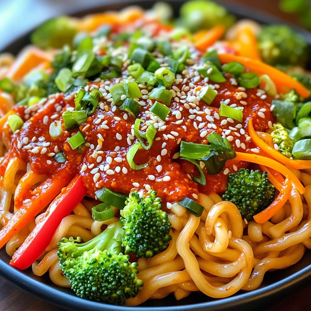 Für dieses leckere Gericht brauchst du die folgenden Zutaten: - 225 g Reisnudeln oder Udon-Nudeln - 2 Esslöffel Gochujang (koreanische Chilipaste) - 1 Esslöffel Sojasauce - 1 Esslöffel Sesamöl - 2 Teelöffel Honig oder Ahornsirup - 3 Frühlingszwiebeln, fein gehackt - 1 rote Paprika, dünn geschnitten - 1 Tasse Brokkoli-Röschen - 1 Tasse geraspelte Karotten - 2 Knoblauchzehen, gehackt - 1 Esslöffel Ingwer, gehackt - Geröstete Sesamsamen zum Garnieren - Frischer Koriander oder Basilikum zum Garnieren (optional) Diese Zutaten machen die Nudeln würzig und frisch. Gochujang bringt eine tolle Schärfe und Tiefe. Du kannst Gochujang in den meisten asiatischen Lebensmittelgeschäften finden. Viele Supermärkte führen auch diese Paste. Achte auf die Regale mit internationalen Produkten. Online-Shops bieten ebenfalls Gochujang an. Die anderen Zutaten findest du in jedem herkömmlichen Supermarkt. Frisches Gemüse ist wichtig für den Geschmack. Schau nach frischen Frühlingszwiebeln und knackigem Brokkoli. Wenn du keine Reisnudeln oder Udon-Nudeln hast, kannst du auch Spaghetti verwenden. Sie sind leicht zu finden und passen gut zu dieser Sauce. Wenn du kein Sesamöl hast, kannst du auch Olivenöl nehmen, aber der Geschmack wird anders sein. Für die Schärfe kannst du die Menge Gochujang reduzieren, wenn du es milder magst. Anstelle von Honig kannst du auch Zucker verwenden. Frisches Gemüse kannst du nach Belieben ersetzen. Zucchini oder Erbsen sind tolle Alternativen. Um die Nudeln perfekt zuzubereiten, koche die Reisnudeln oder Udon-Nudeln. Folge den Anweisungen auf der Verpackung. Achte darauf, dass sie al dente sind. Nach dem Kochen, lass sie gut abtropfen und stelle sie beiseite. So sind sie bereit für die nächste Phase. Für die Sauce vermische in einer kleinen Schüssel Gochujang, Sojasauce, Sesamöl und Honig. Rühre alles gut um, bis die Mischung glatt ist. Du kannst mehr Gochujang hinzufügen, wenn du es schärfer magst. Diese Sauce gibt den Nudeln ihren besonderen Geschmack. Erhitze einen Esslöffel Öl in einer großen Pfanne bei mittlerer Hitze. Füge den gehackten Knoblauch und Ingwer hinzu. Brate sie etwa 30 Sekunden an, bis sie gut riechen. Danach gib die rote Paprika, Brokkoli und Karotten in die Pfanne. Brate das Gemüse 3-5 Minuten lang, bis es zart, aber knackig bleibt. Jetzt ist es Zeit, alles zusammenzubringen. Gib die gekochten Nudeln in die Pfanne mit dem Gemüse. Gieße die vorbereitete Gochujang-Sauce darüber. Mische alles gut, sodass die Nudeln gleichmäßig bedeckt sind. Brate die Mischung weitere 2-3 Minuten, damit alles gut durchwärmt wird. Nimm die Pfanne vom Herd. Garniere die Nudeln mit gehackten Frühlingszwiebeln und gerösteten Sesamsamen. Für einen frischen Touch kannst du auch Koriander oder Basilikum hinzufügen. Serviere die Nudeln heiß und genieße dein köstliches Gericht. Wenn du die Schärfe der Gochujang-Nudeln anpassen möchtest, gibt es einfache Wege. Du kannst mehr Gochujang hinzufügen, um die Nudeln schärfer zu machen. Fange mit einem Teelöffel an und taste dich langsam voran. Wenn du es milder magst, mische etwas mehr Honig oder Ahornsirup in die Sauce. Diese Zutaten bringen Süße und mildern die Schärfe. Manchmal kann die Gochujang-Sauce zu dick sein. Wenn das passiert, füge einfach einen Spritzer Wasser oder Brühe hinzu. Rühre die Sauce gut um, bis sie die gewünschte Konsistenz hat. Das sorgt dafür, dass sich die Sauce gut mit den Nudeln verbindet. Achte darauf, nicht zu viel Flüssigkeit hinzuzufügen, um den Geschmack nicht zu verwässern. Um das Gemüse in deinem Gericht perfekt zuzubereiten, gibt es einige Tricks. Dünste das Gemüse in einer heißen Pfanne für 3-5 Minuten. So bleibt es knackig und behält seine Farbe. Du kannst auch das Gemüse blanchieren, bevor du es anbrätst. Dies hilft, die Nährstoffe zu bewahren und den Geschmack zu verbessern. Experimentiere mit verschiedenen Gemüsesorten, um neue Texturen und Aromen zu entdecken. Für das Rezept, schau dir die [Full Recipe]. {{image_4}} Für vegane und vegetarische Optionen können Sie einfach Tofu oder Tempeh verwenden. Diese Proteine passen gut zu den Nudeln. Sie können auch mehr Gemüse wie Zucchini oder Spinat hinzufügen. Diese Optionen sind nahrhaft und lecker. Achten Sie darauf, dass die Sojasauce ohne Fischsoße ist, wenn Sie vegan bleiben möchten. Es gibt viele Zutaten, die Sie zu Ihren Korean Gochujang Nudeln hinzufügen können. Einige gute Optionen sind: - Pilze (z. B. Shiitake oder Champignons) - Erbsen oder grüne Bohnen - Nüsse wie Cashews oder Erdnüsse - Frische Limettenscheiben für einen sauren Kick Experimentieren Sie mit diesen Zutaten für neue Geschmäcker. Sie können auch die Saucen anpassen, um mehr Tiefe zu geben. Die Art der Nudeln kann den Geschmack und die Textur ändern. Probieren Sie verschiedene Sorten aus, wie: - Soba-Nudeln für einen nussigen Geschmack - Ramen-Nudeln für mehr Biss - Glasnudeln für eine leichtere Option Jede Nudelart bringt etwas Einzigartiges in das Gericht. Sehen Sie, was Ihnen am besten gefällt, und genießen Sie die Vielfalt. Um Reste Ihrer Gochujang-Nudeln aufzubewahren, lassen Sie sie zuerst abkühlen. Füllen Sie die Nudeln in einen luftdichten Behälter. Sie können sie bis zu drei Tage im Kühlschrank lagern. Achten Sie darauf, dass der Behälter gut verschlossen ist, um den Geschmack zu bewahren. Die Haltbarkeit der Gochujang-Nudeln hängt von den Zutaten ab. In der Regel bleiben die Nudeln im Kühlschrank etwa drei Tage frisch. Wenn Sie sie jedoch einfrieren, können sie bis zu drei Monate halten. Achten Sie darauf, die Nudeln in einem gefrierfesten Behälter oder Beutel zu verpacken. Das Wiedererwärmen der Gochujang-Nudeln kann die Aromen verstärken. Wenn Sie die Nudeln erneut erhitzen, nehmen sie die Gewürze besser auf. Nutzen Sie eine Pfanne oder Mikrowelle, um die Nudeln gleichmäßig zu erwärmen. Fügen Sie etwas Wasser oder Brühe hinzu, um die Nudeln saftig zu halten. Gochujang ist eine koreanische Chilipaste. Sie hat eine dicke Konsistenz und ist rot. Diese Paste wird aus gemahlenen Chilis, Reis, Sojabohnen und Salz hergestellt. Gochujang kommt aus Korea und wird dort seit Jahrhunderten verwendet. Sie hat einen süßen, würzigen und leicht rauchigen Geschmack. Diese besondere Paste ist ein Grundpfeiler der koreanischen Küche. Ja, Korean Gochujang Noodles können gesund sein. Sie enthalten frisches Gemüse wie Brokkoli und Paprika. Diese Zutaten bringen viele Vitamine und Mineralstoffe. Reisnudeln sind glutenfrei und leicht verdaulich. Gochujang bietet zudem gesundheitliche Vorteile, wie Antioxidantien. Achte darauf, die Menge an Sojasauce und Honig zu kontrollieren, um den Salz- und Zuckergehalt zu senken. Um die Nudeln schärfer zu machen, füge mehr Gochujang hinzu. Ein Teelöffel mehr kann den Geschmack verändern. Du kannst auch frische Chilis oder Chiliöl hinzufügen. Diese Optionen sorgen für einen zusätzlichen Kick. Probiere es aus, um deine perfekte Schärfe zu finden. Beginne mit kleinen Mengen, um den Geschmack nicht zu überdecken. Zu Korean Gochujang Noodles passen viele Beilagen gut. Gedämpfter Reis ist eine einfache Wahl. Kimchi bringt einen zusätzlichen Geschmack und ist sehr beliebt. Auch ein frischer Salat kann die Nudeln gut ergänzen. Serviere eingelegte Gurken oder Tofu für mehr Abwechslung. Diese Kombinationen machen dein Gericht noch leckerer und spannender. Korean Gochujang Noodles sind einfach und lecker. Wir haben die Zutaten, die Zubereitung und die besten Tipps erkundet. Ich hoffe, du kennst jetzt die Schritte, um dein eigenes Gericht zu zaubern. Experimentiere mit Variationen und finde den perfekten Geschmack für dich. Denk daran, wie du die Reste richtig lagerst. So hast du auch morgen ein köstliches Essen. Viel Spaß beim Kochen und Genießen deiner Gochujang-Nudeln!
