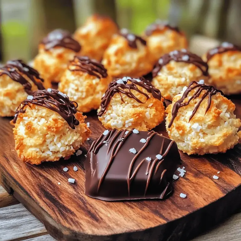 Für die perfekten Kokosmakronen mit Zartbitterschokolade brauchst du folgende Zutaten: - 3 Tassen ungesüßte Kokosraspel - 1 Tasse gezuckerte Kondensmilch - 1 Teelöffel Vanilleextrakt - 1/4 Teelöffel Salz - 2 große Eiweiße - 1/4 Teelöffel Mandelextrakt (optional) - 1 Tasse Zartbitterschokoladenstückchen - Meersalzflocken zur Garnitur (optional) Die Auswahl der Zutaten ist wichtig für den Geschmack. Achte darauf, ungesüßte Kokosraspel zu nehmen. Diese geben den Makronen den besten Kokosgeschmack. Die gezuckerte Kondensmilch sorgt für Süße und Feuchtigkeit. Verwende frische Eier für die Eiweiße, damit die Makronen schön fluffig werden. Wenn du Zartbitterschokolade wählst, achte darauf, dass sie einen hohen Kakaoanteil hat. Das gibt einen intensiven Geschmack. Für eine vegane Option kannst du dunkle Schokolade verwenden, die keine Milch enthält. Kokosmakronen können Allergien auslösen. Kokos ist ein häufiges Allergen. Eier können auch problematisch sein. Eine vegane Option ist möglich, indem du Leinsamen oder Chia-Samen als Ei-Ersatz verwendest. Du kannst auch verschiedene Aromen ausprobieren. Füge etwas Zimt oder Orangenschale hinzu, um neue Geschmäcker zu entdecken. Wenn du magst, kannst du die Schokolade auch mit Nüssen oder getrockneten Früchten kombinieren. Heize deinen Ofen auf 165°C (325°F) vor. Das ist wichtig, um die Makronen gleichmäßig zu backen. Lege ein Backblech mit Backpapier aus. So kleben die Makronen nicht fest und lassen sich leicht entfernen. Vermische in einer großen Schüssel die Kokosraspel, die gezuckerte Kondensmilch, den Vanilleextrakt und das Salz. Wenn du magst, füge den Mandelextrakt hinzu. Rühre alles gut um, bis die Mischung klebrig und gleichmäßig ist. Diese Basis gibt den Makronen ihren tollen Geschmack. Nimm eine andere saubere Schüssel. Schlage die Eiweiße mit einem elektrischen Mixer. Mixe sie etwa 3-4 Minuten, bis sich weiche Spitzen bilden. Die Eiweiße sollten fluffig sein und ihre Form halten. Achte darauf, dass sie nicht trocken werden. Verwende einen Eisportionierer oder deine Hände, um kleine Häufchen aus der Mischung zu formen. Setze sie auf das Backblech. Lass genügend Platz zwischen den Häufchen. Backe die Makronen für 18-20 Minuten, bis sie goldbraun sind. Behalte sie im Auge, damit sie nicht verbrennen. Während die Makronen abkühlen, schmelze die Zartbitterschokoladenstückchen. Nutze eine mikrowellengeeignete Schüssel und schmelze die Schokolade in 30-Sekunden-Intervallen. Rühre zwischendurch um, bis sie ganz glatt ist. Tauche die abgekühlten Makronen in die geschmolzene Schokolade. Lege sie zurück auf das Backpapier. Garniere sie mit Meersalz, während die Schokolade noch feucht ist. Ein häufiger Fehler ist, die Eiweiße nicht richtig zu schlagen. Sie müssen steif sein. Wenn sie nicht fest sind, halten die Makronen nicht die Form. Achten Sie darauf, dass keine Eigelbreste in den Eiweißen sind. Das macht es schwer, sie schön luftig zu schlagen. Ein weiterer Fehler ist, die Backzeit nicht richtig zu beachten. Wenn Sie die Makronen zu lange backen, werden sie trocken und hart. Behalten Sie sie im Auge, während sie backen. Die ideale Temperatur für Kokosmakronen liegt bei 165°C. Diese Temperatur sorgt für eine gleichmäßige Bräunung. Backen Sie die Makronen 18 bis 20 Minuten. Die Oberseite sollte goldbraun sein, aber nicht zu dunkel. Wenn die Makronen fertig sind, lassen Sie sie etwa 10 Minuten auf dem Blech abkühlen. So behalten sie ihre Form besser. Die Mischung aus Kokosraspeln und Eiweißen sollte klebrig, aber nicht flüssig sein. Fügen Sie die Eiweiße vorsichtig unter die Kokosmasse. Verwenden Sie einen Gummispatel, um die Luftigkeit zu bewahren. Auf diese Weise bleiben die Makronen leicht und fluffig. Wenn Sie die Konsistenz anpassen möchten, fügen Sie etwas mehr Kokosraspeln hinzu. So können Sie die perfekte Textur erreichen. Für extra Geschmack können Sie auch Mandelextrakt hinzufügen. Für das beste Ergebnis, probieren Sie das [Full Recipe]. {{image_4}} Kokosmakronen sind sehr vielseitig. Du kannst verschiedene Zutaten hinzufügen, um neue Geschmäcker zu kreieren. Hier sind einige Ideen: - Zitrusfrüchte: Füge etwas Limetten- oder Orangenschale hinzu. Das gibt einen frischen Geschmack. - Nüsse: Hacke Mandeln oder Haselnüsse klein. Mische sie in die Kokosmasse für extra Crunch. - Gewürze: Eine Prise Zimt oder Muskatnuss kann die Aromen vertiefen. Diese kleinen Änderungen machen deine Makronen ganz besonders! Wenn du Allergien hast, gibt es auch Alternativen für die Zutaten: - Ersatz für Eiweiße: Nutze Aquafaba, das ist das Wasser von Kichererbsen. Es gibt eine ähnliche Textur wie Ei. - Kondensmilch: Verwende eine pflanzliche Kondensmilch oder selbstgemachte Kokosmilch. So bleiben die Makronen cremig. - Schokolade: Achte darauf, dass die Schokolade vegan und ohne Milchprodukte ist. Diese Alternativen machen die Makronen für jeden geeignet! Die Präsentation macht viel aus. Hier sind meine Tipps: - Elegante Platten: Lege die Makronen auf eine schöne Servierplatte. Das sieht einladend aus. - Schokoladensauce: Stelle eine kleine Schüssel mit geschmolzener Schokolade dazu. So können Gäste dippen. - Glasgefäße: Fülle ein dekoratives Glas mit Makronen. Das ist eine tolle Geschenkidee. Mit diesen Ideen werden deine Kokosmakronen nicht nur lecker, sondern auch schön anzusehen! Um die Frische Ihrer Kokosmakronen zu bewahren, lagern Sie sie in einem luftdichten Behälter. Stellen Sie sicher, dass der Behälter sauber und trocken ist. Legen Sie ein Stück Backpapier zwischen die Schichten, um ein Zusammenkleben zu verhindern. Bewahren Sie die Makronen bei Raumtemperatur auf, fern von direkter Sonne oder Feuchtigkeit. Kokosmakronen halten sich bei richtiger Lagerung etwa eine Woche. Sollte es Ihnen schwerfallen, sie so schnell zu essen, können Sie sie auch einfrieren. Wickeln Sie jede Makrone einzeln in Frischhaltefolie und legen Sie sie in einen Gefrierbeutel. So bleiben sie bis zu drei Monate frisch. Zum Auftauen legen Sie sie einfach für ein paar Stunden bei Raumtemperatur auf einen Teller. Wenn Ihre Makronen etwas trocken geworden sind, können Sie sie aufpeppen. Stellen Sie eine kleine Schüssel mit Wasser neben die Makronen in den Behälter. Die Feuchtigkeit hilft, die Makronen wieder weich zu machen. Eine andere Methode ist, sie kurz in den Ofen zu erwärmen. Stellen Sie den Ofen auf 150°C ein und backen Sie die Makronen für 5 Minuten. So erhalten sie ihren ursprünglichen Geschmack zurück. Um die Kokosmakronen vegan zu machen, ersetzen Sie die Eier. Nutzen Sie stattdessen Aquafaba, das Wasser aus Kichererbsen. Verwenden Sie etwa 3 Esslöffel Aquafaba für zwei Eiweiße. Diese Mischung ergibt eine ähnliche Textur. Achten Sie darauf, auch vegane Schokolade zu wählen. So bleiben die Makronen ganz pflanzlich. Wenn Ihre Makronen nicht fest sind, kann das an der Menge der Kokosraspel liegen. Verwenden Sie immer ungesüßte Kokosraspel. Eine zu feuchte Mischung kann auch das Problem sein. Messen Sie die gezuckerte Kondensmilch genau. Achten Sie darauf, die Eiweiße gut zu schlagen, bis sie steif sind. Das gibt der Mischung Stabilität. Für das Eintauchen empfehle ich Zartbitterschokolade. Sie hat einen reichen Geschmack und passt gut zu den Kokosmakronen. Achten Sie darauf, eine Schokolade mit hohem Kakaoanteil zu wählen. Dies sorgt für eine tiefe, leckere Note. Vegane Schokolade ist auch eine gute Wahl, wenn Sie auf tierische Produkte verzichten möchten. Ja, Sie können die Makronen im Voraus zubereiten. Backen Sie sie und lassen Sie sie vollständig abkühlen. Lagern Sie sie dann in einem luftdichten Behälter. So bleiben sie frisch. Sie können auch die Schokoladenschicht im Voraus machen. Tauchen Sie die Makronen erst kurz vor dem Servieren in die Schokolade, um ein optimales Ergebnis zu erzielen. In diesem Blogpost haben wir die besten Zutaten für Makronen besprochen. Du hast Schritt für Schritt gelernt, wie man sie richtig zubereitet. Wir haben Tipps gegeben, um häufige Fehler zu vermeiden und die perfekte Konsistenz zu erreichen. Außerdem hast du spannende Variationen und Lagerungshinweise entdeckt. Um leckere Makronen zu backen, solltest du die Tipps befolgen. Experimentiere mit neuen Geschmäckern und lagere sie richtig. So genießt du die besten Ergebnisse. Viel Spaß beim Backen!