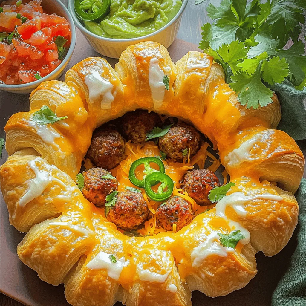 Für meinen Taco-Fleischbällchen-Ring benötigst du einige Hauptzutaten. Diese sind: - 450 g Rinderhackfleisch - 125 g Semmelbrösel - 30 g geriebener Parmesan - 1 Ei - 30 g Taco-Gewürzmischung - 60 g frischer Koriander, grob gehackt - 125 g geriebener Cheddar-Käse - 1 (ca. 225 g) Dose gekühlter Croissant-Teig Diese Zutaten bilden die Basis für die herzhaften Fleischbällchen. Das Rinderhackfleisch ist saftig und gibt dem Gericht Geschmack. Semmelbrösel sorgen für die richtige Konsistenz, während der Parmesan einen leckeren, salzigen Kick hinzufügt. Das Ei bindet alles zusammen. Die Gewürze sind sehr wichtig für den Geschmack. Die Taco-Gewürzmischung bringt die typischen Aromen ins Spiel. Sie enthält meist Kreuzkümmel, Paprika und Knoblauchpulver. Diese Gewürze machen dein Gericht würzig und aromatisch. Frischer Koriander sorgt für einen frischen Geschmack. Zu meinem Taco-Fleischbällchen-Ring passen verschiedene Beilagen. Du kannst Salsa verwenden, um einen frischen Dip zu bieten. Guacamole ist ebenfalls eine tolle Ergänzung. Sauerrahm gibt eine cremige Note. Wenn du es schärfer magst, füge in Scheiben geschnittene Jalapeños hinzu. Diese Optionen machen dein Essen noch aufregender und leckerer. Das vollständige Rezept findest du im Abschnitt "Full Recipe". Um die Fleischbällchen perfekt zu machen, beginne mit einer großen Schüssel. Vermische das Rinderhackfleisch, die Semmelbrösel, den Parmesan, das Ei, die Taco-Gewürzmischung und den Koriander. Mische alles gut. Du willst, dass die Zutaten gleichmäßig verteilt sind. Danach forme 12 gleich große Fleischbällchen. Rolle sie vorsichtig mit deinen Händen. So bekommen sie eine schöne runde Form. Jetzt ist es Zeit, den Croissant-Teig vorzubereiten. Rolle ihn leicht aus und teile ihn in Dreiecke. Nimm ein Backblech und lege Backpapier darauf. Arrangiere die Croissant-Dreiecke in einem Kreis. Lass Platz in der Mitte für die Fleischbällchen. Platziere dann die Fleischbällchen in der Mitte. Streue den geriebenen Cheddar-Käse darüber. Klappe die Enden der Dreiecke über die Fleischbällchen, um einen Ring zu formen. Heize den Ofen auf 190°C vor. Backe den Ring dann für 20-25 Minuten. Der Croissant-Teig sollte goldbraun sein, und die Fleischbällchen müssen durchgegart sein. Die Innentemperatur sollte 70°C erreichen. Nimm den Ring aus dem Ofen und lass ihn ein paar Minuten abkühlen. Dann kannst du ihn auf eine Servierplatte legen. Serviere den Taco-Fleischbällchen-Ring mit Salsa, Guacamole und Sauerrahm. Um die besten Fleischbällchen zu machen, achte auf die Mischung. Vermenge das Rinderhackfleisch, die Semmelbrösel und das Ei gut. Nutze deine Hände, um die Zutaten gleichmäßig zu verteilen. Mache die Bällchen nicht zu groß, damit sie gleichmäßig garen. Halte sie etwa in der Größe eines Golfballs. Dadurch werden sie zart und saftig. Der Croissant-Teig braucht die richtige Hitze. Backe ihn bei 190°C (375°F). Achte darauf, dass der Ofen gut vorgeheizt ist. Lass den Ring nicht zu lange backen, da er sonst trocken wird. Überprüfe die Farbe. Er sollte goldbraun werden. Falls nötig, decke ihn leicht mit Folie ab, wenn er zu schnell bräunt. Um den Taco-Fleischbällchen-Ring noch besser zu machen, füge mehr Gewürze hinzu. Du kannst Paprika oder Knoblauchpulver verwenden. Auch frische Jalapeños in den Fleischbällchen sorgen für einen scharfen Kick. Experimentiere mit verschiedenen Käsesorten, wie Monterrey Jack oder Gouda. Diese Tipps machen das Gericht noch schmackhafter und einzigartiger. Für die vollständige Zubereitung, schau dir das Full Recipe an! {{image_4}} Wenn Sie eine vegetarische oder vegane Option suchen, können Sie das Rinderhackfleisch durch pflanzliche Alternativen ersetzen. Produkte aus Soja oder Linsen sind gute Optionen. Diese Zutaten bieten einen ähnlichen Geschmack und Textur. Mischen Sie auch etwas Gemüse wie Paprika oder Zucchini in die Mischung. Das verbessert den Geschmack und die Nährstoffe. Seien Sie kreativ mit Füllungen! Sie können Käse, Bohnen oder sogar Spinat verwenden. Fügen Sie verschiedene Gewürze hinzu, um den Geschmack zu verändern. Für einen mexikanischen Twist probieren Sie schwarze Bohnen und Feta-Käse. Diese Variationen machen den Taco Fleischbällchen Ring immer wieder spannend. Die Präsentation macht viel aus! Sie können den Ring auf einem großen Teller anrichten. Stellen Sie eine Schüssel mit Salsa in die Mitte. Fügen Sie frische Kräuter wie Koriander oder Petersilie hinzu, um das Gericht lebendig zu machen. Nutzen Sie farbige Zutaten, um den Ring noch attraktiver zu gestalten. Diese kleinen Details beeindrucken jeden Gast. Finden Sie mehr Ideen in der [Full Recipe]. Um Reste vom Taco-Fleischbällchen-Ring richtig zu lagern, lassen Sie ihn zuerst abkühlen. Wickeln Sie ihn dann in Frischhaltefolie oder legen Sie ihn in einen luftdichten Behälter. So bleibt der Ring frisch und lecker. Sie können die Reste bis zu drei Tage im Kühlschrank aufbewahren. Wenn Sie den Taco-Fleischbällchen-Ring aufwärmen möchten, heizen Sie den Ofen auf 180°C vor. Legen Sie den Ring auf ein Backblech und decken Sie ihn leicht mit Alufolie ab. So bleibt der Teig knusprig und die Fleischbällchen warm. Backen Sie ihn für etwa 10 bis 15 Minuten, bis er heiß ist. Der Taco-Fleischbällchen-Ring schmeckt am besten frisch. Wenn Sie ihn aber aufbewahren, halten die Reste im Kühlschrank etwa drei Tage. Sie können ihn auch einfrieren. Wickeln Sie ihn gut ein und lagern Sie ihn in einem Gefrierbehälter. So bleibt er bis zu drei Monate haltbar. Wenn Sie ihn auftauen möchten, lassen Sie ihn über Nacht im Kühlschrank. Du kannst verschiedene Fleischsorten verwenden. Geflügelhackfleisch ist eine gute Wahl. Es ist mager und hat viel Geschmack. Du kannst auch Schweinehackfleisch verwenden, das einen süßeren Geschmack hat. Für eine vegetarische Option, nimm Bohnen oder Linsen. Diese sind proteinreich und passen gut zu den Gewürzen. Um mehr Würze hinzuzufügen, kannst du zusätzliche Gewürze verwenden. Füge mehr Taco-Gewürzmischung hinzu, um den Geschmack zu intensivieren. Chili-Pulver oder Cayennepfeffer sind tolle Optionen für Schärfe. Du kannst auch frische Jalapeños in die Fleischbällchen mischen. Achte darauf, die Menge nach deinem Geschmack anzupassen. Ja, du kannst den Taco-Fleischbällchen-Ring im Voraus machen. Bereite die Fleischbällchen und den Teig vor. Stelle sie dann in den Kühlschrank, bis du bereit bist zu backen. Du kannst ihn auch ganz fertigstellen und abdecken. Er bleibt bis zu einem Tag im Kühlschrank frisch. Backe ihn einfach, wenn du ihn servieren möchtest. So sparst du Zeit! Für das vollständige Rezept, schau dir die [Full Recipe] an. Der Taco-Fleischbällchen-Ring vereint leckere Zutaten, einfache Schritte und viele Variationen. Wir haben die Hauptzutaten und Gewürze besprochen, die diesen Ring besonders machen. Außerdem haben wir hilfreiche Tipps für perfekte Fleischbällchen und das Backen gegeben. Denken Sie auch an Lagerung und Aufwärmen, damit nichts verschwendet wird. Egal, ob Sie vegetarische Optionen ausprobieren oder den Ring einfach anders präsentieren möchten, die Möglichkeiten sind endlos. Genießen Sie das Kochen und fördern Sie Ihre Kreativität!