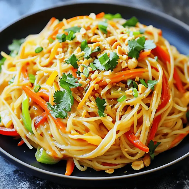 Für einfache Thai Peanut Noodles brauchst du: - 225 g Reisnudeln - 240 ml cremige Erdnussbutter - 3 Esslöffel Sojasauce (oder Tamari für glutenfrei) - 2 Esslöffel Limettensaft - 2 Esslöffel Honig oder Ahornsirup - 1 Esslöffel Sesamöl - 1 Knoblauchzehe, fein gehackt - 1 Esslöffel frischer Ingwer, gerieben - 1 Tasse Karotten, geraspelt - 1 Tasse Paprika, dünn geschnitten (jede Farbe) - 1/4 Tasse Frühlingszwiebeln, gehackt - 1/4 Tasse zerstoßene Erdnüsse (zur Garnitur) - Frischer Koriander (zur Garnitur) - Optional: Sriracha oder Chiliflocken für Schärfe Wähle frisches Gemüse, um den besten Geschmack zu erzielen. Achte auf die Farbe der Paprika, da sie den Nudeln mehr Lebendigkeit bringt. Verwende gute Erdnussbutter ohne Zuckerzusatz. Das sorgt für eine reichhaltige, nussige Sauce. Du kannst auch Bio-Zutaten verwenden, um die Qualität zu verbessern. Limetten sollten fest und schwer sein, das zeigt, dass sie saftig sind. Wenn du Erdnüsse nicht magst oder eine Allergie hast, probiere Mandelbutter oder Sonnenblumenbutter. Für glutenfreie Optionen benutze Tamari statt Sojasauce. Bei einer Soja-Allergie kannst du Kokosaminos verwenden. Du kannst auch die Karotten durch Zucchini ersetzen, wenn du eine andere Textur möchtest. Zuerst kochen Sie die Reisnudeln. Befolgen Sie die Anweisungen auf der Verpackung. Nach dem Kochen gießen Sie die Nudeln ab. Spülen Sie sie unter kaltem Wasser ab, um ein Festkleben zu vermeiden. Legen Sie die abgetropften Nudeln beiseite. In einer Schüssel vermengen Sie folgende Zutaten: - 240 ml cremige Erdnussbutter - 3 Esslöffel Sojasauce (oder Tamari für glutenfrei) - 2 Esslöffel Limettensaft - 2 Esslöffel Honig oder Ahornsirup - 1 Esslöffel Sesamöl - 1 Knoblauchzehe, fein gehackt - 1 Esslöffel frischer Ingwer, gerieben Rühren Sie alles gut um, bis die Sauce glatt ist. Diese Erdnusssauce bringt viel Geschmack. Sie ist cremig und leicht süßlich. Erhitzen Sie eine große Pfanne oder einen Wok bei mittlerer Hitze. Fügen Sie die geraspelten Karotten und die dünn geschnittene Paprika hinzu. Braten Sie das Gemüse 3-4 Minuten lang an. Es sollte leicht zart, aber noch knackig bleiben. Jetzt sind all Ihre Komponenten bereit. Mischen Sie die Nudeln, die Erdnusssauce und das Gemüse zusammen. Dies ist der Schlüssel zu den einfachen Thai-Erdnussnudeln. Voller Geschmack und einfach zuzubereiten! Für das vollständige Rezept schauen Sie sich die [Full Recipe] an. Die Erdnusssauce ist der Star dieses Gerichts. Beginne mit cremiger Erdnussbutter. Sie gibt einen tollen Geschmack. Achte darauf, dass sie frisch ist. Mische die Erdnussbutter mit Sojasauce. So bekommst du eine salzige Note. Der Limettensaft bringt Frische. Honig oder Ahornsirup fügt Süße hinzu. Um die Sauce glatt zu machen, rühre alles gut um. Wenn die Sauce zu dick ist, füge etwas Wasser hinzu. Du kannst auch mehr Limettensaft für zusätzlichen Geschmack verwenden. Die Schärfe macht dein Gericht spannend. Wenn du es mild magst, lass die Sriracha weg. Für ein wenig Hitze füge einen Esslöffel Sriracha hinzu. Chiliflocken sind auch eine gute Idee. Du kannst sie einfach über die Nudeln streuen. Wenn du es schärfer magst, probiere mehr Sriracha oder frische Chilis. Achte darauf, die Schärfe langsam zu erhöhen. So kannst du den Geschmack gut kontrollieren. Ein schön angerichtetes Gericht sieht lecker aus. Verwende frischen Koriander für die Garnitur. Die grünen Blätter bringen Farbe. Zerstoßene Erdnüsse sind ein weiterer toller Topping. Sie geben einen knusprigen Biss. Du kannst auch Frühlingszwiebeln darüber streuen. Das macht das Gericht frisch und knusprig. Serviere die Nudeln in bunten Schalen. Das macht die Mahlzeit noch einladender. Diese Tipps sorgen für eine tolle Präsentation deiner Erdnusssauce. Für die vollständige Anleitung, schau dir das Full Recipe an. {{image_4}} Sie können diese Thai Peanut Noodles einfach vegan machen. Nutzen Sie für die Sauce Agavendicksaft anstelle von Honig. Achten Sie darauf, dass die Sojasauce glutenfrei ist, wenn nötig. Ersetzen Sie die Eiernudeln durch Reisnudeln, da diese von Natur aus vegan sind. Fügen Sie Hähnchen oder Tofu hinzu, um das Gericht proteinreicher zu machen. Für Hähnchen, braten Sie es in Stücke geschnitten in der Pfanne an, bevor Sie das Gemüse hinzufügen. Wenn Sie Tofu nutzen, wählen Sie festen Tofu. Braten Sie ihn goldbraun, bevor Sie die Nudeln und die Sauce hinzufügen. Das Gemüse können Sie nach Saison und Vorliebe anpassen. Für den Frühling sind Erbsen und Spargel lecker. Im Sommer passen Zucchini und Brokkoli gut. Im Herbst sind Kürbis und Rosenkohl toll. Im Winter probieren Sie Grünkohl oder Spinat. Diese Anpassungen halten das Gericht frisch und spannend. Für die genauen Schritte und Zutaten empfehle ich, die [Full Recipe] zu überprüfen. Um die Reste deiner einfachen Thai Peanut Noodles richtig zu lagern, lege sie in einen luftdichten Behälter. Achte darauf, dass der Behälter gut schließt. So bleibt die Frische erhalten. Stelle den Behälter in den Kühlschrank. So bleiben die Nudeln für ein paar Tage lecker. Wenn du die Reste wieder aufwärmen möchtest, gibt es einfache Wege. Erwärme die Nudeln in einer Pfanne bei niedriger Hitze. Füge etwas Wasser oder Brühe hinzu, um sie feucht zu halten. Du kannst auch die Mikrowelle nutzen, wenn es schneller gehen soll. Stelle sicher, dass du sie abdeckst, um ein Austrocknen zu verhindern. Im Kühlschrank sind die Thai Peanut Noodles bis zu drei Tage haltbar. Wenn du sie länger aufbewahren möchtest, kannst du sie einfrieren. Im Gefrierschrank halten sie bis zu drei Monate. Denke daran, sie in Portionen zu verpacken. So kannst du nur das auftauen, was du brauchst. Die Zubereitung der Erdnussnudeln dauert nur 20 Minuten. Die Vorbereitungszeit beträgt 10 Minuten. Danach kochen Sie die Nudeln in etwa 10 Minuten. Dies macht das Gericht schnell und einfach. Ja, Sie können die Nudeln im Voraus zubereiten. Kochen Sie die Nudeln und lagern Sie sie in einem luftdichten Behälter im Kühlschrank. Sie bleiben so bis zu drei Tage frisch. Erhitzen Sie die Nudeln einfach in der Pfanne mit etwas Wasser oder Öl. Einige tolle Beilagen sind: - Gegrilltes Hähnchen oder Tofu - Frischer Gurkensalat - Gedämpftes Gemüse wie Brokkoli oder Zuckerschoten - Frühlingsrollen oder Sommerrollen - Ein scharfer Dip oder Sauce Diese Beilagen ergänzen die Erdnussnudeln perfekt und bringen mehr Geschmack auf den Tisch. Wir haben die wichtigsten Zutaten, die Zubereitung und zahlreiche Tipps durchgearbeitet. Du kannst leckere Erdnusssauce und Reisnudeln leicht selbst machen. Denke auch an Anpassungen für Allergien oder besondere Vorlieben. Variiere die Zutaten, um neue Geschmäcker zu entdecken. Lagere Reste, um später zu genießen. Mit diesen Tipps wirst du das Gericht immer wieder zubereiten wollen. Probiere es aus und finde deine Lieblingsversion!