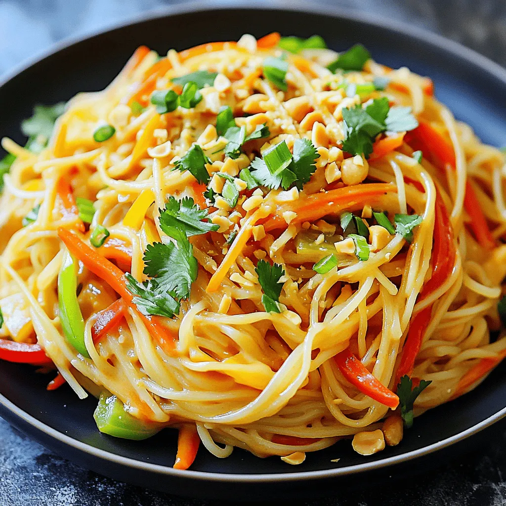 Für einfache Thai Peanut Noodles brauchst du: - 225 g Reisnudeln - 240 ml cremige Erdnussbutter - 3 Esslöffel Sojasauce (oder Tamari für glutenfrei) - 2 Esslöffel Limettensaft - 2 Esslöffel Honig oder Ahornsirup - 1 Esslöffel Sesamöl - 1 Knoblauchzehe, fein gehackt - 1 Esslöffel frischer Ingwer, gerieben - 1 Tasse Karotten, geraspelt - 1 Tasse Paprika, dünn geschnitten (jede Farbe) - 1/4 Tasse Frühlingszwiebeln, gehackt - 1/4 Tasse zerstoßene Erdnüsse (zur Garnitur) - Frischer Koriander (zur Garnitur) - Optional: Sriracha oder Chiliflocken für Schärfe Wähle frisches Gemüse, um den besten Geschmack zu erzielen. Achte auf die Farbe der Paprika, da sie den Nudeln mehr Lebendigkeit bringt. Verwende gute Erdnussbutter ohne Zuckerzusatz. Das sorgt für eine reichhaltige, nussige Sauce. Du kannst auch Bio-Zutaten verwenden, um die Qualität zu verbessern. Limetten sollten fest und schwer sein, das zeigt, dass sie saftig sind. Wenn du Erdnüsse nicht magst oder eine Allergie hast, probiere Mandelbutter oder Sonnenblumenbutter. Für glutenfreie Optionen benutze Tamari statt Sojasauce. Bei einer Soja-Allergie kannst du Kokosaminos verwenden. Du kannst auch die Karotten durch Zucchini ersetzen, wenn du eine andere Textur möchtest. Zuerst kochen Sie die Reisnudeln. Befolgen Sie die Anweisungen auf der Verpackung. Nach dem Kochen gießen Sie die Nudeln ab. Spülen Sie sie unter kaltem Wasser ab, um ein Festkleben zu vermeiden. Legen Sie die abgetropften Nudeln beiseite. In einer Schüssel vermengen Sie folgende Zutaten: - 240 ml cremige Erdnussbutter - 3 Esslöffel Sojasauce (oder Tamari für glutenfrei) - 2 Esslöffel Limettensaft - 2 Esslöffel Honig oder Ahornsirup - 1 Esslöffel Sesamöl - 1 Knoblauchzehe, fein gehackt - 1 Esslöffel frischer Ingwer, gerieben Rühren Sie alles gut um, bis die Sauce glatt ist. Diese Erdnusssauce bringt viel Geschmack. Sie ist cremig und leicht süßlich. Erhitzen Sie eine große Pfanne oder einen Wok bei mittlerer Hitze. Fügen Sie die geraspelten Karotten und die dünn geschnittene Paprika hinzu. Braten Sie das Gemüse 3-4 Minuten lang an. Es sollte leicht zart, aber noch knackig bleiben. Jetzt sind all Ihre Komponenten bereit. Mischen Sie die Nudeln, die Erdnusssauce und das Gemüse zusammen. Dies ist der Schlüssel zu den einfachen Thai-Erdnussnudeln. Voller Geschmack und einfach zuzubereiten! Für das vollständige Rezept schauen Sie sich die [Full Recipe] an. Die Erdnusssauce ist der Star dieses Gerichts. Beginne mit cremiger Erdnussbutter. Sie gibt einen tollen Geschmack. Achte darauf, dass sie frisch ist. Mische die Erdnussbutter mit Sojasauce. So bekommst du eine salzige Note. Der Limettensaft bringt Frische. Honig oder Ahornsirup fügt Süße hinzu. Um die Sauce glatt zu machen, rühre alles gut um. Wenn die Sauce zu dick ist, füge etwas Wasser hinzu. Du kannst auch mehr Limettensaft für zusätzlichen Geschmack verwenden. Die Schärfe macht dein Gericht spannend. Wenn du es mild magst, lass die Sriracha weg. Für ein wenig Hitze füge einen Esslöffel Sriracha hinzu. Chiliflocken sind auch eine gute Idee. Du kannst sie einfach über die Nudeln streuen. Wenn du es schärfer magst, probiere mehr Sriracha oder frische Chilis. Achte darauf, die Schärfe langsam zu erhöhen. So kannst du den Geschmack gut kontrollieren. Ein schön angerichtetes Gericht sieht lecker aus. Verwende frischen Koriander für die Garnitur. Die grünen Blätter bringen Farbe. Zerstoßene Erdnüsse sind ein weiterer toller Topping. Sie geben einen knusprigen Biss. Du kannst auch Frühlingszwiebeln darüber streuen. Das macht das Gericht frisch und knusprig. Serviere die Nudeln in bunten Schalen. Das macht die Mahlzeit noch einladender. Diese Tipps sorgen für eine tolle Präsentation deiner Erdnusssauce. Für die vollständige Anleitung, schau dir das Full Recipe an. {{image_4}} Sie können diese Thai Peanut Noodles einfach vegan machen. Nutzen Sie für die Sauce Agavendicksaft anstelle von Honig. Achten Sie darauf, dass die Sojasauce glutenfrei ist, wenn nötig. Ersetzen Sie die Eiernudeln durch Reisnudeln, da diese von Natur aus vegan sind. Fügen Sie Hähnchen oder Tofu hinzu, um das Gericht proteinreicher zu machen. Für Hähnchen, braten Sie es in Stücke geschnitten in der Pfanne an, bevor Sie das Gemüse hinzufügen. Wenn Sie Tofu nutzen, wählen Sie festen Tofu. Braten Sie ihn goldbraun, bevor Sie die Nudeln und die Sauce hinzufügen. Das Gemüse können Sie nach Saison und Vorliebe anpassen. Für den Frühling sind Erbsen und Spargel lecker. Im Sommer passen Zucchini und Brokkoli gut. Im Herbst sind Kürbis und Rosenkohl toll. Im Winter probieren Sie Grünkohl oder Spinat. Diese Anpassungen halten das Gericht frisch und spannend. Für die genauen Schritte und Zutaten empfehle ich, die [Full Recipe] zu überprüfen. Um die Reste deiner einfachen Thai Peanut Noodles richtig zu lagern, lege sie in einen luftdichten Behälter. Achte darauf, dass der Behälter gut schließt. So bleibt die Frische erhalten. Stelle den Behälter in den Kühlschrank. So bleiben die Nudeln für ein paar Tage lecker. Wenn du die Reste wieder aufwärmen möchtest, gibt es einfache Wege. Erwärme die Nudeln in einer Pfanne bei niedriger Hitze. Füge etwas Wasser oder Brühe hinzu, um sie feucht zu halten. Du kannst auch die Mikrowelle nutzen, wenn es schneller gehen soll. Stelle sicher, dass du sie abdeckst, um ein Austrocknen zu verhindern. Im Kühlschrank sind die Thai Peanut Noodles bis zu drei Tage haltbar. Wenn du sie länger aufbewahren möchtest, kannst du sie einfrieren. Im Gefrierschrank halten sie bis zu drei Monate. Denke daran, sie in Portionen zu verpacken. So kannst du nur das auftauen, was du brauchst. Die Zubereitung der Erdnussnudeln dauert nur 20 Minuten. Die Vorbereitungszeit beträgt 10 Minuten. Danach kochen Sie die Nudeln in etwa 10 Minuten. Dies macht das Gericht schnell und einfach. Ja, Sie können die Nudeln im Voraus zubereiten. Kochen Sie die Nudeln und lagern Sie sie in einem luftdichten Behälter im Kühlschrank. Sie bleiben so bis zu drei Tage frisch. Erhitzen Sie die Nudeln einfach in der Pfanne mit etwas Wasser oder Öl. Einige tolle Beilagen sind: - Gegrilltes Hähnchen oder Tofu - Frischer Gurkensalat - Gedämpftes Gemüse wie Brokkoli oder Zuckerschoten - Frühlingsrollen oder Sommerrollen - Ein scharfer Dip oder Sauce Diese Beilagen ergänzen die Erdnussnudeln perfekt und bringen mehr Geschmack auf den Tisch. Wir haben die wichtigsten Zutaten, die Zubereitung und zahlreiche Tipps durchgearbeitet. Du kannst leckere Erdnusssauce und Reisnudeln leicht selbst machen. Denke auch an Anpassungen für Allergien oder besondere Vorlieben. Variiere die Zutaten, um neue Geschmäcker zu entdecken. Lagere Reste, um später zu genießen. Mit diesen Tipps wirst du das Gericht immer wieder zubereiten wollen. Probiere es aus und finde deine Lieblingsversion!