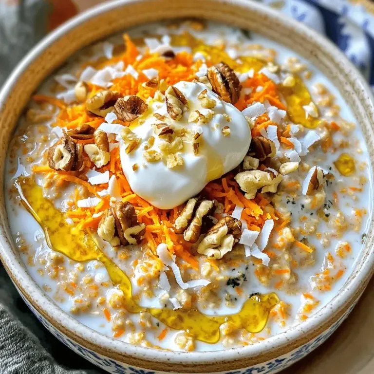 Für die Karottenkuchen Haferflocken benötigst du einige einfache Zutaten. Diese machen das Frühstück lecker und nahrhaft. Die Hauptzutaten sind: - 1 Tasse Haferflocken (gerollt) - 2 Tassen Mandelmilch (oder eine andere Milch nach Wahl) - 1 mittlere Karotte, gerieben - 1/4 Tasse Kokosraspeln - 1/4 Tasse Walnüsse, grob gehackt - 1/4 Teelöffel gemahlener Zimt - 1/4 Teelöffel Muskatnuss - 1 Esslöffel Ahornsirup (oder Honig) - 1/4 Tasse Rosinen - 1 Teelöffel Vanilleextrakt - Eine Prise Salz Diese Zutaten arbeiten zusammen. Sie bringen die süßen und würzigen Aromen des Karottenkuchens in deine Schüssel. Wenn du keine Mandelmilch magst, gibt es viele Alternativen. Du kannst auch Sojamilch, Hafermilch oder Kokosmilch verwenden. Jede Milch hat ihren eigenen Geschmack. Probiere verschiedene Sorten aus, um deine Lieblingskombination zu finden. So wird dein Frühstück noch interessanter. Toppings machen dein Frühstück besonders. Hier sind einige köstliche Ideen: - Frischkäse-Joghurt - Zusätzliche Walnüsse - Mehr Kokosraspeln - Frische Beeren - Honig oder Ahornsirup Diese Toppings geben deinem Gericht mehr Textur und Geschmack. Du kannst kreativ sein und deine eigenen Favoriten wählen. Für das vollständige Rezept, schau dir die Anleitung an. Zuerst müssen Sie alle Zutaten bereitstellen. Hier sind die Hauptzutaten: - 1 Tasse Haferflocken (gerollt) - 2 Tassen Mandelmilch (oder eine andere Milch nach Wahl) - 1 mittlere Karotte, gerieben - 1/4 Tasse Kokosraspeln - 1/4 Tasse Walnüsse, grob gehackt - 1/4 Teelöffel gemahlener Zimt - 1/4 Teelöffel Muskatnuss - 1 Esslöffel Ahornsirup (oder Honig) - 1/4 Tasse Rosinen - 1 Teelöffel Vanilleextrakt - Eine Prise Salz - Optionales Topping: Frischkäse-Joghurt, zusätzliche Walnüsse oder Kokosraspeln Stellen Sie sicher, dass alles gemessen und bereit ist. Das macht das Kochen einfacher. Nehmen Sie einen mittleren Topf. Geben Sie die Haferflocken, Mandelmilch, geriebene Karotte, Kokosraspeln, Zimt, Muskatnuss und eine Prise Salz hinein. Mischen Sie alles gut. Stellen Sie den Herd auf mittlere Hitze. Lassen Sie die Mischung aufkochen und rühren Sie gelegentlich um. So verhindern Sie, dass die Mischung anbrennt. Sobald die Mischung kocht, reduzieren Sie die Hitze. Lassen Sie die Haferflocken 5 bis 7 Minuten köcheln. Rühren Sie weiter, bis die Haferflocken cremig sind und die Milch größtenteils aufgenommen wurde. Nehmen Sie den Topf vom Herd. Jetzt fügen Sie die gehackten Walnüsse, den Ahornsirup, die Rosinen und den Vanilleextrakt hinzu. Rühren Sie alles gut um. Lassen Sie die Mischung noch 2 Minuten auf der Hitze, damit alles gut durchwärmt wird. Nach dem Kochen lassen Sie die Haferflocken eine Minute ruhen. So können sie die gewünschte Konsistenz erreichen. Servieren Sie die Haferflocken in Schalen. Fügen Sie nach Belieben einen Klecks Frischkäse-Joghurt oder weitere Walnüsse und Kokosraspeln hinzu. Für die vollständige Anleitung schauen Sie sich das Full Recipe an. Um den Karottenkuchen Haferflocken perfekt zu machen, ist die Textur wichtig. Sie wollen cremige und weiche Haferflocken. Achten Sie darauf, die Mischung gut zu rühren, während sie kocht. Dies verhindert, dass die Haferflocken ansetzen. Lassen Sie die Haferflocken kurz ruhen, bevor Sie sie servieren. So wird die Konsistenz noch besser. Die Süße kann leicht angepasst werden. Wenn Sie es süßer mögen, fügen Sie mehr Ahornsirup oder Honig hinzu. Probieren Sie auch andere Gewürze aus. Eine Prise Ingwer oder Nelken kann einen neuen Geschmack bringen. Experimentieren Sie mit verschiedenen Kombinationen, um Ihre perfekte Mischung zu finden. Wenn die Zeit knapp ist, bereiten Sie die Haferflocken am Vorabend vor. Mischen Sie alle Zutaten in einem Topf und lassen Sie sie über Nacht im Kühlschrank. Am Morgen können Sie die Mischung einfach aufwärmen. So sparen Sie Zeit und haben ein schnelles, gesundes Frühstück. Nutzen Sie die Zeit effizient und genießen Sie jeden Bissen. Für das vollständige Rezept schauen Sie sich das Rezept für Karottenkuchen Haferflocken an. {{image_4}} Um dieses Rezept glutenfrei zu machen, verwende glutenfreie Haferflocken. Achte darauf, dass die Packung klar als glutenfrei gekennzeichnet ist. So kannst du sicher sein, dass es keine Kontamination gibt. Diese Haferflocken bieten die gleiche Textur und den gleichen Geschmack. Du kannst auch glutenfreies Mehl für eventuelle Toppings nutzen. Um eine vegane Version zu erstellen, ersetze die Milch mit einer pflanzlichen Milch, wie Mandel- oder Hafermilch. Nutze Ahornsirup anstelle von Honig. Das Rezept bleibt genauso lecker und cremig. Du kannst auch pflanzlichen Joghurt für das Topping verwenden. So bleibt alles rein pflanzlich und köstlich. Füge deine Lieblingsfrüchte für mehr Geschmack hinzu. Bananen, Äpfel oder Beeren passen hervorragend. Diese Früchte bringen eine süße Note und zusätzliche Nährstoffe. Auch Nüsse wie Mandeln oder Pecannüsse sind tolle Ergänzungen. Sie geben einen schönen Crunch und machen die Haferflocken noch nahrhafter. Du kannst mit den Zutaten spielen, um dein persönliches Frühstück zu kreieren. Für das vollständige Rezept, schau dir den Abschnitt "Full Recipe" an. Wenn du Reste von deinen Karottenkuchen Haferflocken hast, bewahre sie in einem luftdichten Behälter auf. Stelle sicher, dass die Mischung vollständig abgekühlt ist, bevor du sie verpackst. So bleiben die Aromen frisch. Du kannst die Reste bis zu drei Tage im Kühlschrank aufbewahren. Um die Haferflocken wieder warm zu machen, gebe sie in einen kleinen Topf. Füge etwas Milch oder Wasser hinzu, um die Konsistenz zu verbessern. Erhitze die Mischung bei mittlerer Hitze. Rühre gut um, damit sie gleichmäßig warm wird. Alternativ kannst du die Haferflocken auch in der Mikrowelle erhitzen. Stelle sie in eine mikrowellengeeignete Schüssel und decke sie ab. Erhitze sie in 30-Sekunden-Intervallen, bis sie heiß sind. Im Kühlschrank bleiben die Karottenkuchen Haferflocken bis zu drei Tage frisch. Du kannst sie auch im Gefrierschrank aufbewahren. Fülle die Haferflocken in einen gefriergeeigneten Behälter. So bleiben sie bis zu drei Monate haltbar. Wenn du bereit bist, sie zu essen, lasse sie über Nacht im Kühlschrank auftauen. Erwärme sie dann wie oben beschrieben. Ja, du kannst die Karotten weglassen. Aber sie geben Geschmack und eine schöne Farbe. Wenn du sie nicht magst, probiere Zucchini oder Kürbis. Beide sind gut für die Haferflocken. Eine Portion Karottenkuchen Haferflocken hat etwa 300 Kalorien. Das hängt von den Zutaten ab. Zum Beispiel erhöhen Nüsse oder Honig die Kalorienzahl. Diese Haferflocken sind nahrhaft und sättigend. Diese Haferflocken sind voll mit Nährstoffen. Sie enthalten: - Ballaststoffe aus Hafer und Karotten - Vitamine A und C aus Karotten - Gesunde Fette aus Walnüssen - Antioxidantien aus Kokosraspeln - Eine gute Quelle für pflanzliches Protein Die Kombination macht das Frühstück gesund und lecker. Für die genauen Nährwerte, schau dir das Full Recipe an. Zusammenfassend haben wir die Hauptzutaten für Karottenkuchen Haferflocken besprochen. Außerdem gab es Tipps für Milchalternativen und Toppings. Die Schritt-für-Schritt-Anleitung erleichtert die Zubereitung. Wir haben auch nützliche Tipps und Tricks geteilt, um den Kuchen perfekt zu machen. Variationen wie glutenfrei oder vegan sind möglich und die Lagerinformationen helfen, Reste richtig zu verwerten. Jeder kann also seinen eigenen, leckeren Karottenkuchen Haferflocken genießen. Probier es aus!