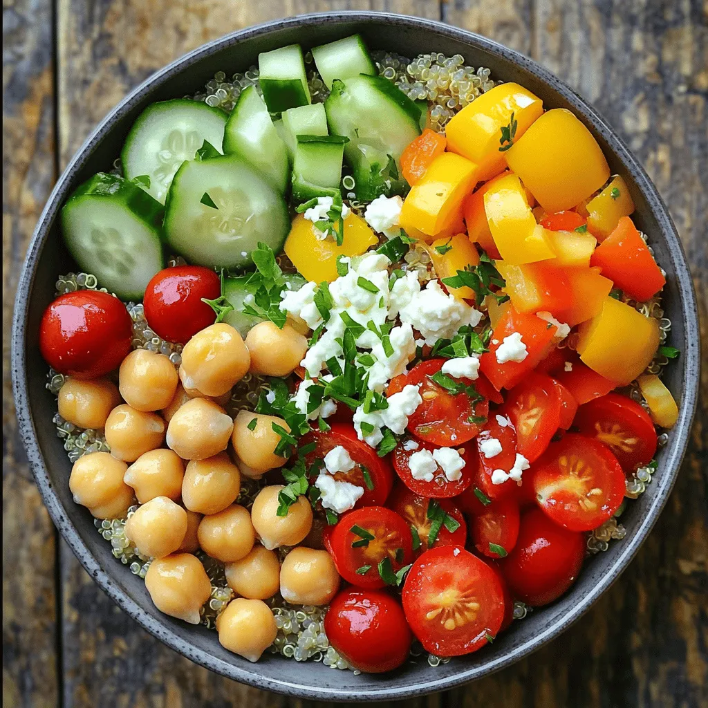 - Quinoa und Brühe Quinoa ist der Hauptbestandteil. Du brauchst eine Tasse Quinoa, gut gespült. Verwende zwei Tassen Gemüsebrühe oder Wasser, um die Quinoa zu kochen. - Gemüse und Kichererbsen Für die Schalen nimm eine Tasse halbierte Kirschtomaten, eine gewürfelte Salatgurke und eine gewürfelte Paprika. Eine halbe rote Zwiebel, fein gehackt, bringt Geschmack. Füge eine Tasse Kichererbsen aus der Dose hinzu, gut abgespült und abgetropft. - Dressing-Zutaten Das Dressing macht alles lecker. Du brauchst vier Esslöffel Olivenöl, zwei Esslöffel Zitronensaft und einen Teelöffel getrockneten Oregano. Vergiss nicht, Salz und Pfeffer nach Geschmack hinzuzufügen. Wenn du magst, streue eine viertel Tasse zerbröselten Feta-Käse darüber. Frische Petersilie macht das Gericht bunt und frisch. Für das vollständige Rezept, schau dir die vollständigen Anweisungen an. Um die Quinoa perfekt zu kochen, beginne mit 1 Tasse Quinoa und 2 Tassen Gemüsebrühe oder Wasser. Vermenge sie in einem mittelgroßen Topf. Stelle die Hitze auf mittlere Stufe und bringe die Mischung zum Kochen. Sobald es kocht, reduziere die Hitze. Decke den Topf ab und lasse die Quinoa etwa 15 Minuten köcheln. Die Quinoa ist fertig, wenn sie leicht und das Wasser vollständig aufgesogen ist. Nimm den Topf vom Herd und lasse die Quinoa kurz abkühlen. Während die Quinoa kocht, bereite das Gemüse vor. Schneide die Kirschtomaten in zwei Hälften. Würfle die Gurke und die Paprika. Hacke die rote Zwiebel fein. Gib die Kirschtomaten, Gurke, Paprika, Zwiebel, Kichererbsen und Kalamata-Oliven in eine große Schüssel. Mische alles gut zusammen. Für das Dressing nimm eine kleine Schüssel. Kombiniere 4 Esslöffel Olivenöl, 2 Esslöffel Zitronensaft, 1 Teelöffel Oregano, Salz und Pfeffer. Rühre die Zutaten gut um und schmecke das Dressing ab. Wenn die Quinoa abgekühlt ist, füge sie zur Gemüsemischung hinzu. Gieße das Dressing gleichmäßig darüber und vermenge alles gründlich. Optional kannst du zerbröselten Feta-Käse und frische Petersilie darüber streuen. Für die vollständige Anleitung besuche die [Full Recipe]. - Quinoa perfekt kochen: Um Quinoa richtig zu kochen, spüle sie zuerst gründlich. Das entfernt Bitterstoffe. Verwende dann zwei Tassen Gemüsebrühe oder Wasser für jede Tasse Quinoa. Koche es fünf Minuten lang hoch und lasse es dann bei schwacher Hitze etwa 15 Minuten köcheln. So wird die Quinoa leicht und locker. - Ausgewogene Gemüsemischung: Wähle frisches Gemüse für deine Schalen. Kirschtomaten, Gurken und Paprika sorgen für Farbe und Geschmack. Auch rote Zwiebeln bringen eine schöne Schärfe. Kichererbsen fügen Protein hinzu. Mixe verschiedene Texturen für mehr Genuss. - Präsentation der Schalen: Serviere die Quinoa in schönen Schalen. Füge die Gemüse-Mischung obenauf. Streue zerbröselten Feta und frische Petersilie darauf. So sieht die Schale einladend aus und schmeckt toll. - Beilagenideen: Diese Schalen sind vielseitig. Du kannst sie mit einem frischen Brot oder einem grünen Salat kombinieren. Auch gegrilltes Hähnchen oder Tofu passen gut dazu. Probiere verschiedene Beilagen aus, um Neues zu entdecken. - Nährstoffgehalt von Quinoa: Quinoa ist ein Superfood. Sie enthält viele Proteine und Ballaststoffe. Außerdem hat sie wichtige Vitamine und Mineralien. Das macht sie zu einer großartigen Wahl für eine gesunde Ernährung. - Vorteile von frischem Gemüse: Frisches Gemüse ist reich an Vitaminen. Es hilft, das Immunsystem zu stärken. Auch Antioxidantien sind wichtig. Diese schützen unseren Körper vor freien Radikalen. So bleibt man gesund und fit. {{image_4}} Für die mediterranen Quinoa-Schalen kann man viele verschiedene Gemüsesorten verwenden. Statt Kirschtomaten kann man auch Paprika oder Zucchini nutzen. Diese Varianten bringen einen anderen Geschmack und Textur. Brokkoli oder Spinat sind ebenfalls gute Optionen. Diese Gemüsesorten sorgen für mehr Farbe und Nährstoffe. Wenn Sie eine vegane oder glutenfreie Option wollen, lassen Sie den Feta-Käse einfach weg. Die Schalen sind trotzdem lecker und nahrhaft. Auch Kichererbsen sind eine tolle Proteinquelle. Sie helfen, die Schalen sättigender zu machen. Verwenden Sie glutenfreie Brühe, wenn Sie glutenfrei kochen möchten. Bei den Dressings können Sie kreativ sein. Verwenden Sie frische Kräuter wie Basilikum oder Minze. Diese Kräuter geben den Schalen einen frischen Geschmack. Gewürze wie Kreuzkümmel oder Paprika bringen eine besondere Note. Probieren Sie verschiedene Kombinationen aus, um den Geschmack anzupassen. Eine einfache Idee: Fügen Sie etwas Honig oder Agavendicksaft hinzu. Das macht das Dressing süßer und runder. Denken Sie daran, das Dressing nach Ihrem Geschmack zu gestalten. Es sollte die Quinoa und das Gemüse gut ergänzen. So werden Ihre mediterranen Quinoa-Schalen noch besser. Für das vollständige Rezept schauen Sie sich die [Full Recipe] an. - Im Kühlschrank aufbewahren: Die Quinoa-Schalen bleiben frisch, wenn Sie sie in einem luftdichten Behälter im Kühlschrank lagern. So bleiben die Zutaten knackig und lecker. - Haltbarkeit der Zutaten: Sie können die Schalen bis zu zwei Tage im Kühlschrank aufbewahren. Die frischen Zutaten wie Gemüse und Feta bleiben am besten, wenn sie nicht zu lange gelagert werden. - Ideen für Reste: Wenn Sie Reste haben, können Sie die Quinoa als Basis für einen Salat nutzen. Fügen Sie frische Kräuter, Nüsse oder sogar gekochtes Hähnchen hinzu für eine neue Mahlzeit. - Rezepte für neue Gerichte: Sie können die Reste auch in eine Suppe geben. Einfach mit Brühe und weiteren Gemüsesorten kochen. So wird eine nahrhafte Suppe daraus, die schnell zubereitet ist. Sie können das vollständige Rezept für die mediterranen Quinoa-Schalen hier finden: [Full Recipe]. Um Quinoa perfekt zu kochen, spüle die Körner zuerst gut ab. Das entfernt Bitterstoffe. Dann verwende für jede Tasse Quinoa zwei Tassen Gemüsebrühe oder Wasser. Koche die Mischung bei mittlerer Hitze. Wenn es kocht, reduziere die Hitze und decke den Topf ab. Lass die Quinoa etwa 15 Minuten köcheln, bis das Wasser aufgesogen ist. Lass sie danach kurz abkühlen. So bekommst du lockere und schmackhafte Quinoa. Ja, du kannst die mediterranen Quinoa-Schalen im Voraus zubereiten. Koche die Quinoa und bereite das Gemüse wie beschrieben vor. Vermische alles und bereite das Dressing zu. Du kannst die Schalen bis zu zwei Tage im Kühlschrank aufbewahren. Sie bleiben frisch und lecker. Stelle sicher, dass du die Schalen in einem luftdichten Behälter lagerst. So vermeidest du, dass sie austrocknen. Wenn du keinen Feta magst, gibt es viele Alternativen. Du kannst z. B. Ziegenkäse oder Ricotta verwenden. Für eine vegane Option probiere Hummus oder Avocado. Diese geben der Schale auch einen cremigen Geschmack. Sei kreativ und finde, was dir am besten schmeckt. Die Quinoa-Schalen sind im Kühlschrank bis zu zwei Tage haltbar. Achte darauf, sie in einem luftdichten Behälter zu lagern. So bleiben sie frisch und schmackhaft. Wenn du sie länger aufbewahren möchtest, kannst du die Zutaten separat lagern. So kannst du die Schalen frisch zusammenstellen, wenn du Hunger hast. Zusammenfassend haben wir gesehen, wie man ein gesundes Quinoa-Gericht zubereitet. Die Hauptzutaten sind Quinoa, frisches Gemüse und ein leckeres Dressing. Ich habe auch Schritt-für-Schritt-Anleitungen gegeben, um sicherzustellen, dass alles gut gelingt. Die Tipps helfen dir, Geschmack und Präsentation zu verbessern. Denke daran, die Reste für neue Gerichte zu verwenden. Mit den Variationen kannst du das Gericht nach deinem Geschmack anpassen. Lass dich von diesem einfachen Rezept inspirieren und bereite es heute noch zu!