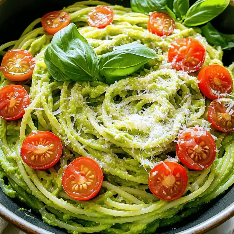 - 2 reife Avocados, entkernt und geschält - 340 g Spaghetti oder Lieblingsnudeln - 2 Knoblauchzehen, fein gehackt Ich liebe die Hauptzutaten für diese Pasta. Die reifen Avocados bringen viel Geschmack und eine schöne Cremigkeit. Die Spaghetti oder Ihre Lieblingsnudeln sind die perfekte Basis. Der Knoblauch fügt eine tolle Note hinzu. - 2 Esslöffel frischer Zitronensaft - 1/4 Tasse frische Basilikumblätter - Rote Pfefferflocken (optional) - Salz und Pfeffer nach Geschmack Die Gewürze machen das Gericht besonders. Frischer Zitronensaft sorgt für Frische. Basilikum bringt einen tollen Duft und Geschmack. Rote Pfefferflocken geben einen kleinen Kick. Salz und Pfeffer runden alles ab. - Cocktailtomaten, halbiert - Geriebener Parmesan (zum Servieren, optional) Die Dekoration macht die Pasta einladend. Halbierte Cocktailtomaten sehen toll aus und schmecken frisch. Geriebener Parmesan ist eine köstliche Ergänzung, wenn Sie ihn mögen. Servieren Sie die Pasta warm und genießen Sie die Farben und Aromen! Für die vollständige Anleitung schauen Sie sich das Full Recipe an. - Kochen Sie die Nudeln in gesalzenem Wasser. - Verwenden Sie einen großen Topf, damit die Nudeln genug Platz haben. - Kochen Sie die Nudeln nach den Anweisungen auf der Verpackung. - Reservieren Sie 1 Tasse Nudelwasser, bevor Sie die Pasta abgießen. - Nehmen Sie einen Mixer oder eine Küchenmaschine. - Kombinieren Sie die Avocados, den Knoblauch und den Zitronensaft. - Fügen Sie die Basilikumblätter und das Olivenöl hinzu. - Wenn Sie mögen, geben Sie die roten Pfefferflocken dazu. - Pürieren Sie alles, bis die Sauce glatt ist. - Wenn die Mischung zu dick ist, fügen Sie etwas Nudelwasser hinzu. - Geben Sie die gekochte Pasta in eine große Schüssel. - Mischen Sie die Pasta mit der Avocado-Sauce gründlich. - Achten Sie darauf, dass alle Nudeln gut bedeckt sind. - Wenn die Pasta zu trocken ist, fügen Sie mehr Nudelwasser hinzu. - Servieren Sie die Pasta sofort mit Cocktailtomaten und Parmesan. Für das vollständige Rezept schauen Sie sich die [Full Recipe] an. Um die beste Avocado zu finden, fühle die Frucht. Sie sollte leicht nachgeben. Ein zu harter Avocado ist noch unreif. Ein überreifer Avocado hat braune Stellen. Lagere reife Avocados bei Raumtemperatur. Wenn du sie nicht sofort verwenden möchtest, lege sie in den Kühlschrank. So bleiben sie frisch. Um mehr Geschmack zu bekommen, füge Zwiebeln oder Paprika hinzu. Diese Zutaten bringen eine schöne Note. Auch frische Kräuter wie Petersilie oder Schnittlauch machen viel aus. Experimentiere mit Gewürzen wie Kreuzkümmel oder Curry für eine neue Dimension. Sei kreativ und finde deine Lieblingskombinationen. Knusprige Beilagen machen die Pasta spannend. Probiere geröstete Nüsse oder Semmelbrösel. Diese sorgen für einen guten Kontrast zur cremigen Sauce. Auch Öle wie Trüffelöl oder Balsamico-Essig können den Geschmack abrunden. Ein Spritzer Zitrone bringt Frische in das Gericht. Verändere die Textur nach deinem Geschmack. {{image_4}} Wenn Sie eine vegane Version machen möchten, verwenden Sie einfach vegane Käsealternativen. Diese bringen einen tollen Geschmack. Sie können auch nussbasierte Toppings hinzufügen. Cashewkerne oder Pinienkerne sind perfekt. Rösten Sie sie leicht, um mehr Geschmack zu erhalten. Diese Optionen machen Ihre Pasta noch leckerer. Fügen Sie Hähnchen, Garnelen oder Tofu hinzu, um mehr Protein zu bekommen. Diese Zutaten passen gut zu der cremigen Sauce. Probieren Sie auch verschiedene Nudelarten aus. Vollkornnudeln oder Linsen-Nudeln sind gesunde Alternativen. Sie bringen Abwechslung und Nährstoffe in Ihr Gericht. Für eine glutenfreie Variante verwenden Sie glutenfreie Nudeln. Es gibt viele gute Optionen auf dem Markt. Achten Sie darauf, die Packungsanweisungen zu befolgen. Auch Anpassungen für eine glutenfreie Diät sind einfach. Sie können die Sauce mit frischen Kräutern oder Gewürzen nach Ihrem Geschmack verfeinern. Um die Reste deiner cremigen Avocado-Pasta frisch zu halten, benutze einen luftdichten Behälter. So bleibt die Pasta länger gut. Stelle sicher, dass der Behälter sauber ist. Kühle die Pasta sofort nach dem Essen. So vermeidest du, dass sie schlecht wird. Die Reste halten sich im Kühlschrank etwa 2 bis 3 Tage. Vor dem Verzehr sollten sie gut durchgerührt werden. Wenn du die Zutaten im Voraus zubereiten möchtest, achte besonders auf die Avocados. Schneide sie erst kurz vor dem Einsatz. Das verhindert, dass sie braun werden. Wenn du sie lagern musst, bewahre sie in einem luftdichten Behälter im Kühlschrank auf. Frische Kräuter wie Basilikum halten sich besser, wenn du sie in Wasser stellst. So bleiben sie länger frisch. Beim Aufwärmen der Pasta ist es wichtig, die Cremigkeit zurückzubringen. Ein kleiner Trick ist, etwas Nudelwasser hinzuzufügen. Das Wasser hilft, die Sauce wieder glatt zu machen. Du kannst die Pasta auch in der Mikrowelle erwärmen. Stelle sie auf mittlere Hitze und rühre dabei um. So bleibt der Geschmack erhalten. Vermeide es, die Pasta zu lange zu erhitzen. Dadurch wird sie trocken und verliert ihren guten Geschmack. Die cremige Avocado-Pasta bleibt im Kühlschrank bis zu 2 Tage frisch. Am besten bewahren Sie sie in einem luftdichten Behälter auf. So bleibt die Konsistenz fast gleich. Es ist wichtig, die Pasta schnell zu essen. Avocados oxidieren schnell und können braun werden. Ja, Sie können die Avocados im Voraus zubereiten. Schneiden Sie sie einfach und lagern Sie sie in einem luftdichten Behälter. Fügen Sie etwas Zitronensaft hinzu, um die Frucht frisch zu halten. So vermeiden Sie, dass sie braun werden. Verwenden Sie die Avocados innerhalb von 1 Tag für den besten Geschmack. Diese Pasta ist perfekt für Meal Prepping. Kochen Sie eine große Menge und teilen Sie sie in Portionen auf. Lagern Sie die Portionen in luftdichten Behältern im Kühlschrank. So haben Sie gesunde Mahlzeiten für die Woche. Erwärmen Sie die Portionen einfach in der Mikrowelle oder auf dem Herd. Um die Schärfe der Sauce anzupassen, fügen Sie mehr oder weniger rote Pfefferflocken hinzu. Wenn Sie es milder mögen, lassen Sie die Pfefferflocken ganz weg. Für mehr Schärfe können Sie auch frische Chili oder Cayennepfeffer verwenden. Probieren Sie verschiedene Gewürze, um den perfekten Geschmack zu finden. Die cremige Avocado-Pasta ist einfach zuzubereiten und voller Geschmack. Wir besprachen die Zutaten, die du brauchst, und die Schritte, um sie zuzubereiten. Wähle reife Avocados und experimentiere mit verschiedenen Aromen. Denke an die Aufbewahrung der Reste, damit nichts verschwendet wird. Probiere auch vegane oder glutenfreie Optionen. Genieß die Vielfalt und finde deine perfekte Variante! So macht Kochen Freude und gesundes Essen lecker.