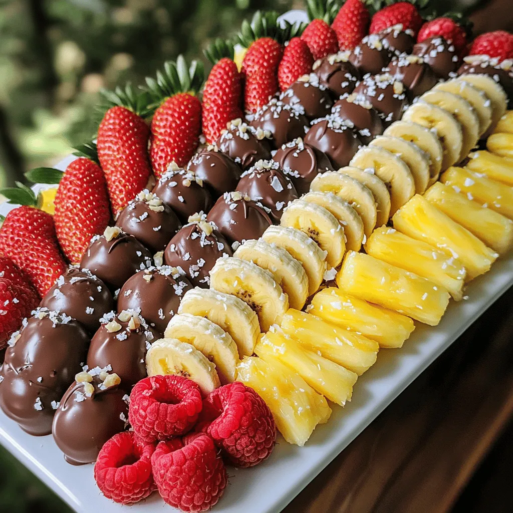 Für schokoladengedecktes Obst braucht man frische Früchte und Schokolade. Hier sind die Zutaten, die Sie benötigen: - 1 Tasse Erdbeeren, gewaschen und getrocknet - 1 Tasse Bananenscheiben (ca. 2 mittelgroße Bananen) - 1 Tasse Ananasstücke (frisch oder aus der Dose, gut abgetropft) - 1 Tasse Himbeeren, gewaschen und getrocknet - 1 Tasse Zartbitterschokoladenstückchen (oder Vollmilchschokolade, je nach Vorliebe) - 1 Esslöffel Kokosöl - Meersalz zum Bestreuen (optional) - Gehackte Nüsse oder geraspelte Kokosnuss zur Garnitur (optional) Frische Früchte machen einen großen Unterschied. Wählen Sie reife, saftige Früchte. Achten Sie auf: - Erdbeeren: Sie sollten rot und fest sein. Vermeiden Sie matschige Erdbeeren. - Bananen: Wählen Sie Bananen, die leicht gelb sind. Zu reife Bananen sind nicht ideal. - Ananas: Frische Ananas hat einen süßen Duft. Die Stücke sollten immer gut abgetropft sein. - Himbeeren: Diese Früchte sollten tiefrot und prall sein. Die richtige Schokolade ist wichtig für den Geschmack. Hier sind einige Tipps: - Zartbitter oder Vollmilch: Beide sind lecker. Wählen Sie nach Ihrem Geschmack. - Qualität: Investieren Sie in hochwertige Schokolade. Sie wird besser schmelzen. - Kokosöl: Dieses Öl hilft der Schokolade, geschmeidig zu bleiben. Kaufen Sie natives Kokosöl für besten Geschmack. Mit diesen Zutaten und Tipps können Sie ganz einfach schokoladengedecktes Obst zubereiten. Folgen Sie dem Full Recipe für eine schmackhafte Erfahrung! Zuerst waschen Sie die Früchte gut. Trocknen Sie sie dann mit einem Tuch. Verwenden Sie frische Erdbeeren, Bananen, Ananas und Himbeeren. Schneiden Sie die Bananen in Scheiben. Wenn Sie Ananas verwenden, schneiden Sie sie in mundgerechte Stücke. Legen Sie die Früchte auf ein Backblech mit Backpapier. So bleibt das Obst beim Eintauchen an seinem Platz. Für die Schokolade nehmen Sie Zartbitterschokoladenstückchen. Geben Sie die Stückchen in eine mikrowellengeeignete Schüssel. Fügen Sie einen Esslöffel Kokosöl hinzu. Schmelzen Sie die Mischung in der Mikrowelle. Machen Sie das in 30-Sekunden-Intervallen. Rühren Sie zwischendurch um. Achten Sie darauf, dass die Schokolade glatt wird. Jetzt kommt der spaßige Teil! Nehmen Sie ein Stück Obst und tauchen Sie es in die geschmolzene Schokolade. Nutzen Sie eine Gabel oder einen Spieß dafür. Lassen Sie überschüssige Schokolade zurück in die Schüssel tropfen. Legen Sie das getunkte Obst sofort auf das Backblech. Wenn Sie möchten, können Sie jetzt Meersalz oder Nüsse darüber streuen. Stellen Sie das Blech für 30 Minuten in den Kühlschrank. So wird die Schokolade hart. Danach sind Ihre schokoladengedeckten Früchte bereit zum Genießen! Für alle Details, schauen Sie sich das Full Recipe an. Ein häufiges Problem beim Eintauchen von Obst in Schokolade ist, dass die Schokolade nicht gut haftet. Um dies zu vermeiden, stelle sicher, dass das Obst vollständig trocken ist. Wasser kann die Schokolade klumpig machen. Wenn du gefrorenes Obst verwendest, lasse es zuerst auftauen und trockne es gut ab. Achte auch darauf, die Schokolade nicht zu überhitzen. Zu hohe Temperaturen können die Textur und den Geschmack der Schokolade ruinieren. Um das Obst leicht in die Schokolade zu tauchen, benutze eine Gabel oder einen Spieß. Halte das Stück Obst an einem Ende fest und tauche es bis zur Mitte in die Schokolade. Drehe das Obst leicht, um eine gleichmäßige Schicht zu erhalten. Lasse überschüssige Schokolade abtropfen, bevor du das Obst auf das Backpapier legst. Dies sorgt für ein glattes Finish und verhindert, dass die Schokolade tropft. Das Temperieren von Schokolade gibt ihr einen schönen Glanz und eine knackige Textur. Du temperierst Schokolade, indem du sie auf eine bestimmte Temperatur erhitzt und dann abkühlst. Schmelze die Schokolade auf 45-50 Grad Celsius. Rühre sie gut um und lasse sie dann auf etwa 27 Grad Celsius abkühlen. Danach erwärmst du sie erneut auf 31-32 Grad Celsius. So bleibt die Schokolade fest, wenn sie abkühlt. Diese Technik ist besonders wichtig, wenn du die Schokolade für besondere Anlässe verwendest. {{image_4}} Wenn es um schokoladengedecktes Obst geht, gibt es viele leckere Optionen. Neben den klassischen Erdbeeren und Bananen können Sie auch andere Früchte verwenden. Probieren Sie zum Beispiel: - Trauben, die knackig und süß sind. - Apfelscheiben, die frisch und knackig sind. - Orangenstücke, die eine saftige Note bringen. - Kiwi, die eine schöne grüne Farbe hat. Jede Frucht hat ihren eigenen Geschmack. Experimentieren Sie mit verschiedenen Sorten, um Ihre Lieblingskombination zu finden. Die Schokolade macht den Unterschied. Sie können verschiedene Schokoladensorten verwenden, um neue Geschmäcker zu entdecken: - Zartbitter für einen tiefen, reichen Geschmack. - Vollmilch für eine süße und cremige Note. - Weiße Schokolade für eine süße und milde Variante. Mischen Sie auch verschiedene Schokoladensorten. Zum Beispiel, kombinieren Sie Zartbitter und weiße Schokolade. Das ergibt einen tollen Kontrast und sieht auch hübsch aus. Um das schokoladengedeckte Obst noch interessanter zu machen, fügen Sie Toppings hinzu. Hier sind ein paar Ideen: - Gehackte Nüsse für einen knusprigen Biss. - Geraspelte Kokosnuss für einen tropischen Flair. - Zimt oder Chili für eine besondere Würze. Sie können auch Aromen hinzufügen. Ein Spritzer Vanilleextrakt oder ein Hauch von Orangen- oder Zitronenschale kann die Schokolade aufpeppen. Seien Sie kreativ und lassen Sie Ihrer Fantasie freien Lauf! Für die vollständige Anleitung können Sie das [Full Recipe] nutzen. Um schokoladengedecktes Obst frisch zu halten, lagern Sie es im Kühlschrank. Verwenden Sie einen luftdichten Behälter, um Feuchtigkeit zu vermeiden. Dies schützt die Schokolade vor dem Schmelzen und bewahrt die Frische des Obstes. Bei Raumtemperatur kann das Obst schnell weich werden. Schokoladendiptes Obst bleibt im Kühlschrank etwa drei bis vier Tage frisch. Nach dieser Zeit kann die Schokolade anfangen, ihre Textur zu verändern. Das Obst selbst kann auch weich und ungenießbar werden. Es ist am besten, es innerhalb von zwei Tagen zu genießen. Wenn Sie Reste haben, können Sie diese in einen Smoothie geben. Mischen Sie das Obst mit Joghurt oder Milch für einen leckeren Snack. Alternativ können Sie die Schokolade schmelzen und als Dip für andere Snacks verwenden. So verschwenden Sie nichts und genießen weiterhin die leckeren Aromen. Schokoladendiptes Obst bleibt in der Regel 2 bis 3 Tage frisch. Lagern Sie es im Kühlschrank. Achten Sie darauf, dass die Früchte gut abgedeckt sind. So bleibt die Schokolade knusprig und das Obst saftig. Ja, Sie können auch andere Süßigkeiten verwenden. Probieren Sie Joghurt oder weiße Schokolade aus. Diese Optionen bringen neue Geschmäcker. Sie können auch Karamell oder Nussbutter verwenden. Diese Varianten sind lecker und bieten Abwechslung. Ja, einige Tricks helfen beim Eintauchen. Nutzen Sie eine Gabel oder einen Spieß, um das Obst zu halten. Tauchen Sie das Obst langsam in die Schokolade. Lassen Sie überschüssige Schokolade abtropfen. Das sorgt für gleichmäßige Schichten. Ein weiterer Tipp ist, das Obst vor dem Eintauchen gut zu trocknen. So haftet die Schokolade besser. Für das ganze Rezept schauen Sie bitte [Full Recipe]. Diese Anleitung hat dir gezeigt, wie du leckeres Obst in Schokolade tauchst. Wir haben die besten Zutaten gewählt und Tipps für den Schokoladekauf gegeben. Ich habe dir Schritte zur Zubereitung und Tricks für das perfekte Eintauchen gezeigt. Variationen und Lagerungshinweise helfen dir, das Beste aus deinem Snack herauszuholen. Schokoladendiptes Obst ist einfach und lecker. Probiere es aus und genieße das Ergebnis!