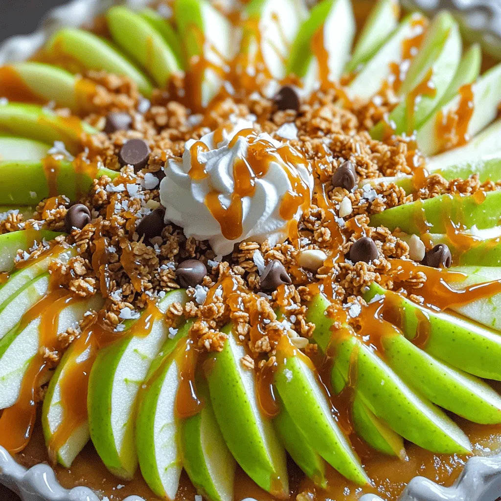 Für die Karamell-Apfel-Nachos braucht man einige einfache Zutaten. Diese machen das Gericht lecker und bunt. Hier sind die Hauptzutaten: - 3 große Äpfel (Granny Smith oder Honeycrisp), entkernt und in dünne Scheiben geschnitten - 1 Tasse Granola (nach Wahl, empfohlen wird Honig- oder Zimtgeschmack) - 1/2 Tasse Karamellsauce (kaufbereit oder selbstgemacht) - 1/4 Tasse Mini-Schokoladenstückchen - 1/4 Tasse gehackte Nüsse (z. B. Pekannüsse, Walnüsse oder Mandeln) - 1/4 Tasse geraspelter Kokosnuss (optional) - Schlagsahne zum Beträufeln (optional) - Meersalz zum Garnieren Diese Zutaten sorgen für den perfekten Mix aus Süße, Knusprigkeit und Frische. Manchmal möchte man die Nachos anpassen. Hier sind einige Alternativen, die du ausprobieren kannst: - Tausche die Äpfel gegen Birnen oder Bananen aus. - Verwende andere Nüsse wie Mandeln oder Pistazien. - Füge getrocknete Früchte wie Cranberries oder Rosinen hinzu. - Du kannst auch verschiedene Sorten von Granola nutzen, um den Geschmack zu variieren. So kannst du deine Karamell-Apfel-Nachos ganz nach deinem Geschmack gestalten. Die Wahl der Äpfel ist wichtig. Achte darauf, frische Äpfel auszuwählen. Hier sind einige Tipps: - Wähle knackige Äpfel, da sie besser im Geschmack sind. - Granny Smith Äpfel sind sauer und passen gut zu Karamell. - Honeycrisp Äpfel sind süß und saftig, perfekt für eine süße Note. - Achte auf eine gleichmäßige Farbe und keine Druckstellen. Mit diesen Tipps findest du die besten Äpfel für deine Karamell-Apfel-Nachos. Sie machen das Gericht noch köstlicher! Zuerst bereiten wir die Äpfel vor. Du brauchst 3 große Äpfel. Granny Smith oder Honeycrisp sind perfekt. Entferne die Kerne und schneide die Äpfel in dünne Scheiben. Dünne Scheiben machen das Essen einfacher und schöner. Lege die Apfelscheiben ansprechend auf einem großen Teller oder Servierbrett. Fächer die Scheiben an, damit sie toll aussehen. Jetzt kommt der spaßige Teil: das Zusammenstellen der Nachos. Träufle die Hälfte der Karamellsauce über die Apfelscheiben. So wird jeder Bissen süß und lecker. Streue dann das Granola großzügig darüber. Es gibt eine knusprige Textur und macht die Nachos aufregend. Jetzt sind die Mini-Schokoladenstückchen und die gehackten Nüsse dran. Verteile sie gleichmäßig für einen tollen Geschmack. Wenn du magst, füge die geraspelte Kokosnuss hinzu. Diese gibt einen besonderen Kick. Jetzt ist es Zeit für die Präsentation! Träufle die restliche Karamellsauce über die ganze Platte. Wenn du willst, füge einen Schuss Schlagsahne hinzu. Das sieht nicht nur gut aus, sondern schmeckt auch super. Bestreue die Nachos leicht mit einem Hauch von Meersalz. Das gibt einen spannenden Kontrast zwischen süß und salzig. Serviere die Karamell-Apfel-Nachos sofort für den besten Genuss. Du kannst auch extra Karamellsauce und Schlagsahne zum Dippen anbieten. Jetzt hast du ein tolles Rezept für jeden Anlass! Für das vollständige Rezept schaue bitte hier: [Full Recipe]. Die Karamellsauce ist das Herzstück dieser Nachos. Sie können sie einfach anpassen. Fügen Sie eine Prise Zimt für mehr Wärme hinzu. Wenn Sie es schokoladig mögen, mischen Sie etwas Kakao ein. Für einen Hauch von Salz können Sie Meersalz direkt in die Sauce geben. So erhalten Sie einen tollen süß-salzigen Geschmack. Die Toppings machen die Karamell-Apfel-Nachos noch spannender. Hier sind einige Ideen: - Frische Früchte: Bananen oder Beeren bringen Farbe und Frische. - Joghurt: Ein Klecks griechischer Joghurt sorgt für Cremigkeit. - Nüsse: Probieren Sie Mandeln oder Pekannüsse für mehr Crunch. - Süßigkeiten: Mini-M&Ms oder Keksstückchen machen es süßer und bunter. Die Präsentation ist wichtig. Nutzen Sie einen großen Teller oder ein hübsches Holzbrett. Ordnen Sie die Apfelscheiben fächerförmig an. Träufeln Sie die Karamellsauce gleichmäßig darauf. Streuen Sie die Toppings gleichmäßig über die Nachos. Ein Hauch von Meersalz oben drauf macht es perfekt. Servieren Sie die Karamell-Apfel-Nachos sofort für den besten Genuss. Für einen besonderen Touch können Sie die Nachos mit Schlagsahne und mehr Karamellsauce anrichten. Wenn Sie neugierig sind, finden Sie die vollständige Rezeptanleitung für Karamellisierte Apfel-Nachos im Artikel. {{image_4}} Karamell-Apfel-Nachos sind lecker, aber manchmal möchten wir gesünder genießen. Hier sind einige einfache Alternativen: - Griechischer Joghurt: Statt Schlagsahne verwenden Sie griechischen Joghurt. Er ist proteinreich und cremig. - Nüsse: Ersetzen Sie die Mini-Schokoladenstückchen durch Nüsse. Mandeln oder Walnüsse fügen gesunde Fette hinzu. - Fruchtige Toppings: Fügen Sie frische Beeren oder Bananenscheiben hinzu. Das bringt mehr Vitamine in den Snack. Diese Alternativen machen die Nachos nahrhafter, ohne den Geschmack zu verlieren. Ein bisschen Kreativität bringt viel Freude. Hier sind einige tolle Geschmacksvariationen: - Zimt: Streuen Sie Zimt über die Äpfel vor dem Karamell. Er gibt einen warmen, süßen Geschmack. - Kakao-Pulver: Für einen schokoladigen Kick können Sie ungesüßtes Kakao-Pulver verwenden. Es macht die Nachos noch schokoladiger. - Kokosnuss: Geraspelte Kokosnuss bringt einen tropischen Geschmack und eine schöne Textur. Diese Variationen machen Ihre Karamell-Apfel-Nachos besonders und einzigartig. Wenn Sie vegan essen möchten, gibt es einfache Anpassungen: - Karamellsauce: Verwenden Sie eine vegane Karamellsauce. Diese ist oft auf Datteln oder Kokosnussbasis. - Schokoladenstückchen: Achten Sie auf vegane Schokoladenstückchen. Viele Marken bieten leckere, pflanzliche Alternativen. - Nuss- oder Sojajoghurt: Nutzen Sie Nuss- oder Sojajoghurt anstelle von Schlagsahne. Dies bleibt cremig und lecker. Mit diesen veganen Optionen sind Ihre Karamell-Apfel-Nachos für jeden geeignet. Entdecken Sie die verschiedenen Möglichkeiten und machen Sie das Rezept zu Ihrem eigenen! Die Karamell-Apfel-Nachos sind am besten frisch. Wenn du Reste hast, bewahre sie in einem luftdichten Behälter auf. Lege ein Stück Backpapier zwischen die Schichten, damit sie nicht zusammenkleben. So bleibt die Textur besser. Stelle die Nachos in den Kühlschrank. Sie halten sich so für etwa einen Tag. Äpfel sind frisch am besten. Sie bleiben im Kühlschrank etwa eine Woche lang gut. Granola kann bis zu einem Monat halten, wenn du es trocken und kühl lagerst. Karamellsauce hält sich im Kühlschrank bis zu zwei Wochen. Achte darauf, sie in einem verschlossenen Glas aufzubewahren. Nüsse und Schokolade sind ebenfalls lange haltbar. Lagere sie an einem kühlen, trockenen Ort. Wenn du Zutaten übrig hast, sei kreativ! Verwende die Karamellsauce als Topping für Eis. Granola passt gut in Joghurt oder auf Frühstücksflocken. Äpfel kannst du in Salate oder Smoothies einarbeiten. Nüsse und Schokolade sind perfekte Snacks für zwischendurch. So vermeidest du Lebensmittelverschwendung und schaffst neue, leckere Gerichte! Die Karamell-Apfel-Nachos ergeben 4 bis 6 Portionen. Diese Menge reicht perfekt für eine kleine Versammlung oder einen Filmabend zu Hause. Wenn du mehr Gäste hast, kannst du die Zutaten ganz einfach verdoppeln. So hast du genug für alle. Ja, du kannst die Karamellsauce selbst machen. Es ist einfach und macht Spaß! Du brauchst Zucker, Butter und Sahne. Erhitze den Zucker in einer Pfanne, bis er schmilzt. Füge dann die Butter hinzu und rühre gut um. Nach dem Schmelzen der Butter, gieße die Sahne langsam hinein. Rühre weiter, bis die Sauce glatt ist. Lass sie abkühlen, bevor du sie über die Nachos gießt. Wenn du mehr Details benötigst, schau dir die [Full Recipe] an. Du kannst viele andere Früchte verwenden. Birnen, Bananen oder Beeren passen gut dazu. Diese Früchte bringen neue Geschmäcker und Farben in dein Gericht. Du kannst auch tropische Früchte wie Ananas oder Mango ausprobieren. Das macht die Karamell-Apfel-Nachos noch spannender. Karamellisierte Apfel-Nachos sind ein toller Snack. Wir haben die besten Zutaten und die Schritt-für-Schritt-Anleitung behandelt. Sie können die Nachos nach Ihrem Geschmack anpassen. Gesunde Alternativen und Lagerungstipps helfen, auch Reste zu nutzen. Experimentieren Sie mit verschiedenen Früchten und Toppings. Genießen Sie ein einfaches, süßes Gericht, das Freude bringt!