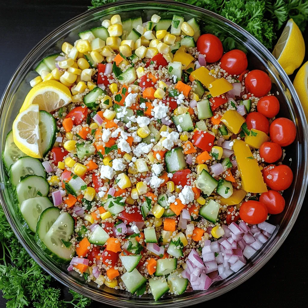 Für einen leckeren Gemüse-Quinoa-Salat brauchst du frische und gesunde Zutaten. Hier ist, was du benötigst: - 1 Tasse Quinoa, gut abgespült - 2 Tassen Gemüsebrühe oder Wasser - 1 Tasse Kirschtomaten, halbiert - 1 Salatgurke, gewürfelt - 1 rote Paprika, gewürfelt - 1 Tasse Mais (frisch oder aufgetaut, wenn gefroren) - 1 Karotte, gerieben - ½ Tasse rote Zwiebel, fein gehackt - ½ Tasse frische Petersilie, gehackt Diese Zutaten bilden die Basis für deinen Salat. Quinoa ist ein tolles Getreide, das viel Protein bietet. Es macht den Salat nahrhaft und sättigend. Du kannst den Salat nach deinem Geschmack anpassen. Hier sind ein paar leckere Ideen: - 3 Esslöffel Olivenöl - 2 Esslöffel Zitronensaft - 1 Teelöffel Honig oder Ahornsirup - Salz und Pfeffer nach Geschmack - Optional: ¼ Tasse Feta-Käse, zerbröselt (zum Bestreuen) Das Dressing bringt den Salat zum Leben. Feta-Käse fügt einen salzigen Geschmack hinzu. Du kannst auch andere Käsesorten oder Nüsse verwenden. Einige Küchenwerkzeuge machen die Zubereitung einfacher. Hier sind die wichtigsten: - Ein mittelgroßer Topf zum Kochen der Quinoa - Eine große Rührschüssel für den Salat - Ein scharfes Messer zum Schneiden des Gemüses - Eine Reibe für die Karotte - Ein Messbecher und Esslöffel für die genauen Mengen Diese Werkzeuge helfen dir, den Salat schnell und einfach zuzubereiten. Mit der richtigen Ausrüstung macht das Kochen mehr Spaß. Wenn du alles bereit hast, kannst du direkt mit dem Full Recipe beginnen. Um Quinoa perfekt zu kochen, bringe zwei Tassen Gemüsebrühe oder Wasser in einem Topf zum Kochen. Füge dann eine Tasse gut abgespülte Quinoa hinzu. Reduziere die Hitze, decke den Topf ab und lasse alles 15 Minuten köcheln. Achte darauf, dass die Quinoa fluffig ist und das Wasser aufgesogen ist. Nach dem Kochen lockere die Quinoa mit einer Gabel und lasse sie abkühlen. Während die Quinoa abkühlt, bereite das Gemüse vor. Halbiere eine Tasse Kirschtomaten. Würfle eine Salatgurke und eine rote Paprika. Reibe eine Karotte und hacke eine halbe Tasse rote Zwiebel fein. Wenn du gefrorenen Mais verwendest, lasse ihn abtropfen. Achte darauf, dass die Stücke gleichmäßig sind, damit sie gut im Salat verteilt werden. Für das Dressing mische in einer kleinen Schüssel drei Esslöffel Olivenöl, zwei Esslöffel Zitronensaft, einen Teelöffel Honig oder Ahornsirup, sowie Salz und Pfeffer. Verquirle alles gut, bis es gut vermischt ist. In einer großen Schüssel kombiniere die abgekühlte Quinoa, das geschnittene Gemüse, die geriebene Karotte, den Mais und die gehackte Petersilie. Gieße das Dressing über die Mischung und vermenge alles vorsichtig, bis alles gut verteilt ist. - Zubereitungszeit: 20 Minuten - Gesamtzeit: 20 Minuten - Portionen: 4-6 Lass den Salat für besten Geschmack mindestens 30 Minuten im Kühlschrank ziehen. Serviere ihn in einer großen Glasschüssel, um die Farben zu zeigen. Optional kannst du Feta-Käse darüber streuen. Um deinen Quinoa-Salat frisch zu halten, bewahre ihn in einem luftdichten Behälter auf. Kühle ihn im Kühlschrank. So bleibt er knackig und lecker. Du kannst den Salat bis zu drei Tage aufbewahren. Achte darauf, das Dressing separat aufzubewahren. Mische es erst kurz vor dem Servieren unter. Das hält die Zutaten frisch und verhindert matschiges Gemüse. Um die Aromen in deinem Salat zu verstärken, füge frische Kräuter hinzu. Petersilie, Basilikum oder Minze geben einen tollen Geschmack. Auch ein Spritzer Limettensaft kann die Frische steigern. Wenn du mehr Tiefe möchtest, probiere geröstete Nüsse oder Samen. Sie bringen nicht nur Geschmack, sondern auch eine knusprige Textur. Ein wenig Feta-Käse sorgt für eine cremige Note. Experimentiere mit verschiedenen Kombinationen, um deinen perfekten Salat zu finden. Die Präsentation ist wichtig. Serviere deinen Salat in einer großen Glasschüssel. So kannst du die bunten Farben zeigen. Garniere den Salat mit frischen Kräutern und Zitronenschnitzen. Das sieht nicht nur schön aus, es macht den Salat auch einladend. Du kannst auch die Zutaten schichten, um einen schönen Effekt zu erzielen. Denke daran, den Salat vor dem Servieren gut zu mischen. So sind alle Aromen gleichmäßig verteilt. Für die besten Ergebnisse folge der Anleitung im Full Recipe. {{image_4}} Um deinen Gemüse-Quinoa-Salat noch nahrhafter zu machen, füge proteinreiche Zutaten hinzu. Hier sind einige tolle Optionen: - Kichererbsen: Sie sind eine großartige pflanzliche Proteinquelle. Spüle sie ab und mische sie einfach unter den Salat. - Gegrilltes Hähnchen: In Streifen geschnittenes Hähnchen gibt dem Salat einen herzhaften Geschmack. - Tofu: Marinierten Tofu in Würfeln macht deinen Salat besonders lecker und proteinreich. - Nüsse oder Samen: Mandeln, Sonnenblumenkerne oder Kürbiskerne fügen Knusprigkeit und Eiweiß hinzu. Diese Ergänzungen machen deinen Salat nicht nur sättigender, sondern auch bunter und schmackhafter. Der Gemüse-Quinoa-Salat ist von Natur aus vegetarisch. Um ihn vegan zu machen, lasse die optionalen Zutaten wie Feta-Käse weg. Stattdessen kannst du folgende Optionen verwenden: - Avocado: Sie bringt Cremigkeit und gesunde Fette. Schneide sie in Würfel und füge sie hinzu. - Veganer Käse: Es gibt viele leckere Sorten, die gut zu deinem Salat passen. - Hülsenfrüchte: Du kannst auch schwarze Bohnen oder Linsen für extra Eiweiß verwenden. Diese Optionen sorgen dafür, dass dein Salat weiterhin reichhaltig und schmackhaft bleibt. Je nach Saison kannst du verschiedene Gemüsesorten verwenden. Hier sind einige Ideen, um deinen Salat frisch und spannend zu halten: - Frühling: Verwende Spargel oder Radieschen für einen knackigen Biss. - Sommer: Füge Zucchini oder Paprika hinzu, wenn sie frisch und saftig sind. - Herbst: Kürbis oder Rote Beete bringen eine süße Note in deinen Salat. - Winter: Grünkohl oder Wirsing sind nahrhaft und halten gut. Diese saisonalen Alternativen geben deinem Salat eine neue Dimension und machen ihn immer interessant. Um deinen Gemüse-Quinoa-Salat frisch zu halten, bewahre ihn in einem luftdichten Behälter auf. Stelle sicher, dass der Salat gut abgekühlt ist, bevor du ihn in den Kühlschrank stellst. So bleibt der Salat knackig. Wenn du Feta-Käse oder andere Toppings verwendest, füge diese erst kurz vor dem Servieren hinzu. Das hält alles frisch und lecker. Der Salat schmeckt am besten, wenn du ihn nach etwa 30 Minuten im Kühlschrank ziehst. So können die Aromen gut miteinander verschmelzen. Du kannst ihn aber auch einen Tag im Voraus zubereiten. Beachte, dass die knackigen Gemüsestücke nach ein paar Tagen weicher werden. Der Salat ist bis zu drei Tage im Kühlschrank haltbar. Einfrieren ist für den Salat nicht ideal. Das Gemüse kann beim Auftauen matschig werden. Wenn du jedoch Quinoa übrig hast, kannst du sie bis zu drei Monate im Gefrierfach aufbewahren. Um die Quinoa aufzutauen, lasse sie einfach über Nacht im Kühlschrank oder erwärme sie kurz in der Mikrowelle. So bleibt sie locker und lecker. Für den besten Geschmack bereite das Gemüse frisch zu. Der Gemüse-Quinoa-Salat bleibt im Kühlschrank etwa drei bis fünf Tage frisch. Das hängt auch von der Frische der Zutaten ab. Achte darauf, ihn in einem luftdichten Behälter aufzubewahren. So bleibt er länger knackig und schmackhaft. Ja, du kannst das Rezept nach deinem Geschmack anpassen. Füge dein Lieblingsgemüse hinzu oder tausche Zutaten aus. Wenn du Avocado magst, passt sie perfekt dazu. Auch Hülsenfrüchte wie Kichererbsen sind eine gute Ergänzung. Lass deiner Kreativität freien Lauf! Neben dem klassischen Olivenöl-Zitronen-Dressing kannst du auch Joghurt-Dressing verwenden. Ein Balsamico-Dressing bringt eine süß-saure Note. Experimentiere mit verschiedenen Kräutern und Gewürzen für mehr Geschmack. Ja, dieser Salat ist glutenfrei, solange du glutenfreie Quinoa verwendest. Quinoa ist von Natur aus glutenfrei. Achte bei anderen Zutaten darauf, dass sie auch kein Gluten enthalten. So kannst du diesen leckeren Salat ohne Sorgen genießen. Ein Gemüse-Quinoa-Salat ist einfach, gesund und vielseitig. Wir haben die Hauptzutaten sowie optionale Toppings und nützliche Küchengeräte besprochen. Die Schritt-für-Schritt-Anleitung hilft dir beim Kochen und Mixen. Tipps zur Frische und Aromensteigerung machen deinen Salat besonders. Variationen wie proteinreiche Ergänzungen oder saisonale Gemüseoptionen verleihen Vielfalt. Denke daran, den Salat richtig aufzubewahren. Du kannst ihn anpassen und nach Belieben genießen. Erlebe die leckeren Möglichkeiten, die dieser Salat bietet!
