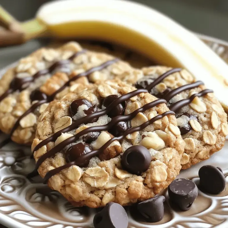 - 1 Tasse Haferflocken - 1 reife Banane, zerdrückt - 1/2 Tasse Mandelbutter (oder Nussbutter) Die Hauptzutaten für die Schmackhaften Chocolate Chip Banana Oatmeal Cookies sind einfach und gesund. Haferflocken geben den Keksen eine gute Struktur. Die zerdrückte Banane sorgt für Süße und Feuchtigkeit. Mandelbutter bringt gesunde Fette und einen leckeren Geschmack. Du kannst auch andere Nussbutter verwenden, wenn du magst. - 1/4 Tasse Honig oder Ahornsirup - 1/2 Teelöffel Vanilleextrakt Für den süßen Kick nutzen wir Honig oder Ahornsirup. Beide sind natürliche Süßungsmittel. Sie geben dem Keks nicht nur Süße, sondern auch Geschmack. Vanilleextrakt rundet das Ganze ab. Es macht die Kekse noch schmackhafter und einladender. - 1/2 Teelöffel Backpulver - 1/4 Teelöffel Salz - 1/2 Tasse Zartbitterschokoladenstückchen - 1/4 Tasse gehackte Walnüsse (optional) Backpulver hilft den Keksen, schön aufzugehen. Ein kleines bisschen Salz bringt die Aromen zum Leuchten. Zartbitterschokoladenstückchen sind der Höhepunkt. Sie schmelzen beim Backen und machen jeden Bissen süß. Die gehackten Walnüsse sind optional, aber sie fügen einen tollen Crunch hinzu. Für die vollständige Zubereitung schau dir das [Full Recipe] an. - Ofen vorheizen auf 175°C (350°F) - Backblech mit Backpapier auslegen Zuerst heizen Sie den Ofen vor. Dies sorgt dafür, dass die Kekse gleichmäßig backen. Legen Sie ein Backblech mit Backpapier aus. So kleben die Kekse nicht fest. - Feuchte Zutaten vermengen - Trockene Zutaten hinzufügen In einer großen Schüssel vermengen Sie die zerdrückte Banane, Mandelbutter, Honig und Vanilleextrakt. Rühren Sie alles gut um, bis die Mischung cremig ist. In einer anderen Schüssel mischen Sie die Haferflocken, Backpulver und Salz. Fügen Sie dann die trockenen Zutaten zur feuchten Mischung hinzu. Rühren Sie vorsichtig, bis alles gut vermischt ist. - Teig portionieren - Kekse im Ofen backen Jetzt kommt der spaßige Teil. Verwenden Sie einen Esslöffel oder einen Eiskugelspender, um kleine Portionen des Teigs auf das Backblech zu setzen. Lassen Sie etwa 5 cm Abstand zwischen den Portionen. Drücken Sie jede Portion leicht flach. So laufen die Kekse beim Backen nicht auseinander. Backen Sie die Kekse im vorgeheizten Ofen für 10-12 Minuten. Sie sind fertig, wenn die Ränder leicht goldbraun sind. Lassen Sie die Kekse etwas abkühlen, bevor Sie sie auf ein Kuchengitter legen. Für das vollständige Rezept schauen Sie sich die Übersicht an. Um die besten Chocolate Chip Banana Oatmeal Cookies zu machen, ist das richtige Verhältnis der Zutaten entscheidend. Die Banane ist die Hauptzutat, die für die Feuchtigkeit sorgt. Wenn Sie eine sehr reife Banane nehmen, wird der Cookie besonders weich und lecker. Achten Sie darauf, die Banane gut zu zerdrücken. So wird sie leicht in den Teig eingearbeitet. Beim Backen ist der Abstand zwischen den Keksen wichtig. Ich empfehle, mindestens fünf Zentimeter zwischen den Portionen zu lassen. So können die Kekse gleichmäßig aufgehen. Die Backzeit sollte genau beachtet werden. Überprüfen Sie die Kekse nach etwa zehn Minuten. Sie sind fertig, wenn die Ränder leicht goldbraun sind. Für eine ansprechende Präsentation können Sie die Kekse auf einem schönen Teller anrichten. Garnieren Sie sie mit frischen Bananenscheiben und einem Schuss geschmolzener Zartbitterschokolade. Diese Dekoration macht die Kekse noch verlockender. Kombinieren Sie die Kekse mit einem Glas kalter Milch oder einem heißen Kaffee. Das passt perfekt zu ihrem süßen Geschmack. Wenn Sie mehr Ideen suchen, schauen Sie sich auch das [Full Recipe] an! {{image_4}} Für mehr Geschmack können Sie Trockenfrüchte hinzufügen. Ich mag Cranberries oder Rosinen. Diese geben den Keksen eine süße Note und einen schönen Biss. Falls Sie eine andere Nussbutter verwenden möchten, probieren Sie Erdnussbutter oder Cashewbutter. Jedes Mal, wenn ich das mache, wird der Geschmack toll! Wenn Sie glutenfrei sind, nutzen Sie glutenfreie Haferflocken. Diese sind einfach zu finden und schmecken gleich gut. Für vegane Alternativen können Sie den Honig durch Ahornsirup ersetzen. So bleiben die Kekse vegan und lecker. Ein Hauch von Zimt oder Muskatnuss kann die Kekse aufpeppen. Diese Gewürze bringen Wärme und Tiefe. Wenn Sie dunkle Schokoladenstücke statt Zartbitter verwenden, wird es intensiver und weniger süß. Das macht die Kekse noch schokoladiger und köstlicher! Um die Frische deiner Kekse zu bewahren, lagere sie in einem luftdichten Behälter. Das schützt sie vor Feuchtigkeit und hält sie weich. Am besten bleiben sie in der Küche bei Raumtemperatur. Wenn du die Kekse richtig lagerst, bleiben sie bis zu einer Woche frisch. Für eine längere Lagerung kannst du die Kekse im Kühlschrank aufbewahren. So bleiben sie bis zu zwei Wochen genießbar. Achte darauf, sie gut zu verpacken, um den Geschmack zu bewahren. Das Einfrieren der Keksportionen ist einfach und praktisch. Lege die ungebackenen Keksportionen auf ein Backblech und friere sie ein, bis sie fest sind. Dann packe sie in einen Gefrierbeutel oder einen luftdichten Behälter. So hast du immer einen schnellen Snack zur Hand. Um die Kekse aufzutauen, lasse sie einfach bei Raumtemperatur stehen. Du kannst sie auch kurz in die Mikrowelle legen. So werden sie schnell wieder warm und lecker. Wenn du die Kekse richtig einfrierst und auftaut, bleiben sie fast so frisch wie am ersten Tag. Um die Kekse weicher zu machen, können Sie die Backzeit anpassen. Backen Sie die Kekse nur 8-10 Minuten. Überprüfen Sie die Ränder. Sie sollten leicht goldbraun sein. Wenn die Kekse zu lange backen, werden sie härter. Sie können auch mehr Banane oder Apfelmus hinzufügen. Diese Zutaten geben mehr Feuchtigkeit. Ja, Sie können die Banane ersetzen. Apfelmus ist eine gute Wahl. Es hat eine ähnliche Konsistenz und bringt auch Süße. Sie können auch Kürbispüree verwenden. Es gibt den Keksen einen anderen Geschmack. Aber denken Sie daran, dass sich die Textur ändern kann. Experimentieren Sie und finden Sie Ihre Lieblingsalternative. Das Rezept ergibt etwa 12 Kekse. Die Größe der Kekse kann variieren. Wenn Sie größere Kekse machen, erhalten Sie weniger. Verwenden Sie einen Esslöffel oder einen Eiskugelspender, um die Portionen gleichmäßig zu halten. So sehen Ihre Kekse gut aus und sind gleichmäßig gebacken. Ja, diese Kekse sind gesund. Sie enthalten Haferflocken, die Ballaststoffe bieten. Die Banane gibt natürliches Süßungsmittel und Vitamine. Mandelbutter bringt gesunde Fette mit. Diese Kekse sind eine gute Snack-Option. Sie sind nährstoffreich und sättigend. Ideal für den kleinen Hunger zwischendurch. Für die vollständige Rezeptanleitung, schauen Sie sich das Full Recipe an. Die Kekse sind einfach zuzubereiten und gesund. Wir haben die Hauptzutaten wie Haferflocken und Banane genutzt. Die Anleitung zeigt dir, wie du den Teig richtig machst und die Kekse backst. Beachte die Tipps, um die perfekte Konsistenz zu erhalten. Du kannst variieren und anpassen, um deine eigenen Kreationen zu schaffen. Denke auch an die Lagerung, damit die Kekse frisch bleiben. So bist du immer bereit für einen leckeren Snack!