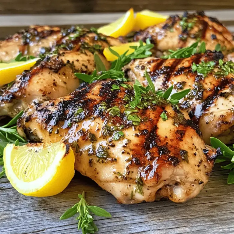 - Hähnchenbrustfilets - Olivenöl - Zitronensaft und -schale - Knoblauch - Frische Kräuter (Rosmarin, Thymian, Petersilie) - Salz und Pfeffer Für das perfekte Zitronen-Kräuter Gegrillte Hähnchen, brauchen Sie frische und einfache Zutaten. Die Hähnchenbrustfilets sollten zart und saftig sein. Olivenöl gibt Geschmack und hilft beim Grillen. Frischer Zitronensaft und die Schale bringen Frische. Knoblauch sorgt für einen tollen Duft und Geschmack. Frische Kräuter wie Rosmarin, Thymian und Petersilie machen das Gericht lebendig. Salz und Pfeffer sind die Basis für die Würze. Diese Zutaten sind leicht zu finden und machen das Kochen einfach. Mit den richtigen Zutaten können Sie ein köstliches und gesundes Gericht zubereiten. Für die vollständige Rezeptanleitung (Zitronen-Kräuter Gegrilltes Hähnchen ) folgen Sie einfach den Schritten in der Anleitung. Zuerst mische ich die Zutaten für die Marinade in einer großen Schüssel. Ich verwende: - 60 ml Olivenöl - 45 ml frischer Zitronensaft - 2 Teelöffel Zitronenschale - 4 Knoblauchzehen, fein gehackt - 1 Esslöffel frischer Rosmarin, gehackt - 1 Esslöffel frischer Thymian, gehackt - 1 Esslöffel frische Petersilie, gehackt - 1 Teelöffel Salz - 1/2 Teelöffel schwarzer Pfeffer Ich verrühre alles gut, bis die Marinade glatt ist. Dann lasse ich sie für mindestens 30 Minuten ziehen. So können die Aromen intensiver werden. Jetzt nehme ich die Hähnchenbrustfilets und lege sie in einen großen wiederverschließbaren Beutel oder eine flache Schüssel. Ich gieße die Marinade gleichmäßig über das Hähnchen und achte darauf, dass alle Stücke gut bedeckt sind. Der Beutel wird verschlossen oder die Schüssel abgedeckt. Ich lasse die Hähnchenstücke dann für mindestens 1 Stunde im Kühlschrank marinieren. Je länger, desto besser! Bevor ich grille, heize ich den Grill auf mittelhohe Hitze vor. Wenn ich eine Grillpfanne benutze, mache ich das auch auf dem Herd. Nach etwa 10 Minuten ist der Grill bereit. Ich nehme das Hähnchen aus der Marinade und lasse die überschüssige Marinade abtropfen. Ich lege das Hähnchen auf den Grill und grille es für etwa 6-7 Minuten auf einer Seite. Dann drehe ich es um und grille die andere Seite ebenfalls für 6-7 Minuten. Es ist wichtig, die Innentemperatur zu überprüfen. Das Hähnchen sollte mindestens 75 °C (165 °F) erreichen. Nach dem Grillen nehme ich das Hähnchen vom Grill und lasse es etwa 5 Minuten ruhen. So bleiben die Säfte im Hähnchen. Zum Servieren schneide ich das Hähnchen in Scheiben und garnieren es mit frischen Kräutern und Zitronenscheiben. Dies gibt dem Gericht eine schöne Note. Für das vollständige Rezept schaue dir die vollständige Rezeptanleitung (Zitronen-Kräuter Gegrilltes Hähnchen ) an. - Temperaturkontrolle: Halte die Grilltemperatur bei mittelhoher Hitze. So garst du das Hähnchen gleichmäßig. Zu hohe Hitze kann das Fleisch austrocknen. - Verwendung von Grillthermometern: Nutze ein Grillthermometer. Damit prüfst du die Innentemperatur. Sie sollte bei 75°C (165°F) liegen. So bleibt das Hähnchen saftig und zart. - Unterschiedliche Marinierzeiten: Marinieren ist wichtig. Längere Marinierzeiten geben mehr Geschmack. Ich empfehle, das Hähnchen mindestens 1 Stunde, besser 4 Stunden zu marinieren. - Verwendung von Zitrusfrüchten: Zitrusfrüchte machen die Marinade frisch. Sie helfen auch, das Hähnchen zart zu halten. Verwende frischen Zitronensaft und Schale für besten Geschmack. - Anrichten mit Kräutern und Beilagen: Platziere das Hähnchen hübsch auf dem Teller. Dekoriere es mit frischen Kräutern. Das Auge isst mit! - Servierideen: Serviere das Hähnchen mit Zitronenscheiben. Füge einen frischen Salat oder gegrilltes Gemüse hinzu. So wird das Gericht bunt und einladend. {{image_4}} Verwenden Sie verschiedene frische Kräuter, um die Aromen zu ändern. Basilikum, Oregano oder Dill passen gut. Sie können auch getrocknete Gewürzmischungen ausprobieren. Eine Mischung aus italienischen Kräutern oder Cajun-Gewürzen bringt eine neue Note. Experimentieren Sie mit dem, was Ihnen schmeckt. Servieren Sie das Hähnchen mit einem frischen Salat. Ein grüner Salat oder ein Tomatensalat harmonieren perfekt. Gegrilltes Gemüse ist auch eine gute Wahl. Für eine sättigende Beilage probieren Sie Reis oder Pasta. Ein Zitronenreis ergänzt die Aromen gut. Für eine vegetarische Option grillen Sie Tofu oder Gemüse. Marinieren Sie Zucchini, Paprika oder Auberginen in der gleichen Marinade. Diese Gemüse nehmen die Aromen gut auf. Sie können auch spezielle Marinaden für pflanzliche Optionen verwenden. Soja- oder Teriyaki-Saucen sind lecker und bringen viel Geschmack. Nach dem Grillen ist es wichtig, das Hähnchen richtig zu lagern. Lassen Sie das Hähnchen zuerst auf Raumtemperatur abkühlen. Dann wickeln Sie es fest in Frischhaltefolie oder Aluminiumfolie. Sie können das Hähnchen auch in einen luftdichten Behälter legen. So bleibt es frisch. Um das Hähnchen wieder aufzuwärmen, heizen Sie den Ofen auf 180°C vor. Legen Sie das Hähnchen auf ein Backblech und decken Sie es mit Folie ab. Erwärmen Sie es etwa 20 Minuten lang. Dies hilft, das Hähnchen saftig zu halten. Gegrilltes Hähnchen bleibt im Kühlschrank bis zu vier Tage frisch. Stellen Sie sicher, dass es gut verpackt ist. Wenn Sie das Hähnchen länger lagern möchten, frieren Sie es ein. In der Gefriertruhe bleibt es bis zu drei Monate haltbar. Achten Sie auf Anzeichen von Verderb. Wenn das Hähnchen einen schlechten Geruch hat oder die Farbe sich ändert, werfen Sie es weg. Auch eine schleimige Textur deutet auf Verderb hin. Sicherheit ist wichtig, also seien Sie vorsichtig. Die empfohlene Marinierzeit für das Hähnchen liegt zwischen 1 und 4 Stunden. Ich empfehle, das Hähnchen mindestens 1 Stunde zu marinieren. So hat das Hähnchen genug Zeit, die Aromen aufzunehmen. Wenn Sie mehr Zeit haben, lassen Sie es bis zu 4 Stunden im Kühlschrank. Das gibt den Kräutern und dem Zitronensaft die Chance, in das Fleisch einzudringen. Ja, Sie können das Gericht auch im Ofen zubereiten. Heizen Sie den Ofen auf 200 Grad Celsius vor. Legen Sie das marinierte Hähnchen auf ein Backblech. Backen Sie es für etwa 25 bis 30 Minuten. Überprüfen Sie die Innentemperatur, um sicherzustellen, dass sie 75 Grad Celsius erreicht hat. So erhalten Sie ein zartes und saftiges Hähnchen. Um sicherzustellen, dass das Hähnchen saftig bleibt, gibt es einige einfache Tipps. Erstens, marinieren Sie das Hähnchen gut. Zweitens, grillen Sie es nicht zu lange. Überprüfen Sie die Temperatur mit einem Thermometer. Wenn es 75 Grad Celsius erreicht, nehmen Sie das Hähnchen vom Grill. Lassen Sie es dann 5 Minuten ruhen, bevor Sie es servieren. Dies hilft, die Säfte im Hähnchen zu halten. Die vollständige Rezeptanleitung für Zitronen-Kräuter Gegrilltes Hähnchen finden Sie hier. Um köstliches gegrilltes Hähnchen zuzubereiten, brauchst du nur einige wenige Zutaten. Wir haben die Schritte zur perfekten Marinade, dem Grillen und der Präsentation genau erklärt. Gute Grilltechniken und kreative Beilagen machen das Gericht besonders. Denk daran, auch Alternativen wie Tofu zu probieren. Achte auf die Haltbarkeit und die richtige Lagerung. Mit diesen Tipps gelingt dir ein saftiges und schmackhaftes Gericht. Viel Spaß beim Grillen!