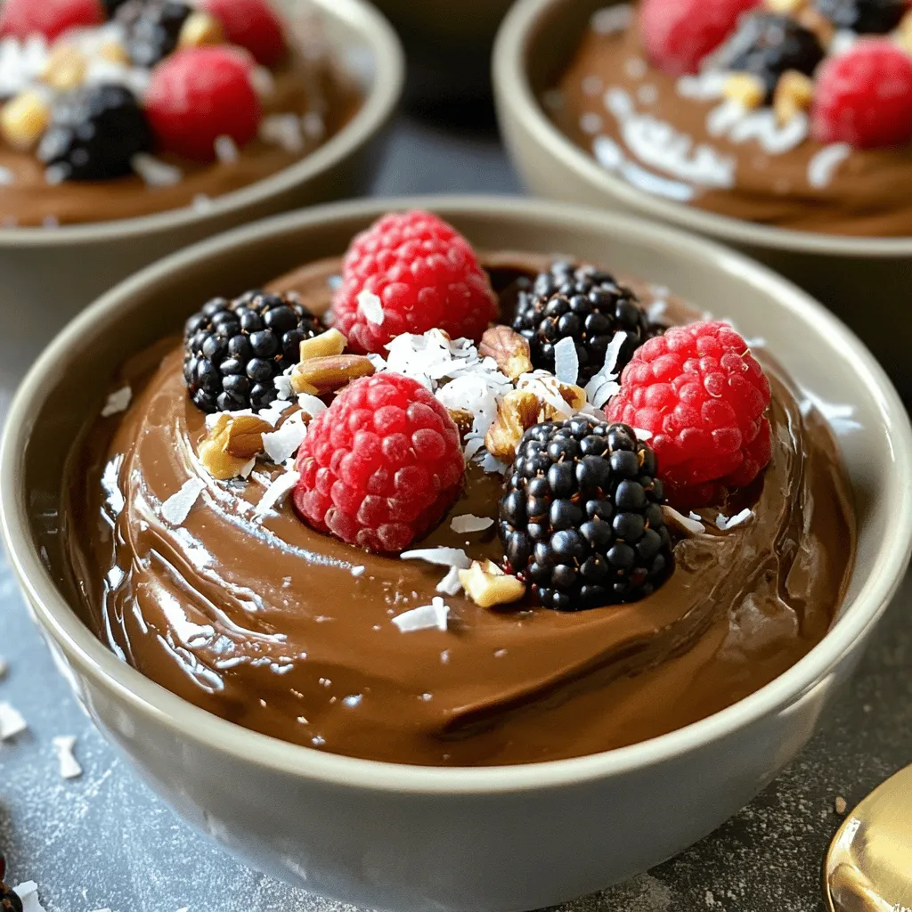 Für den Schokoladen-Avocado-Pudding brauchst du nur einige einfache Zutaten. Diese machen den Pudding cremig und lecker. Hier sind die Hauptzutaten: - 2 reife Avocados - 60 g ungesüßtes Kakaopulver - 60 ml Ahornsirup - 60 ml Mandelmilch (oder Milch nach Wahl) - 1 Teelöffel Vanilleextrakt - Eine Prise Salz Avocados sind die Basis. Sie geben dem Pudding die schöne, cremige Textur. Das ungesüßte Kakaopulver sorgt für den schokoladigen Geschmack. Der Ahornsirup bringt die Süße, während die Mandelmilch den Pudding perfekt macht. Du kannst verschiedene Milchsorten verwenden. Mandelmilch ist meine Wahl, aber das ist nicht die einzige Option. Hier sind einige Alternativen: - Hafermilch - Sojamilch - Kokosmilch - Kuhmilch Diese Alternativen geben dem Pudding jeweils einen anderen Geschmack. Probier aus, was dir am besten gefällt. Toppings machen deinen Pudding noch besser. Sie fügen Textur und Farbe hinzu. Hier sind einige meiner Favoriten: - Frische Beeren (Himbeeren, Erdbeeren, oder Blaubeeren) - Geröstete Kokosraspeln - Gehackte Nüsse (Mandeln oder Walnüsse) Diese Toppings bringen zusätzlichen Geschmack und machen den Pudding noch schöner. Du kannst kreativ sein und andere Toppings ausprobieren. Der Pudding ist ein gesunder Genuss, der einfach zuzubereiten ist. Wenn du das Rezept nachlesen möchtest, schau dir die [Full Recipe] an. Um den Schokoladen-Avocado-Pudding zu machen, folge diesen einfachen Schritten: 1. Halbiere die zwei reifen Avocados. Entferne den Kern und schabe das Fruchtfleisch in eine Küchenmaschine oder einen Mixer. 2. Füge 60 g ungesüßtes Kakaopulver, 60 ml Ahornsirup, 60 ml Mandelmilch, 1 Teelöffel Vanilleextrakt und eine Prise Salz hinzu. 3. Mixe alles auf hoher Stufe, bis die Mischung ganz glatt und cremig ist. Halte zwischendurch an, um die Seiten abzuschaben. 4. Probiere den Pudding. Wenn du mehr Süße magst, füge mehr Ahornsirup hinzu. Wenn die Mischung zu dick ist, gib etwas mehr Mandelmilch dazu. 5. Übertrage die Mischung in Servierschalen oder Gläser für die Portionierung. 6. Stelle den Pudding für mindestens 30 Minuten in den Kühlschrank, um den besten Geschmack zu erzielen. Beim Mixen ist es wichtig, dass du alle Zutaten gut vermischst. Achte darauf, die Seiten der Schüssel abzuschaben. So bekommst du eine cremige Textur. Die Avocados sollten reif sein. Sie geben dem Pudding einen tollen Geschmack und eine schöne Konsistenz. Wenn der Pudding zu dick ist, kannst du immer etwas Mandelmilch hinzufügen, um ihn zu verdünnen. Die Kühlzeit ist entscheidend für den Geschmack. Stelle sicher, dass du den Pudding mindestens 30 Minuten kühlst. So kann sich der Geschmack gut entfalten. Kühlen hilft auch, den Pudding fester zu machen. Serviere ihn mit frischen Beeren oder gerösteten Kokosraspeln für extra Genuss. Du findest die vollständige Rezeptanleitung im [Full Recipe]. Die Textur ist entscheidend für den Genuss deines Schokoladen-Avocado-Puddings. Um die perfekte Cremigkeit zu erreichen, ist es wichtig, reife Avocados zu wählen. Achte darauf, dass sie weich sind, aber nicht matschig. Wenn du alle Zutaten in den Mixer gibst, mixe sie gut. Halte zwischendurch an, um die Seiten abzuschaben. So stellst du sicher, dass alles gleichmäßig vermischt ist. Wenn der Pudding zu dick ist, füge mehr Mandelmilch hinzu, bis die gewünschte Konsistenz erreicht ist. Jeder hat einen anderen Geschmack, wenn es um Süße geht. Beginne mit 60 ml Ahornsirup. Probiere den Pudding und passe die Süße an. Wenn du es süßer magst, füge mehr Ahornsirup hinzu. Du kannst auch Honig oder einen anderen Süßstoff verwenden, wenn du magst. Achte darauf, die Süße schrittweise zu erhöhen. So vermeidest du, dass es zu süß wird. Wenn du mehr Pudding für Gäste machen möchtest, kannst du einfach die Zutaten verdoppeln. Mische die Avocados und die anderen Zutaten in einem großen Mixer. Achte darauf, dass der Mixer genügend Platz hat. So bleibt alles gut vermischt. Nach dem Mixen kannst du den Pudding in Schalen füllen. Stelle sicher, dass du genug Zeit zum Kühlen einplanst. Lass den Pudding mindestens 30 Minuten im Kühlschrank, damit er fest wird. Für die volle Rezeptanleitung, schau dir die [Full Recipe] an. {{image_4}} Du kannst Schokoladen-Avocado-Pudding leicht anpassen. Probiere zum Beispiel, einen Teil der Avocados durch Banane zu ersetzen. Das gibt dem Pudding eine süßere Note. Auch ein wenig Erdnussbutter macht den Pudding cremiger. Ein anderer spannender Zusatz ist Chiasamen. Diese geben dem Pudding mehr Ballaststoffe. Der Pudding ist von Natur aus vegan und glutenfrei. Du musst nur darauf achten, dass der verwendete Kakaopulver keine Zusatzstoffe hat. Wenn du möchtest, kannst du den Ahornsirup durch Agavendicksaft ersetzen. Das ist eine tolle vegane Option mit einem ähnlichen Geschmack. Wenn du die Nüsse als Topping nimmst, achte darauf, dass sie auch glutenfrei sind. Um den Pudding noch interessanter zu machen, kannst du verschiedene Geschmacksrichtungen ausprobieren. Füge einen Teelöffel Zimt für eine warme Note hinzu. Oder einen Esslöffel Kaffee für einen aufregenden Kaffeegeschmack. Auch ein Spritzer Orangensaft bringt eine frische Fruchtigkeit. Experimentiere mit deinen Lieblingsaromen und finde deine persönliche Lieblingskombination. Für die genauen Mengen und die Zubereitung kannst du die vollständige Rezeptanleitung hier finden: [Full Recipe]. Um deinen Schokoladen-Avocado-Pudding frisch zu halten, benutze einen luftdichten Behälter. So vermeidest du, dass Luft eindringt und der Pudding oxidiert. Du kannst auch Frischhaltefolie direkt auf die Oberfläche des Puddings legen. Das hilft, die Farbe und den Geschmack zu bewahren. Im Kühlschrank bleibt der Pudding in der Regel 3 bis 5 Tage frisch. Die Avocado kann jedoch dazu führen, dass sich der Pudding schneller verfärbt. Achte darauf, ihn bei der ersten Anzeichen von Braunfärbung zu essen. So schmeckt er am besten. Wenn du Reste hast, kannst du sie kreativ nutzen. Mische den Pudding in einen Smoothie für einen schokoladigen Kick. Du kannst ihn auch als Belag für Haferflocken oder Joghurt verwenden. Wenn du ihn in kleinere Portionen aufteilst, bleibt er frisch und ist perfekt zum Mitnehmen. Schokoladen-Avocado-Pudding ist sehr gesund. Avocados sind reich an gesunden Fetten. Diese Fette helfen, den Cholesterinspiegel zu senken. Kakaopulver ist voller Antioxidantien, die gut für das Herz sind. Zudem enthält der Pudding wenig Zucker, wenn du ihn mit Ahornsirup süßt. So hast du einen leckeren Genuss ohne schlechtes Gewissen. Ja, du kannst andere Süßungsmittel verwenden. Honig oder Agavendicksaft sind gute Alternativen. Diese Süßungsmittel bieten eine andere Geschmacksrichtung. Du kannst auch Stevia oder Erythrit ausprobieren, wenn du Kalorien sparen möchtest. Achte darauf, die Süße anzupassen. Probiere den Pudding und füge nach Geschmack mehr Süße hinzu. Ja, der Pudding ist perfekt für Kinder. Er enthält keine ungesunden Zutaten. Die Cremigkeit und der Schokoladengeschmack kommen gut an. Du kannst den Pudding leicht anpassen. Füge mehr Süße hinzu, wenn deine Kinder es lieber süßer mögen. Außerdem ist dieser Pudding eine tolle Möglichkeit, gesunde Fette in die Ernährung deines Kindes einzuführen. Schokoladen-Avocado-Pudding ist einfach und gesund. Die Hauptzutaten wie Avocado und Kakao bieten viele Nährstoffe. Ich gab Tipps zur Zubereitung und Anpassung der Süße. Variationen ermöglichen dir, den Pudding nach deinem Geschmack anzupassen. Die richtigen Lagerhinweise helfen, die Frische zu erhalten. Mit diesen Tipps wird dein Pudding zum echten Hit. Er kann auch Kindern schmecken und ist eine tolle, gesunde Nachspeise. Nutze die Ideen, um kreativ zu sein und deinen Pudding zu genießen!