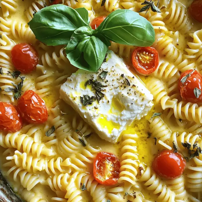 - 200g Pasta (Fusilli oder Penne) - 200g Blockfeta - 2 Tassen Kirschtomaten Die Hauptzutaten sind ganz einfach. Du brauchst 200g Pasta. Fusilli oder Penne passen perfekt. Sie sind klein und halten die Sauce gut. Der Blockfeta ist wichtig für den cremigen Geschmack. Außerdem brauchst du 2 Tassen Kirschtomaten. Diese geben frische und Süße. - ¼ Tasse Olivenöl - 1 Teelöffel getrockneter Oregano - Salz und Pfeffer nach Geschmack Die Gewürze machen das Gericht besonders. Du brauchst ¼ Tasse Olivenöl. Es bringt einen tollen Geschmack. Der getrocknete Oregano sorgt für italienischen Flair. Salz und Pfeffer sind wichtig. Sie helfen, die Aromen hervorzuheben. - ½ Teelöffel rote Pfefferflocken - Frische Basilikumblätter zur Garnitur Für etwas Schärfe kannst du ½ Teelöffel rote Pfefferflocken hinzufügen. Sie geben einen Kick. Frische Basilikumblätter sind schön für die Garnitur. Sie sehen toll aus und schmecken frisch. Wenn du mehr Geschmack möchtest, versuche diese Zutaten. Für das vollständige Rezept, schaue dir die Anleitung an. Heize deinen Ofen auf 200°C (400°F) vor. Das ist wichtig, um die perfekte Textur zu erreichen. Stelle alle Zutaten bereit. Du brauchst: - 200g Pasta (Fusilli oder Penne) - 200g Blockfeta - 2 Tassen Kirschtomaten, halbiert - 4 Knoblauchzehen, fein gehackt - ¼ Tasse Olivenöl - 1 Teelöffel getrockneter Oregano - Salz und Pfeffer nach Geschmack - Frische Basilikumblätter zur Garnitur - ½ Teelöffel rote Pfefferflocken (optional) Nimm eine große Auflaufform. Platziere den Block Feta in der Mitte. Ordne die halbierten Kirschtomaten und den gehackten Knoblauch um den Feta. Das macht das Gericht bunt und lecker. Gieße das Olivenöl gleichmäßig über die Zutaten. Streue Oregano, Salz, Pfeffer und die roten Pfefferflocken darüber. Backe alles im vorgeheizten Ofen für etwa 30 Minuten. Der Feta sollte schmelzen und die Tomaten aufplatzen. Währenddessen koche die Pasta laut Packungsanweisung bis sie al dente ist. Gieße die Pasta ab und stelle sie beiseite. Nach dem Backen nimm die Auflaufform heraus. Zerdrücke den Feta mit einer Gabel. Mische ihn gut mit den Tomaten und dem Knoblauch, bis eine cremige Sauce entsteht. Füge die gekochte Pasta hinzu und vermenge alles gut. Du kannst jetzt die Mischung probieren und nach Geschmack nachwürzen. Garniere das Gericht mit frischem Basilikum und serviere es heiß. Für das vollständige Rezept, schau dir die Full Recipe an. - Feta richtig wählen: Wählen Sie einen hochwertigen Blockfeta. Ein cremiger Feta schmilzt besser und hat einen reicheren Geschmack. Achten Sie darauf, dass der Feta frisch ist. So erhalten Sie die beste Konsistenz in Ihrer Sauce. - Pasta nicht zu weich kochen: Kochen Sie die Pasta nur al dente. So bleibt sie bissfest und nimmt die Sauce gut auf. Überkochen Sie die Pasta nicht, da sie sonst matschig wird und die Textur leidet. - Zu wenig Olivenöl verwenden: Olivenöl ist wichtig für den Geschmack. Es hilft, die Aromen zu verbinden und macht die Sauce cremig. Verwenden Sie die angegebene Menge, damit das Gericht nicht trocken bleibt. - Gewürze richtig dosieren: Achten Sie darauf, die Gewürze gleichmäßig zu verteilen. Zu viel oder zu wenig kann den Geschmack ruinieren. Beginnen Sie mit der angegebenen Menge und passen Sie sie nach Ihrem Geschmack an. - Garniturideen mit frischem Basilikum: Frische Basilikumblätter bringen Farbe und Geschmack. Streuen Sie sie kurz vor dem Servieren über das Gericht. Das sieht schön aus und gibt einen frischen Kick. - Serviermethoden: Servieren Sie die Baked Feta Pasta direkt aus der Auflaufform. Das macht das Gericht einladend. Alternativ können Sie die Pasta auf Tellern anrichten und mit etwas zusätzlichem Olivenöl beträufeln. {{image_4}} Eine einfache Möglichkeit, die Baked Feta Pasta zu variieren, ist das Hinzufügen von Gemüse. Sie können Paprika, Zucchini oder Spinat verwenden. Das bringt Farbe und Nährstoffe ins Gericht. Alternativ können Sie auch verschiedene Käsesorten ausprobieren. Feta ist toll, aber auch Ziegenkäse oder Ricotta sind lecker. Möchten Sie mehr Protein? Integrieren Sie Hähnchen oder Garnelen in das Gericht. Einfach das Fleisch mit den Tomaten und dem Feta backen. Das gibt dem Gericht einen herzhaften Geschmack. Eine andere gute Option sind Linsen. Sie liefern viel Protein und sind eine tolle Beilage. Wenn Sie Gluten vermeiden möchten, verwenden Sie glutenfreie Pasta. Es gibt viele gute Sorten, die Sie ausprobieren können. Für eine Low-Carb-Variante können Sie Zucchini-Nudeln verwenden. Diese sind leicht und gesund. Sie können so viele Möglichkeiten finden, um das Rezept anzupassen und dennoch den vollen Geschmack zu genießen. Wenn Sie mehr Ideen wünschen, schauen Sie sich auch das Full Recipe an. - Kühlschrank: Lagern Sie die Baked Feta Pasta in einem luftdichten Behälter. So bleibt das Gericht frisch. Es sollte innerhalb von drei bis vier Tagen gegessen werden. Achten Sie darauf, dass die Pasta gut abgekühlt ist, bevor Sie sie in den Kühlschrank stellen. - Gefrieroptionen: Wenn Sie die Pasta länger aufbewahren möchten, können Sie sie einfrieren. Nutzen Sie gefrierfesten Behälter oder einen Gefrierbeutel. Die Baked Feta Pasta bleibt bis zu drei Monate im Gefrierfach frisch. Achten Sie darauf, die Pasta gut zu beschriften und das Datum zu notieren. - Beste Methoden: Um die Baked Feta Pasta aufzuwärmen, verwenden Sie den Ofen. Heizen Sie ihn auf 180°C vor. Geben Sie die Pasta in eine Auflaufform und decken Sie sie mit Alufolie ab. Dies hilft, die Feuchtigkeit zu halten. Alternativ können Sie die Pasta in der Mikrowelle erwärmen. Stellen Sie sicher, dass Sie sie in kurzen Abständen prüfen, um ein Überhitzen zu vermeiden. - Geschmack und Konsistenz bewahren: Um den vollen Geschmack zu erhalten, fügen Sie einen Spritzer Olivenöl hinzu, bevor Sie die Pasta aufwärmen. So bleibt die cremige Konsistenz erhalten. - Wie lange die Baked Feta Pasta frisch bleibt: Wenn Sie die Pasta richtig lagern, bleibt sie im Kühlschrank drei bis vier Tage frisch. Im Gefrierfach hält sie sich bis zu drei Monate. - Zeichen dafür, dass das Gericht nicht mehr essbar ist: Wenn die Pasta unangenehm riecht oder sich die Textur verändert hat, sollten Sie sie nicht mehr essen. Auch Schimmel ist ein klares Zeichen. Die Gesamtzeit für Baked Feta Pasta beträgt etwa 40 Minuten. Die Vorbereitungszeit liegt bei 10 Minuten. Das ist schnell und einfach. Sie heizen den Ofen vor und bereiten die Zutaten in kurzer Zeit vor. Danach backen Sie alles für 30 Minuten. In dieser Zeit können Sie die Pasta kochen. Ja, Sie können Baked Feta Pasta im Voraus zubereiten. Bereiten Sie die Feta und Tomaten wie beschrieben vor. Lagern Sie sie im Kühlschrank, bis Sie bereit sind zu backen. Dies spart Zeit, wenn Sie Gäste haben. Wenn Sie Reste haben, können Sie diese auch aufbewahren. Lagern Sie sie in einem luftdichten Behälter im Kühlschrank. Baked Feta Pasta ist sehr vielseitig. Sie passt gut zu einem frischen Salat. Ein einfacher grüner Salat mit Vinaigrette ist ideal. Auch knuspriges Brot passt hervorragend dazu. Sie können auch gegrilltes Gemüse als Beilage servieren. Diese Beilagen ergänzen das Gericht perfekt und machen es komplett. Es gibt viele kreative Möglichkeiten, das Rezept anzupassen. Fügen Sie Gemüse wie Spinat oder Zucchini hinzu. Sie können auch andere Käsesorten verwenden, wenn Sie möchten. Mögen Sie es würziger? Probieren Sie verschiedene Gewürze. Sie können auch Protein wie Hähnchen oder Garnelen hinzufügen. So wird das Gericht noch nahrhafter. Die Baked Feta Pasta ist einfach und lecker. Sie erfordert wenig Aufwand und wenige Zutaten. Wir haben die Hauptzutaten wie Feta und Kirschtomaten besprochen. Die Zubereitung ist schnell, und die Tipps helfen, Fehler zu vermeiden. Variieren Sie das Rezept nach Ihrem Geschmack, um etwas Neues zu schaffen. Mit korrekter Lagerung bleibt der Spaß lange bestehen. Genießen Sie die köstliche Pasta und aktivieren Sie Ihre Kreativität beim Kochen!