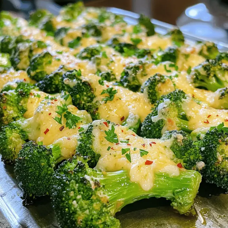 Für dieses einfache Rezept brauchst du einige frische Zutaten. Hier ist die Liste: - 2 große Brokkoliköpfe, in Röschen geschnitten - 4 Knoblauchzehen, fein gehackt - 1/4 Tasse frisch geriebener Parmesan - 3 Esslöffel Olivenöl - 1 Teelöffel Zitronenschale - 1/2 Teelöffel rote Pfefferflocken (optional) - Salz und Pfeffer nach Geschmack - Frische Petersilie, gehackt (zum Garnieren) Diese Zutaten geben deinem Brokkoli einen tollen Geschmack. Frischer Brokkoli bringt viel Nährstoffe mit. Knoblauch sorgt für einen starken Geschmack und die Kombination mit Parmesan macht es unwiderstehlich. Ich liebe es, frische Kräuter und Gewürze zu verwenden. Sie bringen Leben in jedes Gericht. Hier sind die wichtigsten: - Salz und Pfeffer: Diese beiden sind Grundpfeiler in jeder Küche. Sie heben den Geschmack hervor. - Zitronenschale: Ein Hauch von Zitrone gibt Frische. Sie rundet den Geschmack ab. - Rote Pfefferflocken: Diese sind optional, aber sie geben einen kleinen Kick. Sie sind perfekt für alle, die etwas Schärfe mögen. Frische Petersilie ist ein tolles Finish. Sie sieht nicht nur gut aus, sondern schmeckt auch frisch und kräuterig. Einige Küchengeräte machen das Kochen einfacher und schneller. Hier sind die, die ich empfehle: - Backblech: Ein großes Blech hilft, den Brokkoli gleichmäßig zu rösten. - Backpapier: Es macht die Reinigung einfach. Du kannst den Brokkoli direkt darauf legen. - Schüssel: Eine große Schüssel ist nötig, um die Zutaten zu vermengen. - Messer und Schneidebrett: Du brauchst sie, um den Brokkoli und den Knoblauch vorzubereiten. Mit diesen Geräten und Zutaten bist du bereit, Knoblauch Parmesan Röstbrokkoli zu machen. Wenn du mehr über die Zubereitung erfahren möchtest, schau dir das Full Recipe an. Zuerst wasche die zwei großen Brokkoliköpfe gut. Schneide sie in kleine Röschen. Achte darauf, dass die Stücke gleich groß sind. So garen sie gleichmäßig. Nimm eine große Schüssel und füge die Röschen hinzu. Dann hacke die vier Knoblauchzehen fein. Gib den Knoblauch in die Schüssel. Füge das Olivenöl, die Zitronenschale und die roten Pfefferflocken hinzu. Mische alles gut durch. Achte darauf, dass der Brokkoli gleichmäßig mit den Zutaten bedeckt ist. Das gibt dem Gemüse viel Geschmack. Heize deinen Ofen auf 220°C vor. Lege ein Backblech mit Backpapier aus. So wird die Reinigung einfach. Verteile die Brokkolimischung gleichmäßig auf dem Blech. Die Röschen dürfen sich nicht überlappen. Dies sorgt für eine schöne Röstung. Röste die Brokkoli-Röschen für 15 Minuten im Ofen. Nach dieser Zeit, nimm das Blech heraus. Streue den frisch geriebenen Parmesan gleichmäßig über den Brokkoli. Stelle das Blech zurück in den Ofen. Röste den Brokkoli für weitere 5-7 Minuten. Der Käse sollte goldbraun und geschmolzen sein. Der Brokkoli wird zart und knackig. Um die beste Käsekruste zu erzielen, achte darauf, den Parmesan gleichmäßig zu streuen. Wenn du mehr Käse magst, füge etwas mehr hinzu. Du kannst auch verschiedene Käsesorten versuchen. Manche Menschen mögen einen schärferen Käse. Die Röstdauer ist ebenfalls wichtig. Wenn der Käse perfekt geschmolzen ist, ist dein Brokkoli bereit. Lass das Blech eine Minute abkühlen. Garniere das Gericht mit frischer Petersilie. So sieht es noch schöner aus. Du kannst das Rezept für Knoblauch Parmesan Röstbrokkoli auch in der [Full Recipe] nachlesen. Um den perfekten Geschmack für Knoblauch Parmesan Röstbrokkoli zu erreichen, sind frische Zutaten wichtig. Verwenden Sie frischen Brokkoli, der knackig und grün ist. Frisch geriebener Parmesan hat einen intensiven Geschmack. Knoblauch sollte fein gehackt sein, um seine Aromen voll zu entfalten. Mischen Sie alles gut, damit jeder Röschen gleichmäßig gewürzt ist. Ein Spritzer Zitronensaft kann die Aromen heben und Frische bringen. Ein häufiger Fehler ist, die Brokkoliröschen zu dicht auf das Blech zu legen. So garen sie nicht gleichmäßig. Achten Sie darauf, dass sie genug Platz haben. Ein weiterer Fehler ist, den Käse zu früh hinzuzufügen. Parmesan sollte erst nach den ersten 15 Minuten Rösten gestreut werden. So bleibt er schön geschmolzen und goldbraun. Für vegane Optionen können Sie Parmesan durch Hefeflocken ersetzen. Sie geben einen ähnlichen, käsigen Geschmack. Wenn Sie glutenfrei essen, sind die Zutaten bereits sicher. Achten Sie darauf, dass die Gewürze ebenfalls glutenfrei sind. Für eine schärfere Note können Sie mehr rote Pfefferflocken verwenden oder frische Chilis hinzufügen. Diese Anpassungen machen das Rezept flexibel und lecker. Wenn Sie mehr über das gesamte Rezept erfahren möchten, schauen Sie sich das [Full Recipe] an. {{image_4}} Um mehr Geschmack zu erreichen, füge Nüsse hinzu. Mandeln oder Pinienkerne passen gut. Röste die Nüsse kurz im Ofen, bevor du sie über den Brokkoli streust. Das gibt einen tollen Crunch. Du kannst auch andere Käsesorten nehmen. Feta oder Gouda geben einen neuen Twist. Mische die Käsesorten für interessante Aromen. Wenn du eine vegane Option suchst, ersetze den Parmesan. Nutze Hefeflocken als Käseersatz. Sie geben einen ähnlichen, herzhaften Geschmack. Du kannst auch Nusskäse verwenden, um die Textur zu verbessern. Achte darauf, dass das Olivenöl und die Gewürze vegan sind. So bleibt das Gericht pflanzenbasiert und lecker. Brokkoli ist toll, aber du kannst auch andere Gemüsesorten ausprobieren. Karotten, Blumenkohl oder sogar Paprika passen gut. Schneide sie in ähnliche Größen wie den Brokkoli. So garen sie gleichmäßig. Mische verschiedene Gemüse für mehr Farben und Vitamine. Das macht dein Gericht nicht nur schmackhaft, sondern auch gesund und ansprechend. Für das vollständige Rezept, schau dir die [Full Recipe] an. Um übrig gebliebenen Knoblauch Parmesan Röstbrokkoli frisch zu halten, lege ihn in einen luftdichten Behälter. Stelle sicher, dass er gut abgekühlt ist, bevor du ihn lagerst. So bleibt der Geschmack lange erhalten. Du kannst ihn auch in Alufolie wickeln, wenn du keinen Behälter hast. Um den Röstbrokkoli wieder aufzuwärmen, nutze den Ofen für das beste Ergebnis. Heize ihn auf 180°C (350°F) vor. Lege den Brokkoli auf ein Backblech und erhitze ihn für etwa 10 Minuten. So bleibt der Käse schön knusprig. Alternativ kannst du die Mikrowelle nutzen, aber der Brokkoli wird dabei nicht so knusprig. Im Kühlschrank bleibt der Brokkoli 3 bis 4 Tage frisch. Achte darauf, ihn gut verpackt zu lagern. Wenn du ihn länger aufbewahren möchtest, friere ihn ein. Er hält im Gefrierfach bis zu 3 Monate. Um den besten Geschmack zu sichern, lege ihn in einen gefrierfesten Behälter oder in einen Gefrierbeutel. Um Knoblauch Parmesan Röstbrokkoli zu machen, nehmen Sie frische Brokkoliröschen. Mischen Sie diese mit gehacktem Knoblauch, Olivenöl, Zitronenschale, und Gewürzen. Dann rösten Sie alles im Ofen. Nach 15 Minuten fügen Sie Parmesan hinzu und rösten weiter, bis der Käse goldbraun ist. Diese einfache Zubereitung bringt viel Geschmack. Brokkoli ist sehr gesund. Er ist reich an Vitaminen wie C und K. Diese Vitamine stärken Ihr Immunsystem und Ihre Knochen. Brokkoli hat auch Ballaststoffe, die gut für Ihre Verdauung sind. Zudem enthält er Antioxidantien, die helfen, Zellen vor Schäden zu schützen. Diese gesundheitlichen Vorteile machen Brokkoli zu einer tollen Wahl für jede Mahlzeit. Ja, Sie können den Parmesan weglassen. Der Brokkoli schmeckt auch ohne Käse gut. Sie können stattdessen Nüsse verwenden, um etwas Crunch hinzuzufügen. Wenn Sie eine vegane Option suchen, probieren Sie Hefeflocken für einen käsigen Geschmack. Ihre Röstbrokkoli bleibt lecker und nahrhaft, egal wie Sie es anpassen. Knoblauch Parmesan Röstbrokkoli ist einfach zuzubereiten und lecker. Wir haben die Hauptzutaten, Gewürze und Küchengeräte besprochen. Die Schritt-für-Schritt-Anleitung zeigt, wie man Brokkoli perfekt röstet. Tipps helfen Ihnen, Fehler zu vermeiden und den Geschmack zu verbessern. Variationen bieten kreative Wege, Röstbrokkoli anzupassen. Beachten Sie die Aufbewahrung und Haltbarkeit für Reste. Nutzen Sie all diese Informationen, um schmackhafte Gerichte zu kreieren und gesund zu essen.