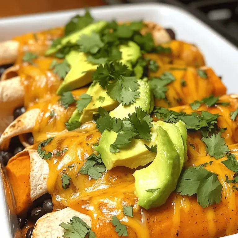 Für diese leckeren Enchiladas brauchen wir einige einfache Zutaten. Hier ist die Liste: - 2 mittelgroße Süßkartoffeln, geschält und gewürfelt - 1 Dose (425 g) schwarze Bohnen, gut abgespült und abgetropft - 1 Tasse Maiskörner (frisch, gefroren oder aus der Dose) - 8-10 Tortillas aus Mais - 2 Tassen Enchiladasauce (selbstgemacht oder gekauft) - 1 Tasse geriebener Käse (Cheddar oder Monterey Jack) - Frischer Koriander, gehackt (zum Garnieren) - 1 Avocado, in Scheiben geschnitten (zum Servieren) Diese Zutaten sorgen für einen tollen Geschmack und eine schöne Textur. Die Süßkartoffeln geben Süße. Die schwarzen Bohnen bringen Protein und Ballaststoffe. Die Gewürze machen den Unterschied. Hier sind die Hauptgewürze, die wir verwenden: - 1 Teelöffel Kreuzkümmel - 1 Teelöffel Chilipulver - ½ Teelöffel geräuchertes Paprikapulver - Salz und Pfeffer nach Geschmack Kreuzkümmel hat einen warmen, erdigen Geschmack. Chilipulver bringt etwas Schärfe und Farbe. Geräuchertes Paprikapulver fügt Tiefe hinzu und gibt ein rauchiges Aroma. Diese Gewürze machen unsere Enchiladas besonders lecker. Es gibt viele Möglichkeiten, diese Enchiladas anzupassen. Hier sind einige Ideen: - Statt Süßkartoffeln können Sie Kürbis verwenden. - Für eine andere Bohnenart probieren Sie Kidneybohnen oder Pintobohnen. - Verwenden Sie Tortillas aus Weizen, wenn Sie keine Mais-Tortillas mögen. - Käse kann weggelassen oder durch veganen Käse ersetzt werden. Diese Alternativen bieten Raum für Kreativität. Jeder kann die Enchiladas nach seinem Geschmack anpassen. Wenn Sie mehr über die Zubereitung erfahren möchten, schauen Sie sich das [Full Recipe](#) an. Zuerst heize deinen Ofen auf 190 °C vor. Nimm zwei mittelgroße Süßkartoffeln, schäle sie und schneide sie in kleine Würfel. Koche die Würfel in einem Topf mit Wasser. Lass sie etwa 10 bis 15 Minuten kochen, bis sie weich sind. Gieße das Wasser ab und stelle die Süßkartoffeln beiseite. Dies ist der erste Schritt, um einen tollen Geschmack zu erzielen. Nimm nun eine große Schüssel und füge die gekochten Süßkartoffeln hinzu. Gib eine Dose schwarze Bohnen hinein. Diese Bohnen sind gesund und lecker. Füge auch eine Tasse Maiskörner, einen Teelöffel Kreuzkümmel, einen Teelöffel Chilipulver und ½ Teelöffel geräuchertes Paprikapulver hinzu. Das gibt deiner Füllung einen tollen Kick. Vergiss nicht, mit Salz und Pfeffer zu würzen. Mische alles gut durch. Du willst, dass jeder Bissen köstlich ist. Erwärme deine Mais-Tortillas in einer Pfanne oder Mikrowelle. Sie müssen biegsam sein. Nimm eine Tortilla und lege eine großzügige Portion der Füllung in die Mitte. Rolle die Tortilla fest auf und lege sie in eine Auflaufform mit einer dünnen Schicht Enchiladasauce auf dem Boden. Wiederhole diesen Schritt mit allen Tortillas. Gieße dann die restliche Enchiladasauce über die Enchiladas und streue geriebenen Käse darüber. Backe die Enchiladas im Ofen für 20 bis 25 Minuten, bis der Käse sprudelt und goldbraun wird. Lass sie kurz abkühlen, bevor du sie servierst. Garnieren mit frischem Koriander und Avocado macht das Gericht perfekt. Für die vollständige Anleitung, schaue dir das [Full Recipe] an. Um perfekte Tortillas zu machen, müssen sie warm sein. Ich erwärme meine Tortillas in einer Pfanne oder in der Mikrowelle. Legen Sie sie in ein feuchtes Küchentuch, um die Feuchtigkeit zu halten. So bleiben sie weich und biegsam. Sie können auch etwas Öl in der Pfanne verwenden, um den Geschmack zu verbessern. Die beste Enchiladasauce macht einen großen Unterschied. Ich empfehle, eine selbstgemachte Sauce zu verwenden. Sie brauchen nur Tomaten, Zwiebeln, Knoblauch und Gewürze. Mixen Sie alles zusammen und kochen Sie es für eine tiefere Geschmacksnote. Wenn Sie wenig Zeit haben, ist eine gute gekaufte Sauce auch in Ordnung. Backen Sie Ihre Enchiladas bei 190 °C für 20 bis 25 Minuten. So wird der Käse schön goldbraun. Ich empfehle, die Enchiladas mit Folie zu bedecken, wenn sie zu schnell bräunen. Nehmen Sie die Folie nach der Hälfte der Zeit ab. So wird die Oberseite schön knusprig. {{image_4}} Für vegane Süßkartoffel-Schwarzbohnen-Enchiladas lassen Sie den Käse weg. Nutzen Sie stattdessen eine pflanzliche Käsealternative. Für die glutenfreie Variante verwenden Sie spezielle glutenfreie Tortillas. Diese Anpassungen machen die Enchiladas für alle Diäten geeignet. Achten Sie auf die Zutatenliste, um verstecktes Gluten zu vermeiden. Sie können die Füllung nach Ihrem Geschmack anpassen. Fügen Sie Spinatsalat, Paprika oder Zucchini hinzu. Diese Gemüse geben Farbe und zusätzlichen Geschmack. Für mehr Würze können Sie Jalapeños oder frischen Knoblauch integrieren. Experimentieren Sie mit verschiedenen Kräutern wie Oregano oder Thymian. Diese geben den Enchiladas ein neues Aroma. Servieren Sie die Enchiladas mit einer frischen Salsa oder einer Guacamole. Dies bringt einen zusätzlichen Frischekick. Ein einfacher grüner Salat passt auch gut dazu. Ein Spritzer Limettensaft über das Gericht hebt die Aromen hervor. Für eine herzhafte Note können Sie Reis oder Quinoa als Beilage anbieten. Diese Kombinationen machen das Essen noch leckerer und nahrhafter. Ich empfehle, Reste in einem luftdichten Behälter zu lagern. So bleiben die Enchiladas frisch. Sie können sie im Kühlschrank bis zu vier Tage aufbewahren. Achten Sie darauf, die Enchiladas nicht zu lange stehenzulassen, um die Frische zu erhalten. Das Einfrieren dieser Enchiladas ist einfach. Wickeln Sie jede Enchilada separat in Frischhaltefolie. Legen Sie sie dann in einen gefrierfesten Behälter oder einen Gefrierbeutel. So halten sie bis zu drei Monate. Denken Sie daran, die Enchiladas vor dem Einfrieren abkühlen zu lassen. Um die Enchiladas wieder zu erwärmen, heizen Sie den Ofen auf 180 °C vor. Legen Sie die Enchiladas in eine Auflaufform und decken Sie sie mit Folie ab. Backen Sie sie für etwa 20 Minuten. Wenn sie heiß sind, können Sie sie mit frischem Koriander und Avocado servieren. Genießen Sie die leckeren Aromen erneut! Eine Portion dieser Enchiladas hat etwa 350 bis 400 Kalorien. Die genaue Zahl hängt von den Zutaten ab, die du verwendest. Süßkartoffeln sind gesund und ballaststoffreich. Das hilft dir, dich satt zu fühlen. Die schwarzen Bohnen liefern ebenfalls Proteine und Ballaststoffe. So machen sie die Enchiladas nahrhaft und lecker. Ja, du kannst die Enchiladas im Voraus zubereiten. Bereite die Füllung und die Tortillas vor und rolle sie ein. Lege sie in eine Auflaufform mit Sauce. Du kannst sie dann abdecken und im Kühlschrank aufbewahren. Vor dem Servieren einfach backen. Das spart Zeit und macht das Kochen stressfreier. Zu diesen Enchiladas passen viele Beilagen. Ein frischer grüner Salat bringt Farbe auf den Tisch. Guacamole und Salsa ergänzen die Enchiladas perfekt. Auch Reis oder Quinoa sind gute Optionen. Diese Beilagen machen das Essen noch vollwertiger und schmackhafter. Für die perfekte Kombination empfehle ich die [Full Recipe]. Süßkartoffel-Schwarzbohnen-Enchiladas sind lecker und einfach zu machen. Wir haben die Hauptzutaten, Gewürze und Schritt-für-Schritt-Anleitungen behandelt. Tipps für perfekte Tortillas und tolle Variationen helfen dir, das Beste aus deinem Gericht herauszuholen. Die Lagerinformationen zeigen, wie du Reste sicher aufbewahrst. Diese Enchiladas sind nicht nur nahrhaft, sie bringen auch viel Geschmack. Mit diesen Tipps kannst du kreative und schmackhafte Mahlzeiten zubereiten!