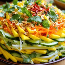 Um den perfekten Thai Mango Salat zu machen, brauchen Sie einige frische Zutaten. Hier sind die Hauptzutaten, die Sie benötigen: - 2 reife Mango, geschält und in Julienne geschnitten - 1 große Gurke, in Julienne geschnitten - 1 rote Paprika, dünn geschnitten - 1 Tasse geraspelte Karotten - 1/4 Tasse frischer Koriander, gehackt - 1/4 Tasse frische Minzeblätter, gehackt - 2 Esslöffel geröstete Erdnüsse, gehackt Diese Zutaten bringen die Aromen und Texturen zusammen. Die reifen Mangos geben eine süße Basis, während die Gurke und Paprika Frische hinzufügen. Für das Dressing brauchen Sie nur ein paar einfache Zutaten. Hier sind sie: - 3 Esslöffel Limettensaft - 1 Esslöffel Fischsauce (oder Sojasauce für eine vegetarische Variante) - 1 Esslöffel Agavensirup (oder Honig) - 1 kleine rote Chili, dünn geschnitten (nach Geschmack anpassen) - Salz nach Geschmack Diese Zutaten sorgen für einen tollen Geschmack und eine ausgewogene Süße. Das Dressing ist einfach und schnell zuzubereiten. Sie können den Salat nach Ihrem Geschmack anpassen. Hier sind einige Ideen: - Fügen Sie Avocado für Cremigkeit hinzu. - Verwenden Sie andere Früchte wie Ananas oder Papaya. - Tauschen Sie die Erdnüsse gegen Cashewkerne oder Mandeln aus. - Fügen Sie geschnittene Radieschen für einen zusätzlichen Crunch hinzu. Mit diesen Variationen bleiben Sie kreativ. Der Thai Mango Salat bleibt immer frisch und spannend. Um das volle Rezept zu erhalten, schauen Sie sich die vollständige Anleitung an: [Full Recipe]. Zuerst müssen wir die Mango und das Gemüse vorbereiten. Schäl die reifen Mango und schneide sie in feine Julienne-Streifen. Achte darauf, dass die Mango süß und saftig ist. Nimm dann die Gurke und schneide sie ebenfalls in Julienne. Mach dasselbe mit der roten Paprika. Raspel die Karotten für eine schöne Farbe und Textur. Alle vorbereiteten Zutaten kommen in eine große Schüssel. Jetzt machen wir das Dressing. Nimm eine kleine Schüssel und gib den Limettensaft hinein. Füge die Fischsauce oder die Sojasauce hinzu, je nachdem, was du magst. Ein Esslöffel Agavensirup oder Honig sorgt für die Süße. Rühre alles gut um, bis die Zutaten gut gemischt sind. Ein wenig Salz rundet den Geschmack ab. Das Dressing sollte frisch und würzig sein. Gieße das Dressing über die vorbereiteten Zutaten in der großen Schüssel. Mische vorsichtig alles, damit das Dressing gleichmäßig verteilt wird. Füge dann die gehackten Koriander- und Minzeblätter hinzu. Streue die dünn geschnittene rote Chili dazu, wenn du es schärfer magst. Rühre sanft um, um die Kräuter zu integrieren. Übertrage den Salat auf eine Servierplatte. Streue die gehackten Erdnüsse darüber für den Crunch. Das schmeckt nicht nur gut, sondern sieht auch toll aus. Für mehr Details schaue dir das [Full Recipe] an. Wähle reife Mangos für den besten Geschmack. Eine gute Mango hat eine glatte, leicht nachgebende Haut. Achte auf eine tiefe Gelb- oder Orangetönung. Vermeide grüne oder fleckige Früchte. Du kannst auch leicht am Stiel riechen. Ein frischer, süßer Duft zeigt Reife. Das Dressing ist der Schlüssel. Du kannst die Fischsauce durch Sojasauce ersetzen, um es vegetarisch zu machen. Der Limettensaft bringt Frische. Füge mehr Agavensirup hinzu, wenn du es süßer magst. Ein wenig mehr Chili gibt zusätzlichen Kick. Probiere das Dressing, bevor du es über den Salat gießt. Ein häufiger Fehler ist, die Dressing-Zutaten nicht gut zu mischen. Stelle sicher, dass alles gut verbunden ist. Verwende frische Kräuter. Alte Kräuter können den Geschmack verderben. Schneide die Zutaten gleichmäßig, damit sie schön aussehen und gut vermischt sind. Zu viel Salz kann den Salat dominieren. Beginne mit einer kleinen Menge und taste dich vor. {{image_4}} Dieser Thai Mango Salat ist leicht anpassbar. Um ihn vegetarisch oder vegan zu machen, ersetze einfach die Fischsauce durch Sojasauce oder Tamari. Diese Alternativen bringen den umami Geschmack in dein Gericht. Du kannst auch eine Prise Kokosnusszucker hinzufügen, um die Süße zu verstärken. Wenn du keine frischen Zutaten hast, kannst du auch gefrorene verwenden. Tiefgefrorene Mango ist eine gute Option. Du kannst sie kurz auftauen lassen, bevor du sie schneidest. Auch für die Gurke kannst du Zucchini in feine Streifen schneiden. Das gibt dem Salat einen anderen, aber leckeren Geschmack. Um den Salat noch interessanter zu machen, füge geröstete Sesamsamen oder knusprige Zwiebeln hinzu. Diese Toppings geben dem Salat eine tolle Textur. Du kannst auch Avocado-Würfel für mehr Cremigkeit einfügen. Diese Zutaten bringen neue Aromen und machen das Gericht noch schmackhafter. Probier diese Variationen aus, um deinen perfekten Thai Mango Salat zu finden. Du kannst die verschiedenen Zutaten nach deinem Geschmack kombinieren. So wird jeder Biss zu einem besonderen Erlebnis. Um den Thai Mango Salat frisch zu halten, lagere ihn in einem luftdichten Behälter. Du kannst die Zutaten auch getrennt aufbewahren. So bleiben sie knackig und frisch. Im Kühlschrank bleibt der Salat etwa 2 bis 3 Tage frisch. Achte darauf, ihn gut abzudecken. Wenn du ihn länger aufbewahren möchtest, überlege, die Zutaten separat zu lagern. Einfrieren ist nicht ideal für den Salat. Die Textur von Mango und Gurke ändert sich. Wenn du es dennoch versuchen willst, friere das Dressing separat ein. Auftauen sollte langsam im Kühlschrank geschehen. Frisch schmeckt der Salat am besten. Für mehr Informationen, schau dir das [Full Recipe] an. Wenn dein Thai Mango Salat wässrig wird, liegt das oft an der Gurke oder der Mango. Diese Früchte enthalten viel Wasser. Um dies zu vermeiden, kannst du die Gurke vorher entkernen. Schneide sie in der Mitte auf und entferne die Kerne mit einem Löffel. Dadurch wird weniger Wasser in den Salat gelangen. Außerdem kannst du die Mango etwas fester wählen. Reife Früchte sind süß, aber sie sind auch saftiger. Ja, du kannst andere Früchte verwenden! Ananas, Papaya oder sogar Äpfel passen gut. Diese Früchte bringen eine andere Süße. Denke daran, die Früchte in ähnliche Größen zu schneiden. So bleibt der Salat gleichmäßig und hübsch. Probiere verschiedene Kombinationen aus, um deinen Lieblingsgeschmack zu finden. Sei kreativ und experimentiere! Ja, dieser Salat ist perfekt für Gäste! Er sieht toll aus und schmeckt frisch. Die bunten Farben machen ihn zu einem echten Hingucker. Außerdem ist er einfach zuzubereiten. Du kannst ihn im Voraus machen und dann kühl servieren. So hast du mehr Zeit für deine Gäste. Sie werden diesen Salat lieben! Für das vollständige Rezept, schau dir die Anleitung für Tropisches Thai Mango Tango an. Der Thai Mango Salat ist frisch und lecker, perfekt für jede Gelegenheit. Wir haben die Hauptzutaten und die besten Gewürze besprochen. Die Schritt-für-Schritt-Anleitung hilft dir, den Salat einfach zuzubereiten. Vergiss nicht die Tipps für die perfekte Mango und die häufigsten Fehler zu vermeiden. Mit Variationen und Lagerungshinweisen bist du bestens gerüstet. Jetzt kannst du deinen eigenen köstlichen Salat kreieren und genießen!