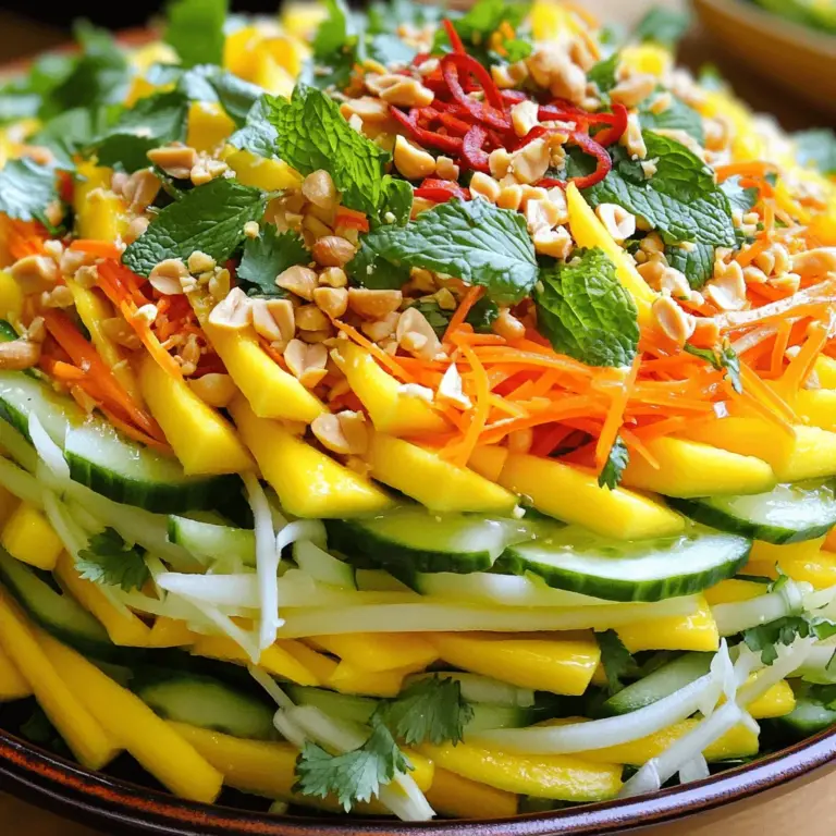 Um den perfekten Thai Mango Salat zu machen, brauchen Sie einige frische Zutaten. Hier sind die Hauptzutaten, die Sie benötigen: - 2 reife Mango, geschält und in Julienne geschnitten - 1 große Gurke, in Julienne geschnitten - 1 rote Paprika, dünn geschnitten - 1 Tasse geraspelte Karotten - 1/4 Tasse frischer Koriander, gehackt - 1/4 Tasse frische Minzeblätter, gehackt - 2 Esslöffel geröstete Erdnüsse, gehackt Diese Zutaten bringen die Aromen und Texturen zusammen. Die reifen Mangos geben eine süße Basis, während die Gurke und Paprika Frische hinzufügen. Für das Dressing brauchen Sie nur ein paar einfache Zutaten. Hier sind sie: - 3 Esslöffel Limettensaft - 1 Esslöffel Fischsauce (oder Sojasauce für eine vegetarische Variante) - 1 Esslöffel Agavensirup (oder Honig) - 1 kleine rote Chili, dünn geschnitten (nach Geschmack anpassen) - Salz nach Geschmack Diese Zutaten sorgen für einen tollen Geschmack und eine ausgewogene Süße. Das Dressing ist einfach und schnell zuzubereiten. Sie können den Salat nach Ihrem Geschmack anpassen. Hier sind einige Ideen: - Fügen Sie Avocado für Cremigkeit hinzu. - Verwenden Sie andere Früchte wie Ananas oder Papaya. - Tauschen Sie die Erdnüsse gegen Cashewkerne oder Mandeln aus. - Fügen Sie geschnittene Radieschen für einen zusätzlichen Crunch hinzu. Mit diesen Variationen bleiben Sie kreativ. Der Thai Mango Salat bleibt immer frisch und spannend. Um das volle Rezept zu erhalten, schauen Sie sich die vollständige Anleitung an: [Full Recipe]. Zuerst müssen wir die Mango und das Gemüse vorbereiten. Schäl die reifen Mango und schneide sie in feine Julienne-Streifen. Achte darauf, dass die Mango süß und saftig ist. Nimm dann die Gurke und schneide sie ebenfalls in Julienne. Mach dasselbe mit der roten Paprika. Raspel die Karotten für eine schöne Farbe und Textur. Alle vorbereiteten Zutaten kommen in eine große Schüssel. Jetzt machen wir das Dressing. Nimm eine kleine Schüssel und gib den Limettensaft hinein. Füge die Fischsauce oder die Sojasauce hinzu, je nachdem, was du magst. Ein Esslöffel Agavensirup oder Honig sorgt für die Süße. Rühre alles gut um, bis die Zutaten gut gemischt sind. Ein wenig Salz rundet den Geschmack ab. Das Dressing sollte frisch und würzig sein. Gieße das Dressing über die vorbereiteten Zutaten in der großen Schüssel. Mische vorsichtig alles, damit das Dressing gleichmäßig verteilt wird. Füge dann die gehackten Koriander- und Minzeblätter hinzu. Streue die dünn geschnittene rote Chili dazu, wenn du es schärfer magst. Rühre sanft um, um die Kräuter zu integrieren. Übertrage den Salat auf eine Servierplatte. Streue die gehackten Erdnüsse darüber für den Crunch. Das schmeckt nicht nur gut, sondern sieht auch toll aus. Für mehr Details schaue dir das [Full Recipe] an. Wähle reife Mangos für den besten Geschmack. Eine gute Mango hat eine glatte, leicht nachgebende Haut. Achte auf eine tiefe Gelb- oder Orangetönung. Vermeide grüne oder fleckige Früchte. Du kannst auch leicht am Stiel riechen. Ein frischer, süßer Duft zeigt Reife. Das Dressing ist der Schlüssel. Du kannst die Fischsauce durch Sojasauce ersetzen, um es vegetarisch zu machen. Der Limettensaft bringt Frische. Füge mehr Agavensirup hinzu, wenn du es süßer magst. Ein wenig mehr Chili gibt zusätzlichen Kick. Probiere das Dressing, bevor du es über den Salat gießt. Ein häufiger Fehler ist, die Dressing-Zutaten nicht gut zu mischen. Stelle sicher, dass alles gut verbunden ist. Verwende frische Kräuter. Alte Kräuter können den Geschmack verderben. Schneide die Zutaten gleichmäßig, damit sie schön aussehen und gut vermischt sind. Zu viel Salz kann den Salat dominieren. Beginne mit einer kleinen Menge und taste dich vor. {{image_4}} Dieser Thai Mango Salat ist leicht anpassbar. Um ihn vegetarisch oder vegan zu machen, ersetze einfach die Fischsauce durch Sojasauce oder Tamari. Diese Alternativen bringen den umami Geschmack in dein Gericht. Du kannst auch eine Prise Kokosnusszucker hinzufügen, um die Süße zu verstärken. Wenn du keine frischen Zutaten hast, kannst du auch gefrorene verwenden. Tiefgefrorene Mango ist eine gute Option. Du kannst sie kurz auftauen lassen, bevor du sie schneidest. Auch für die Gurke kannst du Zucchini in feine Streifen schneiden. Das gibt dem Salat einen anderen, aber leckeren Geschmack. Um den Salat noch interessanter zu machen, füge geröstete Sesamsamen oder knusprige Zwiebeln hinzu. Diese Toppings geben dem Salat eine tolle Textur. Du kannst auch Avocado-Würfel für mehr Cremigkeit einfügen. Diese Zutaten bringen neue Aromen und machen das Gericht noch schmackhafter. Probier diese Variationen aus, um deinen perfekten Thai Mango Salat zu finden. Du kannst die verschiedenen Zutaten nach deinem Geschmack kombinieren. So wird jeder Biss zu einem besonderen Erlebnis. Um den Thai Mango Salat frisch zu halten, lagere ihn in einem luftdichten Behälter. Du kannst die Zutaten auch getrennt aufbewahren. So bleiben sie knackig und frisch. Im Kühlschrank bleibt der Salat etwa 2 bis 3 Tage frisch. Achte darauf, ihn gut abzudecken. Wenn du ihn länger aufbewahren möchtest, überlege, die Zutaten separat zu lagern. Einfrieren ist nicht ideal für den Salat. Die Textur von Mango und Gurke ändert sich. Wenn du es dennoch versuchen willst, friere das Dressing separat ein. Auftauen sollte langsam im Kühlschrank geschehen. Frisch schmeckt der Salat am besten. Für mehr Informationen, schau dir das [Full Recipe] an. Wenn dein Thai Mango Salat wässrig wird, liegt das oft an der Gurke oder der Mango. Diese Früchte enthalten viel Wasser. Um dies zu vermeiden, kannst du die Gurke vorher entkernen. Schneide sie in der Mitte auf und entferne die Kerne mit einem Löffel. Dadurch wird weniger Wasser in den Salat gelangen. Außerdem kannst du die Mango etwas fester wählen. Reife Früchte sind süß, aber sie sind auch saftiger. Ja, du kannst andere Früchte verwenden! Ananas, Papaya oder sogar Äpfel passen gut. Diese Früchte bringen eine andere Süße. Denke daran, die Früchte in ähnliche Größen zu schneiden. So bleibt der Salat gleichmäßig und hübsch. Probiere verschiedene Kombinationen aus, um deinen Lieblingsgeschmack zu finden. Sei kreativ und experimentiere! Ja, dieser Salat ist perfekt für Gäste! Er sieht toll aus und schmeckt frisch. Die bunten Farben machen ihn zu einem echten Hingucker. Außerdem ist er einfach zuzubereiten. Du kannst ihn im Voraus machen und dann kühl servieren. So hast du mehr Zeit für deine Gäste. Sie werden diesen Salat lieben! Für das vollständige Rezept, schau dir die Anleitung für Tropisches Thai Mango Tango an. Der Thai Mango Salat ist frisch und lecker, perfekt für jede Gelegenheit. Wir haben die Hauptzutaten und die besten Gewürze besprochen. Die Schritt-für-Schritt-Anleitung hilft dir, den Salat einfach zuzubereiten. Vergiss nicht die Tipps für die perfekte Mango und die häufigsten Fehler zu vermeiden. Mit Variationen und Lagerungshinweisen bist du bestens gerüstet. Jetzt kannst du deinen eigenen köstlichen Salat kreieren und genießen!