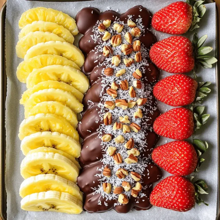 Für schokoladenüberzogenes Obst brauche ich einige frische Zutaten. Hier ist die Liste: - 2 Tassen frische Erdbeeren, gewaschen und getrocknet - 2 Bananen, in dicke Scheiben geschnitten - 1 Tasse Ananasstücke - 1 Tasse Zartbitterschokoladenstückchen (oder halb-süß) - 1 Esslöffel Kokosnussöl (optional, für eine geschmeidige Schmelze) Diese Zutaten sind einfach zu finden. Ich empfehle, die Früchte reif und frisch zu wählen. So schmecken sie besser. Um das Rezept noch spannender zu machen, kann ich einige zusätzliche Zutaten hinzufügen: - 1/4 Tasse gehackte Nüsse (Mandeln oder Walnüsse, optional) - 1/4 Tasse Kokosnussraspeln (optional, zur Garnitur) Diese Zutaten geben dem Obst eine schöne Textur und einen tollen Geschmack. Ich liebe es, mit verschiedenen Nüssen zu experimentieren! Die Auswahl der richtigen Früchte ist wichtig. Hier sind einige Tipps: - Wählen Sie Früchte, die gut zum Dippen geeignet sind, wie Erdbeeren und Bananen. - Achten Sie darauf, dass die Früchte reif, aber nicht überreif sind. - Frisches Obst hat mehr Geschmack und sieht besser aus. Wenn ich die besten Früchte auswähle, macht das den Genuss von schokoladenüberzogenem Obst noch besser. Das ist der Schlüssel zu einem köstlichen Snack! Für das vollständige Rezept, schauen Sie sich das Rezept für schokoladenüberzogenes Obst an. Zuerst lege ein Backblech mit Backpapier aus. Das sorgt dafür, dass die Schokolade nicht anklebt. Achte darauf, dass das Papier glatt liegt. So kannst du die Früchte später einfach abheben. Stelle das Backblech dann beiseite. Es ist bereit für die schokoladenüberzogenen Früchte. Jetzt kommt der spannende Teil: die Schokolade schmelzen. Nimm eine mikrowellenfeste Schüssel. Gib die Zartbitterschokoladenstückchen und das Kokosnussöl hinein. Erhitze die Mischung in der Mikrowelle. Stelle die Zeit auf 30 Sekunden ein. Rühre die Schokolade nach jedem Intervall gut um. So wird sie gleichmäßig geschmolzen. Wenn die Schokolade glatt ist, ist sie bereit zum Dippen. Nehme nun dein Obst. Tauche jedes Stück vorsichtig in die geschmolzene Schokolade. Lass die überschüssige Schokolade abtropfen. Lege die überzogenen Stücke auf das Backblech. Wenn du magst, streue gehackte Nüsse oder Kokosnussraspeln darüber. Das macht das Obst noch leckerer! Stelle das Backblech dann für 30 Minuten in den Kühlschrank. Die Schokolade wird fest und hart. Jetzt sind deine schokoladenüberzogenen Früchte bereit zum Genießen! Ein häufiger Fehler ist, die Schokolade zu stark zu erhitzen. Schokolade kann brennen und klumpig werden. Achten Sie darauf, die Mikrowelle in kurzen Intervallen zu nutzen. Rühren Sie die Schokolade oft um, um eine gleichmäßige Schmelze zu erreichen. Ein weiterer Fehler ist, das Obst nicht gut zu trocknen. Feuchtigkeit kann die Schokolade nicht richtig haften lassen. Stellen Sie sicher, dass die Früchte frisch gewaschen und gründlich getrocknet sind. Überprüfen Sie auch, dass die Schokolade nicht zu dick ist. Sie sollte gut am Obst haften, aber nicht zu schwer wirken. Die beste Methode zum Schmelzen von Schokolade ist die Mikrowellenmethode. Verwenden Sie eine mikrowellengeeignete Schüssel. Geben Sie die Zartbitterschokoladenstückchen und optional 1 Esslöffel Kokosnussöl hinein. Erhitzen Sie die Mischung in 30-Sekunden-Intervallen. Rühren Sie nach jedem Intervall um, bis die Schokolade glatt ist. Das Kokosnussöl macht die Schokolade geschmeidiger. Wenn Sie keinen Zugang zur Mikrowelle haben, können Sie auch ein Wasserbad verwenden. Stellen Sie eine hitzebeständige Schüssel über einen Topf mit leicht köchelndem Wasser. Rühren Sie die Schokolade, bis sie vollständig geschmolzen ist. Die Präsentation ist wichtig. Verwenden Sie ein Backblech mit Backpapier. Platzieren Sie das Obst so, dass es nicht zusammenklebt. Lassen Sie etwas Platz zwischen den einzelnen Stücken. Um es noch schöner zu machen, können Sie die schokoladenüberzogenen Früchte mit gehackten Nüssen oder Kokosnussraspeln bestreuen. Dies gibt nicht nur zusätzlichen Geschmack, sondern macht das Gericht auch bunt und einladend. Ein weiterer Tipp: Nutzen Sie eine Spritzflasche, um geschmolzene Schokolade drüber zu träufeln. So schaffen Sie ein schönes Muster. Für das beste Ergebnis, lassen Sie die Früchte nach dem Dippen im Kühlschrank fest werden. Nach etwa 30 Minuten sind sie bereit zum Servieren. Genießen Sie diese leckeren Snacks! {{image_4}} Es gibt viele Früchte, die gut mit Schokolade harmonieren. Probieren Sie das Rezept mit: - Äpfeln, in Scheiben geschnitten - Trauben, ganz oder halbiert - Kiwistücken - Orangen, in Segmente geschnitten - Himbeeren und Blaubeeren Diese Früchte bringen frische Aromen und Farben in Ihr Gericht. Aromatisierte Schokoladen können Ihre Kreationen aufpeppen. Hier sind einige Ideen: - Zartbitter mit Meersalz für einen salzigen Kick - Weiße Schokolade mit Vanilleextrakt für Süße - Milchschokolade mit einer Prise Zimt für Wärme - Dunkle Schokolade mit Chili für etwas Schärfe Solche Kombinationen erweitern den Geschmack und machen das Erlebnis spannender. Die Garnitur kann Ihr schokoladenüberzogenes Obst noch besser machen. Hier sind einige Vorschläge: - Gehackte Mandeln oder Walnüsse für Crunch - Kokosnussraspeln für tropisches Flair - Bunte Streusel für einen festlichen Look - Geschmolzene Schokolade in anderen Farben für Muster Mit diesen Toppings können Sie kreativ sein und jedes Stück Obst einzigartig machen. Um schokoladenüberzogenes Obst frisch zu halten, legen Sie es in einen luftdichten Behälter. Trennen Sie die Schichten mit Backpapier, damit sie nicht aneinanderkleben. Lagern Sie den Behälter im Kühlschrank. Dies hilft, die Schokolade und die Früchte frisch zu halten. Im Kühlschrank bleibt Ihr schokoladenüberzogenes Obst etwa 3 bis 5 Tage frisch. Achten Sie darauf, es schnell zu genießen, damit der Geschmack und die Textur optimal bleiben. Die Schokolade kann mit der Zeit etwas weich werden, aber die Früchte bleiben lecker. Wenn Sie nach dem Dippen noch Schokolade übrig haben, werfen Sie sie nicht weg! Sie können sie in einem kleinen Behälter aufbewahren. Schmelzen Sie die Schokolade später erneut für andere Rezepte. Zum Beispiel können Sie sie für Kekse oder Muffins nutzen. So verschwenden Sie nichts und genießen neue Leckereien mit dem Rest. Die Schokolade braucht etwa 30 Minuten, um fest zu werden. Ich lege das Backblech einfach in den Kühlschrank. Die kalte Luft hilft der Schokolade, schneller zu härten. Nach einer halben Stunde können Sie die schokoladenüberzogenen Früchte genießen. Wenn Sie mehr Zeit haben, können Sie sie auch länger im Kühlschrank lassen. So wird die Schokolade noch fester. Ja, Sie können Milchschokolade verwenden. Viele Menschen mögen den süßen Geschmack von Milchschokolade. Sie können auch eine Mischung aus Zartbitter- und Milchschokolade probieren. Das gibt einen tollen Geschmack! Achten Sie darauf, die Schokolade gut zu schmelzen, damit sie schön glatt ist. Das macht das Eintauchen des Obstes einfacher und schöner. Vorgefertigte schokoladenüberzogene Früchte finden Sie in vielen Supermärkten oder Feinkostläden. Besuchen Sie die Süßwarenabteilung oder die Kühlregale. Oft gibt es dort auch verschiedene Obstsorten, die schokoliert sind. Eine andere Möglichkeit ist, online nach Anbietern zu suchen. So können Sie schokoladenüberzogenes Obst direkt zu Ihnen nach Hause bestellen. Schokoladenüberzogenes Obst ist einfach zuzubereiten und vielseitig. Wir haben die besten Zutaten und Techniken besprochen. Von der Wahl der Früchte über das Schmelzen der Schokolade bis zur Präsentation gibt es viele Tricks. Vermeide häufige Fehler und experimente mit verschiedenen Geschmäckern. Denke daran, wie du übrig gebliebene Schokolade nutzen kannst. Das Endprodukt ist lecker und kann für jede Gelegenheit sein. Jetzt bist du bereit, deine eigenen köstlichen Kreationen zu machen. Viel Spaß beim Dippen!