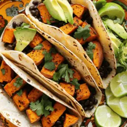 - 2 mittelgroße Süßkartoffeln - 1 Dose schwarze Bohnen - 8 kleine Maistortillas Die Hauptzutaten sind einfach zu finden. Süßkartoffeln sind nährstoffreich und lecker. Sie geben den Tacos eine süße Note. Schwarze Bohnen sind eine großartige Proteinquelle. Sie machen die Tacos nahrhaft und sättigend. Maistortillas sind weich und perfekt für das Füllen. - Olivenöl - Gemahlener Kreuzkümmel - Geräuchertes Paprikapulver Die Gewürze und Öle bringen viel Geschmack. Olivenöl sorgt für eine schöne Röstaromatik. Kreuzkümmel fügt einen warmen, erdigen Geschmack hinzu. Geräuchertes Paprikapulver gibt den Tacos eine rauchige Note. Diese Kombination hebt die Süßkartoffeln und Bohnen hervor. - Avocado, frischer Koriander, Limette - Rote Zwiebel, Feta-Käse oder scharfe Soße Die optionalen Toppings machen die Tacos noch besser. Avocado fügt Cremigkeit hinzu. Frischer Koriander bringt einen frischen Geschmack. Limette sorgt für einen spritzigen Kick. Rote Zwiebel fügt Knackigkeit und Farbe hinzu. Feta-Käse oder scharfe Soße können die Tacos aufpeppen. Für das vollständige Rezept schauen Sie sich die [Full Recipe](#) an. Zuerst heize den Ofen auf 220°C vor. Das sorgt dafür, dass die Süßkartoffeln gleichmäßig garen. Lege ein Backblech mit Backpapier aus. So kleben die Süßkartoffeln nicht fest. Nimm die gewürfelten Süßkartoffeln und vermenge sie in einer Schüssel mit Olivenöl, Kreuzkümmel, Paprika, Chilipulver, Salz und Pfeffer. Rühre gut um, bis alle Würfel ganz bedeckt sind. Verteile die Süßkartoffeln gleichmäßig auf dem Backblech. Röste sie im Ofen für 25-30 Minuten. Nach der Hälfte der Zeit solltest du sie einmal umschichten. So werden sie zart und karamellisiert. Während die Süßkartoffeln rösten, erhitze die schwarzen Bohnen in einem kleinen Topf. Stelle die Hitze auf mittel und lass sie etwa fünf Minuten warm werden. Würze sie leicht mit Salz und Pfeffer. In einer separaten Pfanne röste die Maistortillas für etwa 30 Sekunden auf jeder Seite. So werden sie warm und geschmeidig. Jetzt bist du bereit, die Tacos zusammenzustellen! Für die vollständige Anleitung, schau dir das [Full Recipe] an. Um die besten Süßkartoffeln zu bekommen, achte auf die Röstzeit und -temperatur. Ich empfehle, sie bei 220°C für 25-30 Minuten zu rösten. Wende die Süßkartoffeln in der Mitte der Zeit, damit sie gleichmäßig bräunen. Unterschiedliche Sorten haben verschiedene Geschmäcker. Probiere die orangefarbene oder die lila Süßkartoffel. Ihre Süße und Textur kann den Geschmack deiner Tacos verstärken. Die Wahl der Tortilla ist wichtig. Du kannst Vollkorn- oder glutenfreie Tortillas verwenden. Diese Optionen sind gesünder und bieten mehr Geschmack. Halte die Tortillas warm, indem du sie in ein sauberes Küchentuch wickelst. So bleiben sie weich und geschmeidig, während du andere Zutaten vorbereitest. Zusätzliche Gewürze können die Tacos aufpeppen. Ich empfehle, eine Prise Zimt oder Kreuzkümmel hinzuzufügen. Diese Gewürze bringen eine neue Tiefe in den Geschmack. Experimentiere mit verschiedenen Toppings wie Feta-Käse, scharfer Soße oder gewürfelter roter Zwiebel. Diese kleinen Veränderungen geben deinen Tacos einen besonderen Kick. Für eine vollständige Anleitung besuche das [Full Recipe]. {{image_4}} Für mehr Protein können Sie gegrilltes Hähnchen oder Tofu zu Ihren Tacos hinzufügen. Beide Optionen passen gut zu den Süßkartoffeln und Bohnen. Das Hähnchen können Sie einfach würzen und grillen. Tofu lässt sich leicht in Würfel schneiden und ebenfalls marinieren. Eine andere gute Idee ist es, Quinoa als Füllung zu verwenden. Quinoa ist nahrhaft und hat einen tollen Biss. Sie können es einfach kochen und dann unter die Mischung aus Süßkartoffeln und Bohnen heben. Salsa oder Guacamole bringen frische Aromen in Ihre Tacos. Diese Toppings machen die Tacos noch saftiger. Auch verschiedene Käsesorten können Sie verwenden. Feta-Käse oder Cheddar geben den Tacos einen neuen Geschmack. Probieren Sie auch, scharfe Soße hinzuzufügen, wenn Sie es gerne würzig mögen. Diese kleinen Änderungen machen einen großen Unterschied. Für vegane Toppings können Sie pflanzliche Optionen nutzen. Avocado und frischer Koriander sind immer eine gute Wahl. Auch vegane Sour Cream bringt eine cremige Note. Wenn Sie glutenfrei leben, sind glutenfreie Tortillas im Rezept eine tolle Lösung. So können alle diese leckeren Tacos genießen. Die Vielfalt macht das Essen noch spannender. Verwenden Sie die [Full Recipe] für mehr Details zu den Zutaten und Zubereitung. Wenn du Tacos übrig hast, lagere sie im Kühlschrank. Stelle sicher, dass die ungebaute Tacos in einem luftdichten Behälter sind. So bleiben sie frisch. Es ist am besten, die Toppings separat zu lagern. Das verhindert, dass die Tortillas weich werden. Lagere geschnittene Avocado in einem kleinen Behälter mit etwas Zitronensaft, um die Farbe zu erhalten. Frischer Koriander bleibt in einem feuchten Tuch eingewickelt frisch. Du kannst die Tacos auch für eine spätere Verwendung einfrieren. Wickel sie in Frischhaltefolie und lege sie in einen Gefrierbeutel. So bleiben sie bis zu drei Monate gut. Um sie nach dem Einfrieren wieder aufzuwärmen, lege sie in den Ofen. Bei 180°C (350°F) etwa 15 Minuten backen. Du kannst auch die Füllungen separat einfrieren und frisch zubereiten. Die Reste sind im Kühlschrank etwa drei bis vier Tage haltbar. Achte darauf, dass die Zutaten frisch sind. Überprüfe die Süßkartoffeln und Bohnen vor dem Verzehr. Wenn du die Tacos länger aufbewahren möchtest, ist das Einfrieren die beste Option. So kannst du immer wieder einen leckeren Genuss erleben. Um deine Süßkartoffel-Schwarze Bohnen Tacos vegan zu machen, musst du nur die Toppings anpassen. Verwende frische Avocado, Koriander und Limette. Du kannst auch vegane Käsealternativen oder scharfe Soße hinzufügen. Tipps zur Anpassung des Rezeptes: - Ersetze Feta-Käse durch eine pflanzliche Option. - Nutze Olivenöl, um die Süßkartoffeln zu rösten. Ja, du kannst andere Bohnen verwenden. Kidneybohnen oder Pinto-Bohnen sind gute Alternativen. Sie haben ähnliche Texturen und Geschmäcker. Empfehlungen für Alternativen zu schwarzen Bohnen: - Weiße Bohnen für einen milden Geschmack. - Kichererbsen für mehr Protein und eine interessante Textur. Die Süßkartoffeln sind perfekt, wenn sie zart und leicht karamellisiert sind. Du kannst sie leicht mit einer Gabel einstechen. Anzeichen für die perfekte Röstaromatik: - Goldbraune Farbe bedeutet, dass sie gut geröstet sind. - Ein süßer, rauchiger Duft erfüllt deine Küche. Das Rezept ergibt ungefähr vier Portionen. Du kannst die Portionen nach Bedarf anpassen. Portionierung des Rezepts für unterschiedliche Essensbedürfnisse: - Für mehr Gäste, verdopple die Zutaten. - Für weniger, halbiere die Mengen. Schau dir die vollständige Anleitung im Full Recipe an, um die besten Ergebnisse zu erzielen! Zusammengefasst werden hier die Zutaten, die Vorbereitung und die Zubereitung der leckeren Süßkartoffel-Schwarze Bohnen Tacos beschrieben. Mit einfachen Gewürzen und Toppings machst du daraus ein schnelles Gericht. Denke an die Tipps zur Anpassung und Lagerung, um die Tacos perfekt zu genießen. Du kannst kreativ beim Geschmack sein und deine eigene Note hinzufügen. Verwende frische Zutaten und experimentiere mit Varianten. Viel Spaß beim Nachmachen!