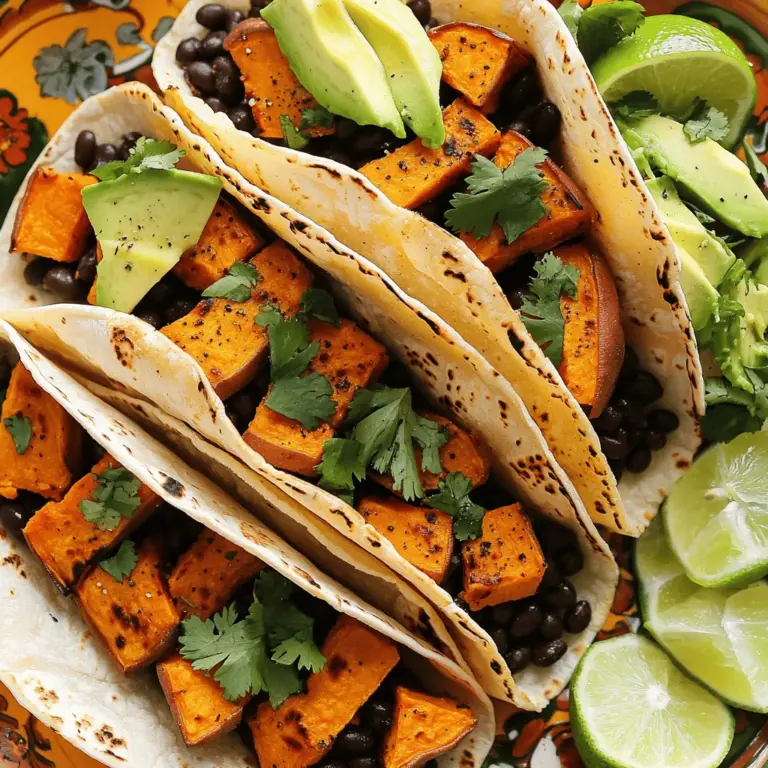 - 2 mittelgroße Süßkartoffeln - 1 Dose schwarze Bohnen - 8 kleine Maistortillas Die Hauptzutaten sind einfach zu finden. Süßkartoffeln sind nährstoffreich und lecker. Sie geben den Tacos eine süße Note. Schwarze Bohnen sind eine großartige Proteinquelle. Sie machen die Tacos nahrhaft und sättigend. Maistortillas sind weich und perfekt für das Füllen. - Olivenöl - Gemahlener Kreuzkümmel - Geräuchertes Paprikapulver Die Gewürze und Öle bringen viel Geschmack. Olivenöl sorgt für eine schöne Röstaromatik. Kreuzkümmel fügt einen warmen, erdigen Geschmack hinzu. Geräuchertes Paprikapulver gibt den Tacos eine rauchige Note. Diese Kombination hebt die Süßkartoffeln und Bohnen hervor. - Avocado, frischer Koriander, Limette - Rote Zwiebel, Feta-Käse oder scharfe Soße Die optionalen Toppings machen die Tacos noch besser. Avocado fügt Cremigkeit hinzu. Frischer Koriander bringt einen frischen Geschmack. Limette sorgt für einen spritzigen Kick. Rote Zwiebel fügt Knackigkeit und Farbe hinzu. Feta-Käse oder scharfe Soße können die Tacos aufpeppen. Für das vollständige Rezept schauen Sie sich die [Full Recipe](#) an. Zuerst heize den Ofen auf 220°C vor. Das sorgt dafür, dass die Süßkartoffeln gleichmäßig garen. Lege ein Backblech mit Backpapier aus. So kleben die Süßkartoffeln nicht fest. Nimm die gewürfelten Süßkartoffeln und vermenge sie in einer Schüssel mit Olivenöl, Kreuzkümmel, Paprika, Chilipulver, Salz und Pfeffer. Rühre gut um, bis alle Würfel ganz bedeckt sind. Verteile die Süßkartoffeln gleichmäßig auf dem Backblech. Röste sie im Ofen für 25-30 Minuten. Nach der Hälfte der Zeit solltest du sie einmal umschichten. So werden sie zart und karamellisiert. Während die Süßkartoffeln rösten, erhitze die schwarzen Bohnen in einem kleinen Topf. Stelle die Hitze auf mittel und lass sie etwa fünf Minuten warm werden. Würze sie leicht mit Salz und Pfeffer. In einer separaten Pfanne röste die Maistortillas für etwa 30 Sekunden auf jeder Seite. So werden sie warm und geschmeidig. Jetzt bist du bereit, die Tacos zusammenzustellen! Für die vollständige Anleitung, schau dir das [Full Recipe] an. Um die besten Süßkartoffeln zu bekommen, achte auf die Röstzeit und -temperatur. Ich empfehle, sie bei 220°C für 25-30 Minuten zu rösten. Wende die Süßkartoffeln in der Mitte der Zeit, damit sie gleichmäßig bräunen. Unterschiedliche Sorten haben verschiedene Geschmäcker. Probiere die orangefarbene oder die lila Süßkartoffel. Ihre Süße und Textur kann den Geschmack deiner Tacos verstärken. Die Wahl der Tortilla ist wichtig. Du kannst Vollkorn- oder glutenfreie Tortillas verwenden. Diese Optionen sind gesünder und bieten mehr Geschmack. Halte die Tortillas warm, indem du sie in ein sauberes Küchentuch wickelst. So bleiben sie weich und geschmeidig, während du andere Zutaten vorbereitest. Zusätzliche Gewürze können die Tacos aufpeppen. Ich empfehle, eine Prise Zimt oder Kreuzkümmel hinzuzufügen. Diese Gewürze bringen eine neue Tiefe in den Geschmack. Experimentiere mit verschiedenen Toppings wie Feta-Käse, scharfer Soße oder gewürfelter roter Zwiebel. Diese kleinen Veränderungen geben deinen Tacos einen besonderen Kick. Für eine vollständige Anleitung besuche das [Full Recipe]. {{image_4}} Für mehr Protein können Sie gegrilltes Hähnchen oder Tofu zu Ihren Tacos hinzufügen. Beide Optionen passen gut zu den Süßkartoffeln und Bohnen. Das Hähnchen können Sie einfach würzen und grillen. Tofu lässt sich leicht in Würfel schneiden und ebenfalls marinieren. Eine andere gute Idee ist es, Quinoa als Füllung zu verwenden. Quinoa ist nahrhaft und hat einen tollen Biss. Sie können es einfach kochen und dann unter die Mischung aus Süßkartoffeln und Bohnen heben. Salsa oder Guacamole bringen frische Aromen in Ihre Tacos. Diese Toppings machen die Tacos noch saftiger. Auch verschiedene Käsesorten können Sie verwenden. Feta-Käse oder Cheddar geben den Tacos einen neuen Geschmack. Probieren Sie auch, scharfe Soße hinzuzufügen, wenn Sie es gerne würzig mögen. Diese kleinen Änderungen machen einen großen Unterschied. Für vegane Toppings können Sie pflanzliche Optionen nutzen. Avocado und frischer Koriander sind immer eine gute Wahl. Auch vegane Sour Cream bringt eine cremige Note. Wenn Sie glutenfrei leben, sind glutenfreie Tortillas im Rezept eine tolle Lösung. So können alle diese leckeren Tacos genießen. Die Vielfalt macht das Essen noch spannender. Verwenden Sie die [Full Recipe] für mehr Details zu den Zutaten und Zubereitung. Wenn du Tacos übrig hast, lagere sie im Kühlschrank. Stelle sicher, dass die ungebaute Tacos in einem luftdichten Behälter sind. So bleiben sie frisch. Es ist am besten, die Toppings separat zu lagern. Das verhindert, dass die Tortillas weich werden. Lagere geschnittene Avocado in einem kleinen Behälter mit etwas Zitronensaft, um die Farbe zu erhalten. Frischer Koriander bleibt in einem feuchten Tuch eingewickelt frisch. Du kannst die Tacos auch für eine spätere Verwendung einfrieren. Wickel sie in Frischhaltefolie und lege sie in einen Gefrierbeutel. So bleiben sie bis zu drei Monate gut. Um sie nach dem Einfrieren wieder aufzuwärmen, lege sie in den Ofen. Bei 180°C (350°F) etwa 15 Minuten backen. Du kannst auch die Füllungen separat einfrieren und frisch zubereiten. Die Reste sind im Kühlschrank etwa drei bis vier Tage haltbar. Achte darauf, dass die Zutaten frisch sind. Überprüfe die Süßkartoffeln und Bohnen vor dem Verzehr. Wenn du die Tacos länger aufbewahren möchtest, ist das Einfrieren die beste Option. So kannst du immer wieder einen leckeren Genuss erleben. Um deine Süßkartoffel-Schwarze Bohnen Tacos vegan zu machen, musst du nur die Toppings anpassen. Verwende frische Avocado, Koriander und Limette. Du kannst auch vegane Käsealternativen oder scharfe Soße hinzufügen. Tipps zur Anpassung des Rezeptes: - Ersetze Feta-Käse durch eine pflanzliche Option. - Nutze Olivenöl, um die Süßkartoffeln zu rösten. Ja, du kannst andere Bohnen verwenden. Kidneybohnen oder Pinto-Bohnen sind gute Alternativen. Sie haben ähnliche Texturen und Geschmäcker. Empfehlungen für Alternativen zu schwarzen Bohnen: - Weiße Bohnen für einen milden Geschmack. - Kichererbsen für mehr Protein und eine interessante Textur. Die Süßkartoffeln sind perfekt, wenn sie zart und leicht karamellisiert sind. Du kannst sie leicht mit einer Gabel einstechen. Anzeichen für die perfekte Röstaromatik: - Goldbraune Farbe bedeutet, dass sie gut geröstet sind. - Ein süßer, rauchiger Duft erfüllt deine Küche. Das Rezept ergibt ungefähr vier Portionen. Du kannst die Portionen nach Bedarf anpassen. Portionierung des Rezepts für unterschiedliche Essensbedürfnisse: - Für mehr Gäste, verdopple die Zutaten. - Für weniger, halbiere die Mengen. Schau dir die vollständige Anleitung im Full Recipe an, um die besten Ergebnisse zu erzielen! Zusammengefasst werden hier die Zutaten, die Vorbereitung und die Zubereitung der leckeren Süßkartoffel-Schwarze Bohnen Tacos beschrieben. Mit einfachen Gewürzen und Toppings machst du daraus ein schnelles Gericht. Denke an die Tipps zur Anpassung und Lagerung, um die Tacos perfekt zu genießen. Du kannst kreativ beim Geschmack sein und deine eigene Note hinzufügen. Verwende frische Zutaten und experimentiere mit Varianten. Viel Spaß beim Nachmachen!