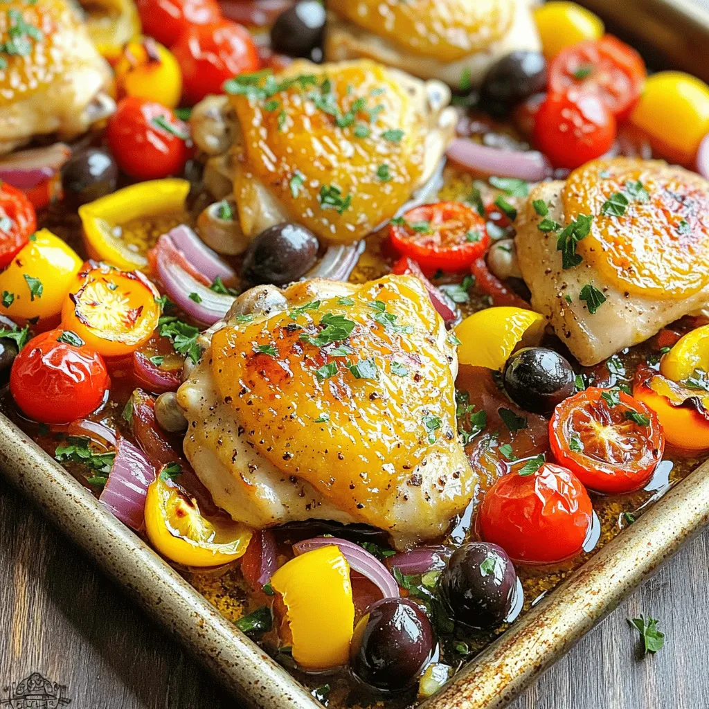 Für das One-Pan Mediterrane Hähnchen brauchst du folgende Zutaten: - 4 knochenlose, hautlose Hähnchenschenkel - 2 Esslöffel Olivenöl - 1 Teelöffel getrockneter Oregano - 1 Teelöffel Knoblauchpulver - Salz und Pfeffer nach Geschmack - 1 Tasse Kirschtomaten, halbiert - 1 Tasse Paprika (nach Wahl), in Streifen geschnitten - 1 mittelgroße rote Zwiebel, in Ringe geschnitten - 1 Tasse schwarze Kalamata-Oliven, entsteint - Saft und Zeste einer Zitrone - Frische Petersilie, gehackt zur Garnierung Du kannst einige Zutaten leicht ersetzen. Statt Hähnchenschenkeln nimm Hähnchenbrust. Dabei wird es etwas magerer. Verwende auch andere Gemüse wie Zucchini oder Auberginen. Für mehr Geschmack kannst du frischen Oregano anstelle von getrocknetem verwenden. Achte beim Kauf auf frische Zutaten. Wähle Hähnchen, das eine rosa Farbe hat und keinen unangenehmen Geruch abgibt. Kirschtomaten sollten fest und glänzend sein. Die Paprika sollten knackig und ohne Flecken sein. Achte auch darauf, dass die Zwiebeln fest sind. Frische Kräuter sind am besten, wenn sie lebendig und duftend sind. Zuerst heizen wir den Ofen auf 200°C vor. Dann nehmen wir eine große Schüssel. Dort geben wir 2 Esslöffel Olivenöl, 1 Teelöffel getrockneten Oregano, 1 Teelöffel Knoblauchpulver, Salz und Pfeffer. Diese Mischung wird unsere Marinade. Rühren Sie alles gut um, bis es gleichmäßig vermischt ist. Nehmen Sie 4 Hähnchenschenkel und legen Sie sie in die Marinade. Wenden Sie sie gut, damit sie überall bedeckt sind. Lassen Sie das Hähnchen für 15 bis 20 Minuten ruhen. Während das Hähnchen mariniert, schneiden Sie die Gemüse. Halten Sie die Kirschtomaten, Paprika und Zwiebel bereit. Legen Sie die marinierten Hähnchenschenkel in die Mitte einer großen, ofenfesten Pfanne. Verteilen Sie die halbierten Kirschtomaten, geschnittenen Paprika und Zwiebelringe ringsum. Fügen Sie 1 Tasse Kalamata-Oliven hinzu und drücken Sie frisch gepressten Zitronensaft darüber. Jetzt kommt das Wichtigste. Stellen Sie die Pfanne in den vorgeheizten Ofen. Lassen Sie das Gericht 25 bis 30 Minuten garen. Überprüfen Sie die Innentemperatur des Hähnchens. Diese sollte 75°C erreichen. Wenn Sie ein schönes Finish möchten, schalten Sie die Grillfunktion für die letzten 3 bis 5 Minuten ein. Dies gibt dem Gericht eine goldbraune Farbe. Sie können das Hähnchen direkt aus der Pfanne servieren. Fügen Sie frische Petersilie als Garnitur hinzu. So wird Ihr Gericht besonders schön! Für das vollständige Rezept, schauen Sie sich die Full Recipe an. Ein häufiger Fehler ist, das Hähnchen nicht ausreichend zu marinieren. Wenn Sie das Hähnchen nur kurz marinieren, nimmt es nicht genug Geschmack auf. Lassen Sie es mindestens 15-20 Minuten in der Marinade. Ein anderer Fehler ist, das Gemüse zu klein zu schneiden. Größere Stücke bleiben saftiger und geben mehr Geschmack ab. Achten Sie darauf, das Hähnchen nicht zu übergaren. Verwenden Sie ein Fleischthermometer, um sicherzustellen, dass es 75°C erreicht. Um das Gericht noch schmackhafter zu machen, fügen Sie frischen Thymian oder Rosmarin hinzu. Diese Kräuter bringen ein tolles Aroma. Ein Schuss Balsamico-Essig kann auch helfen, die Süße der Tomaten zu heben. Eine Prise Chili-Flocken sorgt für eine angenehme Schärfe. Vergessen Sie nicht, die Zitrone frisch zu pressen. Der Saft bringt Frische und hebt die Aromen. Um dieses Gericht perfekt zuzubereiten, benötigen Sie einige einfache Küchengeräte. Eine große Rührschüssel ist wichtig, um die Marinade zu mischen. Eine ofenfeste Pfanne oder ein Backblech eignet sich gut für das Braten. Ein Fleischthermometer hilft Ihnen, die richtige Temperatur zu erreichen. Schließlich ist ein scharfes Messer nützlich, um das Gemüse schnell und einfach zu schneiden. Wenn Sie diese Geräte haben, wird das Kochen zum Kinderspiel! {{image_4}} Sie können das Gericht mit mehr Gemüse anpassen. Fügen Sie Zucchini, Auberginen oder Spinat hinzu. Diese Gemüsesorten bringen frische Aromen und Farben. Schneiden Sie sie in gleichmäßige Stücke. Verteilen Sie sie um das Hähnchen. So haben Sie ein noch gesünderes Gericht. Experimentieren Sie mit verschiedenen Gewürzen, um den Geschmack zu verändern. Fügen Sie Kreuzkümmel für einen warmen, erdigen Geschmack hinzu. Chili-Flocken geben Ihnen eine scharfe Note. Wenn Sie es italienisch mögen, nehmen Sie Basilikum oder Thymian. Diese Gewürze bringen eine neue Dimension in Ihr Gericht. Für eine Low-Carb-Option, ersetzen Sie die Kirschtomaten durch Blumenkohlröschen. Sie bieten eine ähnliche Textur und sind gesund. Lassen Sie die Oliven weg oder reduzieren Sie die Menge. So bleibt das Gericht leicht und lecker. Diese Anpassungen sind einfach und machen das Rezept vielseitig. Für das vollständige Rezept schauen Sie sich bitte den Abschnitt "Full Recipe" an. Um Reste von dem Ein-Pfannen-Mediterranen Hähnchen zu lagern, lassen Sie das Gericht zunächst abkühlen. Verwenden Sie dann einen luftdichten Behälter. Lagern Sie das Hähnchen und das Gemüse zusammen, um den Geschmack zu bewahren. Sie können auch die Portionen aufteilen, wenn Sie nur einen Teil verwenden möchten. So bleibt alles frisch. Um die Reste wieder aufzuwärmen, nutzen Sie die Mikrowelle oder den Ofen. In der Mikrowelle erhitzen Sie das Gericht in einem geeigneten Behälter. Decken Sie es ab, um Spritzer zu vermeiden. Erwärmen Sie es in kurzen Intervallen von 1 bis 2 Minuten. In den Ofen legen Sie das Gericht bei 180°C (350°F) für etwa 10 bis 15 Minuten. So bleibt das Hähnchen saftig. Im Kühlschrank hält sich das Ein-Pfannen-Mediterrane Hähnchen etwa 3 bis 4 Tage. Achten Sie darauf, es gut verpackt zu halten. Im Gefrierschrank können Sie die Reste bis zu 3 Monate lagern. Nutzen Sie gefriergeeignete Behälter oder Beutel. So bleibt das Gericht frisch und schmackhaft. Das Hähnchen bleibt im Kühlschrank bis zu drei Tage frisch. Lagern Sie es in einem luftdichten Behälter. So bleibt der Geschmack erhalten. Überprüfen Sie es vor dem Essen. Wenn es komisch riecht oder die Farbe sich verändert, werfen Sie es weg. Ja, Sie können das Rezept im Voraus zubereiten. Marinieren Sie das Hähnchen bis zu 24 Stunden vorher. Lagern Sie es im Kühlschrank. Am Tag des Kochens können Sie einfach alles in die Pfanne geben. So sparen Sie Zeit und sind bereit, köstliches Essen zu genießen. Statt Hähnchen können Sie auch Fisch oder Tofu verwenden. Diese Optionen sind lecker und gesund. Für Fisch wählen Sie festen Fisch wie Lachs oder Kabeljau. Tofu sollte gut gepresst und gewürzt sein. Beide Alternativen passen gut zu den Aromen der anderen Zutaten in diesem Gericht. Diese Anleitung hat dir gezeigt, wie du ein leckeres One-Pan Mediterranean Chicken zubereiten kannst. Wir haben die Zutaten besprochen, Tipps zum Marinieren gegeben und häufige Fehler avoided. Zudem hast du verschiedene Variationen kennengelernt, um das Gericht spannend zu halten. Reste lassen sich einfach lagern und aufwärmen. Du kannst deinen eigenen Geschmack hinzufügen und das Rezept anpassen. Jetzt bist du bereit, in der Küche kreativ zu sein und deine Lieben zu beeindrucken. Viel Spaß beim Kochen!