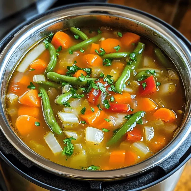 Für die schnelle Instant Pot Gemüsesuppe brauchst du: - 2 Esslöffel Olivenöl - 1 große Zwiebel, gewürfelt - 2 Knoblauchzehen, fein gehackt - 2 mittlere Karotten, in Scheiben geschnitten - 2 Selleriestangen, gewürfelt - 1 mittlere Zucchini, gewürfelt - 1 rote Paprika, gewürfelt - 1 Tasse grüne Bohnen, in 2,5 cm lange Stücke geschnitten - 1 Tasse gefrorene Erbsen - 1 Dose (415 g) gewürfelte Tomaten, mit Saft - 1,5 Liter Gemüsebrühe - 1 Lorbeerblatt - 1 Teelöffel getrockneter Thymian - 1 Teelöffel getrockneter Basilikum - Salz und Pfeffer nach Geschmack - Frische Petersilie, gehackt (zum Garnieren) Wenn du frisches Gemüse wählst, achte auf einige Dinge. Suche nach knackigen und bunten Gemüse. Die Zwiebeln sollten fest und ohne Flecken sein. Karotten sollten fest sein und einen frischen Duft haben. Zucchini und Paprika sollen keine Druckstellen haben. Die grünen Bohnen müssen leuchtend grün und knackig sein. Frisches Gemüse schmeckt besser. Es macht deine Suppe leckerer. Du kannst die Gemüsesuppe leicht anpassen. Probiere verschiedene Gemüse. Brokkoli, Blumenkohl oder Spinat sind tolle Optionen. Für mehr Protein füge Kichererbsen oder Linsen hinzu. Du kannst auch Reis oder Nudeln hinzufügen, um die Suppe satter zu machen. Variiere mit Gewürzen wie Kreuzkümmel oder Paprika, um neue Aromen zu entdecken. So wird jede Suppe ein neues Erlebnis. Wenn du mehr Infos möchtest, schau dir das Full Recipe an. Beginnen Sie mit der Auswahl frischer Zutaten. Frisches Gemüse macht die Suppe leckerer. Ich empfehle, alles gut zu waschen. Schneiden Sie die Zwiebel, den Knoblauch, die Karotten und den Sellerie klein. Diese Zutaten geben der Suppe Geschmack. Die Zucchini und Paprika in Würfel schneiden. Auch die grünen Bohnen und Erbsen sollten bereit sein. Bereiten Sie alles vor, damit das Kochen schnell geht. Der Instant Pot macht das Kochen einfach und schnell. Stellen Sie ihn auf die 'Sauté'-Stufe. Geben Sie das Olivenöl hinein und lassen Sie es heiß werden. Fügen Sie dann die Zwiebel und den Knoblauch hinzu. Sautieren Sie für einige Minuten, bis sie weich sind. Das bringt die Aromen hervor. Danach kommen die anderen Gemüsesorten in den Topf. Rühren Sie alles gut um, damit es gleichmäßig kocht. Die Garmethode im Instant Pot ist einfach. Nachdem Sie das Gemüse sautiert haben, fügen Sie die Flüssigkeiten hinzu. Gießen Sie die Gemüsebrühe und die gewürfelten Tomaten hinein. Fügen Sie die Kräuter und Gewürze hinzu. Schließen Sie den Deckel und stellen Sie den Modus auf 'Manual'. Kochen Sie die Suppe für 8 Minuten. Nach dem Kochen lassen Sie den Druck schnell ab. Rühren Sie die Suppe gut um und passen Sie die Gewürze an. So wird die Suppe perfekt. Für das vollständige Rezept, schauen Sie [Full Recipe]. Ein häufiger Fehler ist, das Gemüse zu lange zu kochen. Achte darauf, die Garzeit im Instant Pot genau einzuhalten. Zu langes Kochen macht das Gemüse matschig. Ein weiterer Fehler ist, das Gewürz zu spät hinzuzufügen. Es ist wichtig, die Gewürze früh im Kochprozess zu integrieren, um den vollen Geschmack zu entfalten. Auch das Überfüllen des Instant Pots kann Probleme verursachen. Halte dich an die empfohlenen Mengen, um ein Überlaufen zu vermeiden. Die richtige Würze macht die Suppe besonders. Du kannst getrockneten Thymian und Basilikum nutzen, wie im Rezept. Aber probiere auch andere Gewürze. Ein Teelöffel Kreuzkümmel bringt einen warmen, erdigen Geschmack. Wenn du es schärfer magst, füge eine Prise Chili hinzu. Denke daran, dass du die Gewürze nach dem Kochen anpassen kannst. Schmecke die Suppe ab und füge nach Bedarf mehr Salz oder Pfeffer hinzu. Eine schöne Garnierung macht das Essen einladender. Frische Petersilie ist eine tolle Wahl. Hacke sie fein und streue sie vor dem Servieren über die Suppe. Du kannst auch etwas geriebenen Parmesan hinzufügen. Das gibt einen herzhaften Geschmack. Wenn du einen frischen Kick möchtest, presse etwas Zitronensaft darüber. Es hebt die Aromen und bringt Frische. {{image_4}} Diese Suppe ist einfach vegan und glutenfrei. Verwenden Sie Olivenöl und Gemüsebrühe ohne Gluten. Sie können auch frisches Gemüse nach Wahl hinzufügen. Brokkoli, Blumenkohl oder Kürbis passen gut. Diese Zutaten sorgen für viele Nährstoffe und Farben. Möchten Sie einen rauchigen Geschmack? Fügen Sie geräucherte Paprika oder einen kleinen Schuss Flüssigrauch hinzu. Diese Zutaten geben der Suppe Tiefe und einen neuen Twist. Sie können auch geräucherten Tofu als Proteinquelle verwenden. Linsen sind eine großartige Ergänzung. Fügen Sie sie einfach zusammen mit der Brühe hinzu. Sie machen die Suppe sättigender. Wenn Sie Nudeln mögen, können Sie diese auch hinzufügen. Kochen Sie sie einfach in der Suppe für die letzten Minuten. Dies gibt der Suppe mehr Struktur und Geschmack. Für das vollständige Rezept schauen Sie sich die herzhaften Details an in der [Full Recipe]. Die Lagerung der Suppe ist einfach. Lassen Sie die Suppe zuerst abkühlen. Füllen Sie sie dann in einen luftdichten Behälter. Achten Sie darauf, nicht zu viel Luft im Behälter zu lassen. So bleibt die Suppe frisch und lecker. Um die Suppe aufzuwärmen, geben Sie sie in einen Topf. Erhitzen Sie sie bei mittlerer Hitze. Rühren Sie hin und wieder um, damit sie gleichmäßig warm wird. Sie können auch die Mikrowelle nutzen. Geben Sie die Suppe in eine mikrowellengeeignete Schüssel. Erwärmen Sie sie in Intervallen von 1 bis 2 Minuten. So verhindern Sie, dass die Suppe überkocht. Im Kühlschrank hält sich die Suppe bis zu fünf Tage. Stellen Sie sicher, dass sie gut verschlossen ist. Wenn Sie die Suppe länger aufbewahren möchten, können Sie sie einfrieren. Im Gefrierschrank bleibt sie bis zu drei Monate frisch. Verwenden Sie gefriergeeignete Behälter oder Beutel. Beschriften Sie die Behälter mit dem Datum. So wissen Sie immer, wie lange die Suppe gefroren ist. Die Suppe hält sich gut im Kühlschrank. Du kannst sie bis zu fünf Tage aufbewahren. Achte darauf, sie in einem luftdichten Behälter zu lagern. Wenn du die Suppe länger aufbewahren möchtest, friere sie ein. Im Gefrierfach bleibt sie bis zu drei Monate frisch. Zum Auftauen lasse sie einfach über Nacht im Kühlschrank. So bleibt der Geschmack erhalten. Ja, der Instant Pot ist sehr vielseitig. Du kannst ihn für viele Suppen nutzen, wie zum Beispiel Hühnersuppe oder Linsensuppe. Der Druckkochtopf kocht schnell und gleichmäßig. Das spart Zeit und macht das Kochen einfach. Probiere auch unterschiedliche Gewürze und Zutaten aus. So schaffst du neue, leckere Varianten. Selbstgemachte Gemüsesuppe hat viele Vorteile. Du weißt genau, was drin ist. Das ist gut für deine Gesundheit. Du kannst frische Zutaten verwenden, die voller Nährstoffe sind. Außerdem kannst du die Gewürze nach deinem Geschmack anpassen. So wird jede Suppe einzigartig. Das Kochen fördert auch Kreativität und macht Spaß. Schau dir das Rezept für die herzhafte Instant Pot Gemüsesuppe an, um loszulegen! Zusammenfassend haben wir die besten Zutaten und Zubereitungsschritte für eine leckere Gemüsesuppe besprochen. Wir haben wichtige Tipps gegeben, um frische Zutaten zu wählen und häufige Fehler zu vermeiden. Variationen wie vegane Optionen und zusätzliche Aromen machen das Rezept spannend. Schließlich sind die Lagerung und Haltbarkeit wichtig, um die Suppe frisch zu halten. Eine selbstgemachte Gemüsesuppe ist nicht nur gesund, sondern schmeckt auch besser. Nutze diese Tipps, um deine eigene perfekte Suppe zu kreieren!
