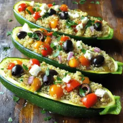 - 4 mittelgroße Zucchini - 1 Tasse gekochter Quinoa - 1 Tasse Kirschtomaten - 1/2 Tasse Feta-Käse - 1/4 Tasse schwarze Oliven - 1/4 Tasse rote Zwiebel - 2 Knoblauchzehen - Getrockneter Oregano und Basilikum - Olivenöl, Salz und Pfeffer Die Auswahl der Zutaten ist wichtig für das Gericht. Ich wähle immer frische Zucchini. Sie geben dem Gericht eine schöne Farbe und Textur. Quinoa bringt einen nussigen Geschmack und eine gute Konsistenz. Kirschtomaten fügen Süße hinzu. Feta-Käse sorgt für einen salzigen Kick. Schwarze Oliven geben eine herzhafte Note. Rote Zwiebeln bringen Frische und etwas Schärfe ins Spiel. Knoblauch sorgt für ein tolles Aroma. Die Kräuter Oregano und Basilikum runden alles ab. Verwende hochwertiges Olivenöl. Es verbessert den Geschmack. Salz und Pfeffer sind wichtig für die Würze. Diese Zutaten machen die gefüllten Zucchini-Boote zu einem Genuss. Ich empfehle, die Zutaten nach dem Rezept [Full Recipe] zu verwenden, um das beste Ergebnis zu erzielen. Zuerst heize den Ofen auf 190°C vor. Das macht dein Gericht gleichmäßiger gar. Halbiere dann die Zucchini der Länge nach. Mit einem Löffel entferne die Kerne und etwas Fruchtfleisch. So entsteht ein Boot. Lege die Zucchini mit der Schnittseite nach oben in eine Auflaufform. In einer großen Schüssel vermenge zuerst die Tasse gekochten Quinoa mit den halbierten Kirschtomaten. Füge dann die zerbröselten Feta-Käse und die geschnittenen schwarzen Oliven hinzu. Mische auch die fein gehackte rote Zwiebel und den Knoblauch hinein. Jetzt kommen die Gewürze: Oregano und Basilikum. Vergiss nicht, Olivenöl sowie Salz und Pfeffer hinzuzufügen. Rühre alles gut um, bis die Füllung gleichmäßig ist. Jetzt füllst du jede Zucchini-Hälfte mit der Quinoa-Mischung. Drücke die Füllung sanft hinein, damit sie gut sitzt. Träufle etwas zusätzliches Olivenöl über die Zucchini-Boote für mehr Geschmack. Decke die Auflaufform mit Alufolie ab. Backe die Zucchini dann 25 Minuten im Ofen. Nach 25 Minuten entferne die Folie und backe sie weitere 10 Minuten. So werden sie zart und die Oberseiten goldbraun. Genieße diese gefüllten Zucchini-Boote mit einem frischen Petersilien-Topping. Für die vollständige Zubereitung schau dir das [Full Recipe] an. Wähle Zucchini, die mittelgroß sind. Sie sollten fest und glänzend sein. Vermeide Zucchini mit weichen Stellen oder Flecken. Um die Zucchini auszuhöhlen, benutze einen Löffel oder einen kleinen Messer. Kratze vorsichtig das Fruchtfleisch heraus, ohne die Haut zu beschädigen. Dies schafft Platz für deine Füllung. Die Füllung ist der Schlüssel zu einem leckeren Gericht. Du kannst Fleisch, wie Hackfleisch oder Hähnchen, hinzufügen. Alternativ nutze mehr Gemüse, wie Paprika oder Spinat. Für Käse, probiere Feta oder Mozzarella. Gewürze können Oregano oder Chili umfassen, je nach deinem Geschmack. Sei kreativ mit dem, was du magst. Ein wenig zusätzliches Olivenöl macht den Unterschied. Träufle es über die gefüllten Zucchini, bevor du sie backst. Es bringt mehr Geschmack und macht sie saftiger. Frische Kräuter, wie Basilikum oder Petersilie, sind tolle Garnituren. Serviere die Zucchini-Boote auf einer schönen Platte. Füge einige Kirschtomaten oder einen Spritzer Zitronensaft hinzu für Farbe und Frische. Du kannst das komplette Rezept in der Übersicht für die himmlischen mediterranen gefüllten Zucchini-Boote finden. {{image_4}} Für mediterrane Zucchini-Boote kann ich Auberginen oder Paprika als Füllung nutzen. Diese Zutaten bringen viel Geschmack und Textur. Manchmal verwende ich auch Pesto oder Tomatensauce. Diese Saucen fügen eine frische Note hinzu und machen das Gericht noch saftiger. Wenn ich eine vegane Option suche, greife ich zu pflanzlichen Käsealternativen. Diese schmelzen gut und bieten cremigen Genuss. Statt Quinoa kann ich auch Linsen oder Bohnen verwenden. Diese Hülsenfrüchte sind nahrhaft und sättigend. Sie geben der Füllung einen tollen Biss und einen hohen Nährwert. Für den Grill kann ich die Zucchini-Boote einfach anpassen. Ich grille sie direkt, was einen rauchigen Geschmack hinzufügt. Die Grillzeit beträgt etwa 15 Minuten. Ich achte darauf, sie regelmäßig zu wenden, damit sie gleichmäßig garen. Diese Methode sorgt für zarte Zucchini mit einem leckeren Grillaroma. Wenn du deine Zucchini-Boote noch nicht gebacken hast, kannst du sie einfach im Kühlschrank aufbewahren. Lege sie in einen luftdichten Behälter. So bleiben sie frisch und knackig. Du kannst sie bis zu zwei Tage im Kühlschrank lagern. Wenn du sie länger aufbewahren möchtest, gibt es auch eine Tiefkühloption. Wickele die Zucchini-Boote in Frischhaltefolie ein. Dann lege sie in einen Gefrierbeutel. So kannst du die Zucchini-Boote bis zu drei Monate einfrieren. Achte darauf, sie gut zu beschriften, um Verwechslungen zu vermeiden. Hast du die Zucchini-Boote bereits gebacken? Super! Sie schmecken frisch, aber du kannst sie auch aufwärmen. Um die Füllung warm zu machen, lege die Zucchini-Boote auf ein Backblech. Erwärme sie bei 180°C für etwa 10 bis 15 Minuten. So bleiben sie saftig und lecker. Wenn du Reste hast, lagere sie im Kühlschrank. Verwende einen luftdichten Behälter. Die gefüllten Zucchini bleiben so bis zu drei Tage frisch. Achte darauf, frische Zutaten zu verwenden. Das sichert die beste Qualität. Lagere frisches Gemüse im Kühlschrank. Die Zucchini bleibt dort bis zu einer Woche frisch. Maximiere die Frische der Füllung, indem du sie separat lagerst. Bewahre gekochten Quinoa und Gemüse in eigenen Behältern auf. So bleiben Geschmack und Textur erhalten. Für die Füllung ist es wichtig, sie sicher zu lagern. Achte darauf, dass sie gut abgedeckt ist. So vermeidest du, dass sie austrocknet oder Gerüche annimmt. Gefüllte Zucchini sind einfach zu lagern. Im Kühlschrank bleiben sie bis zu drei Tage frisch. Achte darauf, die Zucchini in einem luftdichten Behälter zu lagern. So bleibt der Geschmack erhalten. Du kannst die gefüllten Zucchini auch einfrieren. Zum Einfrieren lege sie in einen gefriergeeigneten Behälter. Wenn du sie verwenden willst, lasse sie im Kühlschrank auftauen. So bleiben sie saftig und lecker. Du kannst Zucchini roh verwenden, aber es gibt Vor- und Nachteile. Rohkost hat wichtige Nährstoffe, die beim Kochen verloren gehen können. Jedoch kann die Konsistenz der rohen Zucchini sehr knackig sein. Das kann die Füllung schwierig machen. Ich empfehle, die Zucchini leicht zu blanchieren. So bleibt die Zucchini knackig, aber wird auch etwas weicher. Das macht das Füllen einfacher. Wenn du die Zucchini-Boote schärfer machen willst, gibt es viele tolle Optionen. Du kannst Gewürze wie Cayennepfeffer oder scharfe Paprika hinzufügen. Diese geben einen schönen, scharfen Akzent. Du kannst auch frische Chilis in die Füllung mischen. Achte darauf, die Menge nach deinem Geschmack anzupassen. Wenn du mehr Würze möchtest, füge mehr Knoblauch oder Zwiebeln hinzu. Das gibt der Füllung eine tolle Tiefe und mehr Geschmack. In diesem Artikel haben wir leckere gefüllte Zucchini besprochen. Du hast die Hauptzutaten wie Zucchini, Quinoa und Tomaten sowie die Gewürze kennengelernt. Wir haben auch Schritt für Schritt erklärt, wie du diese Zucchini zubereitest und lecker verpackst. Denk daran, die Füllung nach deinem Geschmack zu variieren und kreativ zu sein. Der Spaß am Kochen liegt darin, Neues auszuprobieren. Nutze die Tipps, um die Zucchini perfekt zu machen und deine Gäste zu beeindrucken. Lass dich inspirieren und genieße das Ergebnis!
