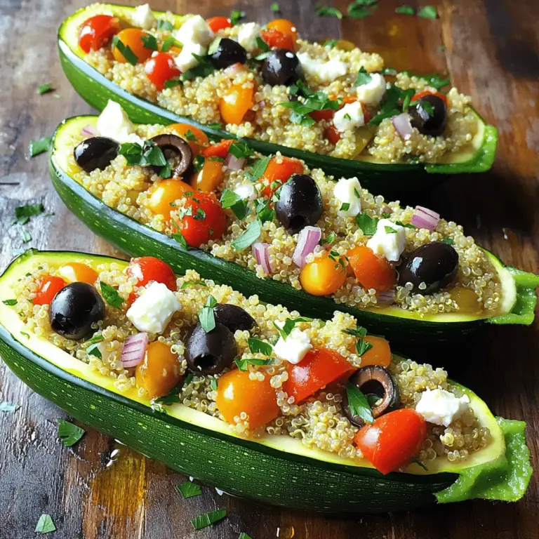 - 4 mittelgroße Zucchini - 1 Tasse gekochter Quinoa - 1 Tasse Kirschtomaten - 1/2 Tasse Feta-Käse - 1/4 Tasse schwarze Oliven - 1/4 Tasse rote Zwiebel - 2 Knoblauchzehen - Getrockneter Oregano und Basilikum - Olivenöl, Salz und Pfeffer Die Auswahl der Zutaten ist wichtig für das Gericht. Ich wähle immer frische Zucchini. Sie geben dem Gericht eine schöne Farbe und Textur. Quinoa bringt einen nussigen Geschmack und eine gute Konsistenz. Kirschtomaten fügen Süße hinzu. Feta-Käse sorgt für einen salzigen Kick. Schwarze Oliven geben eine herzhafte Note. Rote Zwiebeln bringen Frische und etwas Schärfe ins Spiel. Knoblauch sorgt für ein tolles Aroma. Die Kräuter Oregano und Basilikum runden alles ab. Verwende hochwertiges Olivenöl. Es verbessert den Geschmack. Salz und Pfeffer sind wichtig für die Würze. Diese Zutaten machen die gefüllten Zucchini-Boote zu einem Genuss. Ich empfehle, die Zutaten nach dem Rezept [Full Recipe] zu verwenden, um das beste Ergebnis zu erzielen. Zuerst heize den Ofen auf 190°C vor. Das macht dein Gericht gleichmäßiger gar. Halbiere dann die Zucchini der Länge nach. Mit einem Löffel entferne die Kerne und etwas Fruchtfleisch. So entsteht ein Boot. Lege die Zucchini mit der Schnittseite nach oben in eine Auflaufform. In einer großen Schüssel vermenge zuerst die Tasse gekochten Quinoa mit den halbierten Kirschtomaten. Füge dann die zerbröselten Feta-Käse und die geschnittenen schwarzen Oliven hinzu. Mische auch die fein gehackte rote Zwiebel und den Knoblauch hinein. Jetzt kommen die Gewürze: Oregano und Basilikum. Vergiss nicht, Olivenöl sowie Salz und Pfeffer hinzuzufügen. Rühre alles gut um, bis die Füllung gleichmäßig ist. Jetzt füllst du jede Zucchini-Hälfte mit der Quinoa-Mischung. Drücke die Füllung sanft hinein, damit sie gut sitzt. Träufle etwas zusätzliches Olivenöl über die Zucchini-Boote für mehr Geschmack. Decke die Auflaufform mit Alufolie ab. Backe die Zucchini dann 25 Minuten im Ofen. Nach 25 Minuten entferne die Folie und backe sie weitere 10 Minuten. So werden sie zart und die Oberseiten goldbraun. Genieße diese gefüllten Zucchini-Boote mit einem frischen Petersilien-Topping. Für die vollständige Zubereitung schau dir das [Full Recipe] an. Wähle Zucchini, die mittelgroß sind. Sie sollten fest und glänzend sein. Vermeide Zucchini mit weichen Stellen oder Flecken. Um die Zucchini auszuhöhlen, benutze einen Löffel oder einen kleinen Messer. Kratze vorsichtig das Fruchtfleisch heraus, ohne die Haut zu beschädigen. Dies schafft Platz für deine Füllung. Die Füllung ist der Schlüssel zu einem leckeren Gericht. Du kannst Fleisch, wie Hackfleisch oder Hähnchen, hinzufügen. Alternativ nutze mehr Gemüse, wie Paprika oder Spinat. Für Käse, probiere Feta oder Mozzarella. Gewürze können Oregano oder Chili umfassen, je nach deinem Geschmack. Sei kreativ mit dem, was du magst. Ein wenig zusätzliches Olivenöl macht den Unterschied. Träufle es über die gefüllten Zucchini, bevor du sie backst. Es bringt mehr Geschmack und macht sie saftiger. Frische Kräuter, wie Basilikum oder Petersilie, sind tolle Garnituren. Serviere die Zucchini-Boote auf einer schönen Platte. Füge einige Kirschtomaten oder einen Spritzer Zitronensaft hinzu für Farbe und Frische. Du kannst das komplette Rezept in der Übersicht für die himmlischen mediterranen gefüllten Zucchini-Boote finden. {{image_4}} Für mediterrane Zucchini-Boote kann ich Auberginen oder Paprika als Füllung nutzen. Diese Zutaten bringen viel Geschmack und Textur. Manchmal verwende ich auch Pesto oder Tomatensauce. Diese Saucen fügen eine frische Note hinzu und machen das Gericht noch saftiger. Wenn ich eine vegane Option suche, greife ich zu pflanzlichen Käsealternativen. Diese schmelzen gut und bieten cremigen Genuss. Statt Quinoa kann ich auch Linsen oder Bohnen verwenden. Diese Hülsenfrüchte sind nahrhaft und sättigend. Sie geben der Füllung einen tollen Biss und einen hohen Nährwert. Für den Grill kann ich die Zucchini-Boote einfach anpassen. Ich grille sie direkt, was einen rauchigen Geschmack hinzufügt. Die Grillzeit beträgt etwa 15 Minuten. Ich achte darauf, sie regelmäßig zu wenden, damit sie gleichmäßig garen. Diese Methode sorgt für zarte Zucchini mit einem leckeren Grillaroma. Wenn du deine Zucchini-Boote noch nicht gebacken hast, kannst du sie einfach im Kühlschrank aufbewahren. Lege sie in einen luftdichten Behälter. So bleiben sie frisch und knackig. Du kannst sie bis zu zwei Tage im Kühlschrank lagern. Wenn du sie länger aufbewahren möchtest, gibt es auch eine Tiefkühloption. Wickele die Zucchini-Boote in Frischhaltefolie ein. Dann lege sie in einen Gefrierbeutel. So kannst du die Zucchini-Boote bis zu drei Monate einfrieren. Achte darauf, sie gut zu beschriften, um Verwechslungen zu vermeiden. Hast du die Zucchini-Boote bereits gebacken? Super! Sie schmecken frisch, aber du kannst sie auch aufwärmen. Um die Füllung warm zu machen, lege die Zucchini-Boote auf ein Backblech. Erwärme sie bei 180°C für etwa 10 bis 15 Minuten. So bleiben sie saftig und lecker. Wenn du Reste hast, lagere sie im Kühlschrank. Verwende einen luftdichten Behälter. Die gefüllten Zucchini bleiben so bis zu drei Tage frisch. Achte darauf, frische Zutaten zu verwenden. Das sichert die beste Qualität. Lagere frisches Gemüse im Kühlschrank. Die Zucchini bleibt dort bis zu einer Woche frisch. Maximiere die Frische der Füllung, indem du sie separat lagerst. Bewahre gekochten Quinoa und Gemüse in eigenen Behältern auf. So bleiben Geschmack und Textur erhalten. Für die Füllung ist es wichtig, sie sicher zu lagern. Achte darauf, dass sie gut abgedeckt ist. So vermeidest du, dass sie austrocknet oder Gerüche annimmt. Gefüllte Zucchini sind einfach zu lagern. Im Kühlschrank bleiben sie bis zu drei Tage frisch. Achte darauf, die Zucchini in einem luftdichten Behälter zu lagern. So bleibt der Geschmack erhalten. Du kannst die gefüllten Zucchini auch einfrieren. Zum Einfrieren lege sie in einen gefriergeeigneten Behälter. Wenn du sie verwenden willst, lasse sie im Kühlschrank auftauen. So bleiben sie saftig und lecker. Du kannst Zucchini roh verwenden, aber es gibt Vor- und Nachteile. Rohkost hat wichtige Nährstoffe, die beim Kochen verloren gehen können. Jedoch kann die Konsistenz der rohen Zucchini sehr knackig sein. Das kann die Füllung schwierig machen. Ich empfehle, die Zucchini leicht zu blanchieren. So bleibt die Zucchini knackig, aber wird auch etwas weicher. Das macht das Füllen einfacher. Wenn du die Zucchini-Boote schärfer machen willst, gibt es viele tolle Optionen. Du kannst Gewürze wie Cayennepfeffer oder scharfe Paprika hinzufügen. Diese geben einen schönen, scharfen Akzent. Du kannst auch frische Chilis in die Füllung mischen. Achte darauf, die Menge nach deinem Geschmack anzupassen. Wenn du mehr Würze möchtest, füge mehr Knoblauch oder Zwiebeln hinzu. Das gibt der Füllung eine tolle Tiefe und mehr Geschmack. In diesem Artikel haben wir leckere gefüllte Zucchini besprochen. Du hast die Hauptzutaten wie Zucchini, Quinoa und Tomaten sowie die Gewürze kennengelernt. Wir haben auch Schritt für Schritt erklärt, wie du diese Zucchini zubereitest und lecker verpackst. Denk daran, die Füllung nach deinem Geschmack zu variieren und kreativ zu sein. Der Spaß am Kochen liegt darin, Neues auszuprobieren. Nutze die Tipps, um die Zucchini perfekt zu machen und deine Gäste zu beeindrucken. Lass dich inspirieren und genieße das Ergebnis!