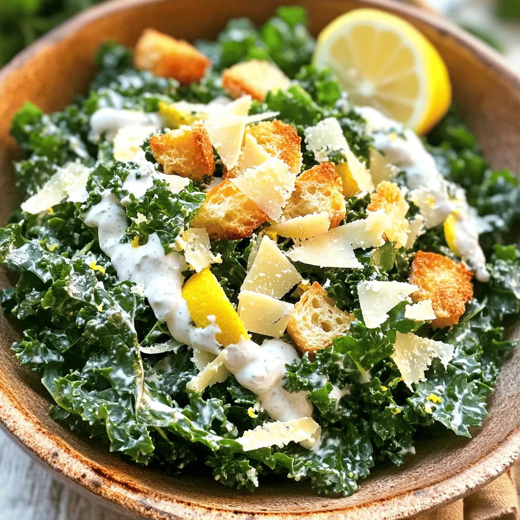 - 1 große Portion Grünkohl, vom Stamm befreit und grob gehackt - 1 Tasse Croutons (kaufen oder selbstgemacht) - 1/2 Tasse geriebener Parmesan Der Grünkohl ist die Hauptzutat. Er ist gesund, reich an Vitaminen und Mineralstoffen. Achte darauf, frischen Grünkohl zu wählen. Die Croutons geben dem Salat einen schönen Crunch. Du kannst sie kaufen oder selbst machen. Parmesan sorgt für einen leckeren, herzhaften Geschmack. - 1/4 Tasse Natur-Joghurt - 2 Esslöffel Zitronensaft - 2 Teelöffel Dijon-Senf Das Dressing ist einfach und frisch. Natur-Joghurt macht es cremig, ohne viel Fett. Zitronensaft bringt Frische und Säure. Dijon-Senf fügt einen tollen Geschmack hinzu. Diese Zutaten sind perfekt für einen klassischen Caesar-Geschmack. - 1 Zehe Knoblauch, fein gehackt - 1 Esslöffel Olivenöl - Salz und Pfeffer nach Geschmack Knoblauch gibt dem Dressing einen tollen Kick. Olivenöl macht es reichhaltig und gesund. Salz und Pfeffer sind wichtig, um die Aromen zu verstärken. Diese Gewürze sind einfach, aber sehr effektiv für deinen Salat. Für die genaue Zubereitung und mehr Details, schau dir das Full Recipe an. Zuerst spüle den Grünkohl gründlich ab. Dies entfernt Schmutz und kleine Partikel. Danach entferne die dicken Stiele. Du kannst sie einfach abknicken. Reiße die Blätter dann in mundgerechte Stücke. Das macht den Salat einfacher zu essen. Wenn du die Blätter in kleine Stücke reißt, wird der Salat gleichmäßiger. In einer separaten Schüssel vermische die Zutaten für das Dressing. Nimm Natur-Joghurt, Zitronensaft, Dijon-Senf, gehackten Knoblauch und Olivenöl. Rühre alles gut zusammen, bis es glatt ist. Das Dressing sollte cremig und lecker schmecken. Abschmecke es mit Salz und Pfeffer. So wird der Geschmack perfekt. Gieße das Dressing gleichmäßig über den vorbereiteten Grünkohl. Mische alles gut, damit die Blätter schön bedeckt sind. Füge dann die Croutons und den geriebenen Parmesan hinzu. Hebe sie vorsichtig unter, damit du den Crunch der Croutons behältst. Lasse den Salat für etwa fünf Minuten ruhen. So können die Aromen gut durchziehen. Du kannst das ganze Rezept unter [Full Recipe] finden. Um den Grünkohl zarter zu machen, massiere die Blätter. Dies hilft, die festen Fasern zu brechen. Du kannst die Blätter einfach mit einer Prise Salz für 2-3 Minuten sanft kneten. Das macht den Salat geschmackvoller und angenehmer zu essen. Wenn du keinen Grünkohl magst, probiere Mangold oder Spinat. Diese Blätter sind etwas milder, aber ebenfalls nahrhaft. Für vegane Optionen kannst du den Natur-Joghurt durch pflanzlichen Joghurt ersetzen. Cashew-Creme ist auch eine gute Wahl. Sie gibt dem Dressing eine reichhaltige Textur. Wenn du Allergien hast, achte auf die Zutaten. Du kannst den Dijon-Senf weglassen oder durch eine milde Senfvariante ersetzen. Präsentiere den Salat in einer großen Schüssel. Streue zusätzlich Parmesan darüber und dekoriere mit Zitronenscheiben. Diese Garnitur sieht toll aus und bringt Frische. Als Beilagen passen gegrilltes Hähnchen oder geröstete Kichererbsen gut dazu. Sie machen den Salat noch sättigender und bieten tolle Aromen. {{image_4}} Eine tolle Möglichkeit, deinen Kale Caesar Salad zu verbessern, ist das Hinzufügen von zusätzlichen Zutaten. Du kannst Avocado hinzufügen, um eine cremige Textur zu erzielen. Avocado bringt gesunde Fette mit und macht den Salat noch nahrhafter. Ein weiteres leckeres Add-On ist gegrilltes Hähnchen. Es liefert Protein und macht den Salat zu einer vollständigen Mahlzeit. Wenn du etwas Abwechslung suchst, kannst du verschiedene Dressings ausprobieren. Ein Kräuterdressing bringt frische Aromen in den Salat. Du kannst einfach frische Kräuter wie Basilikum oder Petersilie verwenden. Eine andere gute Option ist ein Senfdressing. Dieser gibt dem Salat einen würzigen Kick, der gut mit dem Grünkohl harmoniert. Für glutenfreie Varianten kannst du glutenfreie Croutons nutzen. Diese sind mittlerweile in vielen Läden erhältlich oder du kannst sie selbst machen. Auch alternative Salatzutaten sind eine gute Idee. Anstelle von Croutons kannst du Nüsse oder Samen verwenden, die gut knusprig sind. Sie bieten eine tolle Textur und sind ebenso gesund. Schau dir das [Full Recipe] an, um die Grundzutaten und die Zubereitung zu sehen. Um den Kale Caesar Salad frisch zu halten, lagere ihn im Kühlschrank. Der Salat bleibt etwa 2 bis 3 Tage gut. Verpacke den Salat in einen luftdichten Behälter. So bleibt er knackig und frisch. Vermeide es, das Dressing vor der Lagerung hinzuzufügen. Das hält den Grünkohl von der matschigen Textur fern. Das Dressing kannst du bis zu einer Woche im Kühlschrank aufbewahren. Stelle sicher, dass du es in einem separaten Behälter lagerst. So bleibt es lange frisch und lecker. Du kannst das Dressing auch im Voraus zubereiten. Es ist einfach und spart Zeit beim Kochen. Wenn du noch Grünkohl übrig hast, gibt es viele Möglichkeiten, ihn zu verwenden. Du kannst ihn in einer Suppe oder einem Smoothie hinzufügen. Das gibt dir einen zusätzlichen Nährstoffkick. Du kannst den übrig gebliebenen Grünkohl auch in einem Pfannengericht verwenden. Einfach in etwas Öl anbraten und mit Gewürzen abschmecken. Der Kale Caesar Salad eignet sich auch gut für andere Gerichte. Verwende ihn als Füllung für Wraps oder Sandwiches. Du kannst ihn auch in einer warmen Quiche verwenden. So schaffst du neue und leckere Mahlzeiten aus den Resten. Für die Meal Prep kannst du den Grünkohl und das Dressing am Sonntag vorbereiten. Teile den Grünkohl in Portionen auf. Bewahre ihn in Behältern auf, die sich gut stapeln lassen. Das macht das Essen einfach und schnell. Für das Dressing kannst du kleine Gläser oder Flaschen nutzen. Fülle sie mit dem Dressing und beschrifte sie. So hast du immer eine gesunde Option zur Hand. Wenn du unterwegs bist, kannst du den Salat in Behältern für Take-Away packen. Achte darauf, dass das Dressing separat bleibt, um die Frische zu sichern. Besuche [Full Recipe], um die komplette Anleitung zu finden! Der Kale Caesar Salad bleibt frisch, wenn du ihn richtig lagerst. Du kannst ihn im Kühlschrank aufbewahren. In einem luftdichten Behälter bleibt er etwa 2-3 Tage gut. Wenn du Reste hast, lagere das Dressing getrennt. So bleibt der Salat knackig. Ja, du kannst Grünkohl blanchieren. Blanchieren macht den Grünkohl zarter. Du tauchst ihn kurz in kochendes Wasser. Danach schnell in Eiswasser geben. Das stoppt das Kochen. Vorteile des Blanchierens: - Es reduziert Bitterkeit. - Es hilft, die grüne Farbe zu erhalten. Nachteile: - Der Grünkohl verliert etwas Crunch. - Er kann an Geschmack verlieren. Ja, du kannst ihn vegan machen. Der Salat ist einfach anzupassen. Statt Joghurt, probiere pflanzliche Alternativen. Nussjoghurt oder Sojajoghurt funktionieren gut. Für den Käse kannst du Hefeflocken verwenden. So bleibt der Geschmack toll und vegan. Hausgemachte Croutons sind leicht zu machen. Hier ist ein einfaches Rezept: - Zutaten: - 2 Tassen Brot (z.B. Baguette oder Vollkorn) - 2 Esslöffel Olivenöl - 1 Teelöffel Knoblauchpulver - Salz und Pfeffer nach Geschmack Zubereitung: 1. Heize den Ofen auf 180 Grad vor. 2. Schneide das Brot in kleine Würfel. 3. Mische die Brotwürfel mit Olivenöl, Knoblauchpulver, Salz und Pfeffer. 4. Verteile die Würfel auf einem Backblech. 5. Backe sie 10-15 Minuten, bis sie goldbraun sind. So hast du leckere Croutons für deinen Salat! Der Kale Caesar Salad vereint gesunde Zutaten wie Grünkohl, Croutons und Parmesan. Ihr erfahrt, wie man ein cremiges Dressing aus Joghurt, Zitronensaft und Dijon-Senf zubereitet. Wichtig sind die gewählten Gewürze und Öle. Massiert den Grünkohl für mehr Zartheit. Ihr könnt den Salat mit Zutaten wie Avocado oder Hähnchen anpassen. Lagert Reste richtig und nutzt sie in anderen Gerichten. Dieser Salat ist nicht nur lecker, sondern auch vielseitig und gesund. Probiert es aus, und genießt jeden Biss!