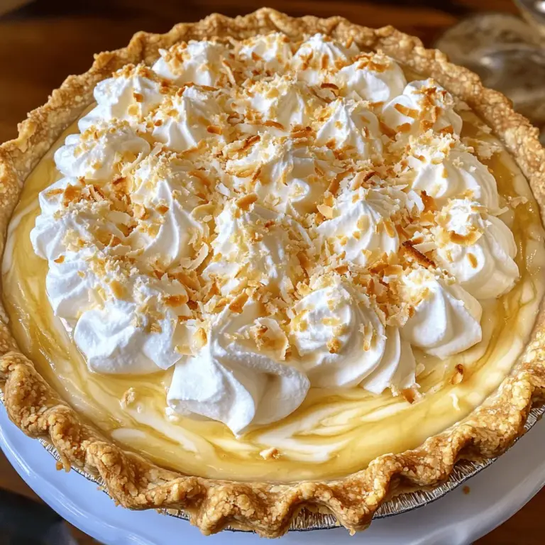 - 1 fertig gebackener Tortenboden (23 cm) - 1 Tasse ungesüßte Kokosflocken (geröstet) - 1 Tasse Schlagsahne Die Hauptzutaten sind der Schlüssel zu einem leckeren Kokoscreme-Pie. Der Tortenboden gibt Stabilität und Struktur. Die ungesüßten Kokosflocken bringen echten Kokosgeschmack. Schlagsahne sorgt für die cremige Textur. - 1 Tasse Kokosmilch - ½ Tasse Zucker - ¼ Tasse Maisstärke Kokosmilch macht die Füllung reichhaltig und cremig. Zucker süßt die Mischung und sorgt für Balance. Maisstärke hilft, die Füllung zu binden, sodass sie perfekt wird. - Zusätzliche Kokosflocken - Frische Früchte oder Schokolade Garnierungen sind eine schöne Ergänzung. Röstete Kokosflocken geben einen tollen Crunch. Frische Früchte bringen Frische und Farbe. Schokolade fügt eine süße Note hinzu. Diese Extras machen den Pie besonders. Für das vollständige Rezept, schauen Sie sich den Abschnitt "Full Recipe" an. Heize deinen Ofen auf 175°C vor. Verteile die ungesüßten Kokosflocken auf einem Backblech. Röste sie für etwa 5-7 Minuten, bis sie goldbraun sind. Rühre während des Röstens gelegentlich um. Nimm die Flocken aus dem Ofen und lasse sie abkühlen. Nimm den vorgefertigten Tortenboden und lege ihn in eine Tortenform. Backe ihn gemäß den Anweisungen auf der Verpackung. Lass ihn vollständig abkühlen, bevor du mit der Füllung beginnst. In einem mittleren Topf vermenge Zucker, Maisstärke und eine Prise Salz. In einer separaten Schüssel schlage die Eigelbe mit der Kokosmilch gut durch. Gieße die Eimischung nach und nach in den Topf. Rühre alles gut um, bis die Mischung gleichmäßig ist. Stelle den Topf auf mittlere Hitze. Rühre die Mischung konstant um, bis sie eindickt und blubbert. Dies dauert etwa 5-7 Minuten. Nimm den Topf vom Herd. Füge den Vanilleextrakt und die gerösteten Kokosflocken hinzu. Hebe einige Flocken für die Garnitur auf. In einer separaten Schüssel schlage die Sahne, bis sie steife Spitzen bildet. Füge die geschlagene Sahne vorsichtig zur Kokosfüllung hinzu. Mische alles gut, um eine luftige Füllung zu erzielen. Gieße die Kokoscremefüllung in den abgekühlten Tortenboden. Verteile sie gleichmäßig. Decke die Pie mit Frischhaltefolie ab. Stelle sie für mindestens 4 Stunden in den Kühlschrank, damit sie fest wird. Jetzt ist dein Kokoscreme-Pie bereit für die Garnitur und den Genuss. Folge dem Full Recipe für weitere Details und Tipps. Um die perfekte Textur für Ihren Kokoscreme-Pie zu erreichen, ist geschlagene Sahne wichtig. Sie macht die Füllung leicht und luftig. Wenn Sie die Sahne unterheben, tun Sie das sanft. So bleiben die Luftblasen erhalten. Klumpen in der Füllung sind nicht schön. Rühren Sie die Mischung gut durch, um sie glatt zu halten. Achten Sie darauf, die Füllung nicht zu überkochen. Ein häufiger Fehler ist das Überkochen der Füllung. Wenn Sie die Mischung zu lange kochen, wird sie zu dick und gummiartig. Rühren Sie ständig und nehmen Sie sie vom Herd, wenn sie anfängt zu blubbern. Ein zu milder Vanillegeschmack kann auch ein Problem sein. Verwenden Sie hochwertigen Vanilleextrakt für den besten Geschmack. Mehr ist nicht immer besser, aber etwas mehr kann helfen. Frische Zutaten machen einen großen Unterschied. Sie verbessern den Geschmack und die Textur des Pies. Verwenden Sie frische Kokosnüsse oder hochwertige Kokosmilch. Achten Sie beim Kauf von Zutaten auf Qualität. Suchen Sie nach ungesüßten Kokosflocken. Diese sind ideal für Ihren Pie. Verwenden Sie frische Eier für die Füllung. Sie sorgen für eine bessere Bindung. Für das vollständige Rezept, schauen Sie sich den tropischen Genuss Kokoscreme-Pie an. {{image_4}} Für eine vegane Version des Kokoscreme-Pies können wir die Eier und Sahne ersetzen. Verwenden Sie eine pflanzliche Sahne, die auf Kokos oder Mandeln basiert. Statt der Eigelbe nehmen Sie einfach ein paar Esslöffel Maisstärke. Diese bindet die Füllung gut. Sie können auch einen veganen Tortenboden verwenden. Hier eignen sich glutenfreie Kekse oder Haferflocken. So bleibt der Pie lecker und tierfreundlich. Für glutenfreie Alternativen gibt es viele gute Tortenbodensorten. Sie können fertig gekaufte glutenfreie Böden nutzen oder selbst aus Mandeln und Kokosmehl einen machen. Das gibt dem Pie eine tolle Textur und Geschmack. Passen Sie die Füllung an, indem Sie glutenfreie Stärke verwenden. Speisen wie Mais- oder Kartoffelstärke sind hier eine gute Wahl. So bleibt alles sicher und lecker. Um den Geschmack zu erweitern, können Sie Schokoladen- oder Fruchtfüllungen ausprobieren. Fügen Sie einfach geriebene Schokolade oder pürierte Früchte zur Füllung hinzu. Dies gibt dem Pie eine spannende Note. Gewürze wie Zimt oder Muskatnuss bringen Wärme und Tiefe in Ihr Rezept. Ein Teelöffel Zimt kann Wunder wirken. Experimentieren Sie mit diesen Aromen, um Ihren perfekten Kokoscreme-Pie zu finden. Um deinen Kokoscreme-Pie frisch zu halten, lege ihn in den Kühlschrank. Decke den Pie mit Frischhaltefolie ab. So bleibt die Füllung cremig und die Kruste knusprig. Achte darauf, dass der Pie gut abgedeckt ist. Dies verhindert, dass er Gerüche aus dem Kühlschrank aufnimmt. Ein fertiggestellter Kokoscreme-Pie hält sich etwa 3 bis 4 Tage im Kühlschrank. Achte darauf, ihn rechtzeitig zu essen, um den besten Geschmack zu genießen. Wenn der Pie Anzeichen von Verderb zeigt, wie eine Veränderung der Farbe oder des Geruchs, wirf ihn weg. Um optimale Frische zu gewährleisten, esse ihn schnell. Wenn du den Pie länger aufbewahren möchtest, kannst du ihn einfrieren. Stelle sicher, dass er komplett abgekühlt ist. Wickele ihn gut in Frischhaltefolie und dann in Alufolie ein. So schütze ich ihn vor Frostschäden. Um den besten Geschmack zu erhalten, tau ihn im Kühlschrank auf. Lass ihn über Nacht dort, bevor du ihn servierst. So bleibt er lecker und cremig. Die Zubereitung eines Kokoscreme-Pies dauert etwa 30 Minuten. Die gesamte Zeit, inklusive Kühlen, beträgt 4 Stunden und 30 Minuten. Achte darauf, dass du den Kuchen mindestens 4 Stunden im Kühlschrank lässt. So wird die Füllung fest und lecker. Ja, du kannst den Kokoscreme-Pie im Voraus zubereiten. Bereite ihn am besten einen Tag zuvor vor. So haben die Aromen Zeit, sich zu verbinden. Das macht den Pie noch köstlicher. Lagere ihn abgedeckt im Kühlschrank, bis du ihn servieren möchtest. Um die Füllung dicker zu machen, füge mehr Maisstärke hinzu. Du kannst auch die Eier erhöhen. Verwende zum Beispiel 4 Eigelbe anstelle von 3. Achte darauf, die Mischung gut zu rühren, während sie kocht. So erhältst du eine cremige und gleichmäßige Konsistenz. Ja, du kannst einen veganen Kokoscreme-Pie machen. Ersetze die Eier durch einen Eiersatz, wie Apfelmus oder Leinsamen. Verwende auch eine pflanzliche Sahne und einen veganen Tortenboden. So kannst du den vollen Geschmack genießen, ohne tierische Produkte zu verwenden. Für eine ansprechende Garnierung verwende geröstete Kokosflocken. Streue sie großzügig auf die Füllung. Du kannst auch frische Früchte wie Ananas oder Mango hinzufügen. Schokoladensplitter sind eine weitere schöne Möglichkeit, den Pie zu dekorieren. Der Kokoscreme-Pie ist ein köstliches Dessert, das einfach zu machen ist. Wir haben die Hauptzutaten, die Zubereitung und hilfreiche Tipps behandelt. Variationen bieten noch mehr Geschmacksmöglichkeiten. Richtiges Lagern hält Ihren Pie frisch. Er bleibt im Kühlschrank einige Tage gut. Denken Sie daran, frische Zutaten zu verwenden für den besten Geschmack. Nun sind Sie bereit, Ihren eigenen Kokoscreme-Pie zu kreieren. Viel Spaß beim Backen und Genießen!