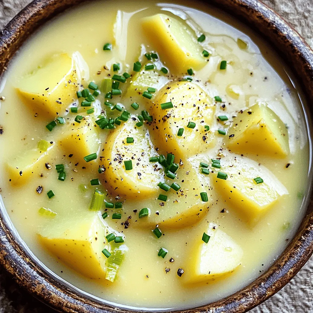 Die Zutaten für die cremige Kartoffel-Lauch-Suppe sind leicht zu finden und lecker. Hier ist die detaillierte Liste: - Kartoffeln: 4 mittelgroße Yukon-Gold-Kartoffeln, geschält und gewürfelt - Lauch: 3 Lauchstangen, sorgfältig gereinigt und in Scheiben geschnitten - Zwiebeln und Knoblauch: 1 Zwiebel grob gehackt, 3 Knoblauchzehen fein gehackt - Brühe und Sahne: 4 Tassen Gemüsebrühe, 1 Tasse Sahne oder pflanzliche Alternative - Würzstoffe: Salz und Pfeffer nach Geschmack, Olivenöl Diese Zutaten vereinen sich zu einer wärmenden Suppe. Die Kartoffeln geben der Suppe ihren reichhaltigen Geschmack. Lauch fügt eine milde Süße hinzu. Zwiebeln und Knoblauch bringen Tiefe und Aroma. Die Gemüsebrühe sorgt für eine perfekte Basis. Ich empfehle, frische Zutaten zu wählen. Das macht einen großen Unterschied in der Qualität. Wenn du magst, kannst du auch frische Kräuter hinzufügen. Sie bringen zusätzlichen Geschmack und Farbe. Für die vollständige Zubereitung schau dir das [Full Recipe] an. - Schritt 1: Olivenöl erhitzen Erhitze das Olivenöl in einem großen Topf. Nutze mittlere Hitze, bis das Öl heiß ist. - Schritt 2: Zwiebel, Lauch und Knoblauch anbraten Gib die gehackte Zwiebel, den Lauch und den Knoblauch in den Topf. Brate die Mischung für 5 bis 7 Minuten an. Das Gemüse sollte weich und duftend sein. - Schritt 3: Kartoffeln hinzufügen und weiter braten Füge die gewürfelten Kartoffeln hinzu. Lass sie für 3 Minuten mitbraten. Dadurch werden sie etwas gegart und nehmen die Aromen auf. - Schritt 4: Gemüsebrühe hinzufügen und kochen Gieße die Gemüsebrühe in den Topf. Bring die Mischung zum Kochen. Sobald sie kocht, reduziere die Hitze und lass die Suppe 20 Minuten köcheln. - Schritt 5: Suppe pürieren Nutze einen Stabmixer, um die Suppe zu pürieren. Sie sollte cremig und glatt sein. Alternativ kannst du die Suppe in einem Standmixer pürieren und dann zurück in den Topf geben. - Schritt 6: Sahne einrühren und abschmecken Rühre langsam die Sahne oder die pflanzliche Alternative ein. Vermenge alles gut. Schmecke dann mit Salz und Pfeffer ab. - Schritt 7: Suppenlektion köcheln lassen Lass die Suppe für weitere 5 Minuten köcheln. So verbinden sich die Aromen gut. - Schritt 8: Suppe servieren und garnieren Serviere die Suppe heiß. Garniere sie mit frischen Schnittlauchröllchen oder Petersilie. Für die vollständige Anleitung, sieh dir das [Full Recipe] an. - Auswahl der besten Kartoffeln für die Suppe: Ich empfehle Yukon-Gold-Kartoffeln. Sie sind cremig und süß. Wähle festkochende Kartoffeln, um die Konsistenz zu verbessern. - Knoblauch- und Zwiebelaromen verstärken: Um die Aromen zu intensivieren, schneide die Zwiebeln und den Knoblauch klein. Brate sie bei mittlerer Hitze an, bis sie goldbraun sind. Dies bringt den vollen Geschmack heraus. - Tipps zum Pürieren für die richtige Konsistenz: Nutze einen Stabmixer für die beste Textur. Püriere die Suppe in mehreren kurzen Durchgängen. So bleibt sie schön cremig. Wenn du einen Standmixer verwendest, lass die Suppe etwas abkühlen, um Spritzer zu vermeiden. Für die vollständige Zubereitung schau dir das [Full Recipe] an. {{image_4}} Es gibt viele Möglichkeiten, die cremige Kartoffel-Lauch-Suppe zu variieren. Hier sind einige Ideen, die du ausprobieren kannst: - Vegane Variante mit pflanzlicher Sahne: Du kannst die Sahne durch pflanzliche Alternativen ersetzen. Mandel-, Soja- oder Hafercreme sind tolle Optionen. Diese machen die Suppe leicht und lecker. - Zusätzliche Zutaten wie Karotten oder Sellerie: Karotten bringen eine süßliche Note. Sellerie fügt mehr Tiefe hinzu. Schneide sie klein und füge sie zusammen mit den Kartoffeln hinzu. So wird die Suppe noch gesünder und bunter. - Verwendung von frischen Kräutern für weiteren Geschmack: Petersilie, Thymian oder Schnittlauch sind perfekte Ergänzungen. Frische Kräuter geben der Suppe eine frische Note. Streue sie kurz vor dem Servieren oben drauf. Mit diesen Variationen kannst du die Suppe nach deinem Geschmack anpassen und immer wieder neu erleben. Weitere Details findest du in der [Full Recipe]. Um die cremige Kartoffel-Lauch-Suppe frisch zu halten, lagere sie im Kühlschrank. Fülle die Suppe in einen luftdichten Behälter. So bleibt sie bis zu drei Tage gut. Achte darauf, dass der Behälter sauber ist. Das verhindert das Wachstum von Bakterien. Wenn du Reste hast, kannst du die Suppe auch einfrieren. Fülle die Suppe in gefrierfreundliche Behälter oder Beutel. Lass etwas Platz, da Flüssigkeiten sich beim Gefrieren ausdehnen. So bleibt die Suppe bis zu drei Monate haltbar. Zum Wiederaufwärmen, nimm die Suppe aus dem Kühlschrank oder Gefrierfach. Erwärme sie in einem Topf bei mittlerer Hitze. Rühre häufig um, damit sie gleichmäßig warm wird. Wenn die Suppe zu dick ist, füge etwas Brühe oder Wasser hinzu. So bleibt die Qualität erhalten. Wie lange haltbar ist cremige Kartoffel-Lauch-Suppe? Die Suppe hält sich im Kühlschrank etwa 3 bis 5 Tage. Achte darauf, sie gut zu verschließen. So bleibt sie frisch. Du kannst die Suppe auch einfrieren, wenn du sie länger aufbewahren möchtest. Im Gefrierfach bleibt sie bis zu drei Monate gut. Kann ich die Suppe im Voraus zubereiten? Ja, du kannst die Suppe im Voraus machen. Sie schmeckt sogar besser, wenn die Aromen über Nacht ziehen. Bereite die Suppe einfach zu und stelle sie in den Kühlschrank. Wenn du sie servieren willst, erwärme sie langsam. Welche Beilagen passen gut zur Kartoffel-Lauch-Suppe? Zu dieser Suppe passen viele Beilagen. Ein einfaches Brot oder Baguette ist perfekt. Du kannst auch einen frischen Salat dazu reichen. Ein paar Croutons oder geröstete Nüsse bringen zusätzlichen Crunch. Warum wird die Suppe nicht cremig genug? Wenn die Suppe nicht cremig genug ist, könnte das an der Menge der Sahne liegen. Achte darauf, die richtige Menge Sahne hinzuzufügen. Ein guter Mix mit einem Stabmixer hilft auch, die richtige Konsistenz zu erreichen. Wenn du die Suppe zu kurz pürierst, bleibt sie eher stückig. Diese Anleitung hat Ihnen gezeigt, wie Sie eine köstliche Kartoffel-Lauch-Suppe zubereiten. Wir haben die Zutatenliste, die Schritte zur Zubereitung und wichtige Tipps behandelt. Vergessen Sie nicht, dass Sie die Suppe nach Ihrem Geschmack variieren können. Ob vegan oder mit frischen Kräutern, die Möglichkeiten sind endlos. Außerdem wissen Sie jetzt, wie Sie die Suppe richtig lagern. Genießen Sie Ihre Suppe und experimentieren Sie weiter mit neuen Aromen!