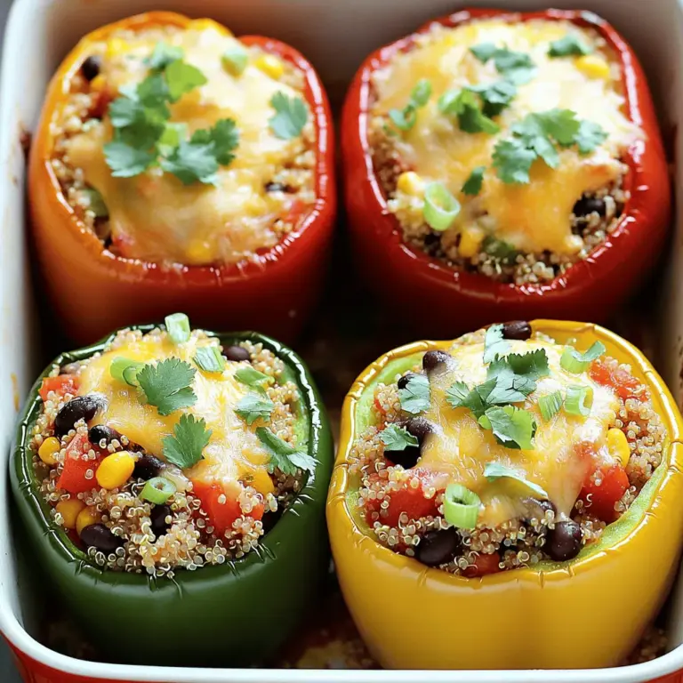 Für dieses Rezept verwende ich frische und nahrhafte Zutaten. Hier sind die Hauptzutaten: - 4 große Paprika (jede Farbe) - 1 Tasse Quinoa, gut abgespült - 2 Tassen Gemüsebrühe - 1 Dose (15 oz) schwarze Bohnen, abgetropft und abgespült - 1 Tasse Mais (frisch oder gefroren) - 1 Tasse gewürfelte Tomaten (aus der Dose oder frisch) - 1 Tasse geriebener Käse (z.B. Cheddar oder Monterey Jack) Diese Zutaten bieten viel Geschmack und Nährstoffe. Quinoa ist eine großartige Quelle für Protein und Ballaststoffe. Die Paprika bringen nicht nur Farbe, sondern auch Vitamine. Die Gewürze sind der Schlüssel zu einem tollen Geschmack. Ich verwende: - 1 Teelöffel Kreuzkümmel - 1 Teelöffel geräuchertes Paprikapulver - 1/2 Teelöffel Chili-Pulver - Salz und Pfeffer nach Geschmack Kreuzkümmel gibt einen warmen, erdigen Geschmack. Geräuchertes Paprikapulver verleiht den Paprika ein rauchiges Aroma. Chili-Pulver sorgt für eine angenehme Schärfe. Diese Gewürze machen das Gericht besonders lecker. Frische Zutaten bieten den besten Geschmack. Aber manchmal sind konservierte Zutaten praktisch. Zum Beispiel: - Frische Tomaten sind lecker, aber die Dosen sind einfach und schnell. - Frischer Mais schmeckt toll, aber gefrorener Mais ist auch gut. Wenn du frische Zutaten verwenden kannst, nutze sie. Sie geben deinem Gericht mehr Lebendigkeit. In der hektischen Küche sind konservierte Optionen jedoch hilfreich. So kannst du immer eine leckere Mahlzeit zaubern. Für das vollständige Rezept, schau dir die Anleitung in der Full Recipe an. Zuerst heizen Sie den Ofen auf 190°C vor. Nehmen Sie die großen Paprika und schneiden Sie die Oberseiten ab. Entfernen Sie die Kerne und die weißen Membranen. Stellen Sie die Paprika aufrecht in eine Auflaufform. So können sie sich beim Backen gut halten und die Füllung bleibt an Ort und Stelle. Geben Sie die Quinoa und die Gemüsebrühe in einen Kochtopf. Bringen Sie die Mischung zum Kochen. Reduzieren Sie dann die Hitze und decken Sie den Topf ab. Lassen Sie die Quinoa etwa 15 Minuten köcheln, bis sie fluffig ist. In einer großen Schüssel vereinen Sie die gekochte Quinoa mit den schwarzen Bohnen, dem Mais und den gewürfelten Tomaten. Fügen Sie Kreuzkümmel, geräuchertes Paprikapulver, Chili-Pulver und die Hälfte des Käses hinzu. Mischen Sie alles gut und würzen Sie mit Salz und Pfeffer nach Geschmack. Füllen Sie jede Paprika vorsichtig mit der Quinoa-Mischung. Drücken Sie leicht, damit sie gut gefüllt sind. Bestreuen Sie jede gefüllte Paprika mit dem restlichen Käse. Decken Sie die Auflaufform mit Folie ab. Backen Sie die Paprika 25 Minuten lang. Entfernen Sie die Folie und backen Sie weitere 10-15 Minuten. So werden die Paprika zart und der Käse blubbert. Nehmen Sie die Auflaufform aus dem Ofen und lassen Sie sie einige Minuten abkühlen. Garnieren Sie die gefüllten Paprika mit frischem Koriander, bevor Sie sie servieren. Die Zubereitung ist einfach und macht viel Freude. Probieren Sie mein Rezept für mehr Details. Um den Geschmack Ihrer gefüllten Paprika zu verbessern, wählen Sie die richtigen Gewürze. Kreuzkümmel bringt eine erdige Note. Geräuchertes Paprikapulver fügt Tiefe hinzu. Chili-Pulver bringt etwas Schärfe. Experimentieren Sie mit frischen Kräutern wie Petersilie oder Thymian. Diese geben einen frischen Geschmack. Matschte Paprika können das Essen ruinieren. Wählen Sie dickwandige Paprika für mehr Haltbarkeit. Entfernen Sie vor dem Füllen die Kerne und die weißen Membranen. Diese Teile können Wasser speichern. Backen Sie die gefüllten Paprika mit Folie bedeckt. So bleibt die Feuchtigkeit im Inneren. Entfernen Sie die Folie für die letzten Minuten, um eine goldbraune Oberfläche zu erhalten. Die Präsentation macht das Gericht besonders. Servieren Sie die gefüllten Paprika auf einer großen Platte. Umgeben Sie sie mit frischem Koriander. Ein Spritzer Zitronensaft bringt Frische. Verwenden Sie auch eine Zitronenscheibe als Garnierung. Das sorgt für einen schönen Farbkontrast und ansprechendes Aussehen. Für den letzten Schliff können Sie etwas geriebenen Käse darüber streuen. Dies macht die Paprika noch ansprechender und leckerer. Für das komplette Rezept schauen Sie sich die [Full Recipe] an. {{image_4}} Um die gefüllten Paprika vegan zu machen, ersetzen Sie den Käse. Verwenden Sie stattdessen pflanzliche Käsealternativen oder Hefeflocken. Diese geben einen tollen, käsigen Geschmack, ohne tierische Produkte zu nutzen. Sie können auch mehr Gemüse wie Zucchini oder Spinat in die Füllung geben. Das sorgt für mehr Nährstoffe und Farbe. Die Basis der Füllung ist Quinoa, die von Natur aus glutenfrei ist. Wenn Sie trotzdem eine andere Füllung möchten, probieren Sie Buchweizen oder Reis. Beide Optionen sind glutenfrei und passen gut zu den Paprika. Achten Sie darauf, dass alle anderen Zutaten ebenfalls glutenfrei sind, insbesondere die Gemüsebrühe. Es gibt viele Möglichkeiten, die Füllung zu variieren. Hier sind einige Ideen: - Mediterrane Füllung: Fügen Sie Oliven, Feta und frische Kräuter hinzu. - Indische Füllung: Nutzen Sie Kichererbsen, Garam Masala und etwas Spinat. - Tex-Mex-Füllung: Geben Sie Jalapeños, Avocado und Limette hinzu. Experimentieren Sie mit verschiedenen Zutaten, um Ihre perfekte Mischung zu finden. Für das vollständige Rezept besuchen Sie den Abschnitt [Full Recipe]. Um die Reste Ihrer gefüllten Paprika frisch zu halten, lassen Sie sie zuerst abkühlen. Packen Sie sie dann in einen luftdichten Behälter. So bleiben Geschmack und Textur erhalten. Stellen Sie sicher, dass die Reste innerhalb von zwei Tagen verzehrt werden. Das verhindert, dass sie verderben. Wenn Sie viele gefüllte Paprika gemacht haben, können Sie einige einfrieren. Lassen Sie sie vollständig abkühlen. Wickeln Sie jede Paprika in Frischhaltefolie und legen Sie sie in einen gefrierfesten Beutel. So bleiben sie bis zu drei Monate haltbar. Zum Auftauen legen Sie die gefrorenen Paprika einfach in den Kühlschrank. Lassen Sie sie über Nacht auftauen. Danach können Sie sie im Ofen aufwärmen. Die gefüllten Paprika halten sich im Kühlschrank etwa drei bis vier Tage. Achten Sie darauf, sie gut abgedeckt zu lagern. Überprüfen Sie die Paprika vor dem Essen auf Anzeichen von Verderb. Wenn sie unangenehm riechen oder die Textur sich verändert hat, entsorgen Sie sie. So bleibt Ihre Küche hygienisch und sicher. Sie können gefüllte Paprika bis zu zwei Tage im Voraus zubereiten. Bereiten Sie die Paprika und die Füllung vor, aber backen Sie sie noch nicht. Lagern Sie sie in einem luftdichten Behälter im Kühlschrank. Wenn Sie bereit sind, sie zu essen, backen Sie die Paprika einfach gemäß dem Rezept. So bleiben sie frisch und lecker. Ja, Sie können die Quinoa durch Reis ersetzen. Verwenden Sie braunen oder weißen Reis. Kochen Sie den Reis jedoch separat. Die Kochzeit für Reis ist länger als für Quinoa. Achten Sie darauf, die Menge und die Flüssigkeit entsprechend anzupassen, damit es nicht zu trocken wird. Reis gibt den Paprika einen anderen, aber ebenso köstlichen Geschmack. Zu gefüllten Paprika passen viele Beilagen. Ein frischer Salat ist immer eine gute Wahl. Sie können auch etwas Guacamole oder eine leckere Salsa dazu servieren. Reis oder Quinoa als zusätzliche Beilage ergänzen das Gericht gut. Diese Kombinationen bringen noch mehr Geschmack und Nährstoffe auf den Tisch. Egal, ob du Vegetarier bist oder einfach neue Gerichte ausprobieren möchtest, gefüllte Paprika sind eine tolle Wahl. Der Blogbeitrag gibt dir eine klare Anleitung von den Zutaten bis zur Zubereitung. Du hast Tipps erhalten, um die Paprika perfekt zu würzen und ihre Textur zu bewahren. Es gibt auch viele Variationen, die du je nach Vorliebe anpassen kannst. Denke an die Lagerung, damit du die Reste lange genießen kannst. Probiere es aus und bringe frischen Schwung in dein Kochen!