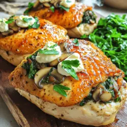 - 4 Hähnchenbrustfilets ohne Haut und Knochen - 1 Tasse frische Champignons, fein gehackt - 1 Tasse frischer Spinat, grob gehackt Die Hauptzutaten sind einfach und gesund. Die Hähnchenbrustfilets sind mager und proteinreich. Champignons bringen einen tollen Geschmack und sind kalorienarm. Spinat fügt wichtige Nährstoffe hinzu. Diese Mischung sorgt für ein leckeres und nahrhaftes Gericht. - 1 Teelöffel Salz - 1/2 Teelöffel schwarzer Pfeffer - 1 Teelöffel getrockneter Thymian - 2 Esslöffel Olivenöl Die Gewürze sind wichtig für den Geschmack. Salz und Pfeffer geben die nötige Würze. Getrockneter Thymian bringt ein feines Aroma. Olivenöl sorgt für eine gesunde Fettquelle und hilft beim Braten. Diese Öle machen das Gericht zart und saftig. - 1 kleine Zwiebel, fein gehackt - 2 Knoblauchzehen, zerdrückt - 1/2 Tasse Frischkäse, weich - 1/4 Tasse geriebener Parmesan - Frische Petersilie, gehackt (zur Garnierung) Die ergänzenden Zutaten runden das Gericht ab. Zwiebel und Knoblauch bringen Tiefe und Geschmack. Frischkäse und Parmesan sorgen für eine cremige Füllung. Die Petersilie gibt eine frische Note und sieht schön aus. Diese Zutaten machen das Gericht besonders lecker und ansprechend. Für die vollständige Zubereitung und weitere Details, sehen Sie sich das [Full Recipe] an. Zuerst erhitzen wir 1 Esslöffel Olivenöl in einer Pfanne. Bei mittlerer Hitze brate ich die fein gehackte Zwiebel und den zerdrückten Knoblauch an. Nach 3-4 Minuten sind sie weich und aromatisch. Jetzt kommen die fein gehackten Champignons hinzu. Brate sie, bis sie goldbraun sind. Das dauert etwa 5-7 Minuten. Danach füge ich den grob gehackten Spinat hinzu. Rühre alles um, bis der Spinat zusammengefallen ist. Lass die Mischung einige Minuten abkühlen. In einer Rührschüssel mische ich die abgekühlte Pilz- und Spinatmischung mit dem Frischkäse, Parmesan, Thymian, Salz und Pfeffer. Mische alles gut durch, bis die Füllung cremig ist. Ich schneide jetzt vorsichtig jede Hähnchenbrust horizontal ein, um eine Tasche zu machen. Achte darauf, das Filet nicht ganz durchzuschneiden. Jetzt fülle ich jede Hähnchenbrust großzügig mit der Pilz- und Spinatfüllung. Wenn nötig, benutze ich Zahnstocher, um die Öffnung zu sichern. In der gleichen Pfanne erhitze ich das restliche Esslöffel Olivenöl bei mittelhoher Hitze. Ich brate die gefüllten Hähnchenbrustfilets für 3-4 Minuten auf jeder Seite, bis sie goldbraun sind. Danach lege ich die angebratenen Hähnchenbrustfilets in eine Auflaufform. Ich decke sie mit Folie ab und backe sie im vorgeheizten Ofen bei 190°C für 25-30 Minuten. Das Hähnchen ist fertig, wenn die Innentemperatur 74°C erreicht. Nach dem Backen lasse ich das Hähnchen 5 Minuten ruhen, bevor ich die Zahnstocher entferne. Dann schneide ich das Hähnchen auf und enthülle die köstliche Füllung. Für das vollständige Rezept, schau dir [Full Recipe] an. - Die richtige Temperatur verwenden: Achte darauf, deinen Ofen auf 190°C vorzuheizen. Dies hilft, das Hähnchen gleichmäßig zu garen. Zu hohe Temperaturen können das Hähnchen außen verbrennen, während es innen roh bleibt. - Füllung gut abkühlen lassen: Lass die Pilz- und Spinatfüllung nach dem Kochen abkühlen, bevor du sie in das Hähnchen gibst. Eine heiße Füllung kann das Hähnchen zäh machen und die Füllung kann auslaufen. - Hähnchen nicht überfüllen: Fülle die Hähnchenbrust nur bis zur Hälfte. Zu viel Füllung kann dazu führen, dass das Hähnchen reißt oder die Füllung ausläuft. - Überhitzung der Füllung vermeiden: Achte darauf, die Füllung nicht zu lange zu kochen, bevor du sie in das Hähnchen gibst. Sie sollte warm, aber nicht heiß sein. - Beilagenempfehlungen: Serviere das gefüllte Hähnchen mit gedämpftem Gemüse oder einem frischen Salat. Diese Beilagen bringen Farbe und Frische auf den Teller. - Ästhetische Anrichten Tipps: Schneide das Hähnchen nach dem Kochen in Scheiben, um die Füllung zu zeigen. Garniere das Gericht mit frisch gehackter Petersilie für einen schönen Farbkontrast. Für das vollständige Rezept, schaue dir die herzhaften gefüllten Hähnchenbrust mit Pilzen und Spinat an! {{image_4}} Um die gefüllte Hähnchenbrust spannend zu halten, probieren Sie verschiedene Füllungen aus. - Gemüsevariationen: Neben Champignons können Sie auch Zucchini oder Paprika verwenden. Diese bringen Farbe und Geschmack. Mischen Sie die Gemüse mit Zwiebeln und Knoblauch für eine leckere Basis. - Käsevariationen: Anstelle von Frischkäse können Sie Feta oder Mozzarella nutzen. Feta gibt einen würzigen Kick, während Mozzarella die Füllung schön cremig macht. Suchen Sie nach gesünderen Optionen? Hier sind einige Ideen. - Low-Carb Optionen: Verwenden Sie Putenbrust statt Hähnchen für weniger Kohlenhydrate. Füllen Sie das Hähnchen mit Gemüse und Käse für ein leichtes Gericht. - Vegetarische Alternativen: Ersetzen Sie das Hähnchen durch Auberginen oder Zucchini. Füllen Sie diese mit der Pilz- und Spinatmischung für ein tolles vegetarisches Rezept. Die richtige Würze macht alles besser. Experimentieren Sie mit diesen Vorschlägen. - Einsatz von frischen Kräutern: Frische Kräuter wie Basilikum oder Oregano bringen ein neues Aroma. Mischen Sie diese in die Füllung oder streuen Sie sie darüber. - Gewürzmischungen ausprobieren: Nutzen Sie Gewürzmischungen wie italienische oder mexikanische. Diese geben der Füllung einen besonderen Geschmack und Abwechslung. Für eine einfache Anleitung zu diesem Gericht, schauen Sie sich das [Full Recipe] an. Wenn Sie übrig gebliebenes gefülltes Hähnchen haben, lassen Sie es zuerst abkühlen. Dann legen Sie es in einen luftdichten Behälter. So bleibt das Hähnchen frisch. Verwenden Sie Behälter aus Glas oder BPA-freiem Plastik. Diese Materialien sind sicher und helfen, den Geschmack zu bewahren. Um das gefüllte Hähnchen einzufrieren, wickeln Sie jedes Stück in Frischhaltefolie ein. Legen Sie die eingewickelten Stücke in einen Gefrierbeutel. Drücken Sie die Luft heraus, bevor Sie ihn schließen. So verhindern Sie Gefrierbrand. Zum Auftauen legen Sie das Hähnchen über Nacht in den Kühlschrank. Dies ist die beste Methode, um es sanft zu erweichen. Im Kühlschrank hält sich das gefüllte Hähnchen etwa 3 bis 4 Tage. Achten Sie darauf, es gut verpackt zu lagern. Im Gefrierschrank bleibt es bis zu 3 Monate frisch. Beschriften Sie die Verpackung mit dem Datum. So wissen Sie immer, wie lange es schon eingefroren ist. Die Vorbereitungszeit beträgt 15 Minuten. Die Gesamtzeit zur Zubereitung ist 50 Minuten. Dies sind die Zeiten, die Sie für das Kochen benötigen. Es ist einfach und schnell, was es perfekt für ein schnelles Abendessen macht. Ja, Sie können die Füllung im Voraus zubereiten. Kochen Sie sie einfach und lassen Sie sie abkühlen. Lagern Sie die Füllung dann in einem luftdichten Behälter im Kühlschrank. So bleibt sie frisch bis zu drei Tage. Wenn Sie bereit sind, das Hähnchen zuzubereiten, füllen Sie es einfach mit der vorbereiteten Füllung. Ja, dieses Rezept kann glutenfrei sein. Verwenden Sie glutenfreie Frischkäse- und Parmesanoptionen. Überprüfen Sie immer die Etiketten, um sicherzustellen, dass keine Glutenquellen enthalten sind. Für die Zubereitung nutzen Sie frische, glutenfreie Zutaten. Dies macht das Gericht auch für glutenempfindliche Personen geeignet. In diesem Artikel haben wir das Rezept für gefüllte Hähnchenbrust besprochen. Wir schauten auf die Hauptzutaten wie Hähnchen, Champignons und Spinat. Zudem gab es Tipps zur Zubereitung, Fehler, die es zu vermeiden gilt, sowie Variante, die Sie ausprobieren können. Letztlich ist dieses Rezept flexibel und macht Spaß. Es schmeckt gut und lässt sich einfach anpassen. Probieren Sie es aus und genießen Sie es!