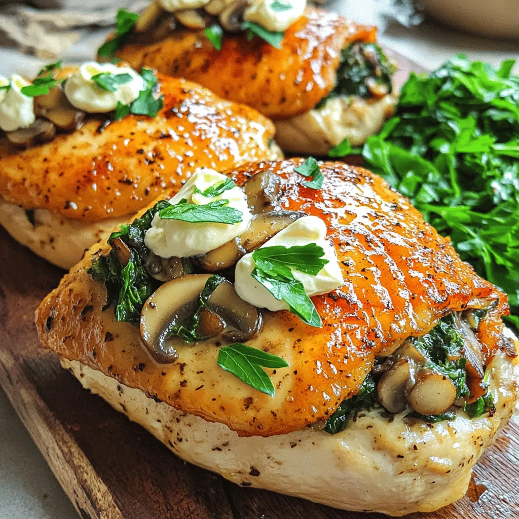 - 4 Hähnchenbrustfilets ohne Haut und Knochen - 1 Tasse frische Champignons, fein gehackt - 1 Tasse frischer Spinat, grob gehackt Die Hauptzutaten sind einfach und gesund. Die Hähnchenbrustfilets sind mager und proteinreich. Champignons bringen einen tollen Geschmack und sind kalorienarm. Spinat fügt wichtige Nährstoffe hinzu. Diese Mischung sorgt für ein leckeres und nahrhaftes Gericht. - 1 Teelöffel Salz - 1/2 Teelöffel schwarzer Pfeffer - 1 Teelöffel getrockneter Thymian - 2 Esslöffel Olivenöl Die Gewürze sind wichtig für den Geschmack. Salz und Pfeffer geben die nötige Würze. Getrockneter Thymian bringt ein feines Aroma. Olivenöl sorgt für eine gesunde Fettquelle und hilft beim Braten. Diese Öle machen das Gericht zart und saftig. - 1 kleine Zwiebel, fein gehackt - 2 Knoblauchzehen, zerdrückt - 1/2 Tasse Frischkäse, weich - 1/4 Tasse geriebener Parmesan - Frische Petersilie, gehackt (zur Garnierung) Die ergänzenden Zutaten runden das Gericht ab. Zwiebel und Knoblauch bringen Tiefe und Geschmack. Frischkäse und Parmesan sorgen für eine cremige Füllung. Die Petersilie gibt eine frische Note und sieht schön aus. Diese Zutaten machen das Gericht besonders lecker und ansprechend. Für die vollständige Zubereitung und weitere Details, sehen Sie sich das [Full Recipe] an. Zuerst erhitzen wir 1 Esslöffel Olivenöl in einer Pfanne. Bei mittlerer Hitze brate ich die fein gehackte Zwiebel und den zerdrückten Knoblauch an. Nach 3-4 Minuten sind sie weich und aromatisch. Jetzt kommen die fein gehackten Champignons hinzu. Brate sie, bis sie goldbraun sind. Das dauert etwa 5-7 Minuten. Danach füge ich den grob gehackten Spinat hinzu. Rühre alles um, bis der Spinat zusammengefallen ist. Lass die Mischung einige Minuten abkühlen. In einer Rührschüssel mische ich die abgekühlte Pilz- und Spinatmischung mit dem Frischkäse, Parmesan, Thymian, Salz und Pfeffer. Mische alles gut durch, bis die Füllung cremig ist. Ich schneide jetzt vorsichtig jede Hähnchenbrust horizontal ein, um eine Tasche zu machen. Achte darauf, das Filet nicht ganz durchzuschneiden. Jetzt fülle ich jede Hähnchenbrust großzügig mit der Pilz- und Spinatfüllung. Wenn nötig, benutze ich Zahnstocher, um die Öffnung zu sichern. In der gleichen Pfanne erhitze ich das restliche Esslöffel Olivenöl bei mittelhoher Hitze. Ich brate die gefüllten Hähnchenbrustfilets für 3-4 Minuten auf jeder Seite, bis sie goldbraun sind. Danach lege ich die angebratenen Hähnchenbrustfilets in eine Auflaufform. Ich decke sie mit Folie ab und backe sie im vorgeheizten Ofen bei 190°C für 25-30 Minuten. Das Hähnchen ist fertig, wenn die Innentemperatur 74°C erreicht. Nach dem Backen lasse ich das Hähnchen 5 Minuten ruhen, bevor ich die Zahnstocher entferne. Dann schneide ich das Hähnchen auf und enthülle die köstliche Füllung. Für das vollständige Rezept, schau dir [Full Recipe] an. - Die richtige Temperatur verwenden: Achte darauf, deinen Ofen auf 190°C vorzuheizen. Dies hilft, das Hähnchen gleichmäßig zu garen. Zu hohe Temperaturen können das Hähnchen außen verbrennen, während es innen roh bleibt. - Füllung gut abkühlen lassen: Lass die Pilz- und Spinatfüllung nach dem Kochen abkühlen, bevor du sie in das Hähnchen gibst. Eine heiße Füllung kann das Hähnchen zäh machen und die Füllung kann auslaufen. - Hähnchen nicht überfüllen: Fülle die Hähnchenbrust nur bis zur Hälfte. Zu viel Füllung kann dazu führen, dass das Hähnchen reißt oder die Füllung ausläuft. - Überhitzung der Füllung vermeiden: Achte darauf, die Füllung nicht zu lange zu kochen, bevor du sie in das Hähnchen gibst. Sie sollte warm, aber nicht heiß sein. - Beilagenempfehlungen: Serviere das gefüllte Hähnchen mit gedämpftem Gemüse oder einem frischen Salat. Diese Beilagen bringen Farbe und Frische auf den Teller. - Ästhetische Anrichten Tipps: Schneide das Hähnchen nach dem Kochen in Scheiben, um die Füllung zu zeigen. Garniere das Gericht mit frisch gehackter Petersilie für einen schönen Farbkontrast. Für das vollständige Rezept, schaue dir die herzhaften gefüllten Hähnchenbrust mit Pilzen und Spinat an! {{image_4}} Um die gefüllte Hähnchenbrust spannend zu halten, probieren Sie verschiedene Füllungen aus. - Gemüsevariationen: Neben Champignons können Sie auch Zucchini oder Paprika verwenden. Diese bringen Farbe und Geschmack. Mischen Sie die Gemüse mit Zwiebeln und Knoblauch für eine leckere Basis. - Käsevariationen: Anstelle von Frischkäse können Sie Feta oder Mozzarella nutzen. Feta gibt einen würzigen Kick, während Mozzarella die Füllung schön cremig macht. Suchen Sie nach gesünderen Optionen? Hier sind einige Ideen. - Low-Carb Optionen: Verwenden Sie Putenbrust statt Hähnchen für weniger Kohlenhydrate. Füllen Sie das Hähnchen mit Gemüse und Käse für ein leichtes Gericht. - Vegetarische Alternativen: Ersetzen Sie das Hähnchen durch Auberginen oder Zucchini. Füllen Sie diese mit der Pilz- und Spinatmischung für ein tolles vegetarisches Rezept. Die richtige Würze macht alles besser. Experimentieren Sie mit diesen Vorschlägen. - Einsatz von frischen Kräutern: Frische Kräuter wie Basilikum oder Oregano bringen ein neues Aroma. Mischen Sie diese in die Füllung oder streuen Sie sie darüber. - Gewürzmischungen ausprobieren: Nutzen Sie Gewürzmischungen wie italienische oder mexikanische. Diese geben der Füllung einen besonderen Geschmack und Abwechslung. Für eine einfache Anleitung zu diesem Gericht, schauen Sie sich das [Full Recipe] an. Wenn Sie übrig gebliebenes gefülltes Hähnchen haben, lassen Sie es zuerst abkühlen. Dann legen Sie es in einen luftdichten Behälter. So bleibt das Hähnchen frisch. Verwenden Sie Behälter aus Glas oder BPA-freiem Plastik. Diese Materialien sind sicher und helfen, den Geschmack zu bewahren. Um das gefüllte Hähnchen einzufrieren, wickeln Sie jedes Stück in Frischhaltefolie ein. Legen Sie die eingewickelten Stücke in einen Gefrierbeutel. Drücken Sie die Luft heraus, bevor Sie ihn schließen. So verhindern Sie Gefrierbrand. Zum Auftauen legen Sie das Hähnchen über Nacht in den Kühlschrank. Dies ist die beste Methode, um es sanft zu erweichen. Im Kühlschrank hält sich das gefüllte Hähnchen etwa 3 bis 4 Tage. Achten Sie darauf, es gut verpackt zu lagern. Im Gefrierschrank bleibt es bis zu 3 Monate frisch. Beschriften Sie die Verpackung mit dem Datum. So wissen Sie immer, wie lange es schon eingefroren ist. Die Vorbereitungszeit beträgt 15 Minuten. Die Gesamtzeit zur Zubereitung ist 50 Minuten. Dies sind die Zeiten, die Sie für das Kochen benötigen. Es ist einfach und schnell, was es perfekt für ein schnelles Abendessen macht. Ja, Sie können die Füllung im Voraus zubereiten. Kochen Sie sie einfach und lassen Sie sie abkühlen. Lagern Sie die Füllung dann in einem luftdichten Behälter im Kühlschrank. So bleibt sie frisch bis zu drei Tage. Wenn Sie bereit sind, das Hähnchen zuzubereiten, füllen Sie es einfach mit der vorbereiteten Füllung. Ja, dieses Rezept kann glutenfrei sein. Verwenden Sie glutenfreie Frischkäse- und Parmesanoptionen. Überprüfen Sie immer die Etiketten, um sicherzustellen, dass keine Glutenquellen enthalten sind. Für die Zubereitung nutzen Sie frische, glutenfreie Zutaten. Dies macht das Gericht auch für glutenempfindliche Personen geeignet. In diesem Artikel haben wir das Rezept für gefüllte Hähnchenbrust besprochen. Wir schauten auf die Hauptzutaten wie Hähnchen, Champignons und Spinat. Zudem gab es Tipps zur Zubereitung, Fehler, die es zu vermeiden gilt, sowie Variante, die Sie ausprobieren können. Letztlich ist dieses Rezept flexibel und macht Spaß. Es schmeckt gut und lässt sich einfach anpassen. Probieren Sie es aus und genießen Sie es!