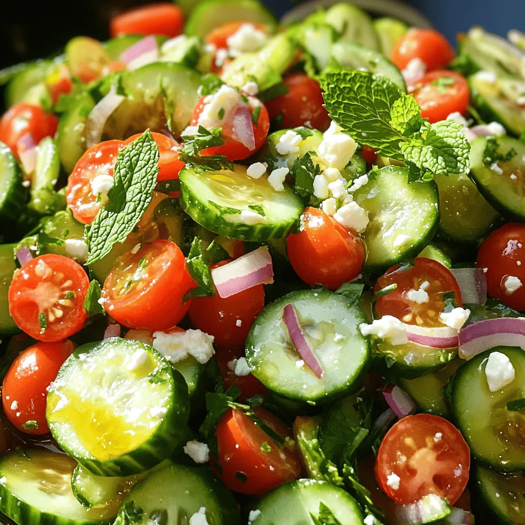 Für einen erfrischenden Gurken-Minz-Salat brauchst du einige Hauptzutaten. Diese Zutaten sorgen für Geschmack und Textur. Hier ist die Liste: - 2 große Gurken, gewürfelt - 1 Tasse Kirschtomaten, halbiert - ½ rote Zwiebel, dünn geschnitten - 1 Tasse frische Minzblätter, grob gehackt Diese Kombination bringt Farbe und Frische auf deinen Tisch. Die Gurken sind knackig und kühl, perfekt für warme Tage. Die Kirschtomaten fügen Süße hinzu. Die rote Zwiebel gibt einen leichten Biss. Du kannst den Salat nach deinem Geschmack verfeinern. Hier sind einige optionale Zutaten: - 1 Esslöffel Honig - 3 Esslöffel Apfelessig - 2 Esslöffel Olivenöl - Salz und Pfeffer nach Geschmack - Feta-Käse, zerbröckelt (optional) Das Dressing mit Honig, Essig und Öl bringt eine süß-säuerliche Note. Feta-Käse verleiht dem Salat eine cremige Textur und einen salzigen Kick. Dieser Salat ist nicht nur lecker, sondern auch gesund. Die Gurken sind reich an Wasser und halten dich hydratisiert. Kirschtomaten sind voll von Antioxidantien, die gut für die Haut sind. Minze hat eine beruhigende Wirkung und kann die Verdauung fördern. Mit diesen Zutaten machst du einen schmackhaften Gurken-Minz-Salat. Du kannst das vollständige Rezept für mehr Details nachlesen. Zuerst nehmen wir die frischen Zutaten. Ich benutze zwei große Gurken. Die Gurken sollten gewürfelt sein. Dann nehme ich eine Tasse Kirschtomaten und halbiere sie. Danach schneide ich eine halbe rote Zwiebel dünn. Ich mag den Geschmack von frischen Minzblättern. Daher verwende ich eine Tasse, grob gehackt. Vergessen Sie nicht, ein paar Minzblätter für die Garnitur zu reservieren. Für das Dressing nehme ich eine kleine Schüssel. Dort gebe ich einen Esslöffel Honig. Dann füge ich drei Esslöffel Apfelessig hinzu. Dann kommen zwei Esslöffel Olivenöl dazu. Es ist wichtig, Salz und Pfeffer nach Geschmack hinzuzufügen. Ich verrühre alles gut. So entsteht eine homogene Mischung. Jetzt kommt der spannende Teil! Ich gieße das Dressing über die Gurkenmischung. Dann hebe ich alles vorsichtig durch. So mischen sich die Zutaten gut. Ich lasse den Salat etwa zehn Minuten ruhen. Dann können sich die Aromen verbinden. Zum Servieren nehme ich eine schöne Schüssel. Ich garnieren den Salat mit Minzblättern und zerbröckeltem Feta-Käse, wenn ich möchte. Es macht den Salat noch leckerer. Für das vollständige Rezept schauen Sie sich das [Full Recipe] an. Ein häufiger Fehler ist, zu viel Dressing zu verwenden. Das kann den Salat matschig machen. Verwenden Sie nur genug, um die Zutaten leicht zu benetzen. Achten Sie auch darauf, die Gurken gut abzutrocknen. Nasse Gurken verwässern das Dressing. Schneiden Sie die Gurken erst kurz vor dem Servieren, damit sie frisch bleiben. Lagern Sie den Salat in einem luftdichten Behälter im Kühlschrank. So bleibt er knackig und frisch. Legen Sie ein Papiertuch oben auf den Salat. Das Tuch nimmt überschüssige Feuchtigkeit auf. Verzehren Sie den Salat innerhalb von ein oder zwei Tagen. Frische Minze gibt dem Salat einen tollen Geschmack. Für die Zubereitung Ihres Gurken-Minz-Salats benötigen Sie einige einfache Geräte. Ein scharfes Messer ist wichtig zum Schneiden der Zutaten. Ein Schneidebrett sorgt für eine sichere Arbeitsfläche. Ein großer Rührschüssel hilft beim Mischen. Ein Messbecher und Esslöffel sind nützlich für das Dressing. Diese Geräte machen die Zubereitung einfach und schnell. Wenn Sie diese Tipps beachten, wird Ihr Salat frisch und lecker. Probieren Sie auch die vollständige Rezeptanleitung für mehr Details! {{image_4}} Gurken-Minz-Salat ist perfekt als Beilage. Sie können ihn mit vielen anderen Salaten kombinieren. Ein einfacher grüner Salat passt gut dazu. Auch ein Karottensalat bringt Farbe und Geschmack. Fügen Sie geröstete Nüsse hinzu, um mehr Crunch zu bekommen. Sie können auch Quinoa oder Couscous als Basis verwenden. Diese Zutaten machen den Salat noch sättigender. Passen Sie die Zutaten an Ihren Geschmack an. Wenn Sie es schärfer mögen, fügen Sie Jalapeños hinzu. Für eine süßere Note können Sie Paprika oder Trauben verwenden. Experimentieren Sie mit unterschiedlichen Käsesorten. Ziegenkäse gibt einen tollen Geschmack. Veganer können den Käse weglassen oder durch Avocado ersetzen. Diese Variationen bieten neue Geschmackserlebnisse. Nutzen Sie die Saison, um frische Zutaten zu wählen. Im Sommer sind Gurken und Tomaten am besten. Im Herbst können Sie geröstete Kürbiswürfel hinzufügen. Im Winter sind Radieschen eine tolle Wahl. Sie bringen Farbe und Knackigkeit. Auch frische Kräuter wie Basilikum oder Petersilie sind eine gute Idee. Diese saisonalen Anpassungen halten den Salat spannend und lecker. Das ist die Grundlage für Ihren Gurken-Minz-Salat. Für das vollständige Rezept schauen Sie sich die [Full Recipe] an. Um den Gurken-Minz-Salat frisch zu halten, verwenden Sie einen luftdichten Behälter. Ein Glasbehälter ist ideal, da er nicht nur dicht schließt, sondern auch schön aussieht. Legen Sie den Salat in den Kühlschrank, wenn Sie ihn nicht sofort essen. Vermeiden Sie es, Dressing und Salat zu mischen, wenn Sie Reste aufbewahren. Das Dressing kann die Gurken matschig machen. Im Kühlschrank hält sich der Gurken-Minz-Salat etwa zwei Tage. Nach diesem Zeitraum verlieren die Zutaten ihre Frische und Knackigkeit. Achten Sie darauf, den Salat in einem kühlen Bereich des Kühlschranks zu lagern. Überprüfen Sie den Salat vor dem Essen auf Anzeichen von Verderb. Wenn er unangenehm riecht oder die Farbe sich verändert, werfen Sie ihn weg. Haben Sie Reste? Nutzen Sie sie kreativ! Fügen Sie den Salat zu Wraps oder Sandwiches hinzu. Sie können ihn auch als Beilage zu gegrilltem Fleisch oder Fisch verwenden. Eine weitere Idee ist, ihn in einer Suppe als frische Garnitur zu verwenden. So bleibt nichts übrig, und Sie genießen die Aromen weiterhin. Für das vollständige Rezept, schauen Sie sich die Anleitung zum Gurken-Minz-Salat an. Der Gurken-Minz-Salat ist sehr gesund. Er hat wenig Kalorien und viele Vitamine. Die Gurken sind wasserreich und helfen, den Körper zu hydratisieren. Eine große Gurke hat nur etwa 16 Kalorien. Die Kirschtomaten bringen Vitamin C und Antioxidantien mit. Die Minze unterstützt die Verdauung. Wenn Sie Feta-Käse hinzufügen, erhalten Sie auch etwas Protein. Dieser Salat ist eine tolle Wahl für eine leichte Mahlzeit oder Beilage. Ja, das ist ganz einfach! Basilikum oder Petersilie passen gut zu diesem Salat. Sie geben frischen Geschmack und verschiedene Aromen. Wenn Sie etwas Würze mögen, probieren Sie Koriander. Achten Sie darauf, die Kräuter frisch zu verwenden. So bleibt der Salat knackig und lecker. Experimentieren Sie mit verschiedenen Kräutern, um Ihren perfekten Geschmack zu finden. Um den Salat würziger zu machen, können Sie einige einfache Schritte befolgen. Fügen Sie eine Prise Chili oder Cayennepfeffer zum Dressing hinzu. Das gibt einen kleinen Kick. Auch eine gehackte Jalapeño kann helfen. Wenn Sie etwas mehr Geschmack möchten, verwenden Sie Zwiebelpulver oder Knoblauchpulver im Dressing. Sie können auch einige Oliven oder Kapern hinzufügen. Diese Zutaten verleihen dem Salat einen herzhaften Geschmack. Der Gurken-Minz-Salat ist einfach und lecker. Wir haben die wichtigsten Zutaten und deren Nährstoffe betrachtet. Danach haben wir die Schritte zur Zubereitung und die besten Tipps geteilt. Variationen helfen, den Salat zu personalisieren. Schließlich haben wir die besten Lagerungsmethoden und Antworten auf häufige Fragen besprochen. Egal, ob du es einfach oder kreativ magst, dieser Salat ist vielseitig. Das Experimentieren mit Zutaten macht es spannend und lecker!