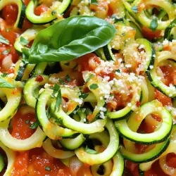 - 4 mittelgroße Zucchini - 2 Tassen zerdrückte Tomaten Die Hauptzutaten sind einfach und frisch. Zucchini sind leicht und gesund. Sie sind die perfekte Basis für Nudeln. Die zerdrückten Tomaten geben der Sauce Geschmack und Farbe. - 1 kleine Zwiebel - 3 Knoblauchzehen - Gewürze: Oregano, Basilikum, rote Pfefferflocken Die Zwiebel und der Knoblauch bringen viel Aroma. Sie sind wichtig für die Marinara-Sauce. Oregano und Basilikum machen das Gericht frisch und würzig. Die roten Pfefferflocken sind für ein wenig Schärfe. - Frische Basilikumblätter - Geräucherter Parmesan Frische Basilikumblätter machen das Gericht bunt. Sie geben auch einen tollen Geschmack dazu. Geräucherter Parmesan ist eine leckere, optionale Ergänzung. Er gibt der Mahlzeit eine cremige Textur und einen reichen Geschmack. Wenn du mehr über die Zubereitung erfahren möchtest, schaue dir das [Full Recipe] an. Beginne mit dem Spiralisieren der Zucchini. Du kannst auch einen Gemüseschneider nutzen. Schneide die Zucchini in feine Streifen, wenn du keinen Spiralschneider hast. Lege die vorbereiteten Zucchini-Nudeln beiseite. Sie warten auf ihren großen Auftritt! Erhitze das Olivenöl in einer großen Pfanne bei mittlerer Hitze. Füge die fein gehackte Zwiebel hinzu und brate sie 3-4 Minuten lang an, bis sie glasig ist. Jetzt kommt der Knoblauch. Rühre ihn ein und füge die Gewürze hinzu: Oregano, Basilikum und rote Pfefferflocken, wenn du es scharf magst. Lass alles eine Minute lang kochen. Der Duft ist einfach unwiderstehlich! Gieße die zerdrückten Tomaten in die Pfanne. Achte darauf, die Sauce gut zu würzen mit Salz und Pfeffer. Mische alles gut und bringe die Sauce zum Kochen. Reduziere die Hitze und lass die Sauce 15-20 Minuten köcheln. Rühre gelegentlich um, damit die Aromen sich gut vermischen. In einer separaten Pfanne erhitzt du etwas Olivenöl. Brate die Zucchini-Nudeln bei mittlerer Hitze an, etwa 2-3 Minuten. Achte darauf, dass sie zart, aber nicht matschig werden. Überkochen ist hier der Feind! Wenn die Marinara-Sauce fertig ist, gib die Zucchini-Nudeln in die Pfanne. Mische alles vorsichtig, sodass die Nudeln gleichmäßig mit der Sauce überzogen sind. Lass alles noch eine Minute zusammen kochen, damit die Aromen sich verbinden. Nimm die Pfanne vom Herd und richte die Zoodles auf Servierplatten an. Garniere sie mit frischen Basilikumblättern. Wenn du magst, streue etwas geriebenen Parmesan darüber. Voilà! Eine gesunde und leckere Mahlzeit, die einfach nur köstlich ist. Für das vollständige Rezept, schau dir die [Full Recipe] an. - Die richtige Kochzeit beachten: Zucchini-Nudeln sind schnell gar. Koche sie nur 2-3 Minuten. Du willst sie zart, aber bissfest. Überkoche sie nicht, sonst werden sie matschig. - Spiralschneider benutzen für beste Ergebnisse: Ein Spiralschneider macht Zucchini-Nudeln einfach und schnell. Er sorgt für gleichmäßige, schöne Formen. Wenn du keinen hast, schneide die Zucchini in dünne Streifen. Das sieht auch gut aus! - Verwendung frischer Tomaten für mehr Geschmack: Frische Tomaten geben der Sauce einen tollen Geschmack. Du kannst sie einfach häuten und zerdrücken. Das macht deine Marinara noch besser! - Optional Gewürze nach Geschmack anpassen: Jeder hat andere Vorlieben. Du kannst Oregano und Basilikum nach deinem Geschmack anpassen. Probiere auch, etwas Chili für mehr Schärfe hinzuzufügen. - Vorschläge für ansprechendes Servieren: Serviere die Zucchini-Nudeln in einer großen Schüssel. Das sieht einladend aus. Du kannst die Sauce oben drauf geben. - Mit frischen Kräutern dekorieren: Frische Basilikumblätter machen alles schöner. Sie bringen auch einen tollen Duft. Ein bisschen geriebener Parmesan macht das Ganze noch besser! Wenn du mehr Ideen brauchst, schau dir das [Full Recipe] an. {{image_4}} Du kannst Zucchini-Nudeln leicht aufpeppen. Füge Hähnchenbrust oder Garnelen hinzu. Beide Optionen geben deinem Gericht mehr Geschmack und Nährstoffe. Wenn du vegetarisch bist, probiere Tofu oder Tempeh. Diese sind gute Alternativen, die ebenfalls sättigen. Wenn du Abwechslung magst, wechsle die Sauce. Pesto ist eine frische Option. Es bringt Kräutergeschmack und Farbe ins Spiel. Auch eine Alfredo-Sauce kann gut passen. Du kannst auch die Tomatensauce mit Gemüse wie Paprika oder Spinat ergänzen. Das erhöht die Nährstoffe und macht das Gericht bunter. Für mehr Fülle kannst du Hackfleisch oder Wurst verwenden. Diese geben dem Gericht mehr Substanz. Wenn du eine pflanzliche Option suchst, sind Kichererbsen eine tolle Wahl. Sie sind proteinreich und passen gut zu den Zucchini-Nudeln. Für das vollständige Rezept, schau dir das Rezept „Zesty Zucchini-Nudeln mit Herzhaftem Marinara“ an. Ich empfehle, die Marinara-Sauce im Voraus zuzubereiten. So sparen Sie Zeit beim Kochen. Lagern Sie die Sauce in einem luftdichten Behälter im Kühlschrank. Zucchini-Nudeln sollten Sie getrennt lagern. Sie behalten so ihre Frische. Wickeln Sie sie in ein feuchtes Küchentuch. Dadurch bleiben sie nicht matschig. Im Kühlschrank bleiben die Zucchini-Nudeln etwa zwei bis drei Tage frisch. Die Marinara-Sauce hält sich fünf bis sieben Tage. Möchten Sie die Zucchini-Nudeln einfrieren? Legen Sie sie in einen Gefrierbeutel. Entfernen Sie die Luft, um Gefrierbrand zu vermeiden. Auch die Sauce lässt sich gut einfrieren. Nutzen Sie kleine Behälter, um Portionen zu speichern. Die beste Methode zum Wiedererwärmen ist die Pfanne. Erhitzen Sie die Nudeln und die Sauce bei schwacher Hitze. Achten Sie darauf, regelmäßig umzurühren. So verhindern Sie, dass die Nudeln matschig werden. Sie können auch die Mikrowelle nutzen. Stellen Sie die Mikrowelle jedoch auf eine niedrige Leistung ein, um die Textur zu bewahren. Zucchini-Nudeln sind am besten frisch. Im Kühlschrank halten sie sich etwa 2 bis 3 Tage. Bewahren Sie sie in einem luftdichten Behälter auf. Achten Sie darauf, dass die Nudeln trocken sind. Feuchtigkeit macht sie matschig. Wenn Sie sie länger aufbewahren möchten, frieren Sie die Zucchini-Nudeln ein. So bleiben sie bis zu 3 Monate frisch. Ja, Sie können die Marinara-Sauce im Voraus machen. Kochen Sie sie einfach und lassen Sie sie abkühlen. Danach füllen Sie sie in einen luftdichten Behälter. Im Kühlschrank hält sie sich bis zu einer Woche. Sie können die Sauce auch einfrieren. So bleibt sie bis zu 3 Monate frisch. Wenn Sie sie verwenden möchten, lassen Sie die Sauce einfach auftauen und erhitzen. Ja, Zucchini-Nudeln sind glutenfrei. Sie sind eine tolle, gesunde Alternative zu herkömmlichen Nudeln. Zucchini ist reich an Vitaminen und Mineralien. Sie enthält wenig Kalorien und viele Ballaststoffe. Diese Nudeln passen gut in eine glutenfreie Diät. Außerdem sind sie leicht und frisch. Ja, Sie können Zucchini mit vielen anderen Gemüsesorten kombinieren. Paprika, Karotten oder Spinat sind gute Optionen. Diese Gemüsesorten bringen mehr Geschmack und Nährstoffe. Sie können die Gemüsesorten einfach zusammen mit den Zucchini-Nudeln anbraten. Das macht das Gericht bunt und noch leckerer. Um die Zucchini-Nudeln würziger zu machen, fügen Sie mehr Gewürze hinzu. Rote Pfefferflocken geben einen schönen Kick. Auch frische Kräuter wie Petersilie oder Thymian sind toll. Sie können auch etwas Zitronensaft hinzufügen. Das bringt Frische und Geschmack. Experimentieren Sie mit verschiedenen Gewürzen, bis es Ihnen gefällt. Probieren Sie die [Full Recipe] für weitere Inspirationen. Zucchini-Nudeln sind einfach zuzubereiten und gesund. Wir haben verschiedene Zutaten und Schritte betrachtet, von der Vorbereitung der Nudeln bis zur Zubereitung der Marinara-Sauce. Ich hoffe, die Tipps helfen dir, leckere Zucchini-Nudeln zu kreieren. Experimentiere mit Variationen und genieße dein Gericht. Denke daran, frische Zutaten zu verwenden und die Lagerung richtig zu planen. So bleibt dein Essen immer köstlich. Viel Spaß beim Kochen!