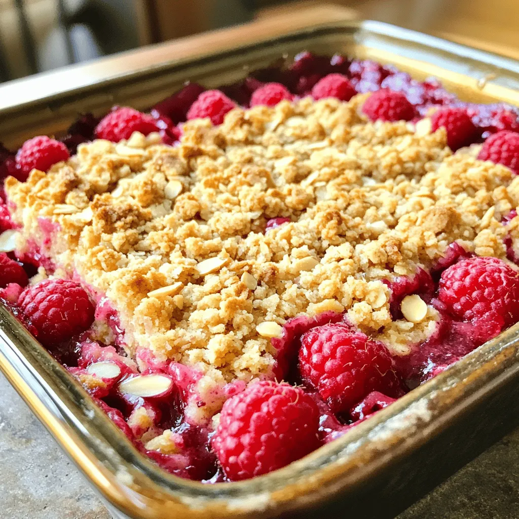- 2 Tassen frische Himbeeren - 1/2 Tasse Zucker - 1/2 Tasse brauner Zucker, fest gepackt - 1 1/2 Tassen Weizenmehl - 1 Tasse Haferflocken Die Hauptzutaten sind wichtig für den Geschmack. Frische Himbeeren sorgen für eine saftige Füllung. Zucker und brauner Zucker geben den Keksen die nötige Süße. Haferflocken und Weizenmehl bilden die perfekte Basis für die Streusel. Diese Zutaten machen die Kekse lecker und nahrhaft. - 1 Esslöffel Maisstärke - 1 Esslöffel Zitronensaft - 1/2 Teelöffel Mandelaroma - 1/2 Tasse ungesalzene Butter, geschmolzen - 1/2 Teelöffel Backpulver - 1/4 Teelöffel Salz - 1/2 Tasse Mandelblättchen (plus extra zum Bestreuen) Zusätzliche Zutaten runden den Geschmack ab. Maisstärke hilft, die Himbeeren zu binden. Zitronensaft bringt Frische in die Füllung. Mandelaroma verstärkt den nussigen Geschmack. Butter sorgt für die richtige Konsistenz der Streusel. Backpulver lässt die Kekse schön aufgehen. Salz hebt die Aromen hervor und Mandelblättchen geben einen tollen Crunch. Diese Zutaten sind einfach zu finden. Sie machen die Himbeer-Mandel-Streuselkekse zu einem echten Genuss. Für das vollständige Rezept, schauen Sie sich den Full Recipe an. - Nimm 2 Tassen frische Himbeeren und 1/2 Tasse Zucker. - Mische sie in einer Schüssel. - Füge 1 Esslöffel Maisstärke hinzu. - Gib auch 1 Esslöffel Zitronensaft dazu. - Rühre vorsichtig um, bis die Himbeeren gleichmäßig mit Zucker und Stärke bedeckt sind. - Lass die Mischung beiseite, während du den Boden zubereitest. - In einer großen Schüssel mische 1 1/2 Tassen Weizenmehl, 1 Tasse Haferflocken, 1/2 Tasse braunen Zucker, 1/2 Teelöffel Backpulver und 1/4 Teelöffel Salz. - Nun füge 1/2 Tasse geschmolzene Butter und 1/2 Teelöffel Mandelaroma hinzu. - Rühre alles gut, bis eine krümelige Masse entsteht. - Die Mischung sollte gut zusammenhalten, wenn du sie drückst. - Heize deinen Ofen auf 175°C vor. - Fette eine 20x20 Zentimeter Backform ein oder lege sie mit Backpapier aus. - Drücke etwa zwei Drittel der Streuselmischung gleichmäßig in die Backform. - Verteile die Himbeerfüllung gleichmäßig über die Kruste. - Streue die restliche Streuselmischung darüber. - Backe alles 25-30 Minuten, bis die Oberseite goldbraun ist. - Lass die Kekse in der Form für 10 Minuten abkühlen, bevor du sie auf ein Kuchengitter legst. Jetzt hast du die perfekten Himbeer-Mandel-Streuselkekse! Wenn du mehr Details zur Zubereitung möchtest, schau dir das [Full Recipe] an. Die Konsistenz der Streusel ist entscheidend. Sie sollten krümelig, aber nicht zu trocken sein. Achte darauf, dass die Butter gut eingearbeitet ist. So erhältst du die perfekte Textur. Frische Himbeeren geben mehr Geschmack. Sie sind saftig und süß. Gefrorene Himbeeren sind eine gute Alternative. Sie sind praktisch, können aber etwas wässerig sein. Wenn du gefrorene Himbeeren benutzt, lasse sie vorher auftauen und abtropfen. Die optimale Backzeit für die Kekse liegt bei 25 bis 30 Minuten. Du erkennst, dass sie fertig sind, wenn die Oberseite goldbraun ist. Die Füllung sollte leicht blubbern. Für gleichmäßiges Backen stelle sicher, dass der Ofen gut vorgeheizt ist. Verwende ein Backblech in der Mitte des Ofens. So backen die Kekse gleichmäßig. Die Kekse schmecken großartig mit einer Kugel Eis oder einem Klecks Sahne. Du kannst auch etwas Schokolade darüber träufeln. Für eine schöne Dekoration streue ein paar Mandelblättchen oben drauf. Das macht den Keks nicht nur hübsch, sondern gibt auch einen tollen Crunch. Diese Tipps machen deine Himbeer-Mandel-Streuselkekse noch leckerer. {{image_4}} Du kannst für die Füllung andere Früchte verwenden. Erdbeeren oder Blaubeeren passen gut. Diese Früchte bringen ihren eigenen Geschmack und machen die Kekse frisch und bunt. Du kannst auch Gewürze wie Zimt oder Muskat hinzufügen. Diese Gewürze geben den Keksen eine warme Note und mehr Tiefe im Geschmack. Für das Topping kannst du Nüsse oder Schokoladenstückchen verwenden. Diese Zutaten fügen eine knusprige Textur hinzu und machen die Kekse noch leckerer. Wenn du eine glutenfreie Option suchst, nutze Haferflocken anstelle von Weizenmehl. So kannst du die Kekse für jeden passend machen und sie schmecken trotzdem toll. Schau dir das [Full Recipe] an, um mehr über die Zubereitung zu erfahren! Um Ihre Himbeer-Mandel-Streuselkekse frisch zu halten, lagern Sie sie bei Raumtemperatur. Legen Sie die Kekse in einen luftdichten Behälter. So bleiben sie weich und lecker. Wenn Sie die Kekse länger aufbewahren möchten, stellen Sie sie in den Kühlschrank. Sie bleiben dort bis zu einer Woche frisch. Achten Sie darauf, dass der Behälter gut verschlossen ist. Möchten Sie die Kekse für später aufbewahren? Hier ist eine einfache Schritt-für-Schritt-Anleitung zum Einfrieren: 1. Lassen Sie die Kekse vollständig abkühlen. 2. Schneiden Sie die Kekse in Quadrate oder Riegel. 3. Legen Sie sie in eine einzelne Schicht auf ein Backblech. 4. Stellen Sie das Blech für etwa eine Stunde ins Gefrierfach. 5. Nehmen Sie die Kekse heraus und legen Sie sie in einen luftdichten Behälter. Für die beste Konsistenz tauen Sie die Kekse im Kühlschrank auf. So bleiben sie weich und frisch. Wenn Sie es eilig haben, lassen Sie sie einfach bei Raumtemperatur stehen. So genießen Sie schnell die köstlichen Kekse! Himbeer-Mandel-Streuselkekse sind bei richtiger Lagerung etwa eine Woche haltbar. Am besten bewahrst du sie in einem luftdichten Behälter auf. So bleiben sie frisch und weich. Wenn du die Kekse länger aufbewahren möchtest, kannst du sie im Kühlschrank lagern. So bleiben sie bis zu zwei Wochen gut. Für die beste Qualität solltest du sie bei Raumtemperatur genießen. Ja, du kannst die Butter einfach ersetzen. Eine gute Alternative ist Kokosöl. Es gibt den Keksen einen feinen Geschmack. Du kannst auch pflanzliche Margarine verwenden. Sie hat eine ähnliche Konsistenz wie Butter. Achte darauf, die Menge gleich zu halten. Das sorgt für die richtige Textur. Um die Kekse vegan zu machen, ersetze die Butter durch Kokosöl oder Margarine. Verwende auch einen pflanzlichen Zucker, um sicherzugehen. Anstelle von Eiern kannst du Apfelmus oder Leinsamen verwenden. Mische einen Esslöffel Leinsamen mit drei Esslöffeln Wasser und lasse es quellen. Das funktioniert gut als Bindemittel. Folge dann dem Full Recipe für die restlichen Schritte. In diesem Artikel haben wir die leckeren Himbeer-Mandel-Streuselkekse behandelt. Du hast die wichtigen Zutaten, die Schritt-für-Schritt-Anleitung und nützliche Tipps gelernt. Denke daran, mit verschiedenen Früchten zu experimentieren und deine Kekse kreativ zu gestalten. Egal, ob frisch gebacken oder aufbewahrt, diese Kekse sind ein Genuss. Probiere sie mit Eis oder Sahne für einen besonderen Moment. Viel Spaß beim Backen und Genießen!
