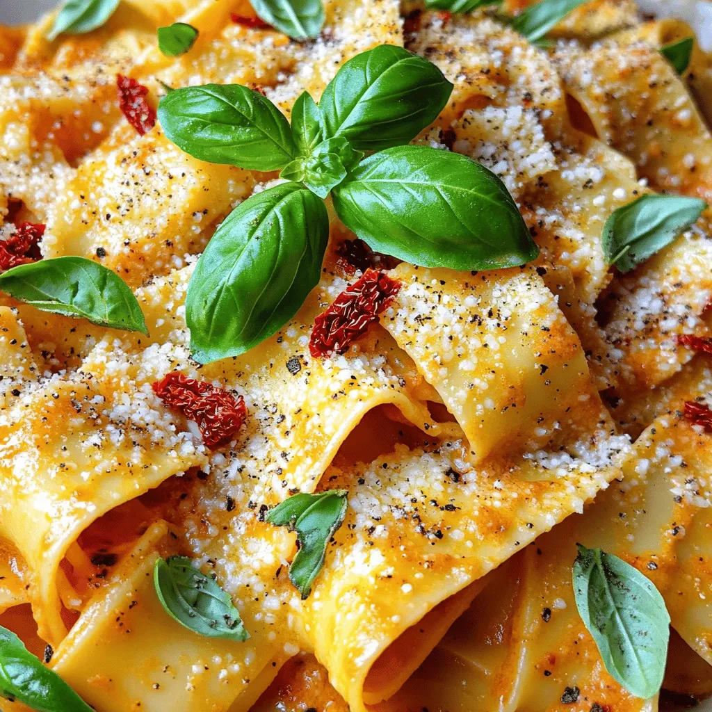 - 340 g Pappardelle-Nudeln - 2 Esslöffel natives Olivenöl extra - 1 kleine Zwiebel, fein gehackt - 3 Knoblauchzehen, zerdrückt - 1 Esslöffel kalabrische Chili-Paste (oder nach Geschmack mehr) - 240 ml Schlagsahne - 100 g geriebener Pecorino Romano-Käse - 80 g getrocknete Tomaten, gehackt - Salz und schwarzer Pfeffer nach Geschmack - Frische Basilikumblätter zum Garnieren Die Auswahl der Zutaten ist wichtig für den Geschmack. Ich liebe die Pappardelle-Nudeln, weil sie eine tolle Textur haben. Die kalabrische Chili-Paste bringt die richtige Schärfe. Ich empfehle, mit dem Chili sparsam zu sein, besonders wenn du nicht viel Schärfe magst. Schlagsahne macht die Sauce schön cremig. Der Pecorino Romano-Käse gibt der Sauce einen würzigen Kick. Getrocknete Tomaten fügen eine süße Note hinzu. Frische Basilikumblätter sind das perfekte Finish für dieses Gericht. Du kannst die Zutaten leicht anpassen. Wenn du mehr Gemüse magst, füge etwas Spinat oder Erbsen hinzu. Wenn du keinen Pecorino hast, probiere Parmesan. Diese Zutaten machen das Gericht besonders und lecker. Schau dir das [Full Recipe] für mehr Details an! Koch die Pappardelle-Nudeln in einem großen Topf mit gesalzenem Wasser. Halte dich an die Anweisungen auf der Verpackung. Du willst sie al dente. Behalte 240 ml Nudelwasser. Gieß die Nudeln ab und leg sie beiseite. Erhitze in einer großen Pfanne das Olivenöl bei mittlerer Hitze. Füge die gehackte Zwiebel hinzu und brate sie 5 Minuten. Sie sollte glasig werden. Jetzt kommt der zerdrückte Knoblauch. Brate ihn 1-2 Minuten mit, bis er gut riecht. Rühre die kalabrische Chili-Paste ein. Lass sie 1-2 Minuten mitbraten. Das bringt die Aromen zum Leben. Senke die Hitze und gieße die Schlagsahne dazu. Rühre gut um und lass die Mischung 3-4 Minuten köcheln, bis sie leicht eindickt. Gib die gekochten Pappardelle in die Pfanne. Wende sie vorsichtig, damit sie gleichmäßig mit der Sauce bedeckt sind. Schmecke mit Salz und schwarzem Pfeffer ab. Wenn die Sauce zu dick ist, füge nach Bedarf etwas vom Nudelwasser hinzu. Richte die cremigen Pappardelle auf Tellern an. Garniere sie mit frischen Basilikumblättern. Optional kannst du auch etwas geriebenen Pecorino Romano-Käse darüber streuen. So wird das Gericht noch köstlicher. Für das vollständige Rezept und weitere Tipps, schau dir die [Full Recipe] an. Um die beste Konsistenz der Sauce zu erreichen, beginne mit der Hitze auf niedrig. Füge die Schlagsahne langsam hinzu und rühre gut um. Lasse die Sauce sanft köcheln, damit sie eindickt. Falls die Sauce zu dick wird, kannst du etwas Nudelwasser hinzufügen. So bleibt sie cremig und leicht. Die kalabrische Chili-Paste ist der Schlüssel zur Schärfe. Wenn du es milder magst, verwende weniger Paste. Für mehr Hitze kannst du einfach mehr hinzufügen. Probiere die Sauce während des Kochens, um deinen perfekten Schärfegrad zu finden. Das macht das Gericht individuell und lecker. Pappardelle passen gut zu vielen Zutaten. Frische Kräuter wie Basilikum bringen Geschmack. Getrocknete Tomaten sorgen für eine süße Note. Pecorino Romano-Käse gibt der Sauce Tiefe. Du kannst auch Gemüse wie Spinat oder Erbsen hinzufügen, um das Gericht bunter zu machen. Für Fleischliebhaber sind gegrillte Hähnchenstreifen eine tolle Ergänzung. Erstelle dein eigenes, köstliches Gericht! {{image_4}} Für eine vegetarische Variante kann man die Schlagsahne durch eine pflanzliche Sahne ersetzen. Sojamilch oder Hafercreme sind gute Alternativen. Füge frisches Gemüse wie Spinat oder Zucchini hinzu. Diese Zutaten bringen Farbe und Nährstoffe in das Gericht. Du kannst auch Kichererbsen oder Linsen einarbeiten. Sie sorgen für einen guten Biss und mehr Protein. Wenn du Meeresfrüchte magst, füge Garnelen oder Jakobsmuscheln hinzu. Diese sollten in der Pfanne kurz angebraten werden, bevor du die Sahne hinzufügst. Die Meeresfrüchte geben der Sauce einen feinen Geschmack. Achte darauf, sie nicht zu lange zu garen. Sonst werden sie zäh und verlieren ihre Zartheit. Pecorino Romano ist toll, aber du kannst auch Parmesan oder Grana Padano verwenden. Diese Käsesorten bringen andere Geschmäcker in das Gericht. Wenn du einen milderen Geschmack möchtest, ist Gouda eine gute Wahl. Für einen intensiveren Geschmack probiere Gorgonzola oder Feta. Die Auswahl des Käses kann das gesamte Gericht verändern. Wenn du Reste hast, lagere sie in einem luftdichten Behälter. So bleiben die Aromen frisch. Die Pappardelle halten im Kühlschrank etwa drei Tage. Achte darauf, dass die Sauce nicht zu lange steht. Wenn sie sich trennt, kann das den Geschmack beeinträchtigen. Du kannst die Pappardelle auch einfrieren. Teile die Portionen auf und lege sie in Gefrierbeutel. Vergiss nicht, die Luft herauszudrücken. So bleibt die Qualität besser. Im Gefrierfach sind sie bis zu drei Monate haltbar. Wenn du die Pappardelle auftauen willst, lege sie in den Kühlschrank. Nach ein paar Stunden sind sie bereit. Erhitze sie in einer Pfanne mit etwas Wasser oder Sahne. So wird die Sauce wieder cremig. Rühre vorsichtig, damit die Nudeln nicht zerbrechen. Um die Sauce noch cremiger zu machen, füge mehr Schlagsahne hinzu. Du kannst auch Frischkäse oder Mascarpone verwenden. Rühre sie gut ein, bis die Sauce dick und reichhaltig wird. Wenn die Sauce zu dick ist, fügen Sie etwas Nudelwasser hinzu. Das sorgt für die perfekte Konsistenz. Ja, du kannst die Pappardelle mit anderen Nudelsorten ersetzen. Spaghetti oder Tagliatelle passen gut zu dieser Sauce. Achte nur darauf, die Kochzeit entsprechend anzupassen. So bleibt die Textur der Nudeln gut. Kalabrische Chili-Paste findest du in gut sortierten Supermärkten oder italienischen Feinkostläden. Sie ist oft in der Gewürzabteilung oder bei den internationalen Produkten zu finden. Du kannst sie auch online bestellen. Achte auf die Qualität, um den besten Geschmack zu erhalten. Ja, du kannst glutenfreie Pappardelle verwenden. Diese sind aus Reismehl oder Maismehl gemacht. Die Zubereitung bleibt gleich. Achte darauf, die Kochzeit im Auge zu behalten, da glutenfreie Nudeln anders kochen. So kannst du das Gericht auch ohne Gluten genießen. Diese Anleitung zeigt, wie man ein köstliches Pappardelle-Gericht zubereitet. Wir haben über die Zutaten, die Schritte und wertvolle Tipps gesprochen. Denke daran, die Sauce genau zu beobachten und die Schärfe nach deinem Geschmack anzupassen. Du kannst auch mit Variationen und Aufbewahrungsmöglichkeiten experimentieren. So bleibt dein Essen immer frisch. Viel Spaß beim Kochen und Genießen deiner Pappardelle!