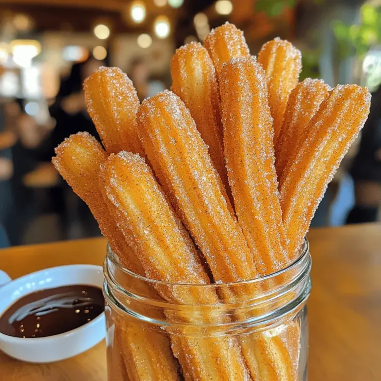 Für köstliche Zimt-Zucker-Churros brauchst du folgende Hauptzutaten: - 240 ml Wasser - 30 g Zucker (plus 100 g für die Beschichtung) - 1/2 Teelöffel Salz - 115 g ungesalzene Butter - 130 g Weizenmehl (Type 405) - 2 große Eier - 1 Teelöffel Vanilleextrakt - 1/2 Teelöffel Backpulver - Pflanzenöl (zum Frittieren) - 1 Esslöffel gemahlener Zimt Diese Zutaten bilden die Basis für den perfekten Churroteig. Sie sind einfach zu finden und machen das Rezept zugänglich. Hier sind einige nützliche Utensilien, die dir bei der Zubereitung helfen: - Topf zum Kochen - Holzlöffel zum Rühren - Spritzbeutel oder wiederverwendbarer Plastikbeutel - Schere zum Abtrennen der Churros - Tiefe Pfanne zum Frittieren - Schaumkelle zum Herausnehmen der Churros Mit diesen Hilfen wird die Zubereitung einfach und macht Spaß. Frische Zutaten sind der Schlüssel für den besten Geschmack. Achte darauf, dass die Eier frisch sind; dies verbessert die Textur des Teigs. Die Butter sollte ungesalzen sein, damit der Geschmack des Zimts und Zuckers klar herauskommt. Wenn du die Möglichkeit hast, verwende hochwertige Vanille und frischen Zimt. Das hebt den Genuss deiner Churros und lässt sie noch köstlicher schmecken. Für das vollständige Rezept und die Zubereitung schau dir die [Full Recipe] an. Um den Churroteig zu machen, beginne mit einem kleinen Topf. Füge 240 ml Wasser, 30 g Zucker, 1/2 Teelöffel Salz und 115 g ungesalzene Butter hinzu. Stelle den Topf auf mittlere Hitze. Rühre, bis die Butter schmilzt. Wenn die Mischung kocht, nimm den Topf vom Herd. Jetzt kommt 130 g Weizenmehl hinzu. Rühre kräftig mit einem Holzlöffel. Der Teig sollte glatt sein und vom Rand des Topfes lösen. Lass den Teig fünf Minuten abkühlen. Füge dann nacheinander zwei große Eier hinzu. Rühre gut nach jedem Ei. Der Teig sollte dick und glatt sein. Zum Schluss gib 1 Teelöffel Vanilleextrakt und 1/2 Teelöffel Backpulver dazu. Erhitze in einer tiefen Pfanne Pflanzenöl auf 175 °C. Bereite währenddessen einen Spritzbeutel mit einer großen Sterntülle vor. Fülle den Beutel mit dem Churroteig. Wenn das Öl heiß ist, spritze 10 bis 15 cm lange Streifen ins Öl. Nutze eine Schere, um die Streifen abzuscheiden. Frittiere die Churros in kleinen Chargen für 2-3 Minuten pro Seite. Sie sollten goldbraun und knusprig sein. Nimm die Churros dann mit einer Schaumkelle aus dem Öl und lass sie auf Küchenpapier abtropfen. Mische in einer flachen Schüssel 100 g Zucker mit 1 Esslöffel gemahlenem Zimt. Wälze die warmen Churros in dieser Mischung. Achte darauf, dass sie gleichmäßig bedeckt sind. Serviere die Churros sofort, solange sie heiß sind. Du kannst sie in einem hohen Glas oder einer Papiertüte präsentieren. Ein Drizzle Schokoladensauce dazu macht die Präsentation noch ansprechender. Das Rezept für diese köstlichen Churros findest du in der Full Recipe. Der Teig für die Churros sollte dick und glatt sein. Wenn er zu flüssig ist, wird das Frittieren schwierig. Mische das Wasser, die Butter und den Zucker gut, bis die Butter schmilzt. Füge dann das Mehl hinzu und rühre kräftig. Der Teig sollte sich leicht vom Topfrand lösen. Wenn er klebrig bleibt, ist er noch nicht bereit. Lass ihn fünf Minuten abkühlen, bevor du die Eier hinzufügst. Die richtige Temperatur ist entscheidend. Erhitze das Öl auf 175 °C. Wenn es zu kalt ist, nehmen die Churros viel Öl auf und werden fettig. Zu heißes Öl verbrennt die Außenhaut, während der Innenteil roh bleibt. Teste die Temperatur mit einem kleinen Teigstück. Wenn es sofort aufsteigt und brutzelt, ist das Öl bereit. Frittiere die Churros in kleinen Portionen. So bleiben sie schön knusprig und gleichmäßig gebräunt. Ein häufiger Fehler ist das Überfüllen der Fritteuse. Frittiere immer nur 2-3 Churros auf einmal. So bleibt die Temperatur stabil. Achte darauf, den Teig gleichmäßig zu drücken, damit die Churros gleichmäßig formen. Wenn du sie nicht gleichmäßig frittierst, werden sie ungleichmäßig gar. Nach dem Frittieren, lass die Churros gut abtropfen. Dadurch verhinderst du, dass sie matschig werden. Verwende auch die Zimt-Zucker-Mischung sofort, während die Churros noch warm sind. {{image_4}} Schokoladen-Churros sind eine köstliche Abwandlung. Du kannst den Teig leicht ändern. Füge 50 g geschmolzene Schokolade in den Teig hinzu. So bekommst du einen schokoladigen Geschmack. Alternativ kannst du die Churros nach dem Frittieren in geschmolzene Schokolade tauchen. Das sorgt für einen tollen Schokoladeneffekt. Füllungen bringen den Churros noch mehr Geschmack. Du kannst sie mit Sahne, Schokolade oder Fruchtmarmelade füllen. Um die Füllung hinzuzufügen, mache ein kleines Loch in die Churros. Benutze einen Spritzbeutel, um die Füllung einzubringen. Das macht jeden Biss besonders und lecker. Neben der klassischen Zimt-Zucker-Beschichtung gibt es viele Optionen. Du kannst die Churros in Puderzucker wälzen. Eine weitere Idee ist, sie mit Kakaopulver zu bestäuben. Du kannst auch geröstete Nüsse oder Kokosraspel verwenden. Diese Varianten bringen neue Texturen und Geschmäcker in deine Churros. Für das vollständige Rezept und mehr Details, schau dir das [Full Recipe] an. Wenn du Churros übrig hast, lass sie zuerst abkühlen. Lege sie dann in einen luftdichten Behälter. So bleiben sie frisch. Vermeide es, sie übereinander zu stapeln, um Quetschungen zu verhindern. Um die Churros wieder warm zu machen, nutze den Ofen. Heize ihn auf 180 Grad Celsius vor. Lege die Churros auf ein Blech und backe sie 5 bis 7 Minuten. So werden sie wieder knusprig. Im Kühlschrank halten sich die Churros 2 bis 3 Tage. Wenn du sie länger aufbewahren möchtest, friere sie ein. In einem luftdichten Behälter bleiben sie bis zu 2 Monate frisch. Achte darauf, sie gut zu verpacken, damit sie nicht an Geschmack verlieren. Es dauert etwa 30 Minuten, um Zimt-Zucker-Churros zuzubereiten. Die Vorbereitungszeit beträgt 15 Minuten. Die Frittierzeit dauert 15 Minuten. So kannst du schnell leckere Churros genießen. Ja, du kannst Churros auch im Ofen backen. Sie werden weniger knusprig, aber trotzdem lecker. Spritze den Teig auf ein Backblech und backe ihn bei 200 °C für 20 Minuten. Die besten Dips für Churros sind Schokoladensauce und Dulce de Leche. Du kannst auch eine Vanille- oder Karamellsauce ausprobieren. Jeder Dip bringt einen neuen Geschmack. Nein, es ist nicht schwierig, Churros selbst zu machen. Mit der richtigen Anleitung, wie im Full Recipe, kannst du sie leicht nachmachen. Übung macht den Meister, also keine Angst! Zimt-Zucker-Churros stammen aus Spanien. Sie sind dort ein beliebter Snack. Die Tradition verbreitete sich schnell in vielen Ländern, besonders in Mexiko, wo sie sehr beliebt sind. Zimt-Zucker-Churros sind einfach und lecker. Wir haben die besten Zutaten besprochen und wichtige Tipps gegeben. Die Zubereitung ist einfach, wenn du die Schritte befolgst. Variationen wie Schokolade machen sie noch besser. Denke an die Lagerung, damit sie frisch bleiben. Churros selbst zu machen, ist nicht schwer. Mit diesen Infos bist du gut gerüstet. Trau dich, deine eigenen Churros zu probieren!