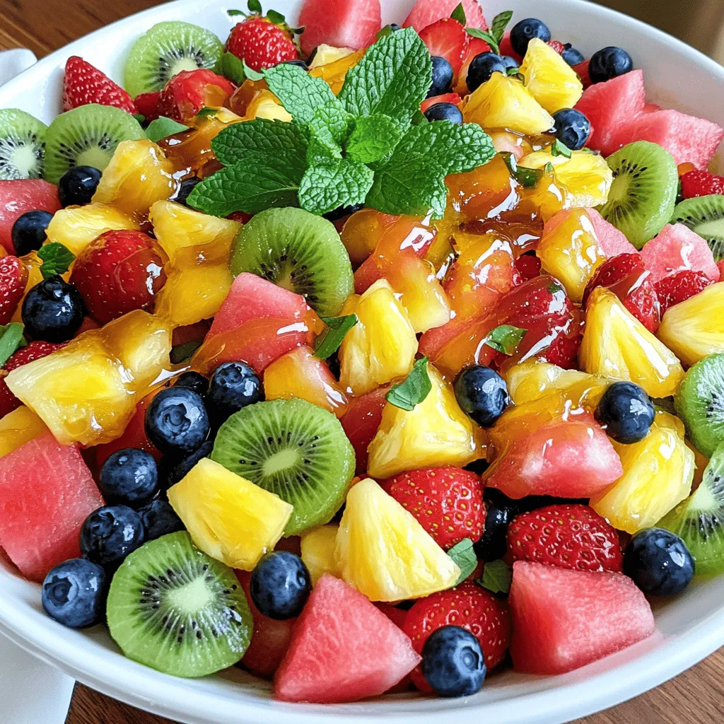Hier ist eine einfache Liste der Zutaten für deinen Honig Limetten Fruchtsalat: - 2 Tassen Wassermelone, gewürfelt - 1 Tasse Heidelbeeren - 2 Tassen Erdbeeren, die Stiele entfernt und in Scheiben geschnitten - 1 Tasse Kiwi, geschält und gewürfelt - 1 Tasse Ananas, gewürfelt - 3 Esslöffel Honig - 2 Esslöffel frischer Limettensaft - Abgeriebene Schale von 1 Limette - Frische Minzblätter zur Dekoration Du kannst die Zutaten leicht anpassen. Wenn du keine Wassermelone hast, nutze stattdessen Honigmelone. Bei Heidelbeeren kannst du auch Himbeeren verwenden. Für die Kiwis sind Mangos eine tolle Wahl. Diese Ersetzungen bringen andere Geschmäcker, die ebenfalls frisch und lecker sind. Wähle reife und saftige Früchte für das beste Ergebnis. Die Wassermelone sollte fest und dunkelgrün sein. Achte darauf, dass die Erdbeeren rot und duftend sind. Heidelbeeren sollten prall und glänzend sein. Kiwis sind optimal, wenn sie leicht weich sind. Ananas sollte goldbraun und leicht süß riechen. Diese Auswahl sorgt für ein frisches und gesundes Geschmackserlebnis. Für das vollständige Rezept, siehe [Full Recipe]. Beginne mit der Auswahl frischer und reifer Früchte. Ich empfehle, 2 Tassen Wassermelone, 1 Tasse Heidelbeeren, 2 Tassen Erdbeeren, 1 Tasse Kiwi und 1 Tasse Ananas zu verwenden. Wasche zuerst die Früchte gut. Schneide die Wassermelone in Würfel und die Erdbeeren in Scheiben. Die Kiwi muss ebenfalls geschält und gewürfelt werden. Die Ananas sollte in kleine Stücke geschnitten werden. Achte darauf, alle Früchte gleichmäßig zu schneiden. Dies sorgt für eine ansprechende Präsentation. Jetzt kommt der spannende Teil. In einer kleinen Schüssel mische 3 Esslöffel Honig, 2 Esslöffel frischen Limettensaft und die abgeriebene Schale von 1 Limette. Nimm einen Schneebesen und verrühre alles gut. Das Dressing sollte glatt und gut verbunden sein. Es bringt eine süße und saure Note in den Salat. Gieße das Honig-Limetten-Dressing über die vorbereiteten Früchte in einer großen Rührschüssel. Verwende einen Löffel, um die Früchte vorsichtig mit dem Dressing zu vermengen. Mache dies sanft, damit die Früchte nicht zerdrückt werden. Lass den Fruchtsalat für etwa 10 Minuten ruhen. Dies hilft, die Aromen zu entfalten. Bevor du ihn servierst, mische ihn noch einmal sanft. Garniere den Salat mit frischen Minzblättern. Dieser Honig-Limetten-Fruchtsalat ist frisch und erfrischend. Du findest das vollständige Rezept im Abschnitt "Vollständiges Rezept". Um die Aromen in deinem Honig-Limetten-Fruchtsalat zu verbessern, achte auf die Frische der Früchte. Frische Früchte schmecken besser und haben mehr Saft. Wähle reife Melonen, süße Erdbeeren und saftige Ananas. Du kannst auch die Zitrusnote verstärken, indem du mehr Limettensaft hinzufügst. Ein Spritzer Limette macht alles frisch. Das Honig-Limetten-Dressing ist der Schlüssel. Mische es gut, damit sich der Geschmack verteilt. Viele Leute lieben diesen Salat! Einige sagen, dass die Kombination aus Limette und Honig perfekt ist. Du kannst die Früchte nach deinem Geschmack ändern. Probiere Mango oder Pfirsiche für eine neue Note. Ein paar Nüsse können auch hinzugefügt werden, um den Salat knusprig zu machen. Wenn du eine süßere Variante magst, füge mehr Honig hinzu. Die Möglichkeiten sind endlos! Du kannst diesen Fruchtsalat leicht im Voraus zubereiten. Schneide die Früchte ein paar Stunden vorher und lagere sie im Kühlschrank. Mache das Dressing auch vorher, aber mische es erst kurz vor dem Servieren. So bleiben die Früchte frisch und knackig. Der Salat schmeckt am besten, wenn du ihn etwa 10 Minuten ruhen lässt. Das gibt Zeit für die Aromen, sich zu verbinden. Folge dem Full Recipe, um alles richtig zu machen. {{image_4}} Du kannst viele verschiedene Obstsorten in deinen Honig Limetten Fruchtsalat einfügen. Zum Beispiel eignen sich Pfirsiche, Trauben oder Mangos sehr gut. Diese Früchte bringen unterschiedliche Farben und Geschmäcker. Du kannst kreativ sein und die Früchte wählen, die du magst. Wenn du z.B. frische Feigen oder Granatäpfel hinzufügst, wird der Salat noch spannender. Denke daran, die Früchte nach Saison auszuwählen. So bekommst du den besten Geschmack. Dieser Fruchtsalat ist von Natur aus vegan und glutenfrei. Das macht ihn zu einer tollen Wahl für viele Menschen. Du kannst auch Agavendicksaft anstelle von Honig verwenden. Das gibt dem Salat eine süße Note. Achte darauf, dass du frische Zutaten verwendest. So bleibt der Salat gesund und lecker. Du kannst auch ein paar Limettenstückchen hinzufügen, um die Frische zu steigern. Das Hinzufügen von Nüssen gibt dem Salat einen tollen Crunch. Mandeln, Walnüsse oder Pistazien passen hervorragend. Wenn du Joghurt magst, probiere griechischen Joghurt aus. Er macht den Salat cremiger und reicher. Einfach einen Löffel Joghurt auf jede Portion geben. Diese Variationen machen deinen Honig Limetten Fruchtsalat noch interessanter. Du kannst die [Full Recipe] jederzeit anpassen und neue Kombinationen ausprobieren. Um deinen Honig-Limetten-Fruchtsalat frisch zu halten, lege ihn in einen luftdichten Behälter. Das schützt ihn vor Luft und Gerüchen im Kühlschrank. Wenn du ihn nicht sofort isst, versuche, die Früchte nicht zu lange darin zu lassen. Das Dressing kann die Früchte matschig machen. Im Kühlschrank bleibt der Fruchtsalat etwa 1 bis 2 Tage frisch. Die Früchte sind am besten, wenn du sie frisch servierst. Nach ein paar Tagen verlieren sie ihren Crunch. Überprüfe immer die Textur und den Geruch, bevor du ihn isst. Um matschige Texturen zu vermeiden, füge das Dressing erst kurz vor dem Servieren hinzu. Halte die Früchte und das Dressing separat, bis du bereit bist, den Salat zu genießen. Dies hält die Früchte knackig und frisch. Du kannst auch Früchte wählen, die weniger Wasser enthalten, wie Äpfel oder Bananen. Ja, der Honig-Limetten-Fruchtsalat ist sehr gesund. Er enthält viele frische Früchte, die reich an Vitaminen und Ballaststoffen sind. Wassermelone hilft beim Hydratisieren. Heidelbeeren bieten Antioxidantien. Erdbeeren sind gut für das Herz. Kiwi hat viel Vitamin C. Ananas unterstützt die Verdauung. Der Honig fügt natürliche Süße hinzu, ohne raffinierten Zucker. Ja, du kannst das Rezept leicht anpassen. Verdopple einfach die Zutaten für mehr Portionen. Achte darauf, die Dressing-Menge ebenfalls zu erhöhen. Mische alles in einer größeren Schüssel. So bleibt der Salat frisch und lecker. Es ist ideal für Partys oder Familienfeiern. Für diesen Salat eignen sich viele Früchte. Du kannst Mango, Pfirsiche oder Trauben hinzufügen. Achte darauf, dass die Früchte frisch sind. Vermeide überreife oder matschige Früchte. Die Farben sollten lebhaft und einladend sein. Das macht den Salat noch ansprechender. Probiere verschiedene Kombinationen aus und finde deine Favoriten. Du kannst das Rezept hier finden: [Full Recipe]. In diesem Blogbeitrag haben wir alle wichtigen Schritte für einen leckeren Honig-Limetten-Fruchtsalat behandelt. Wir haben die besten Zutaten, die Zubereitung und hilfreiche Tipps geteilt. Jetzt weißt du, wie du die Aromen verfeinerst und Variationen erstellst. Denke auch an die richtige Aufbewahrung, um die Frische zu nutzen. Probiere es aus und entdecke, wie köstlich und einfach dieser Fruchtsalat ist. Guten Appetit und viel Spaß beim Zubereiten!