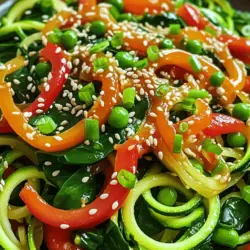 - Zucchinis (3 mittelgroße, spiralisiert) - Rote Paprika (1, in Scheiben geschnitten) - Zuckerschoten (1 Tasse) - Juliennierte Karotte (1 kleine) - Baby-Spinat (1 Tasse) - Knoblauch (2 Zehen, fein gehackt) - Sojasauce (3 Esslöffel) - Sesamöl (1 Esslöffel) - Reisessig (1 Esslöffel) Ich liebe es, mit frischen Zutaten zu kochen. Zucchini ist besonders toll. Sie hat wenig Kalorien und ist sehr gesund. Sie kann als Nudeln verwendet werden. Das macht das Gericht leicht und frisch. Rote Paprika bringt Farbe und einen süßen Geschmack. Zuckerschoten sind knackig und süß. Sie geben dem Gericht Textur und Geschmack. Die Karotte bringt eine schöne Süße und Farbe. Baby-Spinat ist zart und gesund. Er fügt dem Gericht viele Nährstoffe hinzu. Knoblauch gibt einen tollen, kräftigen Geschmack. Für die Sauce brauchen wir Sojasauce, Sesamöl und Reisessig. Sojasauce bringt Umami, das ist der herzhafteste Geschmack. Sesamöl hat ein nussiges Aroma. Reisessig sorgt für einen leichten, sauren Kick. Zusammen machen sie das Gericht besonders lecker. Diese Zutaten sind einfach zu finden. Du kannst sie im Supermarkt kaufen. Wenn du mehr über die Zubereitung erfahren möchtest, schau dir das [Full Recipe] an. Um Zucchini-Nudeln zu machen, benutze ich einen Spiralizer. Dieser macht feine Nudeln. Wenn du keinen Spiralizer hast, nimm einen Gemüseschäler. Schneide die Zucchini in dünne Ribbons. Danach lege die Zucchini-Nudeln beiseite. Erhitze Olivenöl in einer großen Pfanne oder einem Wok. Stelle die Hitze auf mittel bis hoch. Wenn das Öl heiß ist, füge den gehackten Knoblauch hinzu. Brate den Knoblauch zusammen mit dem Ingwer an. Mache das für etwa 30 Sekunden, bis es gut riecht. Jetzt kommt das Gemüse. Gib die rote Paprika, die Zuckerschoten und die Karotten in die Pfanne. Brate alles für 3 bis 4 Minuten an. Das Gemüse soll zart werden, aber knusprig bleiben. Danach füge die Zucchini-Nudeln und den Spinat hinzu. Brate alles für weitere 2 bis 3 Minuten. Die Zucchini sollte leicht gegart und knackig sein. Jetzt mische die Sojasauce, das Sesamöl, den Reisessig und die Chiliflocken in einer kleinen Schüssel. Gieße die Sauce über das Gemüse und mische alles gut. Würze das Gericht mit Salz und Pfeffer. Lass es noch eine Minute auf dem Herd. Dann nimm die Pfanne vom Herd. Serviere das Gericht heiß. Garniere es mit Sesamsamen und gehackten Frühlingszwiebeln. So wird das Gericht noch leckerer. Für das vollständige Rezept, schau dir die [Full Recipe] an. Um perfekte Zucchini-Nudeln zu machen, benutze einen Spiralizer. Ein Gemüseschäler funktioniert auch. Achte darauf, die Zucchini gleichmäßig zu schneiden. So garen sie gleichmäßiger. Wässrige Zucchini können das Gericht ruinieren. Wähle feste Zucchini ohne weiche Stellen. Entferne die Enden vor dem Schneiden. Ein kurzer Tipp: Du kannst die geschnittenen Zucchini salzen. Das entzieht ihnen Wasser. Lass sie für etwa 10 Minuten stehen. Danach abtropfen lassen. Um den Geschmack zu verbessern, füge frische Kräuter hinzu. Basilikum oder Koriander passen gut. Du kannst auch ein wenig Knoblauchpulver verwenden. Das gibt einen tollen Geschmack. Die Sauce ist wichtig für den Geschmack. Du kannst sie leicht anpassen. Füge mehr Sojasauce für einen salzigeren Geschmack hinzu. Für etwas Süße, probiere Honig oder Ahornsirup. Chili kann für mehr Schärfe sorgen. Möchtest du mehr Protein? Füge Hähnchen, Tofu oder Garnelen hinzu. Diese Zutaten machen das Gericht nahrhafter und sättigender. Du kannst das Gericht auch vegan machen. Ersetze Hähnchen durch Tofu oder Tempeh. Für eine glutenfreie Option, benutze Tamari statt Sojasauce. Wenn du mehr Gemüse magst, füge Brokkoli oder Karotten hinzu. Sei kreativ bei deinen Zutaten. So wird jeder Biss spannend! {{image_4}} Sie können Hähnchen, Tofu oder Garnelen zu Ihrer Zucchini-Nudel-Pfanne hinzufügen. Diese Proteinquellen machen das Gericht sättigender. Hähnchen braten Sie einfach in der Pfanne an, bis es gar ist. Tofu sollte gut gewürzt und knusprig angebraten werden. Garnelen brauchen nur wenige Minuten in der Pfanne. Wählen Sie, was Ihnen am besten schmeckt. Das Schöne an diesem Gericht ist die Vielseitigkeit. Sie können viele andere Gemüse hinzufügen. Brokkoli, Karotten oder Paprika sind tolle Optionen. Diese Gemüse bringen zusätzliche Nährstoffe und Farben in Ihr Gericht. Schneiden Sie das Gemüse in kleine Stücke, damit es gleichmäßig gart. Experimentieren Sie mit verschiedenen Sorten, um neue Geschmäcker zu entdecken. Wenn Sie Zucchini-Nudeln nicht mögen, probieren Sie andere Gemüsenudeln. Karotten- oder Süßkartoffelnudeln sind gute Alternativen. Sie können auch Konjak-Nudeln verwenden, die kalorienarm sind. Diese Optionen bieten neue Texturen und Aromen. Finden Sie die Nudelalternative, die Ihnen am besten gefällt. So bleibt Ihr Gericht spannend und gesund. Für das vollständige Rezept schauen Sie sich [Full Recipe] an. Um Zucchini-Nudeln frisch zu halten, lagere sie im Kühlschrank. Verwende einen luftdichten Behälter. So bleibt das Gemüse knackig und lecker. - Kühlschranklagerung: Lagere die Zucchini-Nudeln in einem Behälter mit einem Papiertuch. Das Tuch nimmt überschüssige Feuchtigkeit auf. - Anleitungen zur richtigen Verpackung: Stelle sicher, dass der Behälter gut verschlossen ist. So bleibt die Frische länger erhalten. Frische Zucchini-Nudeln halten sich etwa drei bis fünf Tage im Kühlschrank. Um die Haltbarkeit zu verlängern, lagere sie kühl und trocken. - Zeitrahmen für frische Zucchini-Nudeln: Nach drei Tagen kann die Qualität sinken. Achte auf Veränderungen im Geruch oder Aussehen. - Tipps zur Verlängerung der Haltbarkeit: Friere die Zucchini-Nudeln ein, wenn du sie nicht sofort verwendest. So bleiben sie einige Monate frisch. Das Aufwärmen von Zucchini-Nudeln erfordert etwas Sorgfalt. Zu langes Kochen macht sie matschig. - Beste Methoden für das Aufwärmen des Gerichts: Erhitze die Zucchini-Nudeln in einer Pfanne bei mittlerer Hitze. Füge etwas Öl hinzu, um ein Ankleben zu vermeiden. - Vermeidung von Überkochen: Rühre die Nudeln vorsichtig um und achte auf eine kurze Garzeit. So bleiben sie knackig und lecker. Zucchini-Nudeln brauchen in der Pfanne etwa 2 bis 3 Minuten. Sie sollten leicht weich sein, aber immer noch knackig. Wenn du sie zu lange kochst, werden sie matschig. Die richtige Textur ist wichtig für den Geschmack und das Aussehen. Du möchtest, dass sie frisch und lebendig bleiben. Ja, Zucchini-Nudeln sind sehr gesund. Sie enthalten weniger Kalorien als normale Pasta. Zucchini hat viele Vitamine, wie Vitamin C und A. Außerdem sind sie reich an Ballaststoffen. Das macht sie gut für die Verdauung. Im Vergleich zu Pasta haben Zucchini-Nudeln weniger Kohlenhydrate. Das macht sie ideal für eine leichte Mahlzeit. Ja, du kannst Zucchini-Nudeln im Voraus machen. Du solltest sie jedoch kurz vor dem Kochen schneiden. Lagere sie in einem luftdichten Behälter im Kühlschrank. So bleiben sie frisch. Du kannst auch das Gemüse vorbereiten und in einer Schüssel halten. So sparst du Zeit beim Kochen. Achte darauf, alles gut abzutrocknen, um Wässerung zu vermeiden. Dieses Rezept bietet eine leckere und gesunde Art, Zucchini-Nudeln zuzubereiten. Wir haben die Hauptzutaten und weitere Zutaten klar beschrieben. Die Schritt-für-Schritt-Anleitung hilft dir, jede Phase zu meistern. Viele Tipps und Tricks verbessern den Geschmack und die Haltbarkeit deiner Zucchini-Nudeln. Du kannst das Gericht leicht anpassen und variieren. Nutze das Rezept, um kreativ zu sein. Es ist einfach, gesund und schmeckt toll! Probier es aus und genieße deine neue Lieblingsmahlzeit.