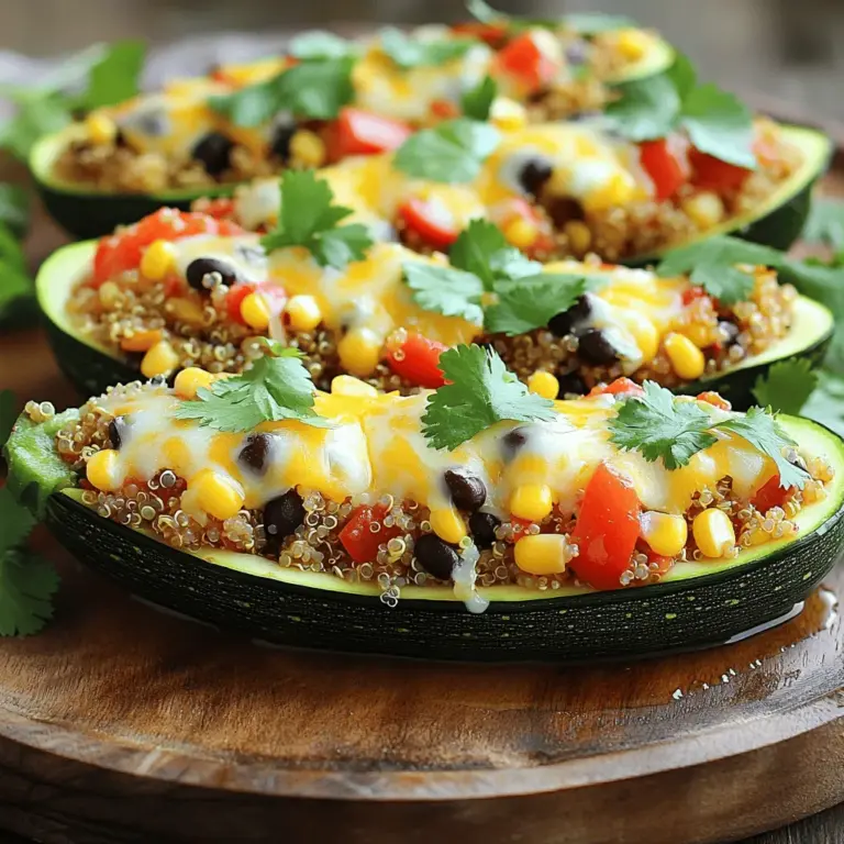 Für die Zubereitung der Zucchini-Boote brauchen Sie folgende Zutaten: - 4 mittelgroße Zucchini - 1 Tasse gekochter Quinoa - 1 Tasse schwarze Bohnen (aus der Dose, abgetropft und abgespült) - 1 Tasse Maiskörner (frisch oder gefroren) - 1 rote Paprika, gewürfelt - 1 kleine Zwiebel, fein gehackt - 2 Knoblauchzehen, gehackt - 1 Teelöffel Kreuzkümmel - 1 Teelöffel geräuchertes Paprikapulver - 1/2 Teelöffel Chilipulver - 1 Tasse gewürfelte Tomaten (aus der Dose oder frisch) - 1 Tasse geriebener Käse (Cheddar, Mozzarella oder eine milchfreie Alternative) - Salz und Pfeffer nach Geschmack - 2 Esslöffel Olivenöl - Frischer Koriander zur Garnierung Wählen Sie frische Zucchini aus. Sie sollten fest und glänzend sein. Vermeiden Sie Zucchini mit Druckstellen oder braunen Flecken. Um die Zucchini vorzubereiten, schneiden Sie sie der Länge nach auf. Löffeln Sie das Innere heraus, um Platz für die Füllung zu schaffen. Bewahren Sie das Zucchini-Fleisch für die Füllung auf. Frische Zutaten machen den Unterschied. Kaufen Sie Gemüse, das in der Saison ist. So schmeckt es besser und hat mehr Nährstoffe. Achten Sie darauf, dass die Bohnen und der Mais von guter Qualität sind. Wenn Sie frische Tomaten verwenden, wählen Sie reife, rote Exemplare. Frische Kräuter, wie Koriander, bringen zusätzlichen Geschmack. Die richtige Auswahl sorgt für ein köstliches Ergebnis und gesunde Zucchini-Boote. Beginnen Sie mit der Vorbereitung der Zucchini-Boote. Heizen Sie den Ofen auf 190°C (375°F) vor. Nehmen Sie vier mittelgroße Zucchini und schneiden Sie sie längs in zwei Hälften. Löffeln Sie das Innere vorsichtig heraus, um Platz für die Füllung zu schaffen. Bewahren Sie das herausgenommene Zucchini-Fleisch auf, denn das wird Teil der Füllung. Erhitzen Sie zwei Esslöffel Olivenöl in einer Pfanne bei mittlerer Hitze. Fügen Sie eine fein gehackte Zwiebel hinzu und braten Sie sie für etwa drei bis vier Minuten, bis sie glasig ist. Diese Schritte sind wichtig, um einen guten Geschmack zu entwickeln. Jetzt kommt der spannende Teil: die Füllung. Geben Sie zwei gehackte Knoblauchzehen und eine gewürfelte rote Paprika in die Pfanne. Fügen Sie das aufbewahrte Zucchini-Fleisch hinzu. Kochen Sie alles unter häufigem Rühren für etwa fünf Minuten. Nun rühren Sie eine Tasse gekochten Quinoa, eine Tasse schwarze Bohnen, eine Tasse Mais und eine Tasse gewürfelte Tomaten ein. Gewürze sind hier der Schlüssel! Fügen Sie einen Teelöffel Kreuzkümmel, geräuchertes Paprikapulver und Chilipulver hinzu. Schmecken Sie mit Salz und Pfeffer ab. Lassen Sie die Mischung für drei bis vier Minuten kochen. Dann nehmen Sie die Pfanne vom Herd und mischen die Hälfte des geriebenen Käses unter. Füllen Sie jede Zucchini-Hälfte mit der Mischung. Drücken Sie leicht, um die Füllung gut zu packen. Legen Sie die gefüllten Zucchini-Boote auf ein Backblech. Bestreuen Sie jede Zucchini mit dem restlichen geriebenen Käse. Backen Sie die Zucchini-Boote im vorgeheizten Ofen für 25 bis 30 Minuten. Achten Sie darauf, dass die Zucchini zart sind und der Käse schön geschmolzen und sprudelnd ist. Nach dem Backen nehmen Sie die Boote aus dem Ofen und lassen sie kurz abkühlen. Garnieren Sie die Zucchini-Boote vor dem Servieren mit frischem Koriander. Genießen Sie eine einfache und gesunde Mahlzeit! Für das vollständige Rezept, klicken Sie auf [Full Recipe]. Die Garzeit ist wichtig. Bei 190°C sollten die Zucchini-Boote 25 bis 30 Minuten backen. Die Zucchini wird zart und der Käse goldbraun. Teste die Zucchini mit einer Gabel. Wenn sie weich ist, sind die Boote fertig. Die Füllung ist flexibel. Du kannst verschiedene Bohnen oder Gemüse verwenden. Füge zum Beispiel Kichererbsen oder Spinat hinzu. Du kannst auch Reis statt Quinoa nehmen. Experimentiere mit Kräutern wie Basilikum oder Thymian. So wird jedes Gericht einzigartig und lecker. Die Präsentation macht einen großen Unterschied. Serviere die Zucchini-Boote auf bunten Tellern. Ein Spritzer Olivenöl sorgt für Glanz. Frischer Koriander gibt Farbe und Geschmack. Du kannst auch saure Sahne oder Guacamole darüber geben. Das sieht toll aus und schmeckt noch besser. {{image_4}} Wenn Sie glutenfrei essen, nutzen Sie Quinoa als Füllung. Quinoa ist von Natur aus glutenfrei und bietet einen tollen Geschmack. Sie können auch Reis oder Hirse verwenden. Diese Optionen sind nährstoffreich und sättigend. Achten Sie darauf, dass alle anderen Zutaten ebenfalls glutenfrei sind. Dies betrifft besonders die Brühe oder Soßen, die Sie hinzufügen. Um die Zucchini-Boote vegan zu machen, lassen Sie den Käse weg. Ersetzen Sie ihn durch eine Mischung aus Nüssen und Hefeflocken. Diese Mischung gibt einen tollen, käsigen Geschmack. Verwenden Sie auch pflanzliche Alternativen bei den Bohnen und der Brühe. Diese Anpassungen machen das Gericht nicht nur vegan, sondern auch lecker und gesund. Fühlen Sie sich frei, weitere Gemüse in die Füllung zu geben. Zwiebeln, Spinat oder Pilze passen wunderbar. Sie können auch Karotten oder Brokkoli verwenden. Achten Sie darauf, das Gemüse klein zu schneiden, damit es gleichmäßig gart. Diese zusätzlichen Zutaten bringen nicht nur Geschmack, sondern auch mehr Nährstoffe in Ihr Gericht. Um Reste von den Zucchini-Boote frisch zu halten, lege sie in einen luftdichten Behälter. Du kannst sie auch in Alufolie einwickeln. Stelle sicher, dass sie gut abgekühlt sind, bevor du sie lagerst. So bleiben die Aromen und die Textur besser erhalten. Für die Mikrowelle lege die gefüllten Zucchini-Boote auf einen Teller. Decke sie mit einem feuchten Papiertuch ab, um ein Austrocknen zu verhindern. Erhitze sie für 2-3 Minuten, bis sie warm sind. Wenn du den Ofen verwendest, heize ihn auf 190°C vor. Lege die Zucchini-Boote auf ein Backblech und backe sie 10-15 Minuten lang, bis sie durchwärmt sind. So bleibt der Käse schön geschmolzen. Die Zucchini-Boote halten sich gut im Kühlschrank. Sie bleiben bis zu drei Tage frisch. Achte darauf, sie in einem luftdichten Behälter zu lagern. Wenn du die Zucchini-Boote länger aufbewahren möchtest, kannst du sie auch einfrieren. Wickele sie gut in Frischhaltefolie und lege sie in einen Gefrierbeutel. So sind sie bis zu drei Monate haltbar. Diese Zucchini-Boote ergeben vier Portionen. Jedes Boot kann eine vollwertige Mahlzeit sein. So kannst du sie leicht mit Freunden oder Familie teilen. Wenn du mehr Gäste hast, kannst du die Zutaten einfach verdoppeln. Sie sind perfekt, um jeden satt und zufrieden zu machen. Ja, du kannst die Zucchini im Voraus vorbereiten. Schneide sie einfach in der Mitte durch und höhle sie aus. Bewahre sie in einem luftdichten Behälter im Kühlschrank auf. Du kannst auch die Füllung am Tag vorher machen. So sparst du Zeit, wenn du bereit bist, zu kochen. Das macht alles viel einfacher, besonders wenn du viel beschäftigt bist. Zu den Zucchini-Boote passen viele Beilagen. Ein frischer Salat ist eine tolle Wahl. Du kannst auch Quinoa oder Reis servieren, um die Mahlzeit zu ergänzen. Eine einfache Salsa oder Joghurt-Dip bringt zusätzlichen Geschmack. Diese Beilagen machen das Essen noch vielfältiger und leckerer. Probier ein paar aus und finde deine Favoriten! In diesem Blogbeitrag haben wir die Schritte zur Zubereitung von Gemüsegefüllten Zucchini-Boosts durchlaufen. Wir haben die richtigen Zutaten ausgewählt und deren perfekte Vorbereitung besprochen. Step-by-step hast du gelernt, Zucchini-Boote zu füllen und zu backen. Zusätzlich gab es Tipps zum Variieren und zur Lagerung. Denke daran, dass du mit frischen Zutaten arbeitest. So machst du das Gericht noch besser. Probiere verschiedene Füllungen aus und genieße diese leckere Mahlzeit!