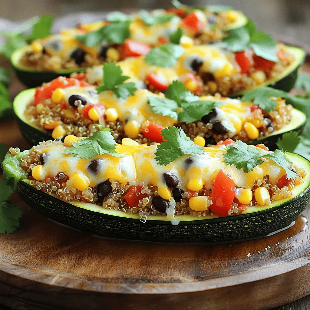 Für die Zubereitung der Zucchini-Boote brauchen Sie folgende Zutaten: - 4 mittelgroße Zucchini - 1 Tasse gekochter Quinoa - 1 Tasse schwarze Bohnen (aus der Dose, abgetropft und abgespült) - 1 Tasse Maiskörner (frisch oder gefroren) - 1 rote Paprika, gewürfelt - 1 kleine Zwiebel, fein gehackt - 2 Knoblauchzehen, gehackt - 1 Teelöffel Kreuzkümmel - 1 Teelöffel geräuchertes Paprikapulver - 1/2 Teelöffel Chilipulver - 1 Tasse gewürfelte Tomaten (aus der Dose oder frisch) - 1 Tasse geriebener Käse (Cheddar, Mozzarella oder eine milchfreie Alternative) - Salz und Pfeffer nach Geschmack - 2 Esslöffel Olivenöl - Frischer Koriander zur Garnierung Wählen Sie frische Zucchini aus. Sie sollten fest und glänzend sein. Vermeiden Sie Zucchini mit Druckstellen oder braunen Flecken. Um die Zucchini vorzubereiten, schneiden Sie sie der Länge nach auf. Löffeln Sie das Innere heraus, um Platz für die Füllung zu schaffen. Bewahren Sie das Zucchini-Fleisch für die Füllung auf. Frische Zutaten machen den Unterschied. Kaufen Sie Gemüse, das in der Saison ist. So schmeckt es besser und hat mehr Nährstoffe. Achten Sie darauf, dass die Bohnen und der Mais von guter Qualität sind. Wenn Sie frische Tomaten verwenden, wählen Sie reife, rote Exemplare. Frische Kräuter, wie Koriander, bringen zusätzlichen Geschmack. Die richtige Auswahl sorgt für ein köstliches Ergebnis und gesunde Zucchini-Boote. Beginnen Sie mit der Vorbereitung der Zucchini-Boote. Heizen Sie den Ofen auf 190°C (375°F) vor. Nehmen Sie vier mittelgroße Zucchini und schneiden Sie sie längs in zwei Hälften. Löffeln Sie das Innere vorsichtig heraus, um Platz für die Füllung zu schaffen. Bewahren Sie das herausgenommene Zucchini-Fleisch auf, denn das wird Teil der Füllung. Erhitzen Sie zwei Esslöffel Olivenöl in einer Pfanne bei mittlerer Hitze. Fügen Sie eine fein gehackte Zwiebel hinzu und braten Sie sie für etwa drei bis vier Minuten, bis sie glasig ist. Diese Schritte sind wichtig, um einen guten Geschmack zu entwickeln. Jetzt kommt der spannende Teil: die Füllung. Geben Sie zwei gehackte Knoblauchzehen und eine gewürfelte rote Paprika in die Pfanne. Fügen Sie das aufbewahrte Zucchini-Fleisch hinzu. Kochen Sie alles unter häufigem Rühren für etwa fünf Minuten. Nun rühren Sie eine Tasse gekochten Quinoa, eine Tasse schwarze Bohnen, eine Tasse Mais und eine Tasse gewürfelte Tomaten ein. Gewürze sind hier der Schlüssel! Fügen Sie einen Teelöffel Kreuzkümmel, geräuchertes Paprikapulver und Chilipulver hinzu. Schmecken Sie mit Salz und Pfeffer ab. Lassen Sie die Mischung für drei bis vier Minuten kochen. Dann nehmen Sie die Pfanne vom Herd und mischen die Hälfte des geriebenen Käses unter. Füllen Sie jede Zucchini-Hälfte mit der Mischung. Drücken Sie leicht, um die Füllung gut zu packen. Legen Sie die gefüllten Zucchini-Boote auf ein Backblech. Bestreuen Sie jede Zucchini mit dem restlichen geriebenen Käse. Backen Sie die Zucchini-Boote im vorgeheizten Ofen für 25 bis 30 Minuten. Achten Sie darauf, dass die Zucchini zart sind und der Käse schön geschmolzen und sprudelnd ist. Nach dem Backen nehmen Sie die Boote aus dem Ofen und lassen sie kurz abkühlen. Garnieren Sie die Zucchini-Boote vor dem Servieren mit frischem Koriander. Genießen Sie eine einfache und gesunde Mahlzeit! Für das vollständige Rezept, klicken Sie auf [Full Recipe]. Die Garzeit ist wichtig. Bei 190°C sollten die Zucchini-Boote 25 bis 30 Minuten backen. Die Zucchini wird zart und der Käse goldbraun. Teste die Zucchini mit einer Gabel. Wenn sie weich ist, sind die Boote fertig. Die Füllung ist flexibel. Du kannst verschiedene Bohnen oder Gemüse verwenden. Füge zum Beispiel Kichererbsen oder Spinat hinzu. Du kannst auch Reis statt Quinoa nehmen. Experimentiere mit Kräutern wie Basilikum oder Thymian. So wird jedes Gericht einzigartig und lecker. Die Präsentation macht einen großen Unterschied. Serviere die Zucchini-Boote auf bunten Tellern. Ein Spritzer Olivenöl sorgt für Glanz. Frischer Koriander gibt Farbe und Geschmack. Du kannst auch saure Sahne oder Guacamole darüber geben. Das sieht toll aus und schmeckt noch besser. {{image_4}} Wenn Sie glutenfrei essen, nutzen Sie Quinoa als Füllung. Quinoa ist von Natur aus glutenfrei und bietet einen tollen Geschmack. Sie können auch Reis oder Hirse verwenden. Diese Optionen sind nährstoffreich und sättigend. Achten Sie darauf, dass alle anderen Zutaten ebenfalls glutenfrei sind. Dies betrifft besonders die Brühe oder Soßen, die Sie hinzufügen. Um die Zucchini-Boote vegan zu machen, lassen Sie den Käse weg. Ersetzen Sie ihn durch eine Mischung aus Nüssen und Hefeflocken. Diese Mischung gibt einen tollen, käsigen Geschmack. Verwenden Sie auch pflanzliche Alternativen bei den Bohnen und der Brühe. Diese Anpassungen machen das Gericht nicht nur vegan, sondern auch lecker und gesund. Fühlen Sie sich frei, weitere Gemüse in die Füllung zu geben. Zwiebeln, Spinat oder Pilze passen wunderbar. Sie können auch Karotten oder Brokkoli verwenden. Achten Sie darauf, das Gemüse klein zu schneiden, damit es gleichmäßig gart. Diese zusätzlichen Zutaten bringen nicht nur Geschmack, sondern auch mehr Nährstoffe in Ihr Gericht. Um Reste von den Zucchini-Boote frisch zu halten, lege sie in einen luftdichten Behälter. Du kannst sie auch in Alufolie einwickeln. Stelle sicher, dass sie gut abgekühlt sind, bevor du sie lagerst. So bleiben die Aromen und die Textur besser erhalten. Für die Mikrowelle lege die gefüllten Zucchini-Boote auf einen Teller. Decke sie mit einem feuchten Papiertuch ab, um ein Austrocknen zu verhindern. Erhitze sie für 2-3 Minuten, bis sie warm sind. Wenn du den Ofen verwendest, heize ihn auf 190°C vor. Lege die Zucchini-Boote auf ein Backblech und backe sie 10-15 Minuten lang, bis sie durchwärmt sind. So bleibt der Käse schön geschmolzen. Die Zucchini-Boote halten sich gut im Kühlschrank. Sie bleiben bis zu drei Tage frisch. Achte darauf, sie in einem luftdichten Behälter zu lagern. Wenn du die Zucchini-Boote länger aufbewahren möchtest, kannst du sie auch einfrieren. Wickele sie gut in Frischhaltefolie und lege sie in einen Gefrierbeutel. So sind sie bis zu drei Monate haltbar. Diese Zucchini-Boote ergeben vier Portionen. Jedes Boot kann eine vollwertige Mahlzeit sein. So kannst du sie leicht mit Freunden oder Familie teilen. Wenn du mehr Gäste hast, kannst du die Zutaten einfach verdoppeln. Sie sind perfekt, um jeden satt und zufrieden zu machen. Ja, du kannst die Zucchini im Voraus vorbereiten. Schneide sie einfach in der Mitte durch und höhle sie aus. Bewahre sie in einem luftdichten Behälter im Kühlschrank auf. Du kannst auch die Füllung am Tag vorher machen. So sparst du Zeit, wenn du bereit bist, zu kochen. Das macht alles viel einfacher, besonders wenn du viel beschäftigt bist. Zu den Zucchini-Boote passen viele Beilagen. Ein frischer Salat ist eine tolle Wahl. Du kannst auch Quinoa oder Reis servieren, um die Mahlzeit zu ergänzen. Eine einfache Salsa oder Joghurt-Dip bringt zusätzlichen Geschmack. Diese Beilagen machen das Essen noch vielfältiger und leckerer. Probier ein paar aus und finde deine Favoriten! In diesem Blogbeitrag haben wir die Schritte zur Zubereitung von Gemüsegefüllten Zucchini-Boosts durchlaufen. Wir haben die richtigen Zutaten ausgewählt und deren perfekte Vorbereitung besprochen. Step-by-step hast du gelernt, Zucchini-Boote zu füllen und zu backen. Zusätzlich gab es Tipps zum Variieren und zur Lagerung. Denke daran, dass du mit frischen Zutaten arbeitest. So machst du das Gericht noch besser. Probiere verschiedene Füllungen aus und genieße diese leckere Mahlzeit!