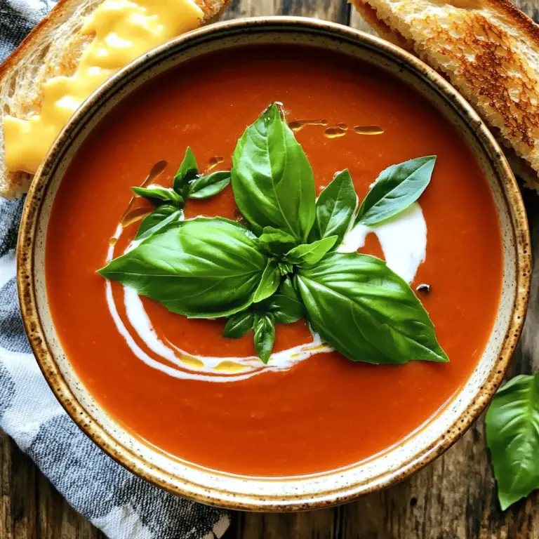 - 2 Esslöffel Olivenöl - 1 mittelgroße Zwiebel, fein gehackt - 3 Knoblauchzehen, minced - 2 Dosen (je 400 g) gewürfelte Tomaten, mit Säften - 500 ml Gemüsebrühe - 240 ml Sahne (oder Kokosmilch für eine vegane Option) - 1 Teelöffel Zucker - Salz und Pfeffer nach Geschmack Ich liebe die Einfachheit dieser cremigen Tomaten-Basilikum-Suppe. Die Zutaten sind leicht zu finden. Sie geben der Suppe einen tollen Geschmack. Olivenöl ist die Basis. Es bringt einen feinen Geschmack. Zwiebeln und Knoblauch geben der Suppe Tiefe. Diese Zutaten sind einfach, aber sehr wichtig. Die gewürfelten Tomaten sind der Hauptstar. Sie machen die Suppe so schön rot und lecker. Die Gemüsebrühe sorgt für eine gute Flüssigkeit. Sie gibt der Suppe den richtigen Körper. Für die cremige Textur kommen Sahne oder Kokosmilch dazu. Ich mag Kokosmilch für eine vegane Option. Ein Teelöffel Zucker hilft, die Säure der Tomaten auszugleichen. Salz und Pfeffer sind wichtig, um den Geschmack zu verstärken. Ich empfehle, die Gewürze nach dem Kochen zu probieren. So wird die Suppe perfekt für deinen Geschmack. Wenn du die Zutaten bereit hast, kannst du mit dem Kochen beginnen. Für die vollständige Anleitung schaue dir das Rezept an. - Erhitze das Olivenöl in einem großen Topf. - Füge die Zwiebel hinzu und dünste sie glasig. Beginne mit Olivenöl. Erhitze es auf mittlerer Stufe. Das Öl sorgt für Geschmack und hilft beim Garen. Dann kommt die Zwiebel. Schneide sie fein, um den Geschmack zu intensivieren. Dünste die Zwiebel für etwa fünf Minuten. Sie sollte weich und leicht golden sein. - Gib den Knoblauch hinzu und brate ihn an. - Füge die gewürfelten Tomaten und die Gemüsebrühe hinzu. Jetzt kommt der Knoblauch. Hacke drei Zehen klein und füge sie hinzu. Brate den Knoblauch für ein bis zwei Minuten. Dies gibt der Suppe ein tolles Aroma. Danach gib die gewürfelten Tomaten in den Topf. Verwende zwei Dosen und nimm den Saft mit. Füge auch die Gemüsebrühe hinzu. Lass alles aufkochen. Danach köcheln lassen. Dies dauert etwa 15 Minuten. So verbinden sich die Aromen gut. - Püriere die Suppe bis sie glatt ist. - Rühre die Sahne, Zucker, Salz und Pfeffer ein. Nimm den Topf vom Herd. Jetzt wird die Suppe püriert. Benutze einen Stabmixer. So wird sie schön cremig. Wenn du keinen hast, nutze einen normalen Mixer, aber vorsichtig. Dann stelle den Topf wieder auf niedrige Hitze. Rühre die Sahne ein. Du kannst auch Kokosmilch nehmen, wenn du eine vegane Option möchtest. Füge dann Zucker, Salz und Pfeffer nach Geschmack hinzu. Lass die Suppe für fünf Minuten warm werden. Rühre das frische Basilikum kurz vor dem Servieren unter. Ein Spritzer Balsamico-Essig kann den Geschmack vertiefen. Für die vollständige Zubereitung schau dir das Full Recipe an. Um das Beste aus deiner cremigen Tomaten-Basilikum-Suppe herauszuholen, probiere sie während des Kochens. Finde den perfekten Geschmack, indem du die Würze anpasst. Ein kleiner Spritzer Balsamico-Essig kann den Geschmack vertiefen. Dieser Essig bringt eine süße Säure, die gut mit der Tomate harmoniert. Die Suppe sieht in vorgewärmten Schalen besonders einladend aus. Das warme Geschirr hält die Suppe länger heiß. Du kannst die Suppe auch mit einem kleinen Schwung Sahne oder Kokosmilch verzieren. Frische Basilikumblätter obenauf sind nicht nur lecker, sondern auch schön anzusehen. Diese kleine Garnitur macht einen großen Unterschied. Ein Stabmixer ist ideal, um die Suppe einfach zu pürieren. So erreichst du die perfekte Konsistenz ohne viel Aufwand. Zudem ist ein Topf mit schwerem Boden hilfreich. Er sorgt für eine gleichmäßige Hitzeverteilung und verhindert Anbrennen. Mit diesen Tipps wird deine Suppe zum Hit. Für das vollständige Rezept, schaue dir die [Full Recipe] an. {{image_4}} Für eine vegane Variante dieser cremigen Tomaten-Basilikum-Suppe kannst du die Sahne durch Kokosmilch ersetzen. Kokosmilch gibt der Suppe eine feine, süße Note. Das passt hervorragend zu den Tomaten und dem frischen Basilikum. Außerdem ist es eine tolle Möglichkeit für alle, die auf Milchprodukte verzichten möchten. Du kannst die Suppe auch noch weiter aufpeppen. Füge rote Paprika oder Karotten für mehr Geschmack und Farbe hinzu. Diese Zutaten machen die Suppe noch nahrhafter und bunter. Experimentiere mit verschiedenen Kräutern wie Oregano oder Thymian, um neue Aromen zu entdecken. So wird jede Suppe zu einem kleinen Abenteuer. Die cremige Tomaten-Basilikum-Suppe schmeckt am besten mit einem gegrillten Käse-Sandwich. Der geschmolzene Käse ergänzt die Suppe perfekt und macht das Essen noch herzlicher. Du kannst auch frisches Baguette dazu servieren. Das Baguette eignet sich gut, um die köstliche Suppe aufzutunken. Für das volle Erlebnis, schau dir auch das [Full Recipe] an. Um die cremige Tomaten-Basilikum-Suppe richtig zu lagern, stelle sie zuerst in den Kühlschrank. Lass die Suppe auf Raumtemperatur abkühlen, bevor du sie in einen luftdichten Behälter füllst. So bleibt sie frisch und lecker. Wenn du vorhast, sie länger aufzubewahren, friere die Suppe ein. Verwende dafür gefrierfreundliche Behälter. Achte darauf, etwas Platz zu lassen, da die Suppe beim Einfrieren ausdehnt. Im Kühlschrank bleibt die Suppe etwa 3-4 Tage frisch. Überprüfe immer auf Anzeichen von Verderb, wie unangenehmen Geruch oder Schimmel. Wenn du die Suppe einfrierst, kann sie bis zu 3 Monate haltbar sein. Zum Wiedererwärmen, lasse die Suppe im Kühlschrank auftauen. Erhitze sie dann langsam auf dem Herd oder in der Mikrowelle. Rühre gut um, damit sie gleichmäßig warm wird. Du kannst die Reste der Suppe kreativ nutzen. Füge sie zu einer Pasta hinzu, um einen schnellen Nudelauflauf zu machen. Du kannst die Suppe auch als Basis für eine Sauce verwenden. Eine andere Idee ist, sie in einem Auflauf zu verwenden, um zusätzlichen Geschmack zu geben. Kreativität beim Kochen kann tolle neue Gerichte hervorbringen. Die Suppe hält sich gut im Kühlschrank. Du kannst sie bis zu vier Tage aufbewahren. Stelle sicher, dass du sie in einem luftdichten Behälter lagerst. So bleibt der Geschmack frisch. Wenn du möchtest, kannst du die Suppe auch einfrieren. So bleibt sie bis zu drei Monate haltbar. Ja, du kannst die Suppe im Voraus zubereiten. Das macht das Kochen einfacher. Bereite die Suppe ganz normal zu, lasse sie abkühlen und lagere sie im Kühlschrank. Du kannst sie sogar am Tag vorher machen. So haben die Aromen mehr Zeit, sich zu entwickeln. Erwärme die Suppe einfach vor dem Servieren. Die Suppe schmeckt toll mit verschiedenen Beilagen. Hier sind einige Vorschläge: - Gegrilltes Käse-Sandwich - Frisches Baguette - Knoblauchbrot - Ein einfacher Salat Diese Beilagen passen gut zu der cremigen Textur und dem frischen Geschmack der Suppe. Ja, diese Suppe ist glutenfrei. Alle Zutaten sind frei von Gluten. Achte nur darauf, dass die Gemüsebrühe, die du verwendest, auch glutenfrei ist. So kannst du die Suppe ohne Bedenken genießen. Diese leckere Suppe ist einfach und gesund. Du nutzt frische Zutaten wie Zwiebeln und Knoblauch. Die Schritt-für-Schritt-Anleitung macht das Kochen leicht. Du kannst sie vegan machen oder mit Sahne verfeinern. Experimentiere mit neuen Zutaten für zusätzlichen Geschmack. Achte auf die Lagerung und Haltbarkeit, um Reste gut zu nutzen. Das Ergebnis ist eine köstliche Suppe, perfekt für jede Gelegenheit. Viel Spaß beim Kochen und Entdecken neuer Variationen!