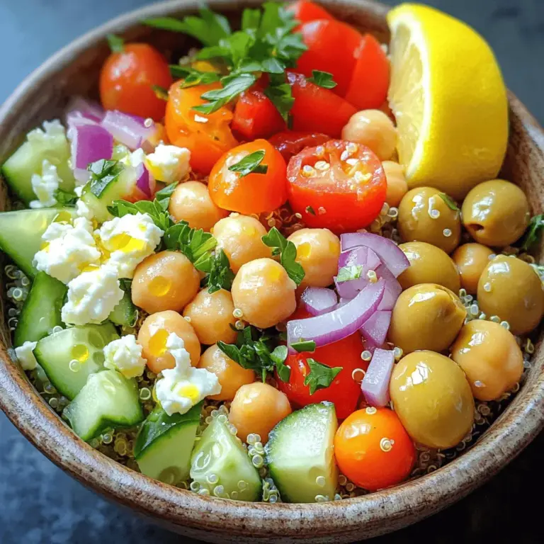Für die mediterrane Quinoa-Schüssel benötigst du frische und gesunde Zutaten. Diese machen den Salat bunt und schmackhaft. Hier sind die Hauptzutaten: - 1 Tasse Quinoa, gründlich gespült - 2 Tassen Gemüsebrühe (oder Wasser) - 1 Tasse Kirschtomaten, halbiert - 1 Gurke, gewürfelt - 1 Paprika (rot oder gelb), gewürfelt - 1 Dose (400 g) Kichererbsen, gut abgespült und abgetropft - 1/2 Tasse Kalamata-Oliven, entsteint und halbiert - 1/4 Tasse rote Zwiebel, fein gehackt - 1/4 Tasse frische Petersilie, gehackt - 1/4 Tasse Feta-Käse, zerbröselt (optional) Diese Zutaten sind voll mit Vitaminen und Mineralien. Sie geben dem Gericht Farbe und Geschmack. Quinoa ist eine großartige Proteinquelle. Kichererbsen fügen Ballaststoffe hinzu. Tomaten und Gurken sorgen für Frische. Das Dressing bringt alles zusammen und macht den Salat besonders lecker. Hier sind die Zutaten für das Dressing: - 3 Esslöffel Olivenöl - Saft von 1 Zitrone - 1 Teelöffel getrockneter Oregano - Salz und Pfeffer nach Geschmack Das Olivenöl gibt einen schönen Geschmack. Der Zitronensaft sorgt für Frische und Helligkeit. Oregano bringt einen mediterranen Flair. Salz und Pfeffer runden alles ab. Die mediterrane Quinoa-Schüssel ist gesund und nährstoffreich. Eine Portion hat viele Vorteile: - Hoch an Proteinen durch Quinoa und Kichererbsen - Reich an Ballaststoffen, gut für die Verdauung - Vollgepackt mit Vitaminen durch frisches Gemüse - Gesundes Fett aus Olivenöl Diese Schüssel ist perfekt für ein leichtes Mittagessen. Sie gibt dir Energie, ohne schwer im Magen zu liegen. Du kannst die Schüssel auch für die Woche vorbereiten. So hast du immer eine gesunde Mahlzeit bereit. Für die vollständige Anleitung, schau dir das Full Recipe an. Zuerst nehmen Sie eine Tasse Quinoa. Spülen Sie sie gründlich unter Wasser. Dies entfernt Bitterstoffe. Dann nehmen Sie einen mittelgroßen Topf. Fügen Sie die gespülte Quinoa und zwei Tassen Gemüsebrühe hinzu. Sie können auch Wasser verwenden. Stellen Sie den Topf auf mittlere bis hohe Hitze. Lassen Sie die Mischung zum Kochen bringen. Wenn es kocht, reduzieren Sie die Hitze. Bedecken Sie den Topf und lassen Sie die Quinoa 15 Minuten köcheln. Achten Sie darauf, dass die Flüssigkeit aufgesogen wird. Nach 15 Minuten nehmen Sie den Topf vom Herd. Lassen Sie die Quinoa einige Minuten abkühlen. Jetzt kommt der Spaß! Nehmen Sie eine große Schüssel. Fügen Sie eine Tasse halbierte Kirschtomaten hinzu. Dann nehmen Sie eine gewürfelte Gurke und eine gewürfelte Paprika. Eine Dose Kichererbsen, gut abgespült, kommt auch hinein. Vergessen Sie nicht die Kalamata-Oliven. Diese verleihen Geschmack. Fügen Sie auch die fein gehackte rote Zwiebel und die frische Petersilie hinzu. Mischen Sie alles vorsichtig, damit die Zutaten gleichmäßig verteilt sind. Für das Dressing nehmen Sie eine kleine Schüssel. Geben Sie drei Esslöffel Olivenöl hinein. Fügen Sie den Saft von einer Zitrone hinzu. Dann kommt ein Teelöffel getrockneter Oregano dazu. Würzen Sie mit Salz und Pfeffer nach Geschmack. Mischen Sie alles gut mit einem Schneebesen. Es sollte gleichmäßig sein und gut duften. Sobald die Quinoa leicht abgekühlt ist, fügen Sie sie zur Gemüsemischung hinzu. Übergießen Sie alles mit dem Dressing. Mischen Sie alles sanft, bis alles gut benetzt ist. Wenn Sie möchten, streuen Sie zerbröselten Feta-Käse darüber. Jetzt ist die mediterrane Quinoa-Schüssel bereit zum Servieren. Für das vollständige Rezept, schauen Sie bitte [Full Recipe]. Um die beste Quinoa zu machen, spüle sie zuerst gut. Das entfernt Bitterstoffe. Nutze dann das richtige Wasserverhältnis. Ein Teil Quinoa braucht zwei Teile Flüssigkeit. Du kannst Gemüsebrühe oder Wasser verwenden. Koche die Mischung bei mittlerer Hitze. Wenn es kocht, decke den Topf ab und reduziere die Hitze. Lass die Quinoa 15 Minuten köcheln. Danach nimm sie vom Herd. Lass sie kurz stehen, damit sie locker wird. Um mehr Geschmack hinzuzufügen, probiere verschiedene Gemüsesorten. Rote Beete oder Zucchini passen gut. Du kannst auch frische Kräuter verwenden. Basilikum oder Minze bringen Frische. Für mehr Nährstoffe füge Avocado oder Nüsse hinzu. Kichererbsen sind eine tolle Proteinquelle. Sie machen das Gericht sättigender. Experimentiere mit verschiedenen Dressings. Tahini oder Joghurt können eine gute Wahl sein. Die Präsentation macht viel aus. Serviere den Salat in schönen Schalen. Ein Zitronenschnitz bringt frische Farben. Ein Schuss Olivenöl oben drauf sieht toll aus. Streue den Feta-Käse darüber. Das gibt dem Gericht einen besonderen Touch. Nutze frische Kräuter zur Garnierung. Petersilie oder Minze bringen Farbe. So wird der Salat nicht nur lecker, sondern auch schön anzusehen. {{image_4}} Du kannst Hühnchen hinzufügen, um die Quinoa-Schüssel herzhaft zu machen. Nimm einfach Hähnchenbrust und brate sie in etwas Olivenöl. Würze das Hühnchen mit Salz, Pfeffer und getrocknetem Oregano. Schneide das Hähnchen nach dem Kochen in Stücke und mische es mit der Quinoa. Das gibt dir eine proteinreiche Option, die toll schmeckt. Für eine vegane Variante lasse einfach den Feta-Käse weg. Füge stattdessen mehr Gemüse hinzu, wie Zucchini oder Spinat. Diese Zutaten bringen mehr Farbe und Nährstoffe in dein Gericht. Mit gerösteten Nüssen oder Samen kannst du auch einen Knusper-Effekt erzielen. Das macht die Schüssel noch interessanter und sättigender. Du kannst die Zutaten nach deinem Geschmack ändern. Möchtest du etwas Schärfe? Füge etwas frischen Chili oder Peperoni hinzu. Falls du keine Oliven magst, nutze einfach Kapern oder artischockenherzen. Wenn du andere Bohnen magst, probiere schwarze Bohnen oder weiße Bohnen. Sei kreativ und passe das Rezept an deine Vorlieben an. Die mediterrane Quinoa-Schüssel ist flexibel und lässt viel Raum für deine Ideen. Für das vollständige Rezept schau dir die [Full Recipe] an. Um die mediterrane Quinoa-Schüssel frisch zu halten, lege sie in einen luftdichten Behälter. So bleibt der Salat kühl und lecker. Ich empfehle, das Dressing separat aufzubewahren. So wird die Quinoa nicht matschig. Wenn du das Dressing direkt hinzufügst, genieße den Salat sofort. Die Quinoa-Schüssel hält sich im Kühlschrank etwa 3 bis 5 Tage. Achte darauf, die Zutaten gut zu prüfen. Kirschtomaten und Gurken sind am frischesten, wenn du sie zuerst verwendest. Kichererbsen und Oliven bleiben länger gut. Wenn du Feta verwendest, verbrauche den Salat schneller, da er schneller verderben kann. Du kannst die Reste der Quinoa-Schüssel für viele Gerichte nutzen. Mische sie in eine Suppe oder als Füllung für Wraps. Füge sie zu einem Omelett hinzu oder serviere sie als Beilage zu Fleisch. Deine Reste sind eine gute Grundlage für neue, leckere Gerichte. So sparst du Zeit und verschwendest keine Lebensmittel. Die Zubereitung der mediterranen Quinoa-Schüssel dauert etwa 30 Minuten. Davon sind 15 Minuten für die Vorbereitung und 15 Minuten fürs Kochen. In dieser kurzen Zeit bekommst du eine nahrhafte und leckere Mahlzeit. Ja, du kannst das Rezept im Voraus zubereiten. Du kannst die Quinoa und das Gemüse einen Tag vorher machen. Bewahre die Zutaten getrennt auf, bis du bereit bist, zu essen. So bleibt alles frisch und knackig. Das Dressing kannst du auch im Voraus machen. Die mediterrane Quinoa-Schüssel ist sehr vielseitig. Du kannst sie mit gegrilltem Hähnchen oder Fisch servieren. Auch ein Stück Fladenbrot passt gut dazu. Für eine vegetarische Option, füge einige geröstete Gemüse hinzu. Wenn du mehr Protein möchtest, sind Kichererbsen eine tolle Wahl. Die mediterrane Quinoa-Schüssel vereint gesunde Hauptzutaten, würzige Dressings und wichtige Nährstoffe. Ich habe erklärt, wie man Quinoa kocht und mit Gemüse kombiniert. Tipps zeigen, wie man perfekte Konsistenzen erzielt und das Gericht schön anrichtet. Variationen bieten für jeden Geschmack etwas. Achte auf Aufbewahrung, damit die Schüssel frisch bleibt. Ich hoffe, du fühlst dich inspiriert, es selbst auszuprobieren. Gesunde Küche kann einfach und lecker sein.