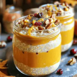Für die Kürbisgewürz Overnight Oats benötigst du einige einfache Zutaten. Hier ist die Liste: - 1 Tasse Haferflocken (groß) - 1 Tasse ungesüßte Mandelmilch (oder Milch nach Wahl) - 1/2 Tasse reines Kürbispüree - 1 Esslöffel Chiasamen - 2 Esslöffel Ahornsirup (oder Honig) - 1 Teelöffel Kürbisgewürzmischung (oder eine Mischung aus Zimt, Muskatnuss und Ingwer) - 1/2 Teelöffel Vanilleextrakt - Eine Prise Salz Diese Zutaten arbeiten gut zusammen. Sie ergeben eine cremige und aromatische Mischung. Das Kürbispüree gibt den Oats eine schöne Farbe und einen tollen Geschmack. Die Haferflocken sorgen für eine gute Basis, die dich lange satt hält. Wenn du spezielle Ernährungsbedürfnisse hast, gibt es Alternativen. Du kannst die Haferflocken durch glutenfreie Haferflocken ersetzen. Für eine veganere Version nutze einfach pflanzlichen Joghurt anstelle von Milch. Wenn du keinen Ahornsirup hast, kannst du auch Agavendicksaft verwenden. Diese Anpassungen machen das Rezept für viele Menschen passend. Achte auf die Qualität der Zutaten. Wähle frisches Kürbispüree, um den besten Geschmack zu erzielen. Bio-Haferflocken sind oft frei von Pestiziden. Hochwertige Nüsse und Trockenfrüchte können deine Overnight Oats noch schmackhafter machen. Die richtige Auswahl macht einen großen Unterschied. Du kannst die Qualität der Speisen spüren und schmecken. Wenn du mehr über das Rezept erfahren möchtest, schau dir die Full Recipe an. Beginne mit einer großen Schüssel. Füge die Haferflocken, Mandelmilch und das Kürbispüree hinzu. Gib die Chiasamen, den Ahornsirup und die Kürbisgewürzmischung dazu. Vergiss nicht den Vanilleextrakt und eine Prise Salz. Rühre alles gut um, bis die Mischung gleichmäßig aussieht. Die Haferflocken müssen gut mit der Kürbismischung überzogen sein. So wird jedes Bisschen voll von Geschmack sein. Jetzt kommt der nächste Schritt. Nimm Einmachgläser oder luftdichte Behälter. Teile die Mischung gleichmäßig auf die Behälter auf. Achte darauf, dass jedes Glas genug Platz hat, denn die Haferflocken quellen auf. Verschließe die Gläser gut. So bleiben die Aromen frisch und lecker. Stelle die Gläser in den Kühlschrank. Lass die Overnight Oats mindestens vier Stunden kühlen, besser über Nacht. So nehmen die Haferflocken die Aromen auf. Am Morgen rührst du die Mischung gut um. Ist sie zu dick? Füge einfach einen Spritzer Mandelmilch hinzu. Garniere die Oats mit Nüssen, Cranberries oder Kokoscreme. So wird dein Frühstück nicht nur lecker, sondern auch schön anzusehen. Für das vollständige Rezept, schau dir den Abschnitt „Full Recipe“ an. Ein häufiger Fehler ist, die Haferflocken nicht gut zu vermischen. Wenn die Zutaten nicht gut kombiniert sind, schmecken die Oats nicht gleichmäßig. Achte darauf, dass du alles in einer großen Schüssel gründlich verrührst. Ein weiterer Fehler ist, die richtige Kühlzeit zu ignorieren. Lasse die Mischung mindestens vier Stunden im Kühlschrank. So nehmen die Haferflocken die Aromen auf. Die perfekte Konsistenz ist cremig, aber nicht zu dick. Wenn du die Mischung zu fest findest, füge einen Spritzer Mandelmilch hinzu. Rühre die Oats gut um, bevor du sie servierst. So verteilst du die Flüssigkeit gleichmäßig. Wenn du sie in Gläser füllst, achte darauf, dass genug Platz zum Rühren bleibt. Toppings bringen Vielfalt auf den Tisch. Du kannst gehackte Nüsse verwenden, um Crunch hinzuzufügen. Getrocknete Cranberries bringen eine süße Note. Für eine leichte Frische probiere geschlagene Kokoscreme. Diese Optionen machen dein Frühstück noch leckerer. Du kannst auch frische Früchte oder Joghurt als Topping verwenden, um neue Geschmäcker zu entdecken. {{image_4}} Für eine vegane Version der Kürbisgewürz Overnight Oats kannst du einfach die Milch ersetzen. Nutze ungesüßte Mandelmilch oder eine andere pflanzliche Milch. Die Haferflocken sind oft glutenfrei, aber achte auf das Etikett. So kannst du sicher sein, dass du ein glutenfreies Produkt wählst. Chiasamen sind ebenfalls vegan und bieten eine tolle Textur. Jeder hat unterschiedliche Vorlieben. Du kannst die Süße anpassen, indem du mehr oder weniger Ahornsirup nimmst. Für einen schokoladigen Kick füge Kakaopulver hinzu. Wenn du etwas Frische willst, probiere ein wenig frisch geriebenen Ingwer. Du kannst auch Nüsse oder Samen nach deinem Geschmack wählen, um das Rezept zu personalisieren. Die Kürbisgewürz Overnight Oats sind nicht nur für den Herbst. Im Winter kannst du Gewürze wie Nelken oder Kardamom hinzufügen. Im Frühling probiere frische Beeren und etwas Zitronenschale. Im Sommer kannst du sie mit Joghurt und frischem Obst kombinieren. So bleibt das Frühstück das ganze Jahr über spannend und lecker. Für das komplette Rezept kannst du die *Full Recipe* überprüfen und damit starten. Um die Kürbisgewürz Overnight Oats frisch zu halten, benutze luftdichte Behälter. Ich empfehle Einmachgläser oder kleine Plastikbehälter. Diese verhindern, dass Luft und Feuchtigkeit eindringen. Stelle sicher, dass die Behälter gut verschlossen sind. Im Kühlschrank halten sich die Overnight Oats etwa 3 bis 5 Tage. Die Aromen werden mit der Zeit besser. Du kannst sie einfach an einem Tag zubereiten und über die Woche genießen. Achte darauf, sie vor dem Essen gut umzurühren. Wenn sie zu dick geworden sind, füge etwas Mandelmilch hinzu. Wenn du mehr machen möchtest, friere die Oats ein. Teile die Mischung in Portionen und fülle sie in Gefrierbehälter. So bleiben sie bis zu 2 Monate frisch. Um sie zu essen, lasse die Oats über Nacht im Kühlschrank auftauen. Alternativ kannst du sie in der Mikrowelle kurz erwärmen. So hast du immer ein schnelles Frühstück bereit. Kürbisgewürz Overnight Oats bleiben bis zu fünf Tage frisch im Kühlschrank. Stelle sicher, dass du sie in einem luftdichten Behälter aufbewahrst. So bleiben sie saftig und lecker. Wenn du mehr als eine Portion machst, ist dies eine großartige Möglichkeit, dein Frühstück für die Woche vorzubereiten. Ja, du kannst verschiedene Milchsorten verwenden. Jede Milch hat ihren eigenen Geschmack und ihre Textur. Ich empfehle ungesüßte Mandelmilch, aber du kannst auch Hafermilch, Sojamilch oder normale Milch wählen. Experimentiere mit verschiedenen Sorten, um deine perfekte Mischung zu finden. Ja, Overnight Oats sind sehr gesund und nährstoffreich. Sie enthalten Ballaststoffe, die gut für die Verdauung sind. Hafer ist reich an Vitaminen und Mineralien. Das Kürbispüree fügt zusätzliche Nährstoffe und Geschmack hinzu. Mit Chiasamen erhältst du gesunde Fette und Proteine. So ist dieses Frühstück nicht nur köstlich, sondern auch nahrhaft. Kürbisgewürz Overnight Oats sind einfach zuzubereiten. Wir haben die Hauptzutaten und Alternativen für alle Diäten besprochen. Die Schritt-für-Schritt-Anleitung hilft dir, keine Fehler zu machen. Tipps und Tricks sorgen für die perfekte Konsistenz. Variationen bieten neue Geschmäcker für jede Jahreszeit. Denke daran, die Oats richtig zu lagern, um die Haltbarkeit zu verlängern. Mit den Antworten auf häufige Fragen bist du gut informiert. Bereite deine Oats vor und genieße sie!