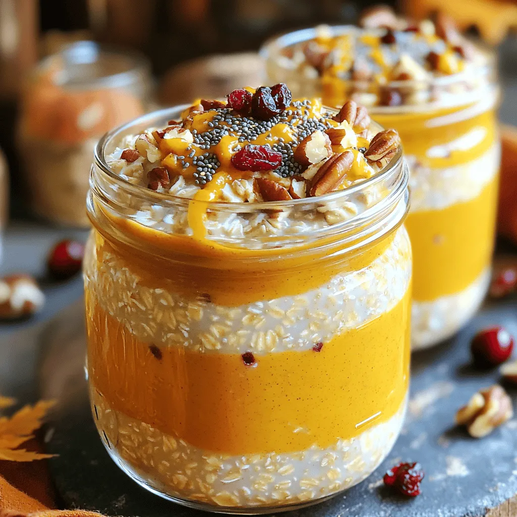 Für die Kürbisgewürz Overnight Oats benötigst du einige einfache Zutaten. Hier ist die Liste: - 1 Tasse Haferflocken (groß) - 1 Tasse ungesüßte Mandelmilch (oder Milch nach Wahl) - 1/2 Tasse reines Kürbispüree - 1 Esslöffel Chiasamen - 2 Esslöffel Ahornsirup (oder Honig) - 1 Teelöffel Kürbisgewürzmischung (oder eine Mischung aus Zimt, Muskatnuss und Ingwer) - 1/2 Teelöffel Vanilleextrakt - Eine Prise Salz Diese Zutaten arbeiten gut zusammen. Sie ergeben eine cremige und aromatische Mischung. Das Kürbispüree gibt den Oats eine schöne Farbe und einen tollen Geschmack. Die Haferflocken sorgen für eine gute Basis, die dich lange satt hält. Wenn du spezielle Ernährungsbedürfnisse hast, gibt es Alternativen. Du kannst die Haferflocken durch glutenfreie Haferflocken ersetzen. Für eine veganere Version nutze einfach pflanzlichen Joghurt anstelle von Milch. Wenn du keinen Ahornsirup hast, kannst du auch Agavendicksaft verwenden. Diese Anpassungen machen das Rezept für viele Menschen passend. Achte auf die Qualität der Zutaten. Wähle frisches Kürbispüree, um den besten Geschmack zu erzielen. Bio-Haferflocken sind oft frei von Pestiziden. Hochwertige Nüsse und Trockenfrüchte können deine Overnight Oats noch schmackhafter machen. Die richtige Auswahl macht einen großen Unterschied. Du kannst die Qualität der Speisen spüren und schmecken. Wenn du mehr über das Rezept erfahren möchtest, schau dir die Full Recipe an. Beginne mit einer großen Schüssel. Füge die Haferflocken, Mandelmilch und das Kürbispüree hinzu. Gib die Chiasamen, den Ahornsirup und die Kürbisgewürzmischung dazu. Vergiss nicht den Vanilleextrakt und eine Prise Salz. Rühre alles gut um, bis die Mischung gleichmäßig aussieht. Die Haferflocken müssen gut mit der Kürbismischung überzogen sein. So wird jedes Bisschen voll von Geschmack sein. Jetzt kommt der nächste Schritt. Nimm Einmachgläser oder luftdichte Behälter. Teile die Mischung gleichmäßig auf die Behälter auf. Achte darauf, dass jedes Glas genug Platz hat, denn die Haferflocken quellen auf. Verschließe die Gläser gut. So bleiben die Aromen frisch und lecker. Stelle die Gläser in den Kühlschrank. Lass die Overnight Oats mindestens vier Stunden kühlen, besser über Nacht. So nehmen die Haferflocken die Aromen auf. Am Morgen rührst du die Mischung gut um. Ist sie zu dick? Füge einfach einen Spritzer Mandelmilch hinzu. Garniere die Oats mit Nüssen, Cranberries oder Kokoscreme. So wird dein Frühstück nicht nur lecker, sondern auch schön anzusehen. Für das vollständige Rezept, schau dir den Abschnitt „Full Recipe“ an. Ein häufiger Fehler ist, die Haferflocken nicht gut zu vermischen. Wenn die Zutaten nicht gut kombiniert sind, schmecken die Oats nicht gleichmäßig. Achte darauf, dass du alles in einer großen Schüssel gründlich verrührst. Ein weiterer Fehler ist, die richtige Kühlzeit zu ignorieren. Lasse die Mischung mindestens vier Stunden im Kühlschrank. So nehmen die Haferflocken die Aromen auf. Die perfekte Konsistenz ist cremig, aber nicht zu dick. Wenn du die Mischung zu fest findest, füge einen Spritzer Mandelmilch hinzu. Rühre die Oats gut um, bevor du sie servierst. So verteilst du die Flüssigkeit gleichmäßig. Wenn du sie in Gläser füllst, achte darauf, dass genug Platz zum Rühren bleibt. Toppings bringen Vielfalt auf den Tisch. Du kannst gehackte Nüsse verwenden, um Crunch hinzuzufügen. Getrocknete Cranberries bringen eine süße Note. Für eine leichte Frische probiere geschlagene Kokoscreme. Diese Optionen machen dein Frühstück noch leckerer. Du kannst auch frische Früchte oder Joghurt als Topping verwenden, um neue Geschmäcker zu entdecken. {{image_4}} Für eine vegane Version der Kürbisgewürz Overnight Oats kannst du einfach die Milch ersetzen. Nutze ungesüßte Mandelmilch oder eine andere pflanzliche Milch. Die Haferflocken sind oft glutenfrei, aber achte auf das Etikett. So kannst du sicher sein, dass du ein glutenfreies Produkt wählst. Chiasamen sind ebenfalls vegan und bieten eine tolle Textur. Jeder hat unterschiedliche Vorlieben. Du kannst die Süße anpassen, indem du mehr oder weniger Ahornsirup nimmst. Für einen schokoladigen Kick füge Kakaopulver hinzu. Wenn du etwas Frische willst, probiere ein wenig frisch geriebenen Ingwer. Du kannst auch Nüsse oder Samen nach deinem Geschmack wählen, um das Rezept zu personalisieren. Die Kürbisgewürz Overnight Oats sind nicht nur für den Herbst. Im Winter kannst du Gewürze wie Nelken oder Kardamom hinzufügen. Im Frühling probiere frische Beeren und etwas Zitronenschale. Im Sommer kannst du sie mit Joghurt und frischem Obst kombinieren. So bleibt das Frühstück das ganze Jahr über spannend und lecker. Für das komplette Rezept kannst du die *Full Recipe* überprüfen und damit starten. Um die Kürbisgewürz Overnight Oats frisch zu halten, benutze luftdichte Behälter. Ich empfehle Einmachgläser oder kleine Plastikbehälter. Diese verhindern, dass Luft und Feuchtigkeit eindringen. Stelle sicher, dass die Behälter gut verschlossen sind. Im Kühlschrank halten sich die Overnight Oats etwa 3 bis 5 Tage. Die Aromen werden mit der Zeit besser. Du kannst sie einfach an einem Tag zubereiten und über die Woche genießen. Achte darauf, sie vor dem Essen gut umzurühren. Wenn sie zu dick geworden sind, füge etwas Mandelmilch hinzu. Wenn du mehr machen möchtest, friere die Oats ein. Teile die Mischung in Portionen und fülle sie in Gefrierbehälter. So bleiben sie bis zu 2 Monate frisch. Um sie zu essen, lasse die Oats über Nacht im Kühlschrank auftauen. Alternativ kannst du sie in der Mikrowelle kurz erwärmen. So hast du immer ein schnelles Frühstück bereit. Kürbisgewürz Overnight Oats bleiben bis zu fünf Tage frisch im Kühlschrank. Stelle sicher, dass du sie in einem luftdichten Behälter aufbewahrst. So bleiben sie saftig und lecker. Wenn du mehr als eine Portion machst, ist dies eine großartige Möglichkeit, dein Frühstück für die Woche vorzubereiten. Ja, du kannst verschiedene Milchsorten verwenden. Jede Milch hat ihren eigenen Geschmack und ihre Textur. Ich empfehle ungesüßte Mandelmilch, aber du kannst auch Hafermilch, Sojamilch oder normale Milch wählen. Experimentiere mit verschiedenen Sorten, um deine perfekte Mischung zu finden. Ja, Overnight Oats sind sehr gesund und nährstoffreich. Sie enthalten Ballaststoffe, die gut für die Verdauung sind. Hafer ist reich an Vitaminen und Mineralien. Das Kürbispüree fügt zusätzliche Nährstoffe und Geschmack hinzu. Mit Chiasamen erhältst du gesunde Fette und Proteine. So ist dieses Frühstück nicht nur köstlich, sondern auch nahrhaft. Kürbisgewürz Overnight Oats sind einfach zuzubereiten. Wir haben die Hauptzutaten und Alternativen für alle Diäten besprochen. Die Schritt-für-Schritt-Anleitung hilft dir, keine Fehler zu machen. Tipps und Tricks sorgen für die perfekte Konsistenz. Variationen bieten neue Geschmäcker für jede Jahreszeit. Denke daran, die Oats richtig zu lagern, um die Haltbarkeit zu verlängern. Mit den Antworten auf häufige Fragen bist du gut informiert. Bereite deine Oats vor und genieße sie!