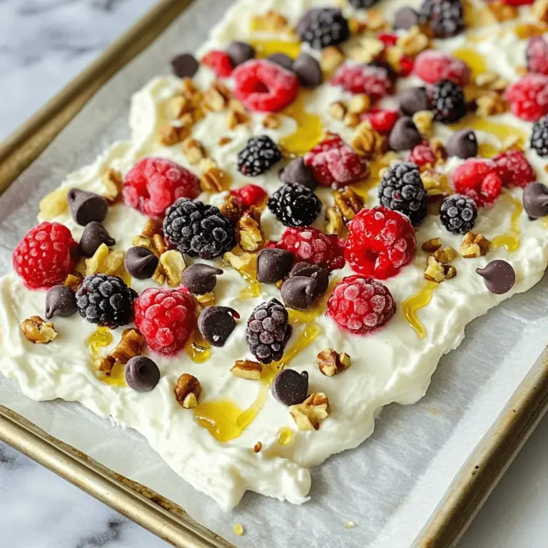 - 2 Tassen griechischer Joghurt - 2 Esslöffel Honig oder Ahornsirup - 1 Teelöffel Vanilleextrakt Die Basis für unsere Frozen Yogurt Bark ist griechischer Joghurt. Er hat eine cremige Konsistenz und viel Protein. Das macht ihn perfekt für ein gesundes Rezept. Der Honig oder Ahornsirup süßt die Mischung. Ich bevorzuge Honig, aber beide Optionen sind lecker. Vanilleextrakt gibt dem Joghurt einen schönen Geschmack. - 1 Tasse gemischte Beeren - 1/4 Tasse Zartbitter-Schokoladenstückchen (optional) - 1/4 Tasse gehackte Nüsse (optional) Die gemischten Beeren sind der Star des Rezepts. Erdbeeren, Heidelbeeren und Himbeeren bringen Frische und Farbe. Du kannst auch andere Beeren verwenden. Die Zartbitter-Schokoladenstückchen sind eine tolle Ergänzung. Sie geben einen süßen und herben Kontrast. Die gehackten Nüsse bringen einen schönen Crunch. Du kannst Mandeln, Walnüsse oder Pekannüsse wählen. Wenn du mehr über die Schritte erfahren möchtest, schau dir das [Full Recipe] an! Zuerst nimmst du eine Rührschüssel. Füge 2 Tassen griechischen Joghurt, 2 Esslöffel Honig und 1 Teelöffel Vanilleextrakt hinzu. Rühre die Mischung gut um. Sie sollte cremig und gut vermischt sein. Du kannst die Süße nach deinem Geschmack anpassen. Lege ein Backblech mit Backpapier oder einer Silikonmatte aus. Dies hilft dir, die gefrorene Rinde später leicht zu entfernen. Gieße die Joghurtmischung gleichmäßig auf das Backblech. Verteile sie auf etwa 0,5 cm Dicke. Jetzt kommt der spaßige Teil! Streue 1 Tasse gemischte Beeren auf die Joghurtschicht. Drücke die Beeren leicht in die Joghurtmasse. So bleiben sie gut haften. Wenn du magst, kannst du auch 1/4 Tasse Zartbitter-Schokoladenstückchen und 1/4 Tasse gehackte Nüsse darüber streuen. Dies gibt extra Geschmack und Textur. Stelle das Backblech ins Gefrierfach. Lass die Rinde mindestens 4 Stunden gefrieren. Wenn sie fest ist, nimm sie heraus. Breche die gefrorene Rinde in Stücke. Du kannst die restlichen Stücke in einem luftdichten Behälter im Gefrierfach aufbewahren. So bleiben sie frisch. Um die perfekte Textur für deine Frozen Yogurt Bark zu erreichen, musst du den Joghurt gut mixen. Beginne mit griechischem Joghurt, da er dick und cremig ist. - Rühre den Joghurt, bis er ganz glatt ist. - Füge Honig oder Ahornsirup dazu, um die Süße zu verbessern. - Mische alles gut, bis keine Klumpen mehr sichtbar sind. Die Beeren gleichmäßig zu verteilen, ist auch wichtig. - Streue die Beeren sanft über die Joghurtmischung. - Drücke sie leicht hinein, damit sie gut haften. - So bleiben sie beim Essen nicht nur obenauf. Es gibt viele Möglichkeiten, deine Frozen Yogurt Bark zu variieren. Du kannst verschiedene fruchtige Toppings wählen. - Probiere Bananen, Kiwis oder Ananas für neue Geschmäcker. - Die Kombination von frischen und gefrorenen Früchten kann spannend sein. Wenn du pflanzenbasierte Optionen suchst, nimm Soja- oder Kokosjoghurt. - Diese Joghurte sind oft cremig und lecker. - Sie sind auch gut für Veganer geeignet. Die Präsentation deiner Frozen Yogurt Bark ist wichtig. - Serviere sie auf einem Chalkboard-Teller für einen rustikalen Look. - Garniere die Stücke mit frischen Beeren und einem Minzblatt. Eine tolle Idee ist, sie mit anderen Snacks zu kombinieren. - Biete einige Nüsse oder Müsliriegel dazu an. - So hast du eine schöne Auswahl für jeden Geschmack. Du findest die vollständige Anleitung in dem [Full Recipe]. {{image_4}} Du kannst Frozen Yogurt Bark ganz ohne Zucker machen. Verwende ungesüßten Joghurt. Er hat weniger Kalorien und ist gesund. Du kannst auch frische Beeren nutzen, die von Natur aus süß sind. Wenn du etwas Süße brauchst, probiere diese Alternativen: - Datteln, püriert - Kokosblütenzucker - Stevia Diese Optionen geben dir Geschmack ohne den Zucker. Die Auswahl an Früchten ist riesig. Du kannst saisonale Früchte verwenden, um Abwechslung zu haben. Im Sommer sind Erdbeeren und Himbeeren perfekt. Im Winter probiere Äpfel oder Birnen. Hier sind einige Ideen für exotische Früchte: - Mangos für einen tropischen Touch - Kiwi für etwas Frische - Ananas für eine süße Note Mische verschiedene Obstsorten für bunte Stücke. Mach deine Frozen Yogurt Bark noch leckerer mit neuen Aromen. Eine Zugabe von Kokos oder Schokoladensoße kann viel bewirken. - Füge einen Esslöffel Kokosnussflocken hinzu. - Verwende Schokoladensoße als Topping. Du kannst auch verschiedene Joghurts mischen. Kombiniere Vanille- und Erdbeerjoghurt für eine interessante Mischung. So kannst du deinen eigenen Geschmack kreieren. Entdecke die Vielfalt mit diesen Variationen! Um Frozen Yogurt Bark gut einzufrieren, benutze luftdichte Behälter. So bleibt der Geschmack frisch. Du kannst die Stücke auch in Frischhaltefolie wickeln. Das schützt sie vor Frostschäden. Achte darauf, die Stücke in der Mitte des Gefrierfachs zu lagern. Dort ist die Temperatur am stabilsten. Die Frozen Yogurt Bark bleibt bis zu zwei Monate frisch. Nach dieser Zeit kann der Geschmack leiden. Du erkennst gefrierbedingte Schäden an einer matschigen Textur oder einem seltsamen Geruch. Wenn du die Rinde richtig lagerst, bleibt sie lange lecker. Um die gefrorenen Stücke aufzutauen, lege sie für etwa 10 Minuten bei Raumtemperatur. So wird die Textur perfekt. Du kannst sie auch direkt aus dem Gefrierfach servieren. Achte darauf, dass sie nicht zu lange draußen sind, sonst schmelzen sie. Für die beste Konsistenz genieße die Rinde kalt. Frozen Yogurt Bark bleibt im Gefrierfach etwa zwei bis drei Monate frisch. Wichtig ist, die Rinde in einem luftdichten Behälter zu lagern. So bleibt sie vor Frostschäden geschützt. Wenn sie richtig gelagert wird, bleibt der Geschmack und die Textur optimal. Achten Sie darauf, die Stücke gut zu verschließen, um ein Austrocknen zu verhindern. Ja, Sie können auch andere Joghurtarten verwenden. Griechischer Joghurt ist cremig und lecker, aber Sie können auch normalen Naturjoghurt nehmen. Wenn Sie eine pflanzenbasierte Option wünschen, probieren Sie Soja- oder Kokosjoghurt. Jede Art wird eine andere Textur und einen anderen Geschmack bringen. Experimentieren Sie, um die beste Variante für Ihren Geschmack zu finden. Frozen Yogurt Bark kann eine gesunde Wahl sein. Griechischer Joghurt enthält viel Protein und wenig Zucker. Die Beeren bieten Vitamine und Antioxidantien. Wenn Sie Honig oder Ahornsirup in Maßen verwenden, bleibt der Zuckergehalt niedrig. So genießen Sie einen leckeren Snack, der nicht nur gut schmeckt, sondern auch nährstoffreich ist. Für Allergiker gibt es viele Anpassungsmöglichkeiten. Wenn jemand Nüsse nicht essen kann, lassen Sie die Nüsse einfach weg. Sie können auch einen nussfreien Joghurt verwenden. Bei Laktoseintoleranz wählen Sie laktosefreien Joghurt oder pflanzliche Alternativen. So wird die Rinde für alle sicher und lecker. Frozen Yogurt Bark ist ein leckeres und gesundes Rezept. Wir haben die Hauptzutaten, die Zubereitung und die besten Tipps behandelt. Variationen wie verschiedene Obstsorten und ohne Zuckerzusatz bieten viele Möglichkeiten. Die Lagerungstipps helfen Ihnen, die Rinde frisch zu halten. Genießen Sie diese einfache Leckerei, die sich perfekt als Snack oder Dessert eignet. Experimentieren Sie mit neuen Kombinationen und machen Sie es zu Ihrem eigenen!
