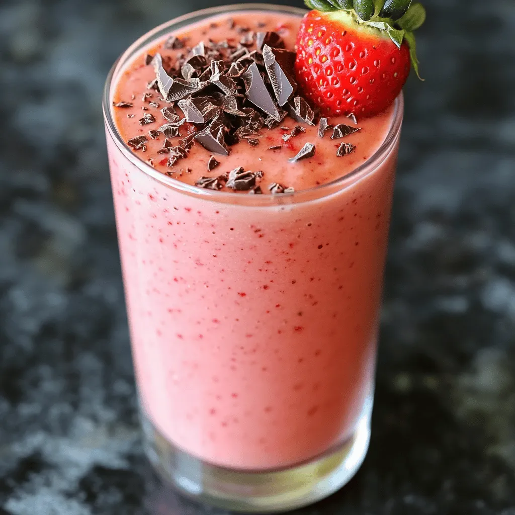 Für einen köstlichen Schokoladenüberzogenen Erdbeersmoothie brauchst du: - 1 Tasse frische oder gefrorene Erdbeeren - 1 Banane, gefroren - 1 Tasse Mandelmilch (oder Milch nach Wahl) - 2 Esslöffel Kakaopulver - 1 Esslöffel Honig oder Ahornsirup (nach Geschmack anpassen) - 1 Esslöffel griechischer Joghurt (optional für extra Cremigkeit) - 1 Teelöffel Vanilleextrakt Diese Zutaten sorgen für einen leckeren und cremigen Smoothie. Die Erdbeeren geben Frische und die Banane macht ihn süß und dick. Mandelmilch ist leicht und gesund. Du kannst einige Zutaten nach deinem Geschmack ändern: - Verwende Kokosmilch statt Mandelmilch für einen tropischen Geschmack. - Nutze gefrorene Himbeeren oder Blaubeeren anstelle von Erdbeeren. - Ersetze den Honig durch Agavendicksaft für eine vegane Option. - Füge einen Esslöffel Chia-Samen hinzu für mehr Ballaststoffe und Nährstoffe. Diese Alternativen helfen dir, neue Geschmäcker zu entdecken. Du kannst kreativ sein und deinen Smoothie nach deinen Wünschen anpassen. Um deinen Smoothie noch schöner zu machen, kannst du folgende Garnierungen verwenden: - Schokoladenspäne - Kakaonibs - Frische Erdbeeren oder andere Beeren - Ein Minzblatt für einen frischen Look Diese Garnierungen machen deinen Smoothie nicht nur hübsch, sondern geben auch zusätzliches Aroma. Du kannst mit verschiedenen Toppings experimentieren, um deinen perfekten Schokoladenüberzogenen Erdbeersmoothie zu kreieren. Für das vollständige Rezept, schau dir das Full Recipe an! Um den Schokoladenüberzogenen Erdbeersmoothie zu machen, brauchen Sie frische oder gefrorene Erdbeeren. Sie können auch eine gefrorene Banane verwenden. Diese gibt dem Smoothie eine schöne Süße und Cremigkeit. Messen Sie eine Tasse Mandelmilch oder Ihre Lieblingsmilch ab. Dann fügen Sie zwei Esslöffel Kakaopulver hinzu. Das verleiht dem Smoothie seinen schokoladigen Geschmack. Wenn Sie es süßer mögen, nehmen Sie einen Esslöffel Honig oder Ahornsirup. Optional können Sie griechischen Joghurt für extra Cremigkeit verwenden. Vanilleextrakt rundet den Geschmack ab. Geben Sie alle Zutaten in den Mixer. Mixen Sie alles gut durch, bis die Mischung glatt ist. Achten Sie darauf, die Seiten des Mixers hin und wieder abzuschaben. Wenn Sie den Smoothie probieren, passen Sie die Süße nach Ihrem Geschmack an. Mögen Sie es süßer? Fügen Sie mehr Honig oder Sirup hinzu und mixen Sie erneut. Der Smoothie sollte cremig und lecker sein. Gießen Sie den Smoothie in ein großes Glas oder in zwei kleinere Gläser. Für die Dekoration können Sie Schokoladenspäne oder Kakaonibs verwenden. Diese geben dem Smoothie einen schönen Crunch. Sie können auch eine frische Erdbeere am Glasrand anbringen. Es sieht toll aus und macht das Trinken einfacher. Vergessen Sie nicht, einen Strohhalm hinzuzufügen. So genießen Sie den Schokoladenüberzogenen Erdbeersmoothie in vollen Zügen. Um die beste Konsistenz für deinen Schokoladenüberzogenen Erdbeersmoothie zu erreichen, achte auf die Menge der Flüssigkeit. Die Mandelmilch kann je nach Wunsch angepasst werden. Zu viel Milch macht den Smoothie dünn. Zu wenig führt zu einer dicken Paste. Eine gefrorene Banane hilft, die Mischung cremig zu machen. Das sorgt für eine tolle, glatte Textur. Die Süße ist wichtig für den Geschmack. Du kannst Honig oder Ahornsirup verwenden. Fange mit einem Esslöffel an und probiere dann. Wenn du mehr Süße magst, füge einfach mehr hinzu. Achte darauf, dass du nicht zu viel hinzufügst, um den Erdbeergeschmack nicht zu überdecken. Du kannst auch andere Süßstoffe ausprobieren, die du magst. Du kannst viele gesunde Zutaten hinzufügen. Griechischer Joghurt macht den Smoothie cremiger und gibt Protein. Chiasamen oder Leinsamen sind tolle Optionen für zusätzliche Nährstoffe. Sie fügen Ballaststoffe hinzu und machen den Smoothie sättigender. Auch ein Esslöffel Erdnussbutter oder Mandelbutter passt gut. Das bringt einen leckeren, nussigen Geschmack. Für das vollständige Rezept, siehe [Full Recipe]. {{image_4}} Um den Schokoladenüberzogenen Erdbeersmoothie vegan zu machen, ersetzen Sie die Milch. Nutzen Sie pflanzliche Milch wie Mandel-, Hafer- oder Kokosmilch. Für die Süße verwenden Sie Agavendicksaft oder Datteln statt Honig. Der Joghurt kann durch Kokosjoghurt oder einen anderen pflanzlichen Joghurt ersetzt werden. So bleibt der Geschmack voll und die Cremigkeit erhalten. Wenn Sie weniger Zucker möchten, nutzen Sie frische Erdbeeren. Diese sind süß, aber nicht zu süß. Reduzieren Sie den Honig oder Sirup auf einen Teelöffel oder lassen Sie ihn ganz weg. Sie können auch Süßstoffe wie Stevia verwenden. Diese helfen, den Zuckergehalt zu senken und trotzdem den guten Geschmack zu bewahren. Für mehr Protein fügen Sie Proteinpulver hinzu. Wählen Sie ein neutrales oder schokoladiges Pulver. Das steigert den Nährwert des Smoothies. Sie können auch Nüsse oder Samen wie Chiasamen oder Leinsamen einrühren. Diese sind reich an Protein und Ballaststoffen. So wird der Smoothie sättigender und gesünder. Wenn Sie die verschiedenen Variationen ausprobieren, finden Sie sicher die perfekte Mischung für Ihren Geschmack. Diese Anpassungen machen den Schokoladenüberzogenen Erdbeersmoothie noch vielseitiger! Um alle Details zu erfahren, schauen Sie sich das Full Recipe an. Der Schokoladenüberzogene Erdbeersmoothie schmeckt am besten frisch. Wenn du Reste hast, lagere sie in einem luftdichten Behälter. Stelle sicher, dass der Behälter gut verschlossen ist, um den Geschmack zu bewahren. Lagere den Smoothie im Kühlschrank. So bleibt er kühl und frisch. Trinke ihn innerhalb von zwei Tagen für die beste Qualität. Der Smoothie hält sich im Kühlschrank etwa 1 bis 2 Tage. Wenn du ihn länger aufbewahren willst, beachte diese Tipps: Rühre den Smoothie vor dem Trinken gut durch. Manchmal setzen sich die Zutaten ab. Wenn du ihn süßer magst, füge noch etwas Honig oder Sirup hinzu. Das hilft, den Geschmack zu verbessern. Du kannst den Smoothie auch einfrieren! Fülle ihn in Eiswürfelformen oder in einen luftdichten Behälter. Achte darauf, etwas Platz zu lassen, da sich der Smoothie beim Gefrieren ausdehnt. Um ihn später zu genießen, lasse den Smoothie über Nacht im Kühlschrank auftauen. Für einen schnellen Snack, mixe die gefrorenen Würfel einfach wieder im Mixer. So hast du immer eine leckere Erfrischung bereit! Ein Schokoladenüberzogener Erdbeersmoothie hat etwa 200 bis 250 Kalorien pro Portion. Das hängt von den Zutaten ab. Zum Beispiel, wenn Sie mehr Honig oder Joghurt hinzufügen, kann die Kalorienzahl steigen. Die Hauptkalorienquellen sind die Banane, die Erdbeeren und das Kakaopulver. Es ist wichtig, die Portionen zu beachten, um die Kalorien im Blick zu behalten. Ja, Sie können das Kakaopulver weglassen. Der Smoothie schmeckt auch ohne Schokolade gut. Wenn Sie den Schokoladengeschmack vermissen, versuchen Sie, einen Schokoladenproteinpulver hinzuzufügen. Das gibt Ihnen einen ähnlichen Geschmack. Sie könnten auch mehr Früchte oder Honig verwenden, um den Geschmack anzupassen. Es gibt viele Möglichkeiten, den Smoothie gesünder zu gestalten: - Fügen Sie Spinat oder Grünkohl für zusätzliche Vitamine hinzu. - Verwenden Sie ungesüßte Mandelmilch oder Kokosmilch. - Ersetzen Sie den Honig durch eine reife Dattel für weniger Zucker. - Fügen Sie Chiasamen oder Leinsamen für Ballaststoffe hinzu. Diese Optionen helfen, den Nährwert zu steigern, ohne den Geschmack zu verlieren. Für das vollständige Rezept schauen Sie sich die Anweisungen oben an. In diesem Blog-Beitrag haben wir die besten Zutaten für deinen Smoothie erkundet. Du hast gelernt, wie du die Zutaten vorbereitest, mixen und dekorieren kannst. Tipps für die perfekte Konsistenz und gesunde Zusatzstoffe helfen dir, deine Kreation zu verbessern. Auch Variationen wie vegane und proteinreiche Optionen sind wichtig. Am Ende weißt du, wie man Smoothies richtig lagert und aufbewahrt. Experimentiere mit diesen Ideen und genieße gesunde Drinks. Dein Smoothie wird dadurch besser und leckerer!