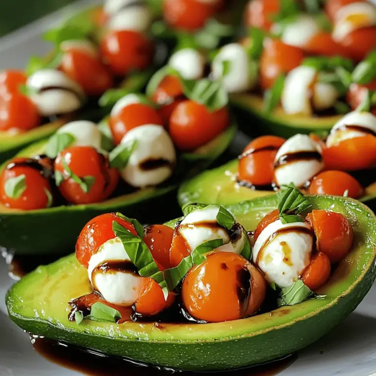 Für dieses einfache und frische Gericht benötigen Sie: - 2 reife Avocados - 1 Tasse Kirschtomaten, halbiert - 1 Tasse frische Mozzarellabällchen, halbiert (oder gewürfelte Mozzarella) - 1/4 Tasse frische Basilikumblätter, gehackt - 2 Esslöffel Balsamico-Glasur - 1 Esslöffel natives Olivenöl extra - Salz und Pfeffer nach Geschmack Achten Sie darauf, dass die Avocados reif sind. Sie sollten leicht weich sein, wenn Sie sie drücken. Die Kirschtomaten sollten frisch und saftig aussehen. Verwenden Sie bestenfalls Mozzarella aus frischer Milch. Das sorgt für einen tollen Geschmack. Frisches Basilikum gibt dem Gericht einen tollen Duft und Geschmack. Wenn Sie keine frischen Kirschtomaten finden, können Sie auch getrocknete Tomaten verwenden. Sie geben einen intensiven Geschmack. Anstelle von Mozzarella können Sie auch Feta-Käse nutzen. Das gibt einen anderen, aber leckeren Geschmack. Wenn Sie kein frisches Basilikum haben, probieren Sie getrocknete Kräuter. Sie sind eine gute Option, wenn frische Kräuter nicht verfügbar sind. Beginnen wir mit den Avocados. Halbiere die beiden reifen Avocados. Entferne die Kerne vorsichtig. Jetzt nimm einen Löffel und schöpfe etwas Fruchtfleisch aus jeder Hälfte heraus. Das gibt dir mehr Platz für die Füllung. Bewahre das ausgekratzte Avocadofleisch auf, es wird später nützlich sein. In einer Schüssel vermischst du die halbierten Kirschtomaten, die Mozzarellabällchen und die gehackten Basilikumblätter. Füge das Olivenöl und das aufbewahrte Avocadofleisch hinzu. Jetzt ist es Zeit, mit Salz und Pfeffer zu würzen. Mische alles vorsichtig, damit die Mozzarella nicht zerdrückt wird. Fülle die Hälften der Avocados mit der Tomaten- und Mozzarellamischung. Drücke die Füllung fest ein, damit nichts überläuft. Kurz bevor du servierst, beträufle die gefüllten Avocados mit Balsamico-Glasur. So erhältst du einen zusätzlichen, leckeren Geschmack. Serviere sie sofort und garniere sie nach Wunsch mit weiteren Basilikumblättern. Diese Schritte machen deine Caprese gefüllte Avocado zu einem frischen und einfachen Genuss. Du kannst das gesamte Rezept im [Full Recipe] finden. Um die besten Avocados zu finden, achte auf die Farbe. Sie sollten dunkelgrün oder fast schwarz sein. Drücke leicht auf die Frucht. Sie sollte sich sanft anfühlen, aber nicht matschig sein. Wenn die Avocado zu fest ist, ist sie noch nicht reif. Wenn sie zu weich ist, ist sie vielleicht überreif. Du kannst auch die Avocado am Stiel leicht abziehen. Ein grüner Stiel zeigt, dass die Frucht frisch ist. Caprese gefüllte Avocado passt gut zu verschiedenen Beilagen. Ein frischer gemischter Salat ergänzt die Aromen. Du kannst auch knuspriges Brot oder Baguette dazu servieren. Für einen herzhaften Geschmack eignen sich gegrillte Garnelen oder Hähnchenbrust. Diese Optionen machen dein Gericht zu einer vollwertigen Mahlzeit. Präsentation ist wichtig. Lege die gefüllten Avocados auf einen schönen Teller. Du kannst sie mit frischen Basilikumblättern garnieren. Ein Spritzer Balsamico-Glasur auf dem Teller sorgt für einen tollen Kontrast. Für mehr Farbe streue einige Kirschtomaten daneben. So sieht dein Gericht nicht nur lecker aus, es schmeckt auch fantastisch. Probiere es mit dem Full Recipe und genieße! {{image_4}} Du kannst die Caprese gefüllte Avocado vegan machen. Ersetze die Mozzarella-Käse mit veganem Käse. Viele Marken bieten leckere Alternativen an. Du kannst auch Cashew-Käse verwenden. Dieser gibt einen tollen Geschmack und eine ähnliche Textur. Fühle dich frei, mit verschiedenen Käsesorten zu spielen. Ziegenkäse passt gut zu den Tomaten. Er bringt eine cremige Note. Feta-Käse sorgt für einen salzigen Kick. Probiere auch blanchierten Ricotta. Dieser verleiht dem Gericht eine frische, leichte Konsistenz. Du kannst weitere Zutaten hinzufügen, um mehr Geschmack zu erzielen. Avocado und Tomaten sind schon lecker. Aber ein Spritzer Zitrone kann die Aromen verstärken. Auch gehackte Oliven geben einen salzigen Biss. Für einen würzigen Kick füge etwas Chili oder Pfeffer hinzu. Du kannst auch geröstete Pinienkerne für einen nussigen Crunch verwenden. Entdecke all diese Variationen und finde deinen eigenen Favoriten. Probiere die Full Recipe für die Basisversion aus. Um die gefüllte Avocado frisch zu halten, lege sie in einen luftdichten Behälter. Achte darauf, die Avocadohälften nicht übereinander zu stapeln. Das bewahrt die schöne Form. Wenn du die gefüllte Avocado nicht sofort isst, bewahre sie im Kühlschrank auf. Avocados neigen dazu, schnell braun zu werden. Um dies zu verhindern, träufle etwas Zitronensaft über die geschnittenen Flächen. Der Saft hilft, die Farbe zu bewahren. Du kannst auch die gefüllte Avocado mit Frischhaltefolie abdecken. Diese Folie sollte direkt auf die Füllung gelegt werden, um die Luft fernzuhalten. Die gefüllte Avocado bleibt im Kühlschrank etwa 1 bis 2 Tage frisch. Danach kann der Geschmack und die Textur leiden. Achte darauf, die Füllung nicht zu lange stehen zu lassen. Wenn du einen Teil übrig hast, genieße ihn bald. Diese leckeren Avocados sind am besten frisch. Du kannst das Rezept auch im Voraus zubereiten, aber fülle die Avocados erst kurz vor dem Servieren. Für das vollständige Rezept, schau dir bitte die [Full Recipe] an. Gefüllte Avocados sind am besten frisch. Du kannst sie etwa 1-2 Tage im Kühlschrank aufbewahren. Achte darauf, sie in einem luftdichten Behälter zu lagern. Die Füllung kann jedoch schnell oxidieren. Das bedeutet, dass sie braun werden kann. Um das zu vermeiden, träufle etwas Zitronensaft auf die Füllung. So bleibt sie länger frisch. Ja, das kannst du! Du kannst die Füllung bis zu einen Tag im Voraus zubereiten. Bewahre sie in einem luftdichten Behälter im Kühlschrank auf. Achte darauf, dass du die Avocados erst kurz vor dem Servieren füllst. So bleiben sie frisch und schön. Wenn du die Füllung machst, vermische alles gut. Lass das Avocadofleisch nicht zu lange draußen. Ja, sie sind sehr gesund! Avocados sind voll mit gesunden Fetten. Diese Fette sind gut für dein Herz. Kirschtomaten bieten viele Vitamine und Antioxidantien. Mozzarella hat viel Eiweiß und wenig Fett. Das Gericht ist auch leicht und frisch. Du kannst es als Snack oder als Teil einer Mahlzeit genießen. Verwende frische Zutaten für den besten Geschmack und die besten Nährstoffe. Wenn du mehr über die Zubereitung erfahren möchtest, schau dir das Full Recipe an. In diesem Blogbeitrag haben wir die besten Tipps für gefüllte Avocados besprochen. Wir haben die Zutaten, die Zubereitung und praktische Tipps durchgenommen. Zudem gab es Variationen und Aufbewahrungshinweise. Gefüllte Avocados sind einfach, lecker und vielseitig. Sie passen gut zu vielen Gerichten. Jetzt bist du bereit, sie selbst auszuprobieren. Mit diesen Informationen kannst du beeindruckende Speisen kreieren. Viel Spaß beim Kochen und Genießen!